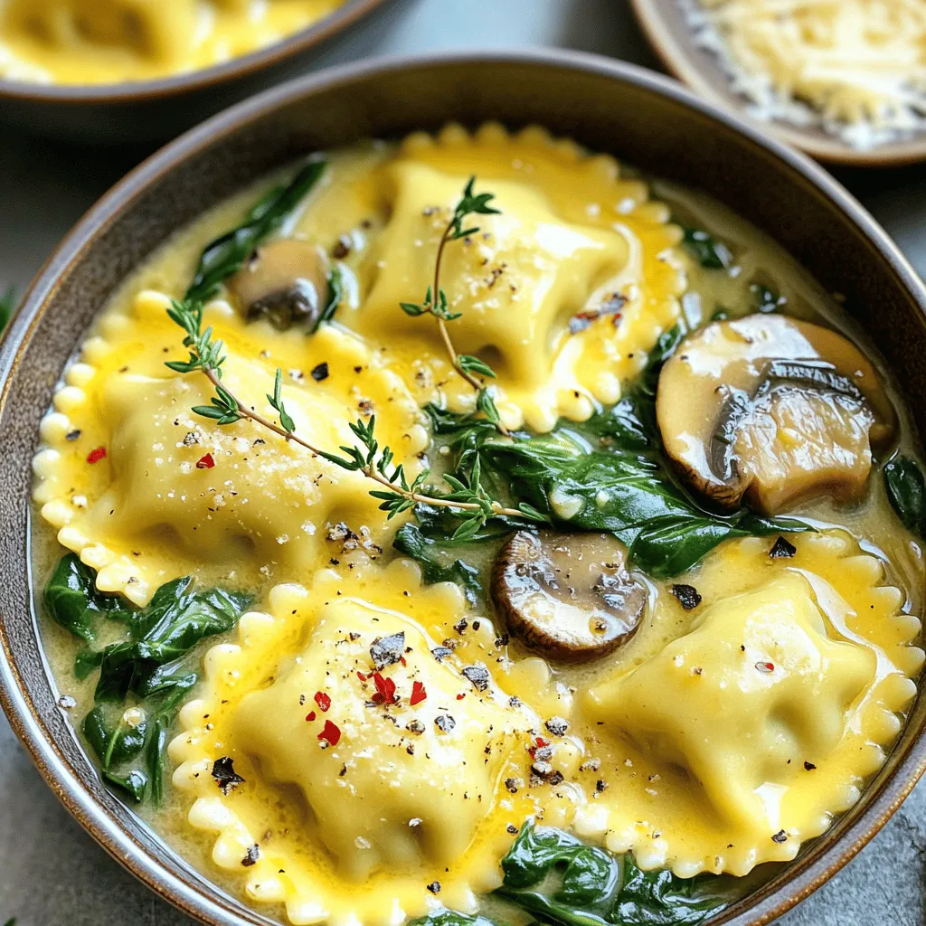 - 1 Packung (250 g) frische Pilz-Ravioli - 4 Esslöffel ungesalzene Butter - 4 Knoblauchzehen, fein gehackt - 1 Tasse Babyspinat Die Basis dieses Gerichts sind frische Pilz-Ravioli. Sie sind weich und haben einen tollen Geschmack. Die ungesalzene Butter gibt dem Gericht eine reiche, cremige Textur. Knoblauch bringt einen intensiven Geschmack und einen tollen Duft. Babyspinat fügt Farbe und Nährstoffe hinzu. - 1 Teelöffel frische Thymianblätter - Salz und Pfeffer nach Geschmack - Frisch geriebener Parmesan zum Servieren - Zerstoßene rote Paprikaflocken (optional) Thymianblätter sind frisch und aromatisch. Sie passen perfekt zu den Pilzen. Salz und Pfeffer geben den letzten Schliff. Parmesan sorgt für einen herzhaften Geschmack. Wenn du es scharf magst, füge zerstoßene rote Paprikaflocken hinzu. Das macht das Gericht lebendiger. - Bringen Sie einen großen Topf mit gesalzenem Wasser zum Kochen. - Fügen Sie die frischen Pilz-Ravioli hinzu und kochen Sie sie. Halten Sie sich an die Anweisungen auf der Verpackung. In der Regel dauert das Kochen etwa 3-5 Minuten. Die Ravioli sind fertig, wenn sie an die Oberfläche schwimmen und weich sind. - Während die Ravioli kochen, nehmen Sie eine große Pfanne. Schmelzen Sie die ungesalzene Butter bei mittlerer Hitze. - Geben Sie den fein gehackten Knoblauch in die Pfanne. Braten Sie ihn 1-2 Minuten lang an. Rühren Sie oft um, damit der Knoblauch duftet und leicht goldbraun wird. Achten Sie darauf, dass er nicht verbrennt. - Fügen Sie den Babyspinat und die frischen Thymianblätter in die Pfanne. Kochen Sie alles für 1-2 Minuten, bis der Spinat zusammengefallen ist. - Gießen Sie die Ravioli ab und geben Sie sie direkt in die Pfanne mit der Knoblauchbuttersauce. Vermengen Sie die Ravioli vorsichtig mit der Sauce. Achten Sie darauf, dass sie gleichmäßig bedeckt sind. Schmecken Sie das Gericht mit Salz und Pfeffer ab. - Wenn Sie möchten, streuen Sie einige zerstoßene rote Paprikaflocken für zusätzlichen Schwung darüber. Servieren Sie die Ravioli heiß und garnieren Sie sie mit frisch geriebenem Parmesan. Anzeichen für perfektes Kochen: Die Ravioli sind perfekt, wenn sie an die Oberfläche schwimmen. Sie sollten weich, aber nicht zerfallen sein. Es dauert in der Regel 3-5 Minuten. Wie man Überkochen vermeidet: Achten Sie darauf, das Wasser nicht zu stark sprudeln zu lassen. Rühren Sie die Ravioli vorsichtig um, damit sie nicht zusammenkleben. Richtiges Anbraten von Knoblauch: Erhitzen Sie die Butter bei mittlerer Hitze. Fügen Sie den gehackten Knoblauch hinzu. Rühren Sie ständig, damit er gleichmäßig bräunt. Vermeidung des Verbrennens: Knoblauch wird schnell bitter, wenn er verbrennt. Kochen Sie ihn nur 1-2 Minuten, bis er goldbraun ist. Präsentation der Ravioli: Legen Sie die Ravioli in flache Schalen. Träufeln Sie die Knoblauchbuttersauce darüber. Garnieren Sie mit einem Thymiansprig und frisch geriebenem Parmesan. Ideen für Beilagen: Servieren Sie einen frischen Salat oder geröstetes Gemüse. Diese Beilagen ergänzen die Ravioli perfekt und bringen Farbe auf den Teller. {{image_4}} Du kannst viele tolle Zutaten hinzufügen. Andere Gemüsearten passen gut zu den Ravioli. Probiere Zucchini oder Erbsen. Sie bringen frische Farben und Geschmäcker. Du kannst auch verschiedene Käsesorten verwenden. Mozzarella oder Ricotta geben eine cremige Textur. Parmesan ist klassisch, aber Vielfalt macht es spannend! Wenn du vegan kochen möchtest, gibt es einfache Wege. Nutze pflanzliche Butter anstelle von normaler Butter. Sie schmilzt gut und schmeckt lecker. Für das Topping kannst du Käsealternativen wählen. Es gibt viele Marken, die tollen veganen Käse anbieten. Diese Optionen machen dein Gericht genauso köstlich und freundlich zur Umwelt. Gewürze können viel verändern. Kräuter wie Basilikum oder Oregano sind großartige Ergänzungen. Sie bringen frische Aromen und Duft. Wenn du es schärfer magst, füge unterschiedliche Chili-Variationen hinzu. Frische Chilis oder Chiliflocken machen das Gericht lebendig. So kannst du die Ravioli immer wieder neu erleben. Bewahren Sie übrig gebliebene Ravioli in einem luftdichten Behälter im Kühlschrank auf. So bleiben sie frisch. Sie sollten die Ravioli innerhalb von 2-3 Tagen essen. Achten Sie darauf, die Ravioli nicht zu lange stehen zu lassen. Das kann den Geschmack und die Textur beeinträchtigen. Wenn Sie die Ravioli länger aufbewahren möchten, frieren Sie sie ein. Legen Sie die gekochten Ravioli auf ein Backblech. Achten Sie darauf, dass sie nicht übereinander liegen. Frieren Sie sie etwa 1-2 Stunden ein, bis sie fest sind. Dann können Sie sie in einen Gefrierbeutel umfüllen. So bleiben sie bis zu 3 Monate frisch. Um die Ravioli aufzuwärmen, benutzen Sie eine Pfanne oder die Mikrowelle. In der Pfanne können Sie die Ravioli mit etwas Butter oder Öl erhitzen. Bei mittlerer Hitze 5-7 Minuten lang rühren. In der Mikrowelle stellen Sie die Ravioli in eine Schüssel und decken sie ab. Erhitzen Sie sie für 1-2 Minuten. Überprüfen Sie, ob sie gleichmäßig warm sind, und genießen Sie! Die typische Kochzeit für Ravioli beträgt etwa 3 bis 5 Minuten. Wenn du die Ravioli ins kochende Wasser gibst, achte darauf, dass sie an die Oberfläche schwimmen. Das zeigt, dass sie fertig sind. Ich empfehle, die Packungsanweisung zu beachten. So stellst du sicher, dass sie zart und lecker sind. Ja, gefrorene Ravioli sind eine tolle Option! Du musst sie nicht auftauen. Koche sie einfach direkt aus dem Gefrierfach. Die Kochzeit kann etwas länger sein, oft 5 bis 7 Minuten. Achte darauf, dass sie gut durchgekocht sind. So schmecken sie immer noch frisch. Wenn du keine frischen Ravioli hast, kannst du andere Pastasorten verwenden. Zum Beispiel funktionieren Tortellini oder sogar Spaghetti gut. Achte darauf, die Kochzeit für die jeweilige Pasta anzupassen. So hast du immer eine köstliche Mahlzeit zur Hand. Die Zubereitung frischer Pilz-Ravioli mit Knoblauchbuttersauce ist einfach und köstlich. Wir haben die Zutaten besprochen, wie die Ravioli gekocht werden und wie die Sauce entsteht. Tipps helfen dir, perfekte Ravioli zuzubereiten und zu servieren. Variationen bieten dir Möglichkeiten, das Gericht anzupassen und kreativ zu sein. Achte auf die Lagerung, damit du Reste genießen kannst. Experimentiere mit den Vorschlägen und mach dieses Gericht zu deinem eigenen. Ravioli sind ein Genuss für jeden Tag.