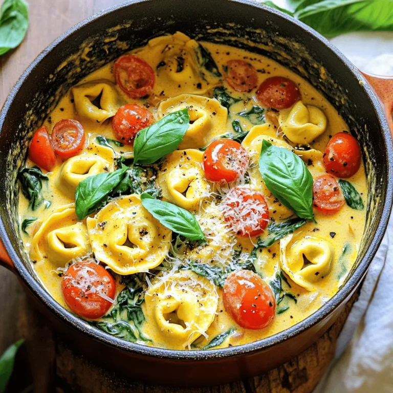 - 1 Esslöffel Olivenöl - 2 Tassen Gemüsebrühe - 1 Tasse Schlagsahne - 450 g frische Käse-Tortellini Die Hauptzutaten machen das Gericht reichhaltig und cremig. Das Olivenöl gibt Geschmack und hilft beim Anbraten. Gemüsebrühe und Schlagsahne sorgen für eine leckere Sauce. Die frischen Käse-Tortellini sind das Herzstück dieses Rezepts. - 1 mittlere Zwiebel, gewürfelt - 3 Knoblauchzehen, fein gehackt - 1 Tasse Kirschtomaten, halbiert - 2 Tassen frischer Spinat - 1 Teelöffel italienische Gewürzmischung Die Zwiebel und der Knoblauch sorgen für Aroma. Kirschtomaten bringen Frische und Süße ins Gericht. Spinat fügt eine schöne Farbe und Nährstoffe hinzu. Die italienische Gewürzmischung rundet den Geschmack ab. - ½ Tasse geriebener Parmesan - Frische Basilikumblätter Der geriebene Parmesan macht die Sauce noch cremiger. Frische Basilikumblätter sind perfekt als Garnierung und bringen einen tollen Duft. Diese Zutaten machen das Gericht nicht nur lecker, sondern auch schön anzusehen. Zuerst schneiden Sie die Zwiebel und den Knoblauch. Würfeln Sie die Zwiebel in kleine Stücke. Hacken Sie den Knoblauch fein. Das gibt dem Gericht viel Geschmack. Nächste, halbieren Sie die Kirschtomaten. Diese fügen frische Süße hinzu. Waschen Sie dann den Spinat gründlich. So entfernen Sie Schmutz und Sand. Erhitzen Sie das Olivenöl in einem großen Topf bei mittlerer Hitze. Fügen Sie die gewürfelte Zwiebel hinzu und braten Sie sie 3-4 Minuten an. Sie sollte glasig werden. Dann geben Sie den gehackten Knoblauch dazu. Braten Sie ihn eine weitere Minute an. So wird er aromatisch, ohne zu verbrennen. Gießen Sie die Gemüsebrühe und die Schlagsahne in den Topf. Rühren Sie gut um, bis alles vermischt ist. Lassen Sie die Mischung sanft köcheln. Jetzt fügen Sie die Käse-Tortellini und die halbierten Kirschtomaten hinzu. Rühren Sie gründlich um, sodass die Tortellini gut in der Flüssigkeit schwimmen. Kochen Sie die Mischung 5-7 Minuten, bis die Tortellini zart sind. Rühren Sie gelegentlich um. Mischen Sie dann den frischen Spinat ein. Fügen Sie auch die italienische Gewürzmischung, Salz und Pfeffer hinzu. Kochen Sie das Ganze für 2 Minuten, bis der Spinat zusammengefallen ist. Nehmen Sie den Topf vom Herd und streuen Sie den geriebenen Parmesan darüber. Rühren Sie, bis der Käse geschmolzen ist und die Sauce cremig wird. Das richtige Verhältnis zwischen Brühe und Sahne ist entscheidend. Ich empfehle, zwei Tassen Gemüsebrühe und eine Tasse Sahne zu verwenden. Diese Mischung sorgt für eine cremige und geschmackvolle Sauce. Achte auch auf die Kochzeit der Tortellini. Sie brauchen etwa 5 bis 7 Minuten, um zart zu werden. Überkoche sie nicht, sonst werden sie matschig. Frische Kräuter bringen den Geschmack wirklich zur Geltung. Ich liebe es, frisches Basilikum zu verwenden. Es gibt dem Gericht einen tollen Duft. Du kannst auch die italienische Gewürzmischung nach deinem Geschmack anpassen. Wenn du es würziger magst, füge etwas mehr hinzu. Probiere auch, die Gewürze zu variieren, um dein persönliches Aroma zu finden. Die Garnierung macht viel aus. Ich empfehle, die Tortellini mit frischen Basilikumblättern zu garnieren. Ein zusätzlicher Sprinkel Parmesan sieht auch toll aus. Serviere die Tortellini heiß in tiefen Tellern. Das macht das Gericht noch einladender. Du kannst auch etwas Olivenöl darüber träufeln, um den Geschmack zu verstärken. {{image_4}} Eine tolle Möglichkeit, dein Gericht zu bereichern, ist die Zugabe von Protein. Du kannst einfach Hähnchen oder Garnelen hinzufügen. Diese Zutaten passen gut zu den Aromen der Tortellini. - Hähnchen: Brate es zunächst in Stücke an. Füge es dann mit der Brühe und Sahne hinzu. - Garnelen: Diese sind schnell gar. Gib sie in den Topf, wenn die Tortellini fast fertig sind. Wenn du es vegan magst, sind vegetarische Würstchen eine gute Option. Schneide sie in Stücke und füge sie mit den Tortellini hinzu. So bleibt das Gericht lecker und nahrhaft. Gemüse macht dein Gericht bunter und gesünder. Du kannst verschiedene Gemüsesorten integrieren. - Zucchini: In kleine Würfel schneiden und zusammen mit der Zwiebel anbraten. - Paprika: Diese kann süß oder scharf sein. Schneide sie in Streifen und füge sie hinzu. Nutze auch saisonales Gemüse. Im Frühling sind Spargel und Erbsen toll. Im Herbst kannst du Kürbis oder Pilze verwenden. So bleibt dein Gericht frisch und spannend. Wenn du eine leichtere Option möchtest, kannst du pflanzliche Sahne verwenden. - Kokosnusscreme: Diese gibt einen süßen Geschmack und ist cremig. - Sojasahne: Diese ist neutral im Geschmack und gut für viele Diäten. Die Dichte der Sauce kannst du anpassen. Wenn sie zu dick ist, füge etwas mehr Brühe hinzu. So bleibt sie schön cremig und lecker. Lagere die übrig gebliebenen Tortellini in einem luftdichten Behälter. So bleiben sie frisch. Die Haltbarkeit im Kühlschrank beträgt etwa drei bis vier Tage. Achte darauf, die Tortellini gut abzudecken, um das Austrocknen zu vermeiden. Um die Tortellini einzufrieren, lege sie in einen gefrierfesten Behälter. Du kannst sie auch in Portionen teilen. Das hilft bei der Entnahme. Die Tortellini bleiben etwa zwei bis drei Monate frisch im Gefrierfach. Zum Auftauen lege die Tortellini einfach über Nacht in den Kühlschrank. Die besten Methoden zum Aufwärmen sind die Mikrowelle oder der Herd. Wenn du den Herd nutzt, erwärme die Tortellini in einer Pfanne bei mittlerer Hitze. Füge etwas Brühe oder Sahne hinzu, um die Konsistenz zu bewahren. Das hält die Sauce cremig. Die Zubereitung der Tortellini dauert etwa 20 Minuten. Du brauchst 10 Minuten, um alles vorzubereiten. Dann koche die Tortellini für 10 Minuten. Es ist ein schnelles Gericht, perfekt für einen stressfreien Abend. Ja, du kannst die Tortellini im Voraus machen. Koche sie wie gewohnt und lasse sie abkühlen. Fülle die Tortellini in einen Behälter und stelle sie in den Kühlschrank. Du kannst sie bis zu drei Tage aufbewahren. Wenn du sie wieder aufwärmst, füge etwas Brühe oder Sahne hinzu. So bleibt die Sauce cremig. Wenn du keinen Parmesan hast, gibt es gute Alternativen. Du kannst Grana Padano oder Pecorino verwenden. Für eine vegane Option nimm Hefeflocken. Diese geben einen ähnlichen Geschmack. Du kannst auch veganen Käse probieren. Achte darauf, dass er gut schmilzt. In diesem Blogbeitrag haben wir ein leckeres Tortellini-Rezept behandelt. Wir sprachen über die Hauptzutaten wie Olivenöl, Gemüsebrühe und frische Käse-Tortellini. Dann folgten die Schritte zum Vorbereiten und Kochen. Es gibt auch Tipps, um die Aromen zu intensivieren und das Gericht schön zu präsentieren. Variationen und Aufbewahrungsinfos helfen dir, kreativ zu sein. Zögere nicht, Neues auszuprobieren und dein perfektes Gericht zu finden!