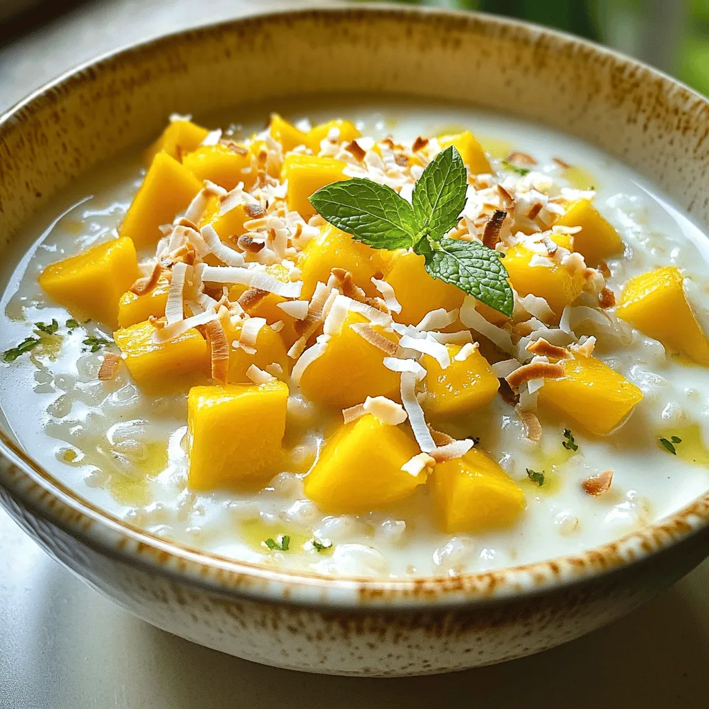 Für diesen köstlichen Mango-Kokos-Reispudding benötigst du einige einfache Zutaten. Sie sind leicht zu finden und machen das Gericht besonders lecker. Hier sind die Hauptzutaten: - 1 Tasse Arborio-Reis - 2 Tassen Kokosmilch - 1 Tasse Mandelmilch (oder eine Milch deiner Wahl) - 1/2 Tasse Zucker (nach Geschmack anpassen) - 1 Teelöffel Vanilleextrakt - 1 reife Mango, gewürfelt - 1/4 Teelöffel Salz - Geröstete Kokosraspel (zum Garnieren) - Frische Minzblätter (zur Dekoration) Diese Zutaten sorgen für eine cremige und fruchtige Mischung. Der Arborio-Reis gibt dem Pudding die perfekte Textur. Kokosmilch und Mandelmilch bringen einen tollen Geschmack. Du brauchst einige Küchenutensilien, um diesen Pudding zuzubereiten. Hier ist, was du benötigst: - Ein mittelgroßer Topf - Ein Holzlöffel oder ein Schneebesen - Messbecher und Löffel - Schalen oder Tassen zum Servieren Mit diesen Materialien kannst du den Pudding einfach zubereiten. Der Topf sollte einen dicken Boden haben, damit der Reis gleichmäßig kocht. Achte bei der Auswahl der Zutaten auf die Qualität. Verwende frische und reife Mangos für den besten Geschmack. Wähle Kokosmilch ohne Zusatzstoffe, um einen reinen Geschmack zu erhalten. Wenn du die Milch anpasst, achte darauf, dass sie gut zum Pudding passt. Du kannst auch den Zucker je nach Vorliebe anpassen. So machst du den Pudding perfekt für deinen Geschmack! Zuerst nehmen Sie eine Tasse Arborio-Reis. Geben Sie ihn in einen mittelgroßen Topf. Fügen Sie zwei Tassen Kokosmilch hinzu. Dann geben Sie eine Tasse Mandelmilch dazu. Das sorgt für einen tollen Geschmack. Mischen Sie alles gut durch. Vergessen Sie nicht, eine halbe Tasse Zucker und einen viertel Teelöffel Salz hinzuzufügen. Diese Zutaten machen den Pudding süß und würzig. Erhitzen Sie die Mischung bei mittlerer Hitze. Warten Sie, bis sie sanft zu kochen beginnt. Senken Sie dann die Hitze. Lassen Sie alles bei niedriger Hitze köcheln. Rühren Sie gelegentlich um. So verhindern Sie, dass der Reis am Topfboden kleben bleibt. Kochen Sie den Pudding für 25 bis 30 Minuten. Der Reis sollte dann schön cremig und zart sein. Wenn der Pudding zu dick ist, fügen Sie etwas mehr Milch hinzu. Nach dem Kochen rühren Sie einen Teelöffel Vanilleextrakt ein. Fügen Sie die Hälfte der gewürfelten Mango hinzu. Mischen Sie alles gut durch und stellen Sie den Topf vom Herd. Lassen Sie den Pudding einige Minuten abkühlen. Er wird beim Abkühlen etwas dicker. Jetzt ist es Zeit, den Pudding anzurichten. Nehmen Sie kleine Schalen oder Tassen. Füllen Sie jede mit dem Pudding. Garnieren Sie jede Portion mit der restlichen Mango. Streuen Sie ein wenig geröstete Kokosraspel darüber. Frische Minzblätter geben einen schönen Farbkontrast. So sieht der Pudding nicht nur lecker aus, sondern schmeckt auch frisch und fruchtig. Die Konsistenz ist der Schlüssel zu einem großartigen Mango-Kokos-Reispudding. Um ihn perfekt cremig zu machen, benutze Arborio-Reis. Dieser Reis hat mehr Stärke. Er sorgt für eine dickere Textur. Koche den Pudding bei mittlerer Hitze. Rühre oft, damit er nicht ansetzt. Wenn der Pudding zu dick ist, füge mehr Kokosmilch oder Mandelmilch hinzu. So erreichst du die gewünschte Cremigkeit. Wenn du gesunde Alternativen suchst, gibt es viele Möglichkeiten. Du kannst den Zucker reduzieren oder einen natürlichen Süßstoff verwenden. Honig oder Agavendicksaft sind gute Optionen. Für weniger Kalorien, probiere ungesüßte Mandelmilch. Du kannst auch frisches Obst wie Beeren anstelle von Mango verwenden. Das macht das Gericht bunter und gesünder. Für besondere Anlässe kannst du den Pudding kreativ anrichten. Verwende schöne Schalen oder Gläser. Schichte den Pudding mit frischen Früchten und Kokosraspeln. Das sieht toll aus und macht Spaß. Für einen festlichen Touch, füge essbare Blüten hinzu. Sie sind nicht nur hübsch, sondern auch lecker. Serviere den Pudding gut gekühlt. So ist er frisch und erfrischend. {{image_4}} Mango ist toll, aber du kannst auch andere Früchte verwenden. Probiere Ananas für einen tropischen Touch. Himbeeren bringen eine frische Note. Du kannst auch Bananen schneiden und unter den Pudding mischen. Experimentiere mit deinen Lieblingsfrüchten. Es macht Spaß, neue Geschmäcker zu entdecken! Um das Rezept vegan zu machen, verwende pflanzliche Milch. Kokosmilch und Mandelmilch passen super. Du kannst auch Hafer- oder Sojamilch verwenden. Achte darauf, dass der Zucker vegan ist. So kannst du das Gericht genießen, ohne tierische Produkte zu nutzen. Gewürze geben dem Pudding mehr Tiefe. Zimt ist eine gute Wahl für Wärme. Füge eine Prise hinzu, um den Geschmack zu verbessern. Kardamom bringt einen exotischen Flair. Eine kleine Menge reicht aus, um den Pudding aufzuwerten. Experimentiere mit Vanille oder auch mit Ingwer für mehr Frische. Um Reste von Mango-Kokos-Reispudding aufzubewahren, nutzen Sie einen luftdichten Behälter. Füllen Sie den Pudding in den Behälter und decken Sie ihn gut ab. So bleibt er frisch und lecker. Stellen Sie den Behälter in den Kühlschrank. Vermeiden Sie es, den Pudding mit einem Löffel direkt aus dem Behälter zu nehmen. Das kann Bakterien einführen. Im Kühlschrank hält sich der Pudding etwa drei bis vier Tage. Achten Sie darauf, den Pudding vor dem Verzehr gut zu prüfen. Wenn er komisch riecht oder seltsam aussieht, werfen Sie ihn weg. Ich empfehle, den Pudding in kleinen Portionen zu lagern. So können Sie ihn einfach wieder aufwärmen oder genießen. Wenn Sie mehr Pudding zubereitet haben, können Sie ihn einfrieren. Füllen Sie den Pudding in gefriergeeignete Behälter. Lassen Sie etwas Platz oben, da der Pudding beim Gefrieren expandiert. So bleibt die Textur nach dem Auftauen gut. Der Pudding hält sich im Gefrierfach bis zu zwei Monate. Zum Auftauen legen Sie ihn einfach über Nacht in den Kühlschrank. Erwärmen Sie ihn sanft in der Mikrowelle oder auf dem Herd. Ja, Sie können den Zucker weglassen oder ersetzen. Wenn Sie eine gesündere Option wählen möchten, nutzen Sie Honig oder Agavendicksaft. Diese Optionen fügen etwas Süße hinzu, ohne weißen Zucker zu verwenden. Sie können auch einige Datteln oder Bananen pürieren. Das gibt eine natürliche Süße und einen guten Geschmack. Arborio-Reis ist ideal für Pudding, weil er viel Stärke hat. Wenn Sie keinen Arborio-Reis haben, probieren Sie Rundkornreis oder Sushi-Reis. Diese Sorten sind ebenfalls stärkehaltig und sorgen für eine cremige Textur. Basmati-Reis oder Jasminreis sind weniger geeignet, da sie weniger Stärke enthalten. Die Zubereitung dauert insgesamt etwa 40 Minuten. Davon sind 10 Minuten für die Vorbereitung nötig. Das Kochen des Puddings dauert 25 bis 30 Minuten. Während dieser Zeit müssen Sie gelegentlich umrühren. Das sorgt dafür, dass der Pudding gleichmäßig kocht und nicht anbrennt. Mango-Kokos-Reispudding ist einfach und lecker. Wir haben die Zutaten besprochen und die Zubereitung erklärt. Ich habe Tipps gegeben, um die perfekte Konsistenz zu erreichen. Variationen machen das Rezept spannend. Sie können Reste einfach aufbewahren und viele Fragen klären. Jetzt ist es Zeit, selbst kreativ zu werden. Probieren Sie verschiedene Obstsorten und Anpassungen aus. Genieße jeden Löffel dieses köstlichen Puddings!