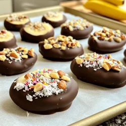 Für die schokoladenüberzogenen Bananenlutscher brauchst du: - 3 reife Bananen - 1 Tasse dunkle Schokoladenstückchen - 1 Esslöffel Kokosöl - 1/2 Tasse gehackte Nüsse (z.B. Mandeln, Walnüsse) - 1/4 Tasse ungesüßte Kokosraspel - Streusel (optional) - Lutschstäbchen Diese Zutaten machen die Lutscher lecker und knusprig. Falls du keine dunkle Schokolade magst, nimm Milchschokolade oder weiße Schokolade. Du kannst auch Erdnüsse oder Pistazien statt Nüssen verwenden. Für eine süßere Note probiere Schokoladenstückchen mit Geschmack, wie Minze oder Orange. Wenn du keine Kokosraspel hast, lass sie weg oder ersetze sie durch Haferflocken. Achte beim Kauf der Bananen auf folgende Punkte: - Wähle Bananen mit einer gleichmäßigen gelben Farbe. - Vermeide Bananen mit dunklen Flecken oder Druckstellen. - Die Bananen sollten leicht weich sein, aber nicht matschig. - Wenn sie noch grün sind, lass sie einige Tage reifen. Frische Bananen sorgen für einen besseren Geschmack und eine bessere Textur. Zuerst nimmst du die reifen Bananen. Schäle sie vorsichtig, damit sie ganz bleiben. Schneide jede Banane in der Mitte durch. So bekommst du sechs gleich große Stücke. Jetzt steckst du ein Lutschstäbchen an die flache Seite jedes Bananenstücks. Achte darauf, dass das Stäbchen gut sitzt, damit es beim Eintauchen in die Schokolade nicht herausfällt. Für die Schokolade nimm eine mikrowellengeeignete Schüssel. Gib die dunklen Schokoladenstückchen und das Kokosöl hinein. Stelle die Schüssel in die Mikrowelle. Erhitze die Mischung in 30-Sekunden-Intervallen. Rühre zwischendurch gut um. So wird die Schokolade schön glatt und gleichmäßig. Wenn sie geschmolzen ist, ist sie bereit für die Bananen. Jetzt tauchst du jedes Bananen-Lutschstäbchen in die geschmolzene Schokolade. Achte darauf, dass die Banane gleichmäßig bedeckt ist. Lass die überschüssige Schokolade abtropfen. Danach rolle die Schokolade-Banane in die gehackten Nüsse, Kokosraspel oder Streusel. Das gibt extra Textur und Geschmack. Leg die Bananen auf ein Backblech, das mit Backpapier ausgelegt ist. Stelle das Blech für mindestens zwei Stunden ins Gefrierfach. So wird die Schokolade fest. Kühl servieren und genießen! Ein häufiger Fehler ist, die Bananen nicht richtig vorzubereiten. Achte darauf, dass du die Bananen in gleichmäßige Stücke schneidest. So gelingt das Überziehen besser. Wenn die Schokolade zu heiß wird, kann sie klumpig werden. Erhitze sie in kurzen Intervallen und rühre gut um. Wenn du die Bananen nicht schnell genug überziehst, wird die Schokolade fest, bevor du die Toppings hinzufügen kannst. Die Konsistenz der Schokolade ist wichtig. Du willst eine glatte, flüssige Schokolade. Das Kokosöl hilft dabei, die Schokolade cremig zu halten. Wenn die Schokolade zu dick ist, kannst du etwas mehr Kokosöl hinzufügen. Wenn sie zu dünn ist, kannst du mehr Schokoladenstückchen schmelzen. Experimentiere, um die perfekte Textur zu finden. Serviere die Lutscher auf einem schönen Teller. Du kannst sie auch in ein Glas stellen, um sie ansprechend zu präsentieren. Garniere die Schokoladenüberzogenen Bananen mit zusätzlichen Nüssen oder Kokosraspeln. Das sieht nicht nur gut aus, sondern macht die Lutscher auch noch leckerer. Eine hübsche Servieridee ist, die Lutscher auf einer Holzplatte anzuordnen. So werden deine Gäste sicher beeindruckt sein! {{image_4}} Du kannst die Bananen-Lutschstäbchen ganz nach deinem Geschmack anpassen. Füge verschiedene Toppings hinzu, um mehr Textur und Geschmack zu bekommen. Hier sind einige Ideen: - Gehackte Nüsse wie Mandeln oder Walnüsse - Ungesüßte Kokosraspel - Bunte Streusel für einen festlichen Touch - Zimt- oder Vanillepulver für extra Aroma Diese Toppings machen die Lutschstäbchen nicht nur lecker, sondern auch schön anzusehen. Lass deiner Kreativität freien Lauf! Die Wahl der Schokolade ist wichtig. Du kannst dunkle, Milch- oder weiße Schokolade verwenden. Jede Sorte hat ihren eigenen Geschmack: - Dunkle Schokolade hat einen intensiven, reichen Geschmack. - Milchschokolade ist süßer und cremiger. - Weiße Schokolade ist süß und hat einen milden Geschmack. Probiere verschiedene Kombinationen aus, um die perfekte Schokoladenüberzug für deine Bananen zu finden! Du kannst auch andere Früchte verwenden. Hier sind einige Vorschläge: - Erdbeeren: Diese passen gut zur Schokolade und sind einfach zu essen. - Äpfel: Schneide sie in Scheiben und tauche sie in Schokolade. - Ananas: Verwandle sie in schokoladige Spieße für einen tropischen Genuss. Experimentiere mit verschiedenen Früchten und finde deinen neuen Favoriten! Um die schokoladenüberzogenen Bananenlutscher frisch zu halten, legen Sie sie in einen Behälter. Verwenden Sie einen luftdichten Behälter, um die Feuchtigkeit fernzuhalten. Trennen Sie die Lutscher, indem Sie Wachspapier oder Frischhaltefolie dazwischenlegen. Dies verhindert, dass sie aneinander kleben. Im Kühlschrank bleiben die Lutschstäbchen bis zu fünf Tage frisch. Achten Sie darauf, sie gut abzudecken. Im Gefrierfach halten sie bis zu zwei Monate. Für bestes Ergebnis, lassen Sie die Lutscher vor dem Servieren im Kühlschrank auftauen. So bleibt die Schokolade knackig und die Banane bleibt lecker. Wenn Sie Schokolade übrig haben, lassen Sie sie abkühlen und fest werden. Sie können die Schokolade später erneut schmelzen. Achten Sie darauf, sie langsam zu erhitzen, um Klumpen zu vermeiden. Fügen Sie bei Bedarf etwas Kokosöl hinzu, um die Konsistenz zu verbessern. So nutzen Sie die Schokolade optimal und verschwenden nichts. Schokoladenüberzogene Bananen sind bis zu einer Woche haltbar. Lagern Sie sie im Kühlschrank. Die Schokolade bleibt fest, und die Bananen bleiben frisch. Im Gefrierfach halten sie bis zu zwei Monate. Achten Sie darauf, sie in einem luftdichten Behälter zu lagern. So bleiben sie vor Gefrierbrand geschützt. Ja, Sie können die Bananen mit Milchschokolade machen. Milchschokolade macht sie süßer und cremiger. Der Prozess bleibt gleich. Schmelzen Sie die Milchschokolade einfach wie im Rezept beschrieben. Experimentieren Sie mit verschiedenen Schokoladensorten für neuen Geschmack. Ja, dieses Rezept ist perfekt für Kinder. Die Zubereitung ist einfach und macht Spaß. Kinder können beim Dippen helfen und ihre Lieblings-Toppings wählen. Achten Sie darauf, dass Sie geeignete Lutscherstiele verwenden, um Verletzungen zu vermeiden. Es ist eine gesunde und leckere Nascherei, die Kinder lieben werden. Sie kennen nun alle wichtigen Schritte, um schokoladenüberzogene Bananen herzustellen. Wir haben die besten Zutaten, Tipps zur Auswahl und die perfekte Zubereitung besprochen. Vermeiden Sie häufige Fehler und genießen Sie kreative Variationen. Achten Sie auf die Lagerung, um die Lutschstäbchen frisch zu halten. Mit diesen Tipps gelingt Ihnen das Rezept sicher. Probieren Sie es aus und beeindrucken Sie Familie und Freunde!