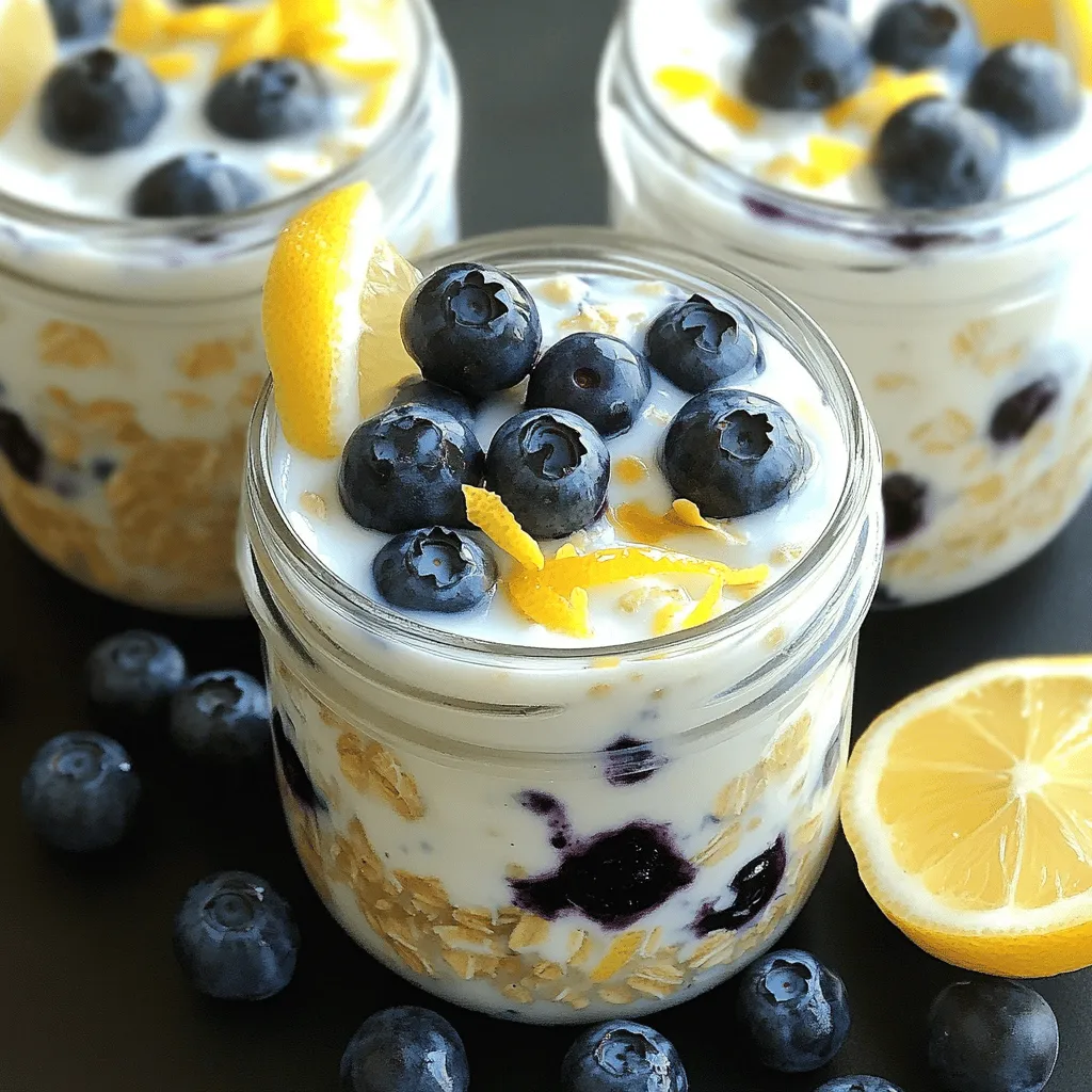 Um Lemon Blueberry Overnight Oats zu machen, brauchst du diese Zutaten: - 1 Tasse Haferflocken (rollegiert) - 1 Tasse Mandelmilch (oder eine beliebige Milch nach Wahl) - 1/2 Tasse griechischer Joghurt (natur oder vanille) - Schale von 1 Zitrone - 2 Esslöffel Honig oder Ahornsirup - 1/2 Teelöffel Vanilleextrakt - 1 Tasse frische Blaubeeren (plus zusätzlich zum Garnieren) - Eine Prise Meersalz Diese Zutaten sind einfach zu finden und machen das Frühstück lecker. Wenn du keine Mandelmilch magst, kannst du auch andere Milcharten verwenden. Soja-, Hafer- oder Kokosmilch sind gute Alternativen. Diese geben auch einen tollen Geschmack. Für den Joghurt kannst du auch pflanzliche Joghurtalternativen wählen. Frische Blaubeeren sind ideal, da sie süß und saftig sind. Gefrorene Blaubeeren sind ebenfalls eine gute Wahl. Sie sind oft günstiger und halten länger. Wenn du gefrorene Blaubeeren verwendest, achte darauf, sie etwas auftauen zu lassen. So bleiben sie in der Mischung ganz. Beginne mit einer mittelgroßen Schüssel. Gib 1 Tasse Haferflocken hinein. Füge dann 1 Tasse Mandelmilch hinzu. Rühre gut um, bis alles gemischt ist. Es sollte eine gleichmäßige Konsistenz entstehen. Jetzt kommt der Spaß! Gib 1/2 Tasse griechischen Joghurt in die Schüssel. Füge die abgeriebene Schale von 1 Zitrone hinzu. Für eine süße Note gib 2 Esslöffel Honig oder Ahornsirup dazu. Dann kommt 1/2 Teelöffel Vanilleextrakt und eine Prise Meersalz. Rühre alles gründlich um, bis es gut vermischt ist. Nun ist es Zeit für die Blaubeeren. Hebe 1 Tasse frische Blaubeeren vorsichtig unter die Mischung. Achte darauf, sie nicht zu zerdrücken. Teile die Mischung gleichmäßig auf zwei Gläser oder Behälter auf. Verschließe die Behälter und stelle sie über Nacht in den Kühlschrank. Warte mindestens 4-5 Stunden, damit die Haferflocken weich werden und die Aromen aufnehmen. Vor dem Servieren gut umrühren und bei Bedarf etwas Mandelmilch hinzufügen. Genieße deine frischen Lemon Blueberry Overnight Oats! Um die beste Konsistenz zu erreichen, verwenden Sie die richtige Menge Flüssigkeit. Die Haferflocken sollten die Mandelmilch gut aufnehmen. Wenn die Mischung zu trocken ist, fügen Sie etwas mehr Mandelmilch hinzu. Die Haferflocken sollten weich, aber nicht matschig sein. Die ideale Ziehzeit für Ihre Overnight Oats beträgt mindestens 4-5 Stunden. Über Nacht im Kühlschrank ist perfekt, um die Aromen zu intensivieren. Länger ziehen lassen, macht sie auch cremiger. Achten Sie darauf, dass Sie sie gut abdecken, damit sie frisch bleiben. Garnieren Sie Ihre Overnight Oats mit frischen Blaubeeren. Ein Spritzer Honig oder Ahornsirup bringt zusätzliche Süße. Für einen besonderen Touch können Sie auch Nüsse oder Samen hinzufügen. Eine Scheibe Zitrone macht das Ganze noch frischer und sieht toll aus. Servieren Sie Ihre Mischung in klaren Gläsern, um die schönen Schichten zu zeigen. {{image_4}} Du kannst die Süße deiner Overnight Oats einfach anpassen. Wenn du es süßer magst, füge mehr Honig oder Ahornsirup hinzu. Du kannst auch andere Süßstoffe verwenden, wie Stevia oder Kokosblütenzucker. Für mehr Geschmack probiere Aromen wie Zimt oder Muskatnuss. Diese Gewürze passen gut zu den frischen Blaubeeren und der Zitrone. Die Kombination aus Zitrone und Blaubeeren ist köstlich, aber du kannst auch andere Früchte nutzen. Probiere Erdbeeren, Himbeeren oder sogar Bananen. Diese Früchte bringen verschiedene Geschmäcker und Texturen. Du kannst auch gefrorene Früchte verwenden, wenn frische nicht verfügbar sind. Die Möglichkeiten sind endlos! Wenn du eine vegane oder glutenfreie Option suchst, ist das einfach. Verwende pflanzliche Joghurtalternativen und glutenfreie Haferflocken. Die Mandelmilch ist bereits vegan. Du kannst auch Kokos- oder Hafermilch verwenden. So bleibt dein Frühstück lecker und gesund, ohne tierische Produkte oder Gluten. Ich empfehle, die Overnight Oats in einem luftdichten Behälter zu lagern. So bleiben sie frisch. Stelle sicher, dass du den Behälter gut verschließt. Das verhindert, dass andere Gerüche in deine Haferflocken eindringen. Diese Overnight Oats halten sich bis zu fünf Tage im Kühlschrank. Achte darauf, sie vor dem Essen gut umzurühren. Manchmal kann die Mischung dicker werden. Füge etwas Mandelmilch hinzu, wenn nötig. Wenn du die Oats länger aufbewahren möchtest, friere sie ein. Nutze kleine Behälter oder Eiswürfelformen. So kannst du Portionen leicht entnehmen. Lass die Oats über Nacht im Kühlschrank auftauen, bevor du sie isst. Das hält den Geschmack frisch und lecker. Um die besten Overnight Oats zu machen, mische ich Haferflocken mit Milch. Ich verwende eine Tasse Haferflocken und eine Tasse Mandelmilch. Dann füge ich griechischen Joghurt hinzu. Das gibt den Oats eine cremige Textur. Ich mag es, die Schale einer Zitrone hinzuzufügen. Sie gibt einen frischen Geschmack. Süße mit Honig oder Ahornsirup nach Geschmack. Ich gebe eine Prise Meersalz dazu. Das verstärkt die Aromen. Schließlich hebe ich frische Blaubeeren unter die Mischung. Ich verteile alles in Gläsern und lasse es über Nacht im Kühlschrank. Overnight Oats sind eine tolle Wahl für das Frühstück. Sie sind reich an Ballaststoffen. Das hilft meiner Verdauung. Außerdem geben sie mir langanhaltende Energie. Hafer enthält viele Vitamine und Mineralien. Diese sind gut für mein Herz. Joghurt bringt Probiotika. Diese fördern eine gesunde Darmflora. Blaubeeren sind ebenfalls gesund. Sie sind reich an Antioxidantien. So unterstützen sie mein Immunsystem. Insgesamt sind Overnight Oats eine nahrhafte und gesunde Option. Ja, du kannst die Zitronen-Blaubeer-Kombination ganz leicht anpassen. Wenn du keine Zitronen magst, kannst du Limetten verwenden. Das gibt einen anderen, frischen Geschmack. Auch andere Früchte wie Erdbeeren oder Bananen passen gut. Du kannst die Süße nach deinem Geschmack ändern. Füge mehr oder weniger Honig hinzu. Experimentiere mit Nüssen oder Samen für zusätzliche Textur. So kannst du deine eigenen, leckeren Kreationen machen. In diesem Artikel haben wir die Hauptzutaten und Schritte für Lemon Blueberry Overnight Oats besprochen. Wir haben auch kreative Tipps und Variationen für mehr Geschmack gegeben. Diese Haferflocken sind einfach, gesund und anpassbar. Ob du sie vegan oder glutenfrei machst, es gibt viele Möglichkeiten. Denke daran, sie richtig zu lagern, um die Frische zu erhalten. Jetzt bist du bereit, deine perfekten Overnight Oats zu genießen!