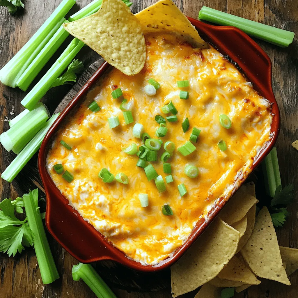 Für einen leckeren Creamy Buffalo Chicken Dip brauchst du: - 2 Tassen zerkleinertes, gekochtes Hühnchen - 1 (227 g) Packung Frischkäse, weich gemacht - 120 ml Buffalo-Sauce (nach Geschmack anpassen) - 120 ml Ranch-Dressing - 1 Tasse geriebener Cheddar-Käse - 120 g zerbröckelter Blauschimmelkäse (optional) - 60 ml Frühlingszwiebeln, gehackt - Tortillachips oder Selleriesticks zum Servieren Manche Leute lieben es, etwas mehr Geschmack hinzuzufügen. Hier sind einige optionale Zutaten: - Zerhackte Jalapeños für extra Schärfe. - Knoblauchpulver für mehr Tiefe. - Paprika für einen rauchigen Geschmack. Wenn du einige Zutaten nicht hast, gibt es gute Alternativen: - Für das Hühnchen kannst du auch Putenfleisch verwenden. - Statt Frischkäse kannst du auch griechischen Joghurt nutzen. - Verwende veganen Käse, wenn du eine pflanzliche Option willst. Diese Zutaten machen deinen Dip cremig und voller Geschmack. Experimentiere mit verschiedenen Zutaten, um deinen perfekten Dip zu finden! Um diesen leckeren Dip zuzubereiten, brauchst du zuerst einige einfache Schritte. Beginne mit dem Vorheizen des Ofens auf 175°C (350°F). Nimm dann eine große Rührschüssel. Gib den weichen Frischkäse, die Buffalo-Sauce und das Ranch-Dressing hinein. Rühre alles gut, bis die Mischung glatt ist. Jetzt kommt das Hühnchen ins Spiel. Füge das zerkleinerte Hühnchen, den geriebenen Cheddar-Käse, den Blauschimmelkäse und die Frühlingszwiebeln hinzu. Mische alles gut. Es sollte eine cremige und gleichmäßige Masse sein. Wenn du die Mischung vorbereitet hast, ist es Zeit zum Backen. Übertrage die Mischung in eine ofenfeste Backform. Achte darauf, dass sie gleichmäßig verteilt ist. Bestreue die Oberseite mit dem restlichen geriebenen Cheddar-Käse. Das gibt eine tolle Kruste. Jetzt kommt die Backzeit! Stelle die Form in den vorgeheizten Ofen. Backe den Dip für etwa 20-25 Minuten. Du weißt, dass er fertig ist, wenn er sprudelt und der Käse goldbraun ist. Die Konsistenz ist wichtig für den perfekten Dip. Sollte dein Dip zu dick sein, füge etwas mehr Ranch-Dressing hinzu. Wenn er zu dünn ist, kannst du mehr Frischkäse oder Käse einrühren. Achte darauf, dass du alles gut vermischst. So wird der Dip schön cremig und lecker. Um das Beste aus deinem Dip herauszuholen, serviere ihn warm. Platziere Tortillachips oder Selleriesticks rund um die Backform. Das sieht nicht nur toll aus, sondern macht auch Spaß beim Essen! Beim Zubereiten von Creamy Buffalo Chicken Dip gibt es einige häufige Fehler. Der erste Fehler ist, den Frischkäse nicht weich genug zu machen. Weicher Frischkäse lässt sich leichter vermengen. Ein weiterer Fehler ist, die Buffalo-Sauce zu überdosieren. Beginne mit weniger Sauce und füge mehr hinzu, wenn du es würziger magst. Mische die Zutaten nicht gründlich. Achte darauf, dass alles gut vermischt ist, damit jeder Bissen gleich schmeckt. Serviere den Dip warm. Das macht ihn besonders lecker. Du kannst Tortillachips oder frische Selleriesticks anbieten. Beides passt gut zu diesem Dip. Für einen besonderen Look streue gehackte Frühlingszwiebeln darauf. Das sieht nicht nur schön aus, sondern gibt auch extra Frische. Du kannst den Dip im Kühlschrank aufbewahren. Lege ihn in einen luftdichten Behälter. So bleibt er frisch. Wenn du Reste hast, kannst du ihn auch einfrieren. Achte darauf, ihn in einem frostfesten Behälter zu lagern. Zum Wiederaufwärmen benutze die Mikrowelle oder den Ofen. Achte darauf, ihn nicht zu lange zu erhitzen, damit er cremig bleibt. {{image_4}} Wenn du es gerne scharf magst, füge etwas mehr Buffalo-Sauce hinzu. Du kannst auch gehackte Jalapeños oder scharfe Paprika einmischen. Diese bringen einen zusätzlichen Kick in den Dip. Mangelt es dir an Buffalo-Sauce, probiere stattdessen Sriracha. Diese Sauce hat einen tollen Geschmack und oft eine ähnliche Schärfe. Für eine leichtere Variante kannst du griechischen Joghurt anstelle von Ranch-Dressing verwenden. Das macht den Dip cremig, hat aber weniger Kalorien. Auch beim Käse kannst du fettarmen Cheddar wählen, um den Fettgehalt zu senken. Statt Hühnchen kannst du auch Pute verwenden, die ebenfalls gut schmeckt. Wenn du eine vegetarische Version möchtest, ersetze das Hühnchen durch schwarze Bohnen oder Kichererbsen. Diese bringen Protein und einen tollen Geschmack. Du kannst auch gebratenes Gemüse wie Paprika und Zucchini hinzufügen. Das gibt dem Dip eine frische Note und mehr Textur. Du kannst den Dip einfach im Kühlschrank lagern. Fülle ihn in einen luftdichten Behälter. So bleibt der Dip frisch und lecker. Er hält sich bis zu vier Tage. Achte darauf, den Dip gut zu decken. So vermeidest du, dass er Gerüche aus dem Kühlschrank aufnimmt. Einfrieren ist auch eine gute Option. Du kannst den Dip in einem gefrierfesten Behälter lagern. Achte darauf, etwas Platz zu lassen, da der Dip beim Einfrieren etwas ausdehnt. Der Dip bleibt bis zu drei Monate frisch. Wenn du ihn auftauen möchtest, lege ihn einfach über Nacht in den Kühlschrank. Wenn du den Dip wieder aufwärmen möchtest, nutze einen Ofen oder eine Mikrowelle. Im Ofen, stelle ihn bei 175°C für etwa 20 Minuten auf. In der Mikrowelle, erhitze ihn in kurzen Intervallen. Rühre zwischendurch um. So wird der Dip gleichmäßig warm. Füge eventuell etwas Frischkäse hinzu, wenn er zu dick ist. Der Dip hält sich gut im Kühlschrank. Du kannst ihn dort bis zu fünf Tage aufbewahren. Achte darauf, ihn in einem luftdichten Behälter zu lagern. So bleibt er frisch und lecker. Ja, du kannst den Dip im Voraus zubereiten. Bereite die Mischung einfach vor und stelle sie in den Kühlschrank. Am besten backst du ihn erst kurz vor dem Servieren. So bleibt der Dip schön warm und cremig. Die Schärfe der Buffalo-Sauce hängt von der Marke ab. Du kannst die Menge nach deinem Geschmack anpassen. Wenn du es milder magst, nimm weniger Sauce. Probiere es aus, um die perfekte Balance zu finden! Dieser Artikel hat die Zutaten für einen leckeren Dip behandelt. Wir haben die detaillierte Zutatenliste und Optionen für Alternativen erkundet. Ich habe dir Schritt-für-Schritt-Anleitungen gegeben, um den Dip perfekt zuzubereiten. Außerdem haben wir wichtige Tipps und Tricks geteilt, um häufige Fehler zu vermeiden. Variationen wie würzige und gesunde Optionen wurden ebenfalls besprochen. Zuletzt erfuhren wir, wie man den Dip aufbewahrt und wieder aufwärmt. Experimentiere mit den Ideen und finde deinen perfekten Dip. So wird jede Mahlzeit zum Genuss!