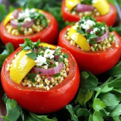 Für die Zitronen-Kräuter-Couscous gefüllte Tomaten benötigst du folgende Zutaten: - 4 große reife Tomaten - 1 Tasse Couscous - 1 ¼ Tassen Gemüsebrühe - 1 Zitrone (abgerieben und ausgepresst) - 1 Esslöffel Olivenöl - 1 kleine rote Zwiebel, fein gehackt - 2 Knoblauchzehen, gehackt - ½ Tasse frische Petersilie, gehackt - ½ Tasse frisches Basilikum, gehackt - Salz und Pfeffer nach Geschmack - ¼ Tasse Feta-Käse, zerkrümelt (optional) Falls du eine Zutat nicht hast, hier sind einige gute Alternativen: - Couscous: Verwende Quinoa oder Bulgur. - Gemüsebrühe: Nutze Hühnerbrühe oder einfach Wasser. - Zwiebel: Eine Schalotte oder Frühlingszwiebel funktioniert gut. - Feta-Käse: Ersetze ihn durch Ziegenkäse oder lasse ihn ganz weg für eine vegane Option. Wähle reife Tomaten, die fest und saftig sind. Hier sind einige Tipps: - Achte auf die Farbe: Sie sollte gleichmäßig und tiefrot sein. - Drücke leicht: Die Tomate sollte etwas nachgeben, aber nicht zu weich sein. - Geruch: Frische Tomaten duften angenehm und fruchtig. Diese einfachen Schritte helfen dir, die besten Tomaten auszuwählen. Sie machen dein Gericht noch schmackhafter! Zuerst heizen Sie den Ofen auf 190°C vor. Nehmen Sie die großen, reifen Tomaten und schneiden Sie die Oberseiten ab. Seien Sie vorsichtig, wenn Sie das Innere der Tomaten entfernen. Nutzen Sie einen Löffel, um die Schalen zu formen und das Fruchtfleisch in eine Schüssel zu geben. Lassen Sie die Schalen zur Seite, da wir sie später füllen. Jetzt kochen Sie die Gemüsebrühe in einem mittleren Topf. Wenn sie kocht, fügen Sie die Tasse Couscous hinzu. Nehmen Sie den Topf vom Herd und decken Sie ihn ab. Lassen Sie den Couscous fünf Minuten quellen. Nach der Zeit lockern Sie den Couscous mit einer Gabel auf und geben ihn in eine große Rührschüssel. Erwärmen Sie in demselben Topf das Olivenöl bei mittlerer Hitze. Braten Sie die rote Zwiebel etwa drei Minuten lang, bis sie weich ist. Fügen Sie den gehackten Knoblauch hinzu und braten Sie alles für eine weitere Minute. Geben Sie die Zwiebel und den Knoblauch zum Couscous. Fügen Sie das Tomatenfleisch, die Zitronenschale, den Zitronensaft, die Petersilie, das Basilikum, Salz und Pfeffer hinzu. Vermischen Sie alles gut. Wenn Sie möchten, geben Sie den zerkrümelten Feta-Käse dazu. Füllen Sie nun die Couscous-Mischung vorsichtig in jede Tomatenschale. Drücken Sie die Mischung leicht an. Stellen Sie die gefüllten Tomaten aufrecht in eine Auflaufform. Backen Sie sie im Ofen für 20-25 Minuten, bis die Tomaten weich sind. Lassen Sie sie etwas abkühlen, bevor Sie sie servieren. Ein häufiger Fehler ist, die Tomaten zu lange zu backen. Achte darauf, dass sie weich sind, aber nicht zerfallen. Ein weiterer Fehler ist, den Couscous nicht richtig aufzulockern. Nach dem Quellen, benutze eine Gabel, um Klumpen zu vermeiden. Wenn du die Füllung zu fest drückst, könnte sie beim Backen überlaufen. Drücke die Mischung sanft in die Tomaten. Die Gewürze sind der Schlüssel zu einem tollen Geschmack. Petersilie und Basilikum geben Frische. Du kannst auch Oregano hinzufügen, um mehr Tiefe zu schaffen. Ein Spritzer Zitronensaft hebt die Aromen hervor. Probiere auch etwas Paprika für einen leichten Kick. Achte darauf, die Gewürze gut zu mischen, damit jeder Bissen lecker ist. Für besondere Anlässe serviere die gefüllten Tomaten auf einem schönen Teller. Lege sie auf ein Bett aus frischen Blättern. Ein wenig extra Olivenöl darauf gibt Glanz. Frische Kräuter oben drauf machen sie hübsch. Für einen festlichen Touch kannst du auch geröstete Pinienkerne hinzufügen. {{image_4}} Du kannst das Rezept leicht anpassen, um es vegetarisch oder vegan zu machen. Lass einfach den Feta-Käse weg, um die Füllung vegan zu halten. Stattdessen kannst du eine zusätzliche Tasse Gemüse wie Zucchini oder Paprika hinzufügen. Diese bringen Farbe und Geschmack in dein Gericht. Du kannst auch Nüsse oder Samen wie Pinienkerne oder Sonnenblumenkerne für zusätzlichen Crunch einfügen. Die gefüllten Tomaten sind flexibel. Du kannst verschiedene Gemüsesorten verwenden. Paprika, Zucchini oder Auberginen sind großartige Alternativen. Diese Sorten geben dir neue Aromen und Texturen. Du kannst auch einige frische Spinatblätter in die Füllung mischen. Dadurch wird das Gericht noch gesünder und bunter. Achte darauf, das Gemüse klein zu hacken, damit es gleichmäßig gart. Wenn du Käse magst, kannst du verschiedene Käsesorten ausprobieren. Ziegenkäse oder Mozzarella sind tolle Alternativen zu Feta. Diese Sorten bringen einen anderen Geschmack und eine cremige Textur. Du kannst auch veganen Käse verwenden, wenn du eine pflanzliche Option suchst. Denke daran, den Käse in die Füllung zu mischen, bevor du die Tomaten befüllst. So verteilst du den Käse gut und jeder Bissen wird köstlich. Um die gefüllten Tomaten frisch zu halten, lege sie in einen luftdichten Behälter. Achte darauf, dass sie nicht übereinander liegen. So bleiben sie ganz und saftig. Du kannst sie auch mit Frischhaltefolie abdecken, wenn du keinen Behälter hast. Stelle den Behälter in den Kühlschrank. Um die gefüllten Tomaten wieder zu erwärmen, lege sie in eine Auflaufform. Decke sie mit Alufolie ab, um ein Austrocknen zu verhindern. Erhitze sie bei 180°C für etwa 15 Minuten. Überprüfe, ob sie heiß sind. Alternativ kannst du sie auch in der Mikrowelle erwärmen. Stelle die Mikrowelle auf mittlere Leistung und erwärme sie für 2-3 Minuten. Die gefüllten Tomaten halten sich im Kühlschrank etwa 3-4 Tage. Wenn du sie länger aufbewahren möchtest, friere sie ein. In einem gefrierfesten Behälter halten sie sich bis zu 3 Monate. Stelle sicher, dass sie gut verpackt sind, um Gefrierbrand zu vermeiden. Wenn du sie auftauen möchtest, lasse sie über Nacht im Kühlschrank. Gefüllte Tomaten können in einem luftdichten Behälter bis zu drei Tage im Kühlschrank aufbewahrt werden. Achte darauf, sie gut abzudecken, um Austrocknung zu vermeiden. Wenn du sie länger aufbewahren möchtest, kannst du die gefüllten Tomaten auch einfrieren. So halten sie bis zu drei Monate. Ja, du kannst Couscous im Voraus zubereiten. Bereite ihn einfach bis zu zwei Tage vorher zu. Achte darauf, ihn gut abzukühlen, bevor du ihn in den Kühlschrank stellst. Wenn du ihn wieder verwenden möchtest, erwärme ihn einfach in der Mikrowelle oder in einem Topf mit etwas Wasser. So bleibt er fluffig. Zu gefüllten Tomaten passen viele Beilagen. Du könntest einen frischen grünen Salat servieren, der den Geschmack toll ergänzt. Auch Quinoa oder ein leichtes Gemüsegericht passen gut. Wenn du es herzhaft magst, probiere knuspriges Brot oder eine einfache Pasta. Gefüllte Tomaten sind lecker und einfach zuzubereiten. Wir haben die Zutaten und deren Alternativen besprochen. Auch die Schritt-für-Schritt-Anleitung hilft dir, jedes Mal zu glänzen. Du weißt jetzt, welche häufigen Fehler du vermeiden solltest und wie du deine Kreation anpassen kannst. Zum Schluss hast du erfahren, wie du gefüllte Tomaten richtig lagerst. Probiere diese Rezepte aus und entdecke deine eigenen Variationen. Du wirst bestimmt viele Komplimente für deine gefüllten Tomaten erhalten.