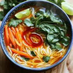 Hier sind die Zutaten, die du für die Spicy Sriracha Noodle Soup benötigst. Diese Zutaten bringen viel Geschmack und Farbe in die Suppe. - 4 Tassen Gemüsebrühe - 200 g Reisnudeln - 1 Esslöffel Sesamöl - 1 Zwiebel, dünn geschnitten - 3 Knoblauchzehen, gehackt - 2,5 cm frischer Ingwer, gerieben - 2 Karotten, julienne geschnitten - 1 rote Paprika, dünn geschnitten - 2 Tassen Baby-Spinat - 3 Esslöffel Sriracha-Sauce (nach Geschmack anpassen) - 2 Esslöffel Sojasauce - 1 Teelöffel Limettensaft - Frischer Koriander zum Garnieren - Limettenschnitze zum Servieren Jede Zutat hat ihren eigenen Geschmack und sorgt für ein tolles Aroma. Die Gemüsebrühe bildet die Basis der Suppe und gibt ihr Tiefe. Die Reisnudeln machen die Suppe sättigend und lecker. Sesamöl gibt einen nussigen Geschmack, während Zwiebel, Knoblauch und Ingwer für eine aromatische Basis sorgen. Karotten und rote Paprika bringen Farbe und Süße. Baby-Spinat sorgt für Frische und Nährstoffe. Die Sriracha-Sauce ist das Herzstück der Suppe. Sie bringt die nötige Schärfe mit. Sojasauce fügt Umami hinzu und Limettensaft bringt eine schön frische Note. Der frische Koriander und die Limettenschnitze sind perfekte Garnierungen. Mit dieser Liste kannst du nichts falsch machen. Du bist bereit, eine scharfe und leckere Suppe zuzubereiten! - Zwiebel schneiden: Nimm eine Zwiebel und schneide sie in dünne Ringe. Das gibt der Suppe einen tollen Geschmack. - Knoblauch und Ingwer vorbereiten: Hacke drei Zehen Knoblauch und reibe 2,5 cm frischen Ingwer. Diese Zutaten bringen Schärfe und Aroma. - Gemüse schneiden: Schneide zwei Karotten in feine Streifen und eine rote Paprika in dünne Stücke. Frisches Gemüse macht die Suppe bunt und gesund. - Sesamöl erhitzen: Erhitze einen Esslöffel Sesamöl in einem großen Topf bei mittlerer Hitze. Das Öl gibt der Suppe einen nussigen Geschmack. - Zwiebel anbraten: Füge die geschnittene Zwiebel hinzu und brate sie fünf Minuten lang an, bis sie durchsichtig ist. So entfalten sich die Aromen. - Gemüsebrühe einfüllen: Gieße vier Tassen Gemüsebrühe in den Topf und bringe sie zum Simmern. Die Brühe ist die Basis für die Suppe. - Reisnudeln und weiteres Gemüse hinzufügen: Füge 200 g Reisnudeln, die geschnittenen Karotten, und die rote Paprika hinzu. Koche alles nach den Anweisungen auf der Verpackung, normalerweise etwa 4-5 Minuten. - Abschmecken und servieren: Rühre zwei Tassen Baby-Spinat, drei Esslöffel Sriracha, zwei Esslöffel Sojasauce und einen Teelöffel Limettensaft ein. Lass die Suppe zwei Minuten köcheln, bis der Spinat verwelkt ist. Schmecke die Suppe ab und füge bei Bedarf mehr Sriracha hinzu. Garniere die Suppe mit frischem Koriander und Limettenschnitzen. - Achte beim Kochen der Reisnudeln auf die Zeit. Zu lang kochen macht sie matschig. - Du kannst auch andere Nudeln verwenden. Zum Beispiel, wenn du keine Reisnudeln hast, nimm Udon oder Soba. - Variiere die Menge an Sriracha in deiner Suppe. Weniger für einen milden Geschmack, mehr für die richtige Schärfe. - Füge Gewürze wie Chili-Flocken oder frischen Chili hinzu, um die Schärfe zu erhöhen. - Du kannst die Suppe mit Frühlingszwiebeln oder geröstetem Sesam garnieren. - Frische Kräuter wie Koriander oder Basilikum bringen mehr Geschmack. Limettenschnitze geben einen frischen Kick. {{image_4}} Für eine vegetarische Version der Spicy Sriracha Noodle Soup kann man Fleischersatz verwenden. Soja- oder Linsenprodukte sind großartige Alternativen. Sie sind proteinreich und geben der Suppe mehr Textur. Eine weitere Möglichkeit ist, die Fette zu reduzieren. Verwenden Sie weniger Sesamöl oder ersetzen Sie es durch Gemüsebrühe, um das Gericht leichter zu machen. Wenn Sie mehr Protein möchten, können Sie Hähnchen oder Tofu hinzufügen. Hähnchenbrust kocht schnell und passt gut zu den Aromen. Tofu ist eine tolle Option für Vegetarier. Er nimmt die Gewürze gut auf und macht die Suppe herzhaft. Auch Fisch oder Meeresfrüchte sind möglich. Garnelen oder Lachs verleihen der Suppe einen feinen Geschmack. Das Gemüse kann je nach Saison angepasst werden. Im Frühling sind Erbsen oder Spargel frisch und lecker. Im Herbst können Kürbis oder Süßkartoffeln hinzugefügt werden. Diese Gemüsesorten bringen neue Aromen. Verwenden Sie auch frische Kräuter. Koriander passt gut, aber auch Basilikum oder Petersilie sind tolle Optionen für zusätzlichen Geschmack. Wie lange hält die Suppe? Die Spicy Sriracha Noodle Soup hält sich im Kühlschrank bis zu fünf Tage. Achte darauf, die Suppe in einem luftdichten Behälter zu lagern. Wiederwärmen der Suppe Um die Suppe wieder warm zu machen, erwärme sie auf mittlerer Hitze. Rühre gut um, damit sie gleichmäßig heiß wird. Du kannst auch einen Mikrowellenherd nutzen. Stelle sicher, dass du die Suppe in einem mikrowellengeeigneten Behälter aufbewahrst. Richtige Behälter wählen Für das Einfrieren nutze am besten gefrierfeste Behälter. Achte darauf, dass sie dicht schließen, um Gefrierbrand zu vermeiden. Du kannst auch Gefrierbeutel verwenden. Lass dabei etwas Platz, damit sich die Suppe ausdehnen kann. Auftaufunktion und Wiedererwärmung Wenn du die Suppe auftauen möchtest, nutze die Auftaufunktion deiner Mikrowelle. Alternativ kannst du die Suppe über Nacht im Kühlschrank auftauen lassen. Um sie wieder heiß zu machen, verwende die gleiche Methode wie beim Wiederwärmen. Ja, Spicy Sriracha Noodle Soup ist vegan. Die Zutaten sind alle pflanzlich. Hier sind die Hauptbestandteile: - Gemüsebrühe - Reisnudeln - Sesamöl - Zwiebel - Knoblauch - Ingwer - Karotten - Rote Paprika - Baby-Spinat - Sriracha-Sauce - Sojasauce - Limettensaft - Frischer Koriander Diese Zutaten machen die Suppe nicht nur lecker, sondern auch gesund. Wenn Sie eine vegane Ernährung bevorzugen, ist diese Suppe eine großartige Wahl. Ja, Sie können die Suppe vorbereiten und aufbewahren. Hier sind einige Tipps: - Kochen Sie die Suppe bis zum Punkt, wo Sie die Nudeln hinzufügen. - Lassen Sie die Suppe abkühlen und füllen Sie sie in einen Behälter. - Bewahren Sie die Suppe im Kühlschrank auf. Sie bleibt dort etwa drei bis vier Tage frisch. - Wenn Sie die Suppe aufwärmen, fügen Sie frische Nudeln hinzu. So bleiben sie perfekt. Diese Vorbereitung spart Zeit und sorgt für ein schnelles Mittagessen oder Abendessen. Sriracha stammt ursprünglich aus Thailand. Die bekannte Sauce wurde in der Stadt Si Racha entwickelt. Ein Koch namens David Tran brachte Sriracha in die USA. Er gründete 1980 die Marke Huy Fong Foods. Heute ist Sriracha sehr beliebt und wird weltweit verwendet. Es gibt viele Alternativen zu Sriracha. Hier sind einige davon: - Sambal Oelek: Diese indonesische Sauce hat einen ähnlichen Geschmack, ist jedoch weniger süß. - Chili-Paste: Diese Paste kann eine scharfe, würzige Note hinzufügen. - Harissa: Diese nordafrikanische Paste bietet einen anderen Geschmack, aber auch Schärfe. - Hot Sauce: Es gibt viele Marken, die eine scharfe Sauce anbieten. Probieren Sie verschiedene aus, um Ihren Favoriten zu finden. Jede dieser Saucen hat ihren eigenen Charakter, also experimentieren Sie gerne! Die Zubereitung der scharfen Sriracha-Nudelsuppe ist einfach und macht Spaß. Wir haben die Zutaten, die Schritt-für-Schritt-Anleitung sowie Tipps und Variationen behandelt. Denk daran, die Schärfe nach deinem Geschmack anzupassen und frisches Gemüse zu nutzen. Du kannst die Suppe leicht anpassen oder für spätere Mahlzeiten aufbewahren. Experimentiere mit verschiedenen Garnituren und Proteinen. So machst du jedes Mal eine köstliche Suppe!