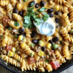 Für ein einfaches und schnelles Gericht benötigst du: - 225 g Rotini-Nudeln - 450 g Rinderhackfleisch oder Putenhackfleisch - 1 mittelgroße Zwiebel, gewürfelt - 2 Knoblauchzehen, fein gehackt - 1 Päckchen Taco-Gewürz - 1 Dose schwarze Bohnen, abgetropft und gespült - 1 Dose gewürfelte Tomaten mit grünen Chilis - 150 g Mais - 100 g geriebener Cheddar-Käse - 240 ml Milch - 2 Esslöffel Olivenöl - Salz und Pfeffer nach Geschmack - Frischer Koriander, gehackt (zum Garnieren) - Sauerrahm (optional, zum Servieren) Diese Zutaten machen dein Gericht herzhaft und lecker. Die Rotini-Nudeln sind perfekt, da sie die Sauce gut aufnehmen. Taco-Gewürz ist das Herzstück dieses Rezepts. Es bringt die Würze und den Geschmack. Du kannst eine fertige Mischung verwenden oder deine eigene machen. Nutze Kreuzkümmel, Paprika und Chili-Pulver für mehr Geschmack. Knoblauch und Zwiebeln geben eine tolle Basis. Sie sind einfach, aber wichtig. Sie bringen Tiefe und Aroma in deine Pfanne. Die gewürfelten Tomaten mit grünen Chilis fügen Frische und eine kleine Schärfe hinzu. Wenn du eine vegane oder vegetarische Option wünschst, ersetze das Hackfleisch. Du kannst schwarze Bohnen oder Linsen verwenden. Diese sind reich an Protein und sorgen für Fülle. Zudem kannst du pflanzlichen Käse verwenden. Achte darauf, dass er gut schmilzt. So bleibt der cremige Geschmack erhalten. Du kannst auch mehr Gemüse wie Paprika oder Zucchini hinzufügen, um das Gericht noch bunter zu machen. Zuerst musst du alle Zutaten bereitstellen. Du benötigst: - 225 g Rotini-Nudeln - 450 g Rinderhackfleisch oder Putenhackfleisch - 1 mittelgroße Zwiebel, gewürfelt - 2 Knoblauchzehen, fein gehackt - 1 Päckchen Taco-Gewürz - 1 Dose schwarze Bohnen - 1 Dose gewürfelte Tomaten mit grünen Chilis - 150 g Mais - 100 g geriebener Cheddar-Käse - 240 ml Milch - 2 Esslöffel Olivenöl - Salz und Pfeffer nach Geschmack - Frischer Koriander, gehackt - Sauerrahm (optional) Sorge dafür, dass alles in Reichweite ist. Das macht das Kochen einfacher und schneller. Erhitze das Olivenöl in einer großen Pfanne bei mittlerer Hitze. Füge die gewürfelte Zwiebel hinzu. Brate sie etwa 3-4 Minuten lang an, bis sie glasig ist. Dann kommt der gehackte Knoblauch dazu. Brate ihn für 1 Minute, bis er duftet. Jetzt ist es Zeit für das Hackfleisch. Gib das Rinder- oder Putenhackfleisch in die Pfanne. Würze es mit Salz, Pfeffer und dem Taco-Gewürz. Brate das Fleisch an, bis es braun ist. Zerbrich es mit einem Löffel in kleine Stücke. Dies dauert etwa 5-6 Minuten. Füge die schwarzen Bohnen, die gewürfelten Tomaten und den Mais in die Pfanne. Rühre alles gut um, bis die Zutaten gleichmäßig verteilt sind. Jetzt kommt die Milch dazu. Rühre sie ein und bringe alles zum sanften Köcheln. Gib dann die Rotini-Nudeln dazu. Stelle sicher, dass sie vollständig in der Flüssigkeit stehen. Decke die Pfanne ab und lasse alles etwa 12-15 Minuten köcheln. Rühre gelegentlich um, damit die Nudeln nicht kleben bleiben. Wenn die Nudeln al dente sind, nimm die Pfanne vom Herd. Füge den geriebenen Cheddar-Käse hinzu. Rühre um, bis er schmilzt und alles cremig wird. Probiere es und würze nach Bedarf. Garniere das Gericht mit frischem Koriander und serviere es heiß. Um die perfekte Konsistenz für dein Cheesy Taco Pasta Skillet zu erreichen, achte auf die Menge der Flüssigkeit. Verwende die angegebene Menge Milch, damit die Pasta nicht zu trocken wird. Wenn du eine cremigere Textur möchtest, füge mehr Käse hinzu. Achte darauf, die Nudeln nicht zu lange zu kochen. Sie sollten al dente sein, damit sie nicht matschig werden. Rühre regelmäßig um, damit alles gleichmäßig gart. Du kannst dein Gericht mit verschiedenen Toppings aufpeppen. Frischer Koriander ist ein Muss für den Geschmack. Auch Avocado oder Limettensaft passen gut dazu. Probiere auch Jalapeños für etwas Schärfe. Serviere das Gericht mit tortilla chips für zusätzlichen Crunch. Sauerrahm bringt einen tollen Kontrast. Du kannst auch einen Salat als Beilage anbieten, um das Gericht zu ergänzen. Hast du Reste von deinem Cheesy Taco Pasta Skillet? Das ist super! Bewahre sie in einem luftdichten Behälter im Kühlschrank auf. Du kannst die Reste am nächsten Tag aufwärmen. Füge etwas Milch hinzu, um die Konsistenz wiederherzustellen. Du kannst auch die Reste in eine Wrap oder Burrito füllen. Das bringt eine neue Note in dein Essen. {{image_4}} Du kannst die Cheesy Taco Pasta Skillet leicht aufpeppen. Füge einfach frisches Gemüse hinzu. Paprika, Zucchini oder Spinat passen gut. Sie bringen nicht nur Farbe, sondern auch mehr Nährstoffe. Verwende, was du magst. Das macht das Gericht noch gesünder und schmackhafter. Käse ist ein wichtiger Teil dieses Gerichts. Du kannst mit verschiedenen Käsesorten experimentieren. Mozzarella schmilzt gut und gibt einen milden Geschmack. Gouda fügt einen rauchigen Ton hinzu. Wer es schärfer mag, kann Pepper Jack verwenden. Stelle sicher, dass der Käse gut schmilzt, um die perfekte cremige Textur zu erreichen. Die Schärfe ist ganz dir überlassen. Wenn du es schärfer magst, füge mehr Chili oder Jalapeños hinzu. Auch scharfe Salsa funktioniert gut. Wenn du es mild magst, lasse die scharfen Zutaten einfach weg. Passe die Gewürze nach deinem Geschmack an. So wird die Cheesy Taco Pasta Skillet für jeden ein Genuss. Um die Reste der Cheesy Taco Pasta Skillet zu kühlen, lasse die Pfanne zuerst auf Zimmertemperatur abkühlen. Fülle die Reste in einen luftdichten Behälter. Du kannst die Reste bis zu drei Tage im Kühlschrank aufbewahren. Um die Pasta aufzuwärmen, erwärme sie in der Mikrowelle oder in einer Pfanne. Füge etwas Milch hinzu, um die Cremigkeit wiederherzustellen. Für eine längere Lagerung ist das Einfrieren eine gute Option. Teile die Reste in Portionen auf. Nutze gefriergeeignete Behälter oder Beutel, um Platz zu sparen. Die Cheesy Taco Pasta Skillet bleibt bis zu drei Monate im Gefrierfach frisch. Um sie aufzutauen, lasse sie über Nacht im Kühlschrank oder erwärme sie direkt in der Mikrowelle. Um zu verhindern, dass die Pasta austrocknet, füge beim Aufwärmen etwas Flüssigkeit hinzu. Milch oder Brühe funktionieren gut. Decke die Pfanne ab, während du sie erwärmst. Dies hilft, die Feuchtigkeit zu halten. Vermeide es, die Pasta zu lange zu kochen, um die perfekte Konsistenz zu bewahren. Die beste hausgemachte Taco-Gewürzmischung ist einfach. Du brauchst: - 1 Esslöffel Paprika - 1 Esslöffel Kreuzkümmel - 1 Esslöffel Knoblauchpulver - 1 Esslöffel Zwiebelpulver - 1 Teelöffel Chili-Pulver - 1 Teelöffel Oregano - 1 Teelöffel Salz - 1/2 Teelöffel Pfeffer Mische alle Zutaten in einer kleinen Schüssel. Du kannst die Mischung in einem luftdichten Behälter aufbewahren. So hast du immer frische Gewürze zur Hand. Hausgemachte Gewürzmischungen sind oft geschmackvoller. Sie sind auch frei von Zusatzstoffen. Ja, du kannst Gluten-freie Pasta verwenden. Viele Marken bieten glutenfreie Rotini an. Suche nach Sorten aus Reis oder Mais. Diese Nudeln kochen ähnlich wie normale Nudeln. Achte darauf, die Kochzeit anzupassen. Glutenfreie Pasta kann schneller gar werden. Es ist wichtig, sie beim Kochen gut zu überwachen. Cheesy Taco Pasta Skillet hält sich gut im Kühlschrank. Du kannst es bis zu 3 Tage aufbewahren. Stelle sicher, dass du es in einem luftdichten Behälter lagerst. Vor dem Servieren kannst du das Gericht aufwärmen. Benutze die Mikrowelle oder den Herd. Es bleibt lecker und einfach. Diese Anleitung hilft dir, ein köstliches Cheesy Taco Pasta Skillet zuzubereiten. Du hast die Hauptzutaten und Gewürze kennengelernt. Ich habe dir gezeigt, wie du die Schritte zur perfekten Pasta befolgst. Tipps zur Anpassung, Lagerung und häufige Fragen bieten wertvolle Infos. Probiere die Variationen aus, um dein Gericht zu entfalten. Lass deine Kreativität beim Kochen wirken. Das Gericht ist einfach zu machen und schmeckt großartig. Viel Spaß beim Nachkochen und Genießen!