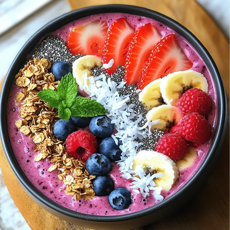 Für einen köstlichen Triple Berry Smoothie Bowl brauchst du einige frische und gefrorene Zutaten. Hier sind die Hauptzutaten: - 1 Tasse gefrorene Erdbeeren - 1 Tasse gefrorene Blaubeeren - 1 Tasse gefrorene Himbeeren - 1 Banane, in Scheiben geschnitten (frisch oder gefroren) - 1 Tasse Kokosmilch (oder Milch nach Wahl) - 1 Esslöffel Honig oder Ahornsirup (optional) Diese Zutaten sind einfach zu finden und machen deinen Smoothie nahrhaft und lecker. Erdbeeren, Blaubeeren und Himbeeren bieten viele Vitamine und Antioxidantien. Sie stärken dein Immunsystem und sind gut für die Haut. - Erdbeeren: Sie sind reich an Vitamin C und Ballaststoffen. - Blaubeeren: Diese kleinen Beeren sind gut für das Gedächtnis und haben wenig Zucker. - Himbeeren: Sie sind eine tolle Quelle für Ballaststoffe und fördern die Verdauung. Diese Beeren geben deinem Smoothie Bowl nicht nur Geschmack, sondern auch viele Nährstoffe. Toppings bringen den letzten Schliff zu deinem Smoothie Bowl. Hier sind einige leckere Optionen: - Granola - Frische Obstschnitze - Geraspelter Kokos - Chiasamen - Minzblätter Mit diesen Toppings wird dein Smoothie Bowl nicht nur schöner, sondern auch noch schmackhafter. Mixe und kombiniere, um deinen perfekten Smoothie Bowl zu kreieren! Zuerst sammeln Sie alle Zutaten. Sie brauchen gefrorene Erdbeeren, Blaubeeren, und Himbeeren. Diese Beeren geben Ihrem Smoothie Bowl Frische und Farbe. Stellen Sie sicher, dass Sie eine Banane haben, um die Mischung cremig zu machen. Kokosmilch sorgt für einen besonderen Geschmack. Sie können auch Honig oder Ahornsirup hinzufügen, wenn Sie es süßer mögen. 1. Zutaten in den Mixer geben: Legen Sie die gefrorenen Beeren, die Bananenscheiben und die Kokosmilch in den Mixer. 2. Mixen: Drehen Sie den Mixer auf hohe Geschwindigkeit. Mixen Sie alles, bis die Mischung glatt ist. Halten Sie inne, um die Seiten des Mixbehälters abzukratzen. 3. Konsistenz anpassen: Falls die Mischung zu dick ist, fügen Sie mehr Milch hinzu. Wenn sie zu dünn ist, geben Sie mehr gefrorene Beeren dazu. 4. Süßen: Probieren Sie die Mischung. Wenn Sie mehr Süße wollen, fügen Sie Honig oder Ahornsirup hinzu. Mixen Sie erneut, bis alles gut vermischt ist. 5. Servieren: Gießen Sie den Smoothie in eine Schüssel. Glätten Sie die Oberfläche mit einem Spatel. Die Konsistenz ist wichtig für den Genuss Ihres Smoothie Bowls. Wenn Sie eine dickere Mischung wollen, verwenden Sie mehr gefrorene Beeren. Für eine dünnere Mischung fügen Sie mehr Milch hinzu. Spielen Sie mit den Zutaten, um die perfekte Textur zu finden. Denken Sie daran, dass Sie die Mischung auch nach dem ersten Mixen anpassen können. So machen Sie jeden Smoothie Bowl einzigartig und lecker! Um den besten Geschmack zu erzielen, achte auf die Beeren. Gefrorene Beeren sind oft reifer und süßer. Bei der Banane kannst du frische oder gefrorene nehmen. Eine gefrorene Banane gibt deinem Smoothie eine cremigere Textur. Falls du es süßer magst, füge etwas mehr Honig oder Ahornsirup hinzu. Probiere die Mischung aus und passe die Süße an. Die Kokosmilch ist wichtig für den Geschmack. Verwende sie für einen tropischen Touch. Die Präsentation ist wichtig. Gieße den Smoothie in eine Schüssel und glätte die Oberfläche. Das sieht schön aus. Dekoriere die Schüssel mit deinen Toppings. Lege frische Obstschnitze gleichmäßig auf die Oberfläche. Streue Granola über die Mischung. Füge eine Handvoll Chiasamen hinzu. Minzblätter bringen Frische und Farbe. Verwende einen bunten Löffel für den letzten Schliff. Serviere die Schüssel sofort, damit sie frisch aussieht. Ein häufiger Fehler ist, die Mischung zu lange zu mixen. Das kann den Smoothie dünn machen. Mixe nur, bis alles glatt ist. Ein anderer Fehler ist, zu wenig Flüssigkeit zu verwenden. Wenn die Mischung zu dick ist, füge mehr Kokosmilch hinzu. Achte darauf, die Seiten des Mixbehälters abzukratzen. So vermischst du alles gut. Überprüfe den Geschmack, bevor du die Schüssel dekorierst. So schaffst du die perfekte Mischung. {{image_4}} Eine Smoothie Bowl kann für jeden angepasst werden. Für Veganer können Sie pflanzliche Milch verwenden. Kokosmilch passt gut und macht die Bowl cremig. Wenn Sie glutenfrei essen, wählen Sie glutenfreies Granola. Menschen mit einer Nussallergie sollten Nussbutter meiden. Stattdessen können Sie Samen oder Sonnenblumenbutter verwenden. Es gibt viele Wege, um gesunde Optionen zu finden. Die Beeren in dieser Bowl sind toll, aber Sie können auch saisonale Zutaten verwenden. Im Sommer sind frische Pfirsiche oder Melonen lecker. Im Herbst können Sie Äpfel oder Kürbis hinzufügen. Diese Zutaten bringen neue Geschmäcker. Sie sind auch gut für die Nährstoffe. Achten Sie darauf, immer frische, reife Früchte zu wählen, um den besten Geschmack zu erhalten. Toppings machen Ihre Smoothie Bowl spannend. Neben Granola können Sie Nüsse oder Samen hinzufügen. Mandeln oder Walnüsse geben einen tollen Crunch. Frische Kräuter wie Minze machen Ihr Gericht frisch. Für ein süßes Extra sind Honig oder Erdnussbutter perfekt. Experimentieren Sie mit verschiedenen Toppings, um neue Geschmäcker zu entdecken. Wenn du eine Smoothie-Bowl übrig hast, bewahre sie in einem luftdichten Behälter auf. Das schützt die Frische. Du kannst die Bowl auch für 1 bis 2 Tage im Kühlschrank aufbewahren. Stelle sicher, dass du sie gut abdeckst, um Oxidation zu vermeiden. So bleibt der Geschmack fast gleich. Rühre die Bowl vor dem Essen gut um, um die Konsistenz wiederherzustellen. Frohe Beeren sind perfekt für deine Smoothie-Bowls. Lagere sie in einem gefriersicheren Beutel oder Behälter. Drücke so viel Luft wie möglich heraus, um Gefrierbrand zu vermeiden. Beschrifte den Beutel mit dem Datum. So behältst du den Überblick. Gefrorene Beeren sind bis zu einem Jahr haltbar, wenn sie richtig gelagert sind. Die Haltbarkeit variiert je nach Zutat. Gefrorene Beeren halten sich lange, etwa 6 bis 12 Monate. Eine Banane ist frisch etwa 2 bis 7 Tage haltbar. Kokosmilch bleibt ungeöffnet bis zu einem Jahr haltbar. Nach dem Öffnen solltest du die Kokosmilch innerhalb von 5 bis 7 Tagen verwenden. Achte beim Kauf auf das Haltbarkeitsdatum, um die besten Zutaten zu wählen. Ein Triple Berry Smoothie Bowl hat etwa 250 bis 300 Kalorien. Die genaue Anzahl kann variieren. Sie hängt von den Toppings ab, die Sie hinzufügen. Granola und Honig erhöhen die Kalorienzahl. Wenn Sie die Schüssel leichter halten möchten, verwenden Sie weniger Toppings. Ja, Sie können frische Beeren verwenden. Die gefrorenen Beeren geben dem Smoothie eine dickere Textur. Frische Beeren machen ihn jedoch auch lecker. Verwenden Sie einfach weniger Milch, um die gewünschte Konsistenz zu erreichen. Ja, der Triple Berry Smoothie Bowl kann vegan sein. Verwenden Sie Kokosmilch oder eine andere pflanzliche Milch. Wenn Sie Honig vermeiden, nutzen Sie Ahornsirup oder lassen Sie die Süße weg. So bleibt die Schüssel rein pflanzlich und köstlich. Ein Triple Berry Smoothie Bowl ist einfach zuzubereiten und sehr gesund. Wir haben die Hauptzutaten, die besten Beeren und tolle Toppings besprochen. Auch die Schritt-für-Schritt-Anleitung hilft dir beim Mixen und Anpassen. Ich gab Tipps für den perfekten Geschmack und Lösungen für häufige Fehler. Mit Variationen für alle Diäten und Lagerhinweisen bleibt dein Genuss frisch. Du kannst die Optionen nach deinem Geschmack anpassen und so immer wieder neue Versionen ausprobieren. Probiere es aus, und genieße deinen gesunden Leckerbissen!