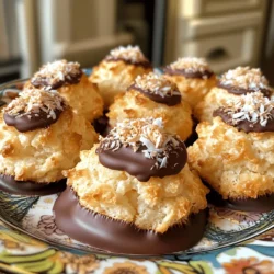 Um köstliche Schokoladendipierte Kokosmakronen zu machen, brauchen Sie folgende Hauptzutaten: - 3 Tassen gesüßte, geraspelte Kokosnuss - 1 Tasse gesüßte Kondensmilch - 1 Teelöffel Vanilleextrakt - 2 große Eiweiße - 1/4 Teelöffel Salz - 1 Tasse halbsüße Schokoladenstückchen - 1 Teelöffel Kokosöl Jede dieser Zutaten spielt eine wichtige Rolle. Die gesüßte Kokosnuss sorgt für die süße und die Textur. Die Kondensmilch bindet alles zusammen und macht die Makronen schön saftig. Vanilleextrakt bringt ein tolles Aroma. Die Eiweiße geben den Makronen die luftige Konsistenz. Für die besten Ergebnisse empfehle ich, Marken zu wählen, die für ihre Qualität bekannt sind. Bei der gesüßten Kokosnuss können Sie Marken wie "Baker's" oder "Thai Kitchen" verwenden. Sie bieten frische und schmackhafte Kokosnuss. Für gesüßte Kondensmilch sind "Eagle Brand" und "Nestlé" ausgezeichnete Optionen. Diese Marken garantieren eine gleichmäßige Süße und Cremigkeit. Um Ihre Kokosmakronen noch interessanter zu machen, können Sie zusätzliche Zutaten hinzufügen. Hier sind einige Ideen: - Nüsse wie Mandeln oder Walnüsse für einen crunchigen Biss. - Trockenfrüchte wie Cranberries oder Aprikosen für Süße und Farbe. - Verschiedene Schokoladensorten wie Zartbitter oder weiße Schokolade für andere Geschmäcker. Mit diesen Variationen können Sie die Makronen nach Ihrem eigenen Geschmack gestalten. Experimentieren Sie und finden Sie Ihre perfekte Mischung! Heize deinen Ofen auf 160°C vor. Nimm ein Backblech und lege es mit Backpapier aus. So bleiben die Makronen nicht kleben. In einer großen Schüssel mische die gesüßte Kokosnuss, die Kondensmilch, den Vanilleextrakt und das Salz. Rühre alles gut um. Die Kokosnuss sollte gleichmäßig mit der Milch bedeckt sein. Nimm eine separate Schüssel und schlage die Eiweiße. Nutze einen Mixer bei mittlerer Geschwindigkeit. Schlage sie, bis feste Spitzen entstehen. Das dauert etwa 3-4 Minuten. Füge die geschlagenen Eiweiße vorsichtig zur Kokosnuss-Mischung hinzu. Mische alles sanft, ohne die Luft aus den Eiweißen zu drücken. Nimm einen kleinen Keksausstecher oder forme mit deinen Händen kleine Häufchen. Setze diese auf das Backblech. Achte darauf, genug Platz zwischen den Häufchen zu lassen. Backe die Makronen für 25-30 Minuten. Sie sollten goldbraun sein. Lass sie danach auf dem Blech abkühlen. Während die Makronen abkühlen, schmelze die Schokoladenstückchen und das Kokosöl. Nutze dafür eine mikrowellengeeignete Schüssel. Erhitze die Mischung in 30-Sekunden-Intervallen und rühre zwischendurch um, bis sie glatt ist. Tauche die Unterseiten jeder Makrone in die geschmolzene Schokolade. Lege sie zurück auf das Backpapier. Träufle bei Bedarf die restliche Schokolade über die Oberseiten der Makronen. Kühle die Makronen im Kühlschrank für etwa 30 Minuten, bis die Schokolade fest ist. Arrangiere die Makronen auf einem dekorativen Teller. Streue etwas extra geraspelte Kokosnuss um sie herum, um einen schönen Akzent zu setzen. Um die perfekte Konsistenz zu erzielen, verwenden Sie gesüßte Kokosnuss. Diese gibt Feuchtigkeit und Süße. Mischen Sie die Kokosnuss mit der Kondensmilch gut. Sie sollten eine klebrige, aber formbare Mischung haben. Schlagen Sie die Eiweiße, bis sie steif sind. Falten Sie diese vorsichtig unter. So bleibt die Luftigkeit erhalten. Achten Sie darauf, die Mischung nicht zu überrühren. Vermeiden Sie es, die Eiweiße zu lange zu schlagen. Sie sollten steif, aber nicht trocken sein. Wenn die Mischung zu trocken ist, fügen Sie etwas mehr Kondensmilch hinzu. Lassen Sie genug Platz beim Formen der Häufchen. Sie laufen beim Backen auseinander. Backen Sie die Makronen nicht zu lange. Sie sollten goldbraun sein, aber nicht verbrannt. Lassen Sie sie vollständig abkühlen, bevor Sie sie dippen. Haben Sie überschüssige gesüßte Kokosnuss? Lagern Sie diese in einem luftdichten Behälter. So bleibt sie frisch und lecker. Kondensmilch kann im Kühlschrank bis zu einer Woche halten. Verwenden Sie sie in anderen Rezepten oder für Desserts. Schokoladenstückchen bleiben lange haltbar. Halten Sie sie in einem kühlen, dunklen Ort. So können Sie sie später für andere Leckereien verwenden. {{image_4}} Schokolade ist vielseitig. Sie können halbsüße Schokolade verwenden, die gut schmeckt. Zartbittere Schokolade bringt einen starken Geschmack. Milchschokolade macht die Makronen süßer und cremiger. Weiße Schokolade ist eine weitere leckere Option. Das Dippen in verschiedene Schokoladensorten bietet neue Geschmackserlebnisse. Experimentieren Sie! Mischen Sie sogar mehrere Sorten für einen kreativen Look. Nüsse sind eine tolle Ergänzung. Mandeln oder Haselnüsse liefern einen knackigen Biss. Walnüsse geben einen erdigen Geschmack. Trockenfrüchte wie Cranberries oder Aprikosen fügen Frische hinzu. Diese Zutaten machen die Makronen noch interessanter. Sie können auch Kokosraspeln hinzufügen, um den Kokosgeschmack zu verstärken. Stellen Sie sicher, dass die Zusatzstoffe klein geschnitten sind. So bleiben die Makronen gleichmäßig. Für Allergiker gibt es viele Optionen. Verwenden Sie pflanzliche Milch anstelle von Kondensmilch. Kokosmilch ist eine gute Wahl. Eier können durch Apfelmus ersetzt werden. Dies hilft, die Makronen zu binden. Achten Sie darauf, glutenfreie Schokolade zu wählen. So können auch Menschen mit Zöliakie genießen. Diese Alternativen machen die Makronen für jeden zugänglich. Um die Frische und den Geschmack der Schokoladendipierten Kokosmakronen zu bewahren, ist die richtige Lagerung wichtig. Bewahren Sie die Makronen in einem luftdichten Behälter auf. Legen Sie ein Blatt Backpapier zwischen die Schichten, so kleben sie nicht zusammen. Stellen Sie den Behälter an einen kühlen, trockenen Ort. So bleiben die Makronen knusprig und lecker. Im Kühlschrank halten die Makronen etwa eine Woche. Achten Sie darauf, sie gut zu verpacken. Im Gefrierschrank können sie sogar bis zu drei Monate aufbewahrt werden. Wickeln Sie jede Makrone einzeln in Frischhaltefolie, bevor Sie sie in einen Gefrierbeutel legen. So bleibt die Schokolade unversehrt und die Kokosmakronen frisch. Wenn Sie Zutaten übrig haben, nutzen Sie sie kreativ. Die gesüßte Kondensmilch eignet sich gut für Desserts oder Kaffee. Übrig gebliebene Kokosnuss können Sie in Smoothies oder Müslis verwenden. Schokolade lässt sich gut zum Backen verwenden. Durch diese Tipps reduzieren Sie Abfall und genießen gleichzeitig neue Leckereien. Kokosmakronen bleiben frisch, wenn Sie sie in einem luftdichten Behälter aufbewahren. Sie halten etwa eine Woche im Kühlschrank. Für längere Lagerung können Sie sie auch einfrieren. Im Gefrierbeutel halten sie bis zu drei Monate. Ja, Sie können die Eier weglassen. Verwenden Sie stattdessen einen Ei-Ersatz wie Apfelmus oder Leinsamen. Dies verändert die Textur, macht die Makronen aber auch vegan. Ja, Sie können die Makronen im Voraus zubereiten. Backen Sie sie einfach und lassen Sie sie abkühlen. Lagern Sie sie dann im Kühlschrank, bis Sie bereit sind, die Schokolade hinzuzufügen. Die besten Zutaten finden Sie in gut sortierten Supermärkten oder Bioläden. Achten Sie auf gesüßte, geraspelte Kokosnuss und hochwertige Kondensmilch. Online-Shops bieten oft auch spezielle Marken an. Die Zutaten in diesem Rezept sind bereits glutenfrei. Achten Sie darauf, dass alle anderen Zutaten ebenfalls glutenfrei sind, wenn Sie Variationen hinzufügen. Damit sind die Makronen für alle geeignet, die glutenfrei essen. Zusammengefasst haben wir die Hauptzutaten, die Zubereitung und Tipps für perfekte Kokosmakronen besprochen. Ich habe gezeigt, wie man Variationen hinzufügt und die Makronen richtig lagert. Mit diesen Informationen kannst du eigene leckere Makronen kreieren. Nutze die Tipps, um Fehler zu vermeiden und die besten Zutaten zu wählen. So bereitest du einfach und schnell köstliche Snacks zu, die jedem schmecken. Viel Spaß beim Ausprobieren und Genießen!