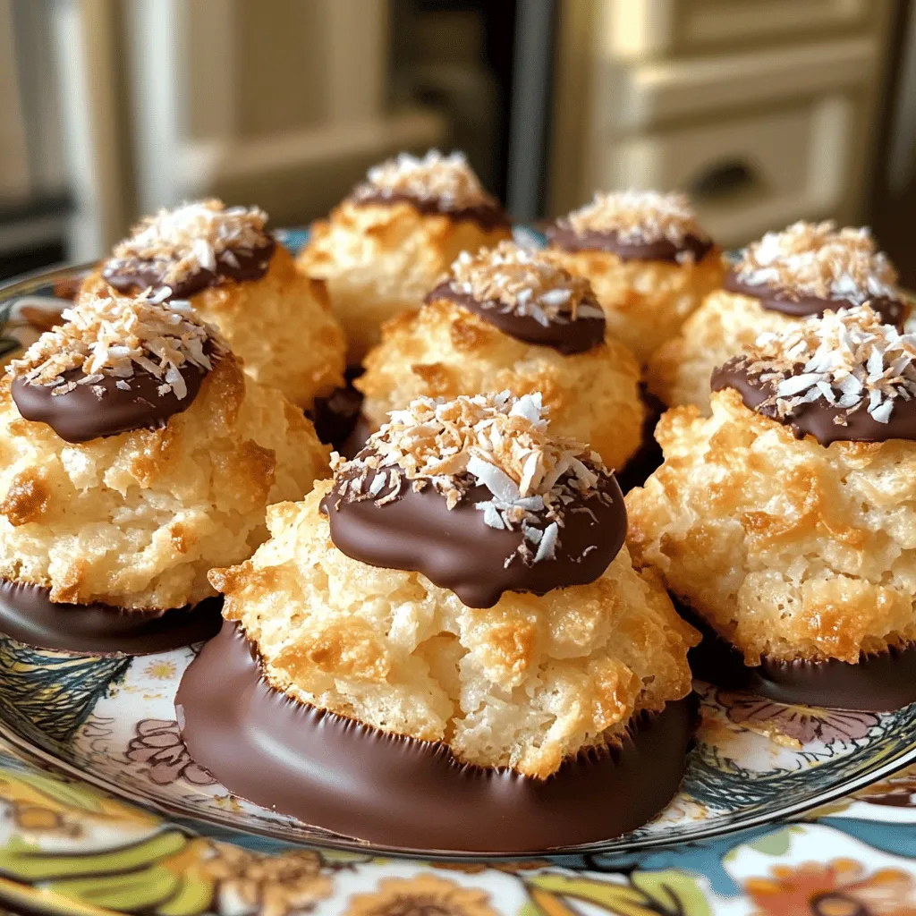 Um köstliche Schokoladendipierte Kokosmakronen zu machen, brauchen Sie folgende Hauptzutaten: - 3 Tassen gesüßte, geraspelte Kokosnuss - 1 Tasse gesüßte Kondensmilch - 1 Teelöffel Vanilleextrakt - 2 große Eiweiße - 1/4 Teelöffel Salz - 1 Tasse halbsüße Schokoladenstückchen - 1 Teelöffel Kokosöl Jede dieser Zutaten spielt eine wichtige Rolle. Die gesüßte Kokosnuss sorgt für die süße und die Textur. Die Kondensmilch bindet alles zusammen und macht die Makronen schön saftig. Vanilleextrakt bringt ein tolles Aroma. Die Eiweiße geben den Makronen die luftige Konsistenz. Für die besten Ergebnisse empfehle ich, Marken zu wählen, die für ihre Qualität bekannt sind. Bei der gesüßten Kokosnuss können Sie Marken wie "Baker's" oder "Thai Kitchen" verwenden. Sie bieten frische und schmackhafte Kokosnuss. Für gesüßte Kondensmilch sind "Eagle Brand" und "Nestlé" ausgezeichnete Optionen. Diese Marken garantieren eine gleichmäßige Süße und Cremigkeit. Um Ihre Kokosmakronen noch interessanter zu machen, können Sie zusätzliche Zutaten hinzufügen. Hier sind einige Ideen: - Nüsse wie Mandeln oder Walnüsse für einen crunchigen Biss. - Trockenfrüchte wie Cranberries oder Aprikosen für Süße und Farbe. - Verschiedene Schokoladensorten wie Zartbitter oder weiße Schokolade für andere Geschmäcker. Mit diesen Variationen können Sie die Makronen nach Ihrem eigenen Geschmack gestalten. Experimentieren Sie und finden Sie Ihre perfekte Mischung! Heize deinen Ofen auf 160°C vor. Nimm ein Backblech und lege es mit Backpapier aus. So bleiben die Makronen nicht kleben. In einer großen Schüssel mische die gesüßte Kokosnuss, die Kondensmilch, den Vanilleextrakt und das Salz. Rühre alles gut um. Die Kokosnuss sollte gleichmäßig mit der Milch bedeckt sein. Nimm eine separate Schüssel und schlage die Eiweiße. Nutze einen Mixer bei mittlerer Geschwindigkeit. Schlage sie, bis feste Spitzen entstehen. Das dauert etwa 3-4 Minuten. Füge die geschlagenen Eiweiße vorsichtig zur Kokosnuss-Mischung hinzu. Mische alles sanft, ohne die Luft aus den Eiweißen zu drücken. Nimm einen kleinen Keksausstecher oder forme mit deinen Händen kleine Häufchen. Setze diese auf das Backblech. Achte darauf, genug Platz zwischen den Häufchen zu lassen. Backe die Makronen für 25-30 Minuten. Sie sollten goldbraun sein. Lass sie danach auf dem Blech abkühlen. Während die Makronen abkühlen, schmelze die Schokoladenstückchen und das Kokosöl. Nutze dafür eine mikrowellengeeignete Schüssel. Erhitze die Mischung in 30-Sekunden-Intervallen und rühre zwischendurch um, bis sie glatt ist. Tauche die Unterseiten jeder Makrone in die geschmolzene Schokolade. Lege sie zurück auf das Backpapier. Träufle bei Bedarf die restliche Schokolade über die Oberseiten der Makronen. Kühle die Makronen im Kühlschrank für etwa 30 Minuten, bis die Schokolade fest ist. Arrangiere die Makronen auf einem dekorativen Teller. Streue etwas extra geraspelte Kokosnuss um sie herum, um einen schönen Akzent zu setzen. Um die perfekte Konsistenz zu erzielen, verwenden Sie gesüßte Kokosnuss. Diese gibt Feuchtigkeit und Süße. Mischen Sie die Kokosnuss mit der Kondensmilch gut. Sie sollten eine klebrige, aber formbare Mischung haben. Schlagen Sie die Eiweiße, bis sie steif sind. Falten Sie diese vorsichtig unter. So bleibt die Luftigkeit erhalten. Achten Sie darauf, die Mischung nicht zu überrühren. Vermeiden Sie es, die Eiweiße zu lange zu schlagen. Sie sollten steif, aber nicht trocken sein. Wenn die Mischung zu trocken ist, fügen Sie etwas mehr Kondensmilch hinzu. Lassen Sie genug Platz beim Formen der Häufchen. Sie laufen beim Backen auseinander. Backen Sie die Makronen nicht zu lange. Sie sollten goldbraun sein, aber nicht verbrannt. Lassen Sie sie vollständig abkühlen, bevor Sie sie dippen. Haben Sie überschüssige gesüßte Kokosnuss? Lagern Sie diese in einem luftdichten Behälter. So bleibt sie frisch und lecker. Kondensmilch kann im Kühlschrank bis zu einer Woche halten. Verwenden Sie sie in anderen Rezepten oder für Desserts. Schokoladenstückchen bleiben lange haltbar. Halten Sie sie in einem kühlen, dunklen Ort. So können Sie sie später für andere Leckereien verwenden. {{image_4}} Schokolade ist vielseitig. Sie können halbsüße Schokolade verwenden, die gut schmeckt. Zartbittere Schokolade bringt einen starken Geschmack. Milchschokolade macht die Makronen süßer und cremiger. Weiße Schokolade ist eine weitere leckere Option. Das Dippen in verschiedene Schokoladensorten bietet neue Geschmackserlebnisse. Experimentieren Sie! Mischen Sie sogar mehrere Sorten für einen kreativen Look. Nüsse sind eine tolle Ergänzung. Mandeln oder Haselnüsse liefern einen knackigen Biss. Walnüsse geben einen erdigen Geschmack. Trockenfrüchte wie Cranberries oder Aprikosen fügen Frische hinzu. Diese Zutaten machen die Makronen noch interessanter. Sie können auch Kokosraspeln hinzufügen, um den Kokosgeschmack zu verstärken. Stellen Sie sicher, dass die Zusatzstoffe klein geschnitten sind. So bleiben die Makronen gleichmäßig. Für Allergiker gibt es viele Optionen. Verwenden Sie pflanzliche Milch anstelle von Kondensmilch. Kokosmilch ist eine gute Wahl. Eier können durch Apfelmus ersetzt werden. Dies hilft, die Makronen zu binden. Achten Sie darauf, glutenfreie Schokolade zu wählen. So können auch Menschen mit Zöliakie genießen. Diese Alternativen machen die Makronen für jeden zugänglich. Um die Frische und den Geschmack der Schokoladendipierten Kokosmakronen zu bewahren, ist die richtige Lagerung wichtig. Bewahren Sie die Makronen in einem luftdichten Behälter auf. Legen Sie ein Blatt Backpapier zwischen die Schichten, so kleben sie nicht zusammen. Stellen Sie den Behälter an einen kühlen, trockenen Ort. So bleiben die Makronen knusprig und lecker. Im Kühlschrank halten die Makronen etwa eine Woche. Achten Sie darauf, sie gut zu verpacken. Im Gefrierschrank können sie sogar bis zu drei Monate aufbewahrt werden. Wickeln Sie jede Makrone einzeln in Frischhaltefolie, bevor Sie sie in einen Gefrierbeutel legen. So bleibt die Schokolade unversehrt und die Kokosmakronen frisch. Wenn Sie Zutaten übrig haben, nutzen Sie sie kreativ. Die gesüßte Kondensmilch eignet sich gut für Desserts oder Kaffee. Übrig gebliebene Kokosnuss können Sie in Smoothies oder Müslis verwenden. Schokolade lässt sich gut zum Backen verwenden. Durch diese Tipps reduzieren Sie Abfall und genießen gleichzeitig neue Leckereien. Kokosmakronen bleiben frisch, wenn Sie sie in einem luftdichten Behälter aufbewahren. Sie halten etwa eine Woche im Kühlschrank. Für längere Lagerung können Sie sie auch einfrieren. Im Gefrierbeutel halten sie bis zu drei Monate. Ja, Sie können die Eier weglassen. Verwenden Sie stattdessen einen Ei-Ersatz wie Apfelmus oder Leinsamen. Dies verändert die Textur, macht die Makronen aber auch vegan. Ja, Sie können die Makronen im Voraus zubereiten. Backen Sie sie einfach und lassen Sie sie abkühlen. Lagern Sie sie dann im Kühlschrank, bis Sie bereit sind, die Schokolade hinzuzufügen. Die besten Zutaten finden Sie in gut sortierten Supermärkten oder Bioläden. Achten Sie auf gesüßte, geraspelte Kokosnuss und hochwertige Kondensmilch. Online-Shops bieten oft auch spezielle Marken an. Die Zutaten in diesem Rezept sind bereits glutenfrei. Achten Sie darauf, dass alle anderen Zutaten ebenfalls glutenfrei sind, wenn Sie Variationen hinzufügen. Damit sind die Makronen für alle geeignet, die glutenfrei essen. Zusammengefasst haben wir die Hauptzutaten, die Zubereitung und Tipps für perfekte Kokosmakronen besprochen. Ich habe gezeigt, wie man Variationen hinzufügt und die Makronen richtig lagert. Mit diesen Informationen kannst du eigene leckere Makronen kreieren. Nutze die Tipps, um Fehler zu vermeiden und die besten Zutaten zu wählen. So bereitest du einfach und schnell köstliche Snacks zu, die jedem schmecken. Viel Spaß beim Ausprobieren und Genießen!