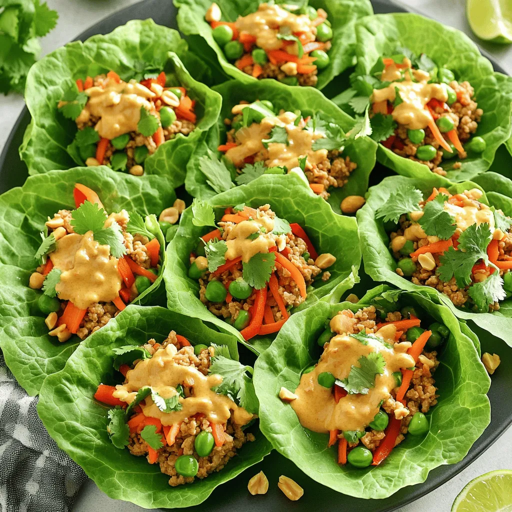 Um die perfekten würzigen Thai Erdnuss-Lettuce Wraps zu machen, brauchst du die folgenden Hauptzutaten: - 450 g gemahlenes Hähnchen oder Pute - 1 Esslöffel Pflanzenöl - 2 Knoblauchzehen, gehackt - 2,5 cm frischer Ingwer, gerieben - 1 rote Paprika, gewürfelt - 1 Karotte, geraspelt - 1 Tasse Zuckererbsen, grob gehackt - 60 g Frühlingszwiebeln, in Scheiben geschnitten - 60 g frischer Koriander, gehackt - 1 Kopf Eisbergsalat oder Butterkopfsalat, Blätter getrennt - Gehackte Erdnüsse zum Garnieren Diese Zutaten liefern dir ein leckeres und gesundes Gericht. Das Hähnchen oder die Pute ist die Basis. Frisches Gemüse bringt Farbe und Crunch. Für den besonderen Geschmack brauchst du diese Gewürze und Saucen: - 1 Esslöffel Sojasauce - 1 Esslöffel Fischsauce (oder Sojasauce für eine vegetarische Option) - 1 Esslöffel Limettensaft - 1 Esslöffel brauner Zucker - 80 g cremige Erdnussbutter Die Kombination dieser Gewürze gibt den Wraps den würzigen Kick. Die Erdnussbutter macht die Sauce cremig und reichhaltig, während die Limette für Frische sorgt. Um deine Erdnuss-Lettuce Wraps zu ergänzen, empfehle ich: - Frische Limettenviertel - Zusätzliche gehackte Erdnüsse - Mehr frischen Koriander Diese Beilagen bringen noch mehr Geschmack. Limetten bringen eine spritzige Note. Die Erdnüsse geben zusätzlichen Crunch. Zuerst benötigst du frische Zutaten. Hier sind die Hauptzutaten: - 450 g gemahlenes Hähnchen oder Pute - 1 Esslöffel Pflanzenöl - 2 Knoblauchzehen, gehackt - 2,5 cm frischer Ingwer, gerieben - 1 rote Paprika, gewürfelt - 1 Karotte, geraspelt - 1 Tasse Zuckererbsen, grob gehackt - 60 g Frühlingszwiebeln, in Scheiben geschnitten - 60 g frischer Koriander, gehackt - 1 Esslöffel Sojasauce - 1 Esslöffel Fischsauce (oder Sojasauce für eine vegetarische Option) - 1 Esslöffel Limettensaft - 1 Esslöffel brauner Zucker - 80 g cremige Erdnussbutter - 1 Kopf Eisbergsalat oder Butterkopfsalat, Blätter getrennt - Gehackte Erdnüsse zum Garnieren Sammle alles an einem Ort. So sparst du Zeit beim Kochen. Erhitze das Pflanzenöl in einer großen Pfanne bei mittlerer Hitze. Wenn das Öl heiß ist, füge den gehackten Knoblauch und den geriebenen Ingwer hinzu. Brate sie etwa eine Minute lang an, bis sie gut riechen. Jetzt kommt das gemahlene Hähnchen oder die Pute in die Pfanne. Zerkleinere das Fleisch mit einem Spatel. Koche es fünf bis sieben Minuten, bis es gleichmäßig gebräunt ist. Füge nun die gewürfelte rote Paprika, die geraspelte Karotte und die gehackten Zuckererbsen hinzu. Koche diese Mischung für weitere zwei bis drei Minuten, bis das Gemüse weich ist. In einer kleinen Schüssel vermischst du die Sojasauce, die Fischsauce, den Limettensaft, den braunen Zucker und die cremige Erdnussbutter. Schlage die Mischung mit einem Schneebesen, bis sie glatt ist. Gieße die Erdnuss-Saucenmischung über die Fleisch- und Gemüsemischung in der Pfanne. Rühre gut um, damit alle Zutaten gleichmäßig beschichtet sind. Lass alles zwei Minuten lang durchwärmen. Nimm die Pfanne vom Herd. Rühre die geschnittenen Frühlingszwiebeln und den gehackten Koriander unter. Jetzt bist du bereit, die Wraps zu füllen! Nehme ein Salatblatt, gebe einen Löffel der würzigen Erdnuss-Mischung in die Mitte und bestreue es mit gehackten Erdnüssen für zusätzlichen Crunch. Die Zubereitung der Wraps ist einfach. Beginne mit frischen Zutaten. Frischer Knoblauch und Ingwer geben viel Geschmack. Achte darauf, das Fleisch gut zu bräunen. Das sorgt für einen tollen Geschmack. Das Gemüse sollte knackig bleiben. So bleibt der Biss erhalten. Die Erdnuss-Sauce musst du gut vermischen. Sie sollte glatt und cremig sein. Gieße die Sauce über das Fleisch und Gemüse. Rühre alles gut um, bis es gleichmäßig bedeckt ist. Wenn du besondere diätetische Bedürfnisse hast, gibt es viele Optionen. Für eine vegetarische Version kannst du Tofu verwenden. Achte darauf, den Tofu gut zu pressen und zu braten. Wenn du glutenfrei essen möchtest, nimm glutenfreie Sojasauce. Du kannst auch die Fischsauce weglassen. Füge stattdessen mehr Sojasauce hinzu. Für eine schärfere Note kannst du Chili-Paste nutzen. Eine ansprechende Präsentation macht das Essen noch besser. Arrangiere die Wraps auf einer großen Platte. Dekoriere sie mit gehackten Erdnüssen und frischem Koriander. Das sieht appetitlich aus und bringt Farbe auf den Tisch. Serviere Limettenviertel neben den Wraps. So kann jeder nach Belieben nachwürzen. Das gibt den Wraps einen frischen Kick. {{image_4}} Wenn Sie eine vegetarische oder vegane Version der würzigen Thai Erdnuss-Lettuce Wraps machen möchten, gibt es einfache Alternativen. Ersetzen Sie das Hähnchen oder die Pute durch Tofu oder Tempeh. Diese sind proteinreich und nehmen gut Aromen auf. Verwenden Sie die gleiche Menge wie beim Fleisch. Für die Sojasauce können Sie die Fischsauce durch eine zusätzliche Portion Sojasauce ersetzen. Das verleiht den Wraps dennoch viel Geschmack. Sie können auch andere Proteine in diesem Rezept verwenden. Probieren Sie Hackfleisch aus Rind oder Schwein für eine andere Geschmacksnote. Garnelen sind eine weitere leckere Wahl, die gut zu den Aromen passt. Achten Sie darauf, die Garzeit anzupassen. Die Wraps bleiben weiterhin schnell zubereitet und schmackhaft. Das Gemüse in den Wraps kann leicht angepasst werden. Verwenden Sie Gemüse, das Ihnen schmeckt oder das gerade Saison hat. Zucchini, Brokkoli oder Pilze sind tolle Alternativen. Sie können auch zusätzliches Gemüse wie Avocado für eine cremige Textur hinzufügen. Experimentieren Sie mit verschiedenen Kombinationen, um Ihre Lieblingsversion zu finden. Um die Reste deiner würzigen Thai Erdnuss-Lettuce Wraps richtig zu lagern, füge sie in einen luftdichten Behälter. Achte darauf, das Gemüse und die Erdnuss-Mischung getrennt von den Salatblättern zu lagern. So bleiben die Blätter frisch und knackig. Stelle den Behälter in den Kühlschrank. So bleiben die Reste bis zu drei Tage haltbar. Wenn du die Reste aufwärmen möchtest, tue dies vorsichtig. Verwende eine Pfanne oder die Mikrowelle. Erhitze die Mischung in der Pfanne bei mittlerer Hitze. Füge ein wenig Wasser hinzu, um das Austrocknen zu verhindern. Wenn du die Mikrowelle nutzt, erwärme die Mischung in kurzen Intervallen. So bleibt alles saftig und lecker. Die Haltbarkeit der Zutaten variiert. Frisches Gemüse wie Paprika und Karotten hält sich im Kühlschrank etwa eine Woche. Gemahlenes Hähnchen oder Pute bleibt im Kühlschrank bis zu zwei Tage frisch. Erdnussbutter kann in der Speisekammer mehrere Monate halten, solange sie gut verschlossen ist. Achte darauf, deine Zutaten vor dem Kochen auf Frische zu überprüfen. Die Schärfe der würzigen Thai Erdnuss-Lettuce Wraps ist mild bis mittel. Die Zutaten bringen viel Geschmack, ohne übermäßig scharf zu sein. Wenn Sie es schärfer mögen, können Sie etwas Chili oder Sriracha hinzufügen. So passen Sie die Schärfe an Ihren Geschmack an. Das Rezept ist sehr flexibel. Ja, Sie können die Erdnussbutter ersetzen. Eine gute Option ist Mandelbutter oder Cashewbutter. Diese Nüsse bringen ebenfalls einen tollen Geschmack. Achten Sie jedoch darauf, dass der Geschmack leicht anders wird. Wenn Sie eine nussfreie Option suchen, probieren Sie Sonnenblumenbutter. Diese ist auch cremig und lecker. Für Beilagen empfehle ich frische Gemüsesalate oder Reis. Ein einfacher Gurkensalat passt gut dazu. Sie können auch Quinoa oder Jasminreis anbieten. Diese Beilagen bringen einen tollen Kontrast zu den Wraps. Limettenviertel sind auch eine gute Idee, um den Geschmack zu verstärken. In diesem Artikel haben wir die Zutaten und Schritte für würzige Thai Erdnuss-Lettuce Wraps behandelt. Du hast gelernt, wie man die Hauptzutaten vorbereitet und die Erdnuss-Sauce zubereitet. Tipps für perfekte Wraps und deren Aufbewahrung helfen dir, das Rezept zu verbessern. Denke an die vielen Variationen, die du ausprobieren kannst, ob vegetarisch oder vegan. Guten Appetit mit deinen neuen Wraps! Schaffe leckere Momente für dich und deine Gäste.