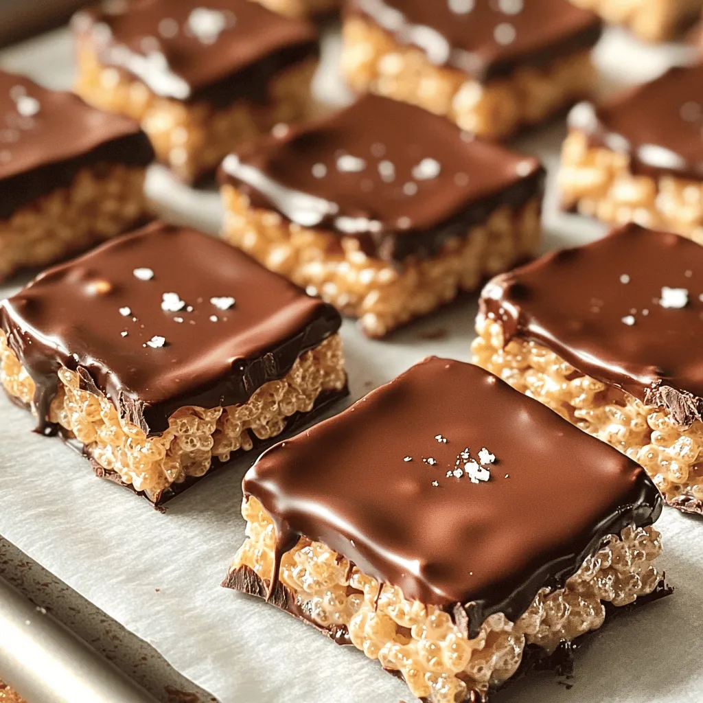 Für die No-Bake Schokoladenüberzogenen Rice Krispie-Leckereien benötigst du folgende Zutaten: - 4 Tassen Rice Krispies-Getreide - 3 Tassen Mini-Marshmallows - 3 Esslöffel ungesalzene Butter - 1 Teelöffel Vanilleextrakt - 1 Tasse halbbitte Schokoladenstückchen - 2 Esslöffel Kokosöl (für die Schokoladensauce) - Meersalz (zum Garnieren) Diese Zutaten sind einfach zu finden und machen das Rezept schnell und leicht. Wenn du besondere diätetische Bedürfnisse hast, gibt es viele Alternativen: - Glutenfreie Rice Krispies: Verwende glutenfreie Cerealien, um sicherzustellen, dass das Rezept glutenfrei bleibt. - Vegane Optionen: Ersetze die Butter durch pflanzliche Margarine und verwende vegane Schokoladenstückchen. - Zuckerfreie Varianten: Du kannst zuckerfreie Marshmallows und Schokolade verwenden, um den Zuckergehalt zu reduzieren. Diese Alternativen helfen, dass jeder die Leckereien genießen kann. Wähle die besten Zutaten für den besten Geschmack: - Rice Krispies: Achte darauf, frische Cerealien zu kaufen, die knusprig und trocken sind. - Mini-Marshmallows: Verwende weiche und süße Mini-Marshmallows für eine bessere Konsistenz. - Schokolade: Halbbitte Schokolade bietet einen guten Geschmack. Achte darauf, dass sie von hoher Qualität ist. - Kokosöl: Dieses Öl macht die Schokolade geschmeidig und glänzend. Verwende frisches Kokosöl für die besten Ergebnisse. Mit diesen Tipps stellst du sicher, dass deine Leckereien großartig schmecken! Zuerst schmelze ich die ungesalzene Butter in einem großen Kochtopf. Ich stelle die Hitze auf niedrig, so bleibt die Butter schön cremig. Nach ein paar Minuten gebe ich die Mini-Marshmallows hinzu. Ich rühre ständig um, bis sie schmelzen. Die Mischung sollte glatt und frei von Klumpen sein. Wenn sie fertig ist, nehme ich den Topf vom Herd und füge 1 Teelöffel Vanilleextrakt hinzu. Das macht die Leckereien noch leckerer. Jetzt kommt der spannende Teil! Ich nehme 4 Tassen Rice Krispies und gebe sie in die Marshmallow-Mischung. Mit einem großen Löffel hebe ich die Rice Krispies vorsichtig unter, bis sie gleichmäßig mit der Marshmallow-Creme überzogen sind. Das ist wichtig, damit jeder Bissen süß und knusprig ist. Ich bereite eine 23x33 cm große Backform vor und lege sie mit Backpapier aus. Dann drücke ich die Mischung gleichmäßig in die Form. Nach 30 Minuten warte ich, bis sie abgekühlt und fest geworden ist. Jetzt wird es schokoladig! Ich nehme 1 Tasse halbbitte Schokoladenstückchen und 2 Esslöffel Kokosöl. In einer mikrowellengeeigneten Schüssel schmelze ich die Schokolade in 30-Sekunden-Intervallen. Nach jedem Intervall rühre ich um, damit sie schön glatt wird. Sobald die Rice Krispies fest sind, hebe ich sie mit dem Backpapier aus der Form. Ich schneide sie in Stücke und tauche jedes Stück in die geschmolzene Schokolade. Danach lege ich die überzogenen Leckereien auf ein Backblech. Während die Schokolade noch warm ist, bestreue ich sie mit einer Prise Meersalz. Das gibt einen tollen Geschmack! Ich lasse die Leckereien für 15 Minuten im Kühlschrank, bis die Schokolade fest ist. Ein häufiger Fehler ist, die Butter zu stark zu erhitzen. Achte darauf, dass sie nur schmilzt. Wenn die Marshmallows zu lange erhitzt werden, können sie zäh werden. Rühre die Mischung ständig, um eine glatte Konsistenz zu erreichen. Auch das Drücken der Rice Krispies in die Form sollte sanft geschehen. Zu viel Druck macht sie hart und schwer zu essen. Um die perfekte Konsistenz zu erreichen, lasse die Marshmallow-Mischung leicht abkühlen, bevor du die Rice Krispies hinzufügst. Das hilft, die Mischung stabil zu halten. Mische die Rice Krispies gründlich, bis jedes Korn einen schönen Überzug hat. Wenn die Mischung zu locker ist, werden die Leckereien bröckelig. Für eine schöne Präsentation kannst du die Leckereien nach dem Überziehen mit verschiedenen Zutaten dekorieren. Nutze bunte Streusel oder gehackte Nüsse für einen Crunch. Frische Beeren oder Minzblätter machen die Leckereien frischer. Überlege auch, etwas geschmolzene weiße Schokolade für einen zusätzlichen Farbkontrast zu verwenden. {{image_4}} Um deine No-Bake Schokoladenüberzogene Rice Krispie-Leckereien aufzupeppen, kannst du verschiedene Zutaten hinzufügen. Hier sind einige Ideen: - Nüsse: Füge 1 Tasse gehackte Nüsse wie Mandeln oder Walnüsse hinzu. Sie geben einen tollen Crunch. - Trockenfrüchte: Rosinen oder getrocknete Cranberries bringen Süße und Frische. - Kekse: Zerbrich ein paar Kekse und mische sie unter die Rice Krispies für zusätzlichen Geschmack. - Kokosraspeln: 1/2 Tasse Kokosraspeln sorgt für einen tropischen Touch. Für eine glutenfreie Version, achte darauf, glutenfreie Rice Krispies zu verwenden. Diese sind in vielen Läden erhältlich. Wenn du eine vegane Variante möchtest, ersetze die Butter durch vegane Margarine. Verwende auch vegane Schokoladenstückchen. Beide Optionen machen die Leckereien köstlich und für alle geeignet. Im Frühling oder Sommer kannst du frische Beeren hinzufügen. Himbeeren oder Erdbeeren machen die Leckereien fruchtig und bunt. Im Herbst sind Kürbiskernstücke eine leckere Ergänzung. Sie passen gut zu einem Gewürzgeschmack. Im Winter kannst du Zimt oder Lebkuchengewürz für eine festliche Note hinzufügen. Experimentiere mit diesen Ideen und finde deine perfekte Mischung! Um die No-Bake Schokoladenüberzogene Rice Krispie-Leckereien frisch zu halten, bewahre sie in einem luftdichten Behälter auf. Dies verhindert, dass sie trocken werden oder ihren Geschmack verlieren. Stelle den Behälter an einen kühlen, trockenen Ort. Vermeide direkte Sonneneinstrahlung, da dies die Schokolade schmelzen kann. Diese Leckereien bleiben bis zu einer Woche frisch, wenn sie richtig gelagert sind. Nach ein paar Tagen können sie etwas weicher werden. Du kannst sie trotzdem verwenden, zum Beispiel in Desserts oder als Topping für Eiscreme. Wenn du Reste hast, schneide sie in kleinere Stücke und serviere sie als Snack. Wenn du die Leckereien länger aufbewahren möchtest, friere sie ein. Lege sie in einer einzigen Schicht auf ein Backblech und friere sie für etwa zwei Stunden ein. Danach kannst du sie in einen luftdichten Behälter legen. So bleiben sie bis zu drei Monate haltbar. Zum Auftauen lege sie einfach bei Raumtemperatur für ein paar Stunden. Ja, du kannst andere Cerealien verwenden. Cornflakes oder Puffreis sind tolle Alternativen. Diese Cerealien geben einen anderen Geschmack und Textur. Achte darauf, dass die Cerealien knusprig sind. Das sorgt für den richtigen Biss in deinen Leckereien. Die Rice Krispie-Leckereien halten sich gut für etwa eine Woche. Bewahre sie in einem luftdichten Behälter auf. So bleiben sie frisch und lecker. Wenn du sie länger aufbewahren möchtest, kannst du sie auch einfrieren. Achte darauf, sie gut einzuwickeln, um Gefrierbrand zu vermeiden. Halbbitte Schokolade ist eine gute Wahl. Sie hat den perfekten Mix aus süß und bitter. Du kannst auch Zartbitter- oder Vollmilchschokolade verwenden. Wenn du es süßer magst, probiere Milchschokolade. Für einen besonderen Touch, füge geschmolzene weiße Schokolade hinzu. Das gibt eine schöne Farbe und einen tollen Geschmack. In diesem Artikel haben wir die besten Zutaten für Rice Krispie-Leckereien besprochen. Ich habe Alternativen für spezielle Diäten vorgestellt und Tipps zur Auswahl gegeben. Die Schritt-für-Schritt-Anleitung macht das Zubereiten leicht. Wir haben auch häufige Fehler vermieden und kreative Variationen erkundet. Zum Schluss gibt es wichtige Tipps zur Aufbewahrung. Nutzen Sie diese Informationen, um leckere Snacks zu schaffen, die jeder genießen kann.