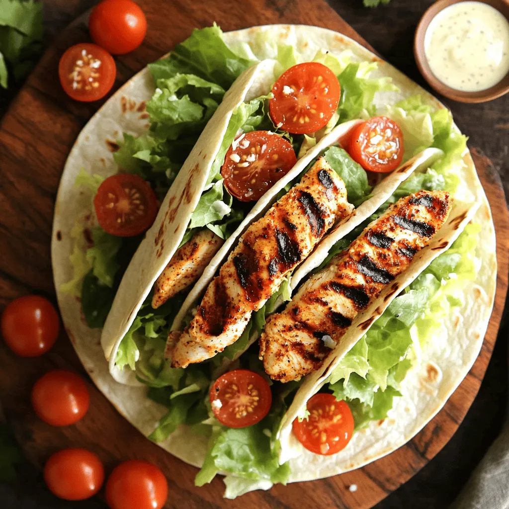 - 2 Hähnchenbrustfilets ohne Knochen und Haut - 2 Esslöffel Cajun-Gewürzmischung - 1 Esslöffel Olivenöl - 4 große Tortillas (aus Weizen oder Vollkorn) - 1 Tasse Romanasalat, grob gehackt - 1/2 Tasse Kirschtomaten, halbiert - 1/3 Tasse geriebener Parmesan - 1/2 Tasse Caesar-Dressing - Optional: geschnittene Frühlingszwiebeln zum Garnieren Um die Cajun Chicken Caesar Wraps zuzubereiten, brauchst du einige einfache Zutaten. Du beginnst mit Hähnchenbrustfilets. Diese sind zart und perfekt für das Grillen. Die Cajun-Gewürzmischung bringt Schärfe und Geschmack. Olivenöl sorgt dafür, dass das Hähnchen nicht festklebt und es schön saftig bleibt. Die Tortillas sind die Basis für die Wraps. Sie halten alles zusammen und machen das Essen einfach. Romanasalat bringt Frische und Crunch. Kirschtomaten geben einen süßen Geschmack. Parmesan fügt eine salzige Note hinzu. Das Caesar-Dressing vereint alle Geschmäcker und sorgt für eine cremige Textur. Wenn du magst, kannst du die Wraps mit geschnittenen Frühlingszwiebeln garnieren. Diese geben einen zusätzlichen frischen Geschmack. Du kannst die Zutaten nach deinem Geschmack anpassen. Probiere verschiedene Gewürze oder Käsesorten aus, um deinen perfekten Wrap zu finden. - Heize deinen Grill auf mittelhohe Temperatur (ca. 200°C). - Grille die Hähnchenbrustfilets 6-7 Minuten pro Seite. - Achte darauf, dass die Innentemperatur 75°C erreicht. - Lass das Hähnchen nach dem Grillen einige Minuten ruhen. Tipps: - Verwende eine Grillpfanne, wenn du keinen Grill hast. - Öle das Fleisch gut, so bleibt es saftig. - Nimm eine große Schüssel für die Mischung. - Gib Romanasalat, Kirschtomaten, Parmesan und Caesar-Dressing in die Schüssel. - Mische alles sanft, bis die Zutaten gut verteilt sind. Dos: - Sei vorsichtig beim Mischen, damit die Blätter ganz bleiben. - Geschmackstests sind wichtig! Probiere die Mischung. Don'ts: - Übermische nicht, sonst wird der Salat matschig. - Verwende kein zu starkes Dressing, das kann den Geschmack überdecken. - Lege die Tortillas flach auf eine saubere Fläche. - Verteile die Salatmischung in der Mitte jeder Tortilla. - Füge die gegrillten Hähnchenstreifen oben drauf. Anleitung zum Falten: - Klappe die Seiten der Tortilla ein. - Rolle die Tortilla von unten nach oben fest auf. - Schneide die Wraps diagonal in zwei Hälften. - Serviere die Wraps auf einer Platte. Tipps: - Füge einige Kirschtomaten für die Präsentation hinzu. - Eine kleine Schüssel mit Caesar-Dressing macht das Essen noch besser. Um trockenes Hähnchen zu vermeiden, achte auf die Grilltemperatur. Heize deinen Grill auf mittelhohe Temperatur vor. Grille die Hähnchenbrustfilets nicht zu lange. Sie sollen zart und saftig bleiben. Eine Innentemperatur von 165°F (75°C) ist ideal. Verwende Cajun-Gewürzmischung, um den Geschmack zu verstärken. Du kannst auch etwas Paprika hinzufügen, um die Farbe zu verbessern. Für etwas mehr Geschmack, mariniere das Hähnchen ein paar Stunden vorher. Wenn du die Schärfe anpassen möchtest, reduziere die Menge der Cajun-Gewürzmischung. Füge stattdessen etwas mehr Salz oder Pfeffer hinzu. Das sorgt für Geschmack ohne zu viel Hitze. Für vegetarische Optionen kannst du Hähnchen durch Tofustreifen ersetzen. Mariniere den Tofu genau wie das Hähnchen. Grille ihn dann, bis er goldbraun ist. Für eine schöne Präsentation lege die Wraps auf eine große Servierplatte. Du kannst sie diagonal schneiden, um die Füllung zu zeigen. Füge halbierte Kirschtomaten dazu, um das Gericht lebendiger zu machen. Eine kleine Schüssel mit Caesar-Dressing daneben sieht toll aus und lädt zum Dippen ein. Diese kleinen Tipps helfen dir, deine Cajun Chicken Caesar Wraps einfach und lecker zu machen! {{image_4}} Wenn du etwas Abwechslung suchst, kannst du die Hähnchenbrust durch Rind- oder Tofustreifen ersetzen. Rindfleisch bringt einen kräftigen Geschmack, während Tofu eine tolle vegetarische Option ist. Marinier die Tofustreifen in der Cajun-Gewürzmischung, um den gleichen würzigen Kick zu bekommen. Du kannst auch andere Blattsalate verwenden. Rucola oder Spinat bieten frischen Geschmack und eine schöne Farbe. Diese Salate ergänzen die Wraps und geben ihnen eine neue Dimension. Mische die Salate gut mit dem Dressing, um den besten Geschmack zu erzielen. Anstelle von Caesar-Dressing kannst du Joghurt- oder Balsamico-Dressing verwenden. Joghurt-Dressing ist leichter und gesünder. Balsamico bringt eine süß-säuerliche Note in die Wraps. Experimentiere mit verschiedenen Dressings, um deinen Lieblingsgeschmack zu finden. Um die Wraps frisch zu halten, lege sie in einen luftdichten Behälter. Du kannst sie auch in Frischhaltefolie wickeln. Dadurch bleibt die Tortilla weich und lecker. Achte darauf, dass die Wraps nicht mit anderen Lebensmitteln in Berührung kommen. So vermeidest du unerwünschte Gerüche und Geschmäcker. Die Wraps sind im Kühlschrank etwa 2 bis 3 Tage haltbar. Wenn du sie länger aufbewahren möchtest, friere sie ein. So bleiben sie bis zu einem Monat frisch. Vor dem Servieren solltest du die Wraps im Kühlschrank gut abkühlen lassen. Achte darauf, sie richtig zu verpacken, um Gefrierbrand zu vermeiden. Um die Wraps wieder aufzuwärmen, benutze eine Pfanne oder einen Sandwichmaker. Erhitze sie bei mittlerer Hitze für 2 bis 3 Minuten pro Seite. So bleiben sie saftig. Du kannst auch die Mikrowelle nutzen, aber achte darauf, sie nicht zu lange zu erhitzen. Decke die Wraps mit einem feuchten Küchentuch ab, damit sie nicht austrocknen. Die Zubereitung der Cajun Chicken Caesar Wraps dauert insgesamt 30 Minuten. Die Vorbereitungszeit beträgt etwa 15 Minuten. Du grillst das Hähnchen in 12 bis 14 Minuten. Das Mischen der Salatzutaten nimmt nur ein paar Minuten in Anspruch. In kurzer Zeit kannst du ein leckeres Essen für deine Familie zaubern. Ja, du kannst die Wraps im Voraus zubereiten. Grille das Hähnchen und bereite die Salatmischung vor. Wickel die Wraps dann in Frischhaltefolie und lege sie in den Kühlschrank. Sie bleiben so für einen Tag frisch. Wenn du sie essen willst, kannst du sie einfach aufwärmen oder kalt genießen. Das macht sie perfekt für ein schnelles Mittagessen oder ein Picknick. Zu den Cajun Chicken Caesar Wraps passen viele Beilagen gut. Hier sind einige Ideen: - Süßkartoffel-Pommes - Gemüse-Sticks mit Dip - Ein einfacher grüner Salat - Chips oder Tortilla-Chips - Eine fruchtige Salsa Wähle deine Favoriten und genieße die Wraps in voller Pracht! Die Cajun Chicken Caesar Wraps sind einfach und lecker. Wir haben die Zutaten aufgelistet, vom Grillen bis zum Mischen des Salats. Ich habe Tipps gegeben, wie man das Hähnchen perfekt zubereitet und die Wraps ansprechend präsentiert. Denke daran, dass du die Gewürze und Zutaten nach deinem Geschmack anpassen kannst. Du kannst die Wraps frisch halten und sie auch im Voraus zubereiten. Experimentiere mit Variationen und genieße das Ergebnis!