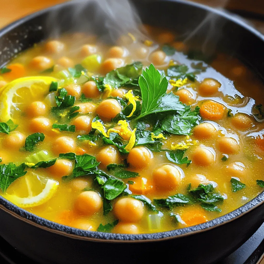 Hier sind die Zutaten für die Zitronen-Knoblauch-Kichererbsensuppe. Diese Zutaten machen die Suppe frisch und lecker. - 2 Dosen Kichererbsen - 1 mittelgroße Zwiebel - 4 Knoblauchzehen - 1 Liter Gemüsebrühe - 2 mittelgroße Karotten - 2 Selleriestangen - 1 Tasse frischer Spinat oder Grünkohl - Abrieb und Saft von 1 großen Zitrone - 1 Teelöffel gemahlener Kreuzkümmel - 1 Teelöffel geräuchertes Paprikapulver - 2 Esslöffel Olivenöl - Salz und Pfeffer nach Geschmack - Frische Petersilie oder Koriander zum Garnieren Die Kichererbsen geben der Suppe eine gute Proteinquelle. Die Zwiebel und der Knoblauch sorgen für Geschmack. Karotten und Sellerie fügen eine tolle Textur hinzu. Der frische Spinat oder Grünkohl bringt Farbe und Nährstoffe. Zitrone gibt der Suppe die nötige Frische. Gewürze wie Kreuzkümmel und Paprikapulver runden alles ab. Mit diesen Zutaten bist du bereit, eine köstliche und gesunde Suppe zu kochen. 1. Zwiebel und Knoblauch anbraten Erhitze das Olivenöl in einem großen Topf bei mittlerer Hitze. Füge die gewürfelte Zwiebel hinzu. Brate sie etwa fünf Minuten, bis sie glasig wird. Dann gib den fein gehackten Knoblauch dazu. Lass ihn eine weitere Minute anbraten, damit er nicht anbrennt. 2. Gemüse hinzufügen und dünsten Jetzt ist es Zeit für die Karotten und Sellerie. Füge die gewürfelten Karotten und Sellerie in den Topf. Dünste sie etwa fünf Minuten, bis sie leicht weich sind. Dies bringt mehr Geschmack in die Suppe. 3. Gewürze einrühren und Brühe hinzufügen Gib den gemahlenen Kreuzkümmel und das geräucherte Paprikapulver hinzu. Rühre gut um, damit sich die Gewürze gleichmäßig verteilen. Jetzt gieße die Gemüsebrühe in den Topf. Bring die Mischung zum sanften Kochen. 4. Kichererbsen und Zitrone hinzufügen Nach dem Kochen füge die abgetropften Kichererbsen hinzu. Gib den Zitronenabrieb und den Zitronensaft dazu. Reduziere die Hitze und lass die Suppe 15 bis 20 Minuten köcheln. So entfalten sich die Aromen. Kurz vor dem Servieren rühre den gehackten Spinat oder Grünkohl unter. Garniere die Suppe mit frischer Petersilie oder Koriander. - Anpassung der Brühe: Die Brühe ist der Grundgeschmack der Suppe. Wenn du eine dickere Suppe magst, nimm weniger Brühe. Bei einer dünneren Suppe, füge mehr hinzu. Experimentiere, bis du die perfekte Konsistenz findest. - Auswahl der Kichererbsen: Du kannst frische, gefrorene oder Dosenkichererbsen verwenden. Dosen sind schnell und einfach. Spüle sie gut ab, um die Flüssigkeit zu entfernen. Frische Kichererbsen brauchen längere Kochzeit. - Zubereitung im Schnellkochtopf: Der Schnellkochtopf spart Zeit. Du kannst die Kichererbsen in weniger als einer Stunde garen. So bleibt der Geschmack stärker und die Suppe bleibt frisch. Mit diesen Tipps machst du deine Suppe nicht nur lecker, sondern auch perfekt für jeden Anlass. {{image_4}} Zusätzliche Gemüsevariationen Du kannst verschiedene Gemüsesorten in die Suppe geben. Zucchini, Paprika oder Erbsen passen gut. Diese Gemüse bringen mehr Farbe und Textur. Sie sind gesund und machen die Suppe noch leckerer. Gewürzvariationen Wenn du neue Aromen magst, probiere verschiedene Gewürze aus. Garam Masala gibt einen warmen Geschmack. Frischer Ingwer fügt eine würzige Note hinzu. Für etwas Schärfe kannst du rote Chili verwenden. Diese Gewürze machen die Suppe spannend und einzigartig. Toppings und Garnierungen Garnieren macht die Suppe besonders. Verwende frische Kräuter wie Petersilie oder Koriander. Ein Spritzer Zitronensaft bringt Frische. Du kannst auch geröstete Kichererbsen als knuspriges Topping verwenden. Diese Optionen steigern den Genuss und machen die Suppe noch schöner. - Kühlschranklagung: Die Suppe bleibt bis zu fünf Tage frisch im Kühlschrank. Stellen Sie sicher, dass die Suppe in einem luftdichten Behälter aufbewahrt wird. Lassen Sie die Suppe zuerst abkühlen, bevor Sie sie in den Kühlschrank stellen. - Gefrieroptionen: Sie können die Suppe auch einfrieren. Füllen Sie sie in gefrierfreundliche Behälter oder Beutel. Die Suppe hält sich bis zu drei Monate im Gefrierfach. Lassen Sie beim Einfrieren etwas Platz für die Ausdehnung der Flüssigkeit. - Empfehlungen für Wiedererwärmung: Zum Aufwärmen können Sie die gefrorene Suppe einfach über Nacht im Kühlschrank auftauen. Erhitzen Sie die Suppe dann in einem Topf bei mittlerer Hitze. Fügen Sie bei Bedarf etwas Wasser oder Brühe hinzu, wenn die Suppe zu dick ist. Rühren Sie gut um, um eine gleichmäßige Wärme zu erreichen. So bleibt Ihre Zitronen-Knoblauch-Kichererbsensuppe immer lecker und frisch. Die Suppe bleibt im Kühlschrank bis zu fünf Tage frisch. Stelle sicher, dass du sie in einem luftdichten Behälter aufbewahrst. Wenn du die Suppe länger aufbewahren möchtest, friere sie ein. So bleibt sie bis zu drei Monate lecker. Ja, die Suppe ist bereits vegan! Alle Zutaten sind pflanzlich. Du kannst sie also ohne Bedenken genießen. Wenn du die Brühe selbst machst, achte darauf, dass sie auch vegan ist. Zu Kichererbsensuppe passen viele Beilagen. Ich empfehle geröstetes Brot oder einen frischen Salat. Das Brot saugt die Suppe gut auf. Ein einfacher grüner Salat bringt Frische. Du kannst auch etwas Feta oder Avocado hinzufügen, um mehr Geschmack zu bekommen. Die Kichererbsensuppe ist einfach und vielseitig. Du hast gelernt, welche Zutaten du benötigst und wie du sie zubereitest. Mit Tipps zur perfekten Konsistenz und verschiedenen Variationen kannst du deine Suppe anpassen. Die Lagerung ist ebenfalls wichtig, um die Frische zu bewahren. Egal, ob du sie vegan machst oder mit Toppings anreicherst, diese Suppe bleibt ein Hit. Probiere es aus und genieße die vielen Möglichkeiten!