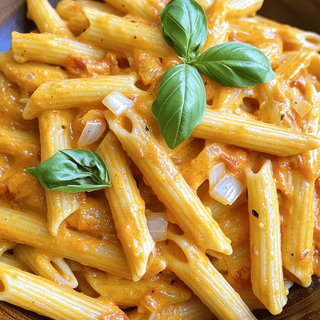 - 340g Pasta (z.B. Penne oder Fettuccine) - 2 große rote Paprika - 240ml Schlagsahne - 1 kleine Zwiebel, gehackt - 3 Knoblauchzehen, fein gehackt - 1 Teelöffel geräuchertes Paprikapulver - 50g geriebener Parmesan oder Hefeflocken für vegane Option - Salz und Pfeffer nach Geschmack - 2 Esslöffel Olivenöl Um die perfekte cremige Sauce für die Pasta zu machen, benötigst du einige einfache Zutaten. Zuerst wähle die Pasta. Ich mag Penne oder Fettuccine. Diese Sorten halten die Sauce gut fest. Die roten Paprika sind der Star dieses Gerichts. Sie bringen viel Geschmack. Röste sie, um die süßen Aromen zu entfalten. Verwende frische Schlagsahne für eine reiche, cremige Textur. Für die Aromastoffe brauchst du eine kleine Zwiebel und drei Knoblauchzehen. Die Zwiebel macht die Sauce süß und die Knoblauchzehen fügen einen tollen Geschmack hinzu. Das geräucherte Paprikapulver bringt eine feine Note. Vergiss nicht die Gewürze. Salz und Pfeffer sind wichtig, um alles abzurunden. Der Parmesan oder die Hefeflocken geben der Sauce den letzten Schliff. Mit diesen Zutaten bereitest du eine köstliche, cremige Paprika Pasta zu. Sie ist einfach und macht jeden glücklich. Heize deinen Ofen auf 230°C vor. Lege die roten Paprika auf ein Backblech. Träufle 1 Esslöffel Olivenöl darüber. Röste sie etwa 25-30 Minuten. Wende sie einmal, damit sie gleichmäßig garen. Die Haut sollte verkohlt und blasenartig sein. Nimm die Paprika aus dem Ofen. Lege sie in eine Schüssel und decke sie mit Frischhaltefolie ab. Lass sie 10 Minuten dampfen. So lässt sich die Haut leicht abziehen. Während die Paprika rösten, bereite die Pasta zu. Koche sie in einem großen Topf mit kochendem Salzwasser. Halte dich an die Anweisungen auf der Packung. Achte darauf, dass die Pasta al dente ist. Gieße die Pasta ab und stelle sie beiseite. Bewahre etwa 120ml von dem Nudelwasser auf. Dieses Wasser hilft später bei der Sauce. Erhitze 1 Esslöffel Olivenöl in einer großen Pfanne bei mittlerer Hitze. Füge die gehackte Zwiebel hinzu. Brate sie etwa 5 Minuten lang, bis sie glasig ist. Danach rühre den gehackten Knoblauch unter. Brate ihn 1-2 Minuten weiter, bis er gut duftet. Achte darauf, dass der Knoblauch nicht verbrennt. Nachdem die Paprika abgekühlt sind, ziehe die Haut ab. Entferne die Kerne und gib die Paprika in einen Mixer. Füge die angebratenen Zwiebeln, den Knoblauch, die Schlagsahne, die Gemüsebrühe, das geräucherte Paprikapulver und die Gewürze hinzu. Mixe alles, bis die Mischung eine glatte Konsistenz erreicht. Diese Sauce ist der Schlüssel zu einem tollen Geschmack. Gieße die cremige Paprikasauce in die Pfanne. Stelle die Pfanne auf niedrige Hitze. Füge die gekochte Pasta hinzu. Wende sie vorsichtig, bis sie gleichmäßig mit der Sauce überzogen ist. Wenn die Sauce zu dick ist, füge nach und nach das reservierte Nudelwasser hinzu. Rühre den geriebenen Parmesan ein. Lass ihn schmelzen, bis die Sauce schön cremig ist. - Verwendung von Nudelwasser in der Soße: Das Nudelwasser ist stärkehaltig. Es hilft, die Sauce zu binden. Wenn die Sauce zu dick ist, füge langsam Nudelwasser hinzu, bis die gewünschte Konsistenz erreicht ist. - Anpassen der Cremigkeit und Dicke der Sauce: Wenn du eine dickere Sauce magst, reduziere die Gemüsebrühe. Für eine leichtere Sauce kannst du mehr Brühe hinzufügen oder die Schlagsahne reduzieren. - Richtig temperaturieren für den perfekten Geschmack: Heize den Ofen auf 230°C vor. Diese hohe Temperatur sorgt dafür, dass die Paprika schön rösten. Die Haut wird knusprig und der Geschmack intensiv. - Zeitmanagement beim Rösten der Paprika und Kochen der Pasta: Röste die Paprika während die Pasta kocht. So sparst du Zeit und alles wird frisch zubereitet. Achte darauf, die Pasta al dente zu kochen, damit sie gut mit der Sauce harmoniert. - Ansprechende Serviermethoden: Serviere die Pasta in vorgewärmten Schalen. Das hält die Pasta länger warm. - Verwendung frischer Kräuter zur Garnierung: Frische Basilikumblätter geben der Pasta einen schönen Farbkontrast. Sie bringen auch einen frischen Geschmack. Ein leichter Spritzer Olivenöl verleiht zusätzlichen Glanz. {{image_4}} Du kannst deine Pasta leicht anpassen, um sie vegetarisch oder vegan zu machen. Anstelle von Parmesan verwende Hefeflocken. Sie geben den gleichen käsigen Geschmack. Für die Schlagsahne kannst du auch Kokosmilch oder Cashewcreme nutzen. Diese Alternativen machen die Sauce genauso cremig und lecker. Möchtest du deine Pasta noch nahrhafter machen? Füge Gemüse wie Spinat oder Zucchini hinzu. Diese Zutaten bringen nicht nur Farbe, sondern auch Geschmack. Du kannst auch Proteine wie Hähnchen oder Garnelen integrieren. Brate sie einfach zusammen mit der Zwiebel und dem Knoblauch an, bevor du die Sauce hinzufügst. Wenn du es schärfer magst, füge rote Pfefferflocken hinzu. Diese verleihen dem Gericht einen tollen Kick. Du kannst auch verschiedene Käsesorten ausprobieren. Feta oder Ziegenkäse bringen eine neue Geschmacksebene in die Sauce. Experimentiere mit den Zutaten, um dein perfektes Gericht zu finden. Um die Reste deiner cremigen Pasta mit gerösteten roten Paprika gut zu lagern, folge diesen Tipps: - Im Kühlschrank: Fülle die Pasta in einen luftdichten Behälter. So bleibt sie frisch. Sie hält sich dort etwa 3 bis 4 Tage. Achte darauf, dass der Behälter vollständig geschlossen ist, um Feuchtigkeit zu vermeiden. - Im Gefrierfach: Wenn du die Reste länger aufbewahren möchtest, friere die Pasta ein. Verwende einen gefrierfesten Behälter oder einen Beutel. Die Pasta hält sich im Gefrierfach bis zu 3 Monate. Achte darauf, so viel Luft wie möglich zu entfernen, um Gefrierbrand zu vermeiden. Wenn du die Reste aufwärmen möchtest, gibt es einige einfache Methoden: - Mikrowelle: Stelle die Pasta in eine mikrowellengeeignete Schüssel. Füge einen Esslöffel Wasser hinzu, um die Feuchtigkeit zu halten. Decke die Schüssel ab, um ein Austrocknen zu verhindern. Erwärme die Pasta in kurzen Intervallen von 1-2 Minuten. Rühre zwischendurch um. - Herd: Erhitze die Pasta in einer Pfanne bei mittlerer Hitze. Füge nach Bedarf etwas Gemüsebrühe oder Wasser hinzu. So bleibt die Sauce cremig und die Pasta wird gleichmäßig warm. Wenn die Pasta beim Aufwärmen zu trocken erscheint, füge langsam Flüssigkeit hinzu. Dies sorgt dafür, dass die Pasta nicht aneinander klebt und die Sauce schön cremig bleibt. Die Pasta bleibt im Kühlschrank bis zu drei Tage frisch. Lagere sie in einem luftdichten Behälter. Gefroren hält sie sich bis zu drei Monate. Achte darauf, sie gut zu verpacken, um Gefrierbrand zu vermeiden. Ja, du kannst die Sauce im Voraus machen. Lasse sie abkühlen und fülle sie in einen Behälter. Im Kühlschrank hält sie sich bis zu fünf Tage. Für längere Lagerung friere die Sauce ein. Erhitze sie beim Servieren langsam, um den Geschmack zu bewahren. Zu dieser cremigen Pasta passen viele Beilagen. Ein einfacher grüner Salat mit Vinaigrette ist ideal. Auch knuspriges Brot oder Focaccia passen gut. Diese Beilagen ergänzen die Aromen der Pasta. Um den Geschmack der Sauce zu verstärken, füge frische Kräuter hinzu. Basilikum oder Oregano sind tolle Optionen. Auch etwas Zitronensaft kann die Aromen heben. Experimentiere mit Gewürzen, um deinen perfekten Geschmack zu finden. Das vollständige Rezept für cremige Pasta mit gerösteten roten Paprika findest du in der Rezeptübersicht. Es gibt dir alle Details, die du brauchst, um dieses köstliche Gericht zuzubereiten. Zusammengefasst haben wir eine köstliche cremige Pasta mit gerösteten Paprika zubereitet. Wir haben die wichtigen Zutaten und Schritte betrachtet. Außerdem gab ich Tipps zur Zubereitung und Variationen für jeden Geschmack. Mit diesen Infos gelingt dir das Rezept garantiert. Experimentiere mit Aromen und genieße deine Kreation. Viel Spaß beim Kochen und Genießen!