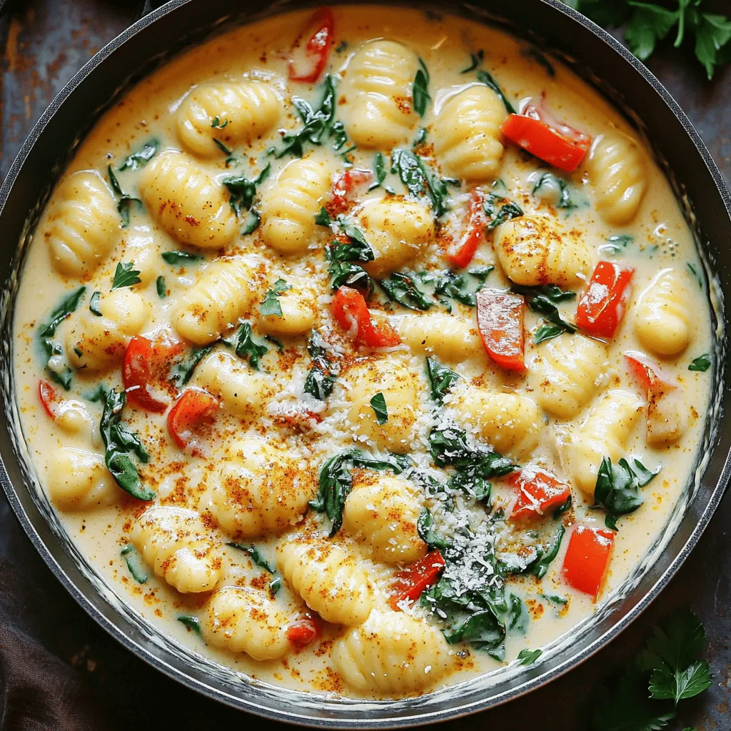 Für die One-Pot Creamy Cajun Chicken Gnocchi benötigen Sie: - 450 g Hähnchenbrustfilets ohne Haut, in mundgerechte Stücke geschnitten - 1 Esslöffel Cajun-Gewürz (nach Geschmack anpassen) - 2 Esslöffel Olivenöl - 1 mittlere Zwiebel, fein gehackt - 3 Knoblauchzehen, gehackt - 1 rote Paprika, in Streifen geschnitten - 240 ml Hühnerbrühe - 240 ml Schlagsahne - 450 g Gnocchi (fertig gekauft oder hausgemacht) - 100 g Spinat, grob gehackt - 100 g Kirschtomaten, halbiert - Salz und Pfeffer nach Geschmack - Geriebener Parmesan zum Servieren - Frische Petersilie, gehackt für die Garnitur Dieses Gericht ist reich an Proteinen durch das Hähnchen. Es enthält auch gesunde Fette aus dem Olivenöl. Gnocchi bieten Kohlenhydrate, die Energie liefern. Spinat und Paprika fügen Vitamine und Mineralien hinzu. Eine Portion hat etwa 500 Kalorien. Frische Zutaten bringen den besten Geschmack. Verwenden Sie frisches Hähnchen und Gemüse, wenn möglich. Gefrorenes Gemüse kann jedoch auch gut funktionieren. Achten Sie darauf, gefrorene Gnocchi gut zu kochen. Sie brauchen vielleicht etwas länger, um weich zu werden. Zuerst bereite ich das Hähnchen vor. Ich schneide 450 g Hähnchenbrust in kleine Stücke. Danach würze ich die Stücke mit Cajun-Gewürz, Salz und Pfeffer. Ich finde, dass das Cajun-Gewürz den besten Geschmack bringt. Die Würze kann ich nach meinem eigenen Geschmack anpassen. Jetzt erhitze ich 2 Esslöffel Olivenöl in einem großen Topf. Ich stelle die Hitze auf mittel bis hoch. Sobald das Öl heiß ist, gebe ich das gewürzte Hähnchen hinein. Ich brate das Hähnchen für etwa 5-7 Minuten an. Es sollte goldbraun und durchgegart sein. Danach nehme ich das Hähnchen aus dem Topf und lege es beiseite. Im gleichen Topf füge ich 1 gehackte Zwiebel und 1 geschnittene rote Paprika hinzu. Ich dünste die Mischung für etwa 3-4 Minuten, bis die Zwiebel glasig wird. Dann gebe ich 3 gehackte Knoblauchzehen hinzu. Ich brate den Knoblauch für eine weitere Minute an, bis er aromatisch ist. Jetzt kommt der spannende Teil. Ich gieße 240 ml Hühnerbrühe und 240 ml Schlagsahne in den Topf. Ich rühre gut um und lasse die Mischung aufkochen. Danach füge ich 450 g Gnocchi hinzu und koche sie für 3-4 Minuten. Ich rühre gelegentlich um, bis die Gnocchi weich sind. Jetzt mische ich das gebratene Hähnchen, 100 g grob gehackten Spinat und 100 g halbierte Kirschtomaten unter. Ich koche alles für 2-3 Minuten, bis der Spinat zusammenfällt. Es ist wichtig, das Gericht abzuschmecken. Ich passe die Würze mit Salz und Pfeffer an, falls nötig. Um die Sauce perfekt cremig zu machen, achte auf die Menge der Schlagsahne. Verwende 240 ml, um eine reiche Textur zu erreichen. Lass die Sauce nach dem Hinzufügen der Gnocchi gut köcheln. So nehmen die Gnocchi die Aromen auf und die Sauce dickt leicht ein. Wenn die Sauce zu dick wird, füge etwas mehr Hühnerbrühe hinzu. So bleibt alles schön geschmeidig. Wähle hochwertige Cajun-Gewürze, um den besten Geschmack zu erzielen. Marken wie "Tony Chachere’s" oder "Slap Ya Mama" sind sehr beliebt. Diese Gewürze bringen den richtigen Kick und die perfekte Mischung aus Kräutern und Gewürzen. Du kannst die Menge nach deinem Geschmack anpassen. Beginne mit einem Esslöffel und füge mehr hinzu, wenn du es würziger magst. Du kannst das Rezept nach Lust und Laune variieren. Statt Hähnchen kannst du Tofu verwenden, um eine vegetarische Option zu schaffen. Wenn du keine Gnocchi hast, probiere Kartoffelgnocchi oder Süßkartoffelgnocchi. Auch Gemüse wie Brokkoli oder Zucchini passen gut in dieses Gericht. So bleibt das Essen spannend und schmeckt jedes Mal anders. {{image_4}} Um eine vegetarische Option zu machen, verwende Tofu statt Hühnchen. Nimm 450 g festen Tofu. Schneide ihn in Würfel und brate ihn in Olivenöl an, bis er goldbraun ist. Würze den Tofu mit Cajun-Gewürz, Salz und Pfeffer. Füge ihn nach dem Anbraten zu den Gnocchi und dem Gemüse hinzu. Diese Variante ist gesund und voller Geschmack. Du kannst verschiedene Arten von Gnocchi verwenden. Kartoffelgnocchi sind klassisch, während Süßkartoffelgnocchi eine süße Note bieten. Du kannst auch glutenfreie Gnocchi ausprobieren. Achte darauf, die Kochzeit leicht anzupassen. Jede Art bringt ihren eigenen Charakter ins Gericht. Das Rezept lässt sich leicht mit mehr Gemüse anpassen. Füge zum Beispiel Zucchini, Erbsen oder Brokkoli hinzu. Diese Gemüsesorten bringen Farbe und Nährstoffe. Du kannst sie einfach zusammen mit der Zwiebel und Paprika anbraten. Experimentiere mit deinem Lieblingsgemüse für noch mehr Vielfalt. Bewahren Sie die Reste von One-Pot Cremy Cajun Chicken Gnocchi im Kühlschrank auf. Verwenden Sie einen luftdichten Behälter. So bleibt das Gericht frisch. Es hält sich bis zu drei Tage im Kühlschrank. Wenn Sie mehr Zeit benötigen, frieren Sie die Gnocchi ein. Nutzen Sie einen gefrierfesten Behälter oder Beutel. So bleibt das Gericht bis zu drei Monate haltbar. Um das Gericht wieder zu erwärmen, nehmen Sie es aus dem Kühlschrank. Geben Sie es in einen Topf bei mittlerer Hitze. Fügen Sie einen Schuss Hühnerbrühe oder Sahne hinzu. Rühren Sie gut um, damit es gleichmäßig warm wird. Achten Sie darauf, dass es nicht anbrennt. Es dauert etwa 5 bis 10 Minuten, bis es heiß ist. Die Haltbarkeit des Gerichts hängt von der Lagerung ab. Im Kühlschrank bleibt es drei Tage frisch. Im Gefrierfach hält es bis zu drei Monate. Achten Sie darauf, die Konsistenz zu prüfen, bevor Sie es essen. Wenn es unangenehm riecht oder die Textur sich geändert hat, werfen Sie es weg. Die Zubereitung von Gnocchi dauert etwa 30 Minuten. Dies umfasst die Vorbereitung des Hähnchens, das Anbraten und das Kochen der Gnocchi. Die Gnocchi selbst kochen schnell. Wenn Sie frische Gnocchi verwenden, sind sie noch schneller gar. Ja, Sie können die Schlagsahne ersetzen. Verwenden Sie stattdessen Kokosmilch oder eine pflanzliche Sahne. Diese Alternativen geben einen anderen Geschmack, sind aber auch lecker. Wenn Sie eine leichtere Option möchten, probieren Sie griechischen Joghurt. Er wird die Sauce cremig machen, ohne die Kalorien zu hoch zu treiben. Das Rezept hat eine moderate Schärfe. Das Cajun-Gewürz gibt den Hauptgeschmack. Wenn Sie es milder möchten, nutzen Sie weniger Gewürz. Um es schärfer zu machen, fügen Sie mehr Cajun-Gewürz oder etwas Cayennepfeffer hinzu. Achten Sie darauf, nach und nach zu würzen, damit es nicht zu scharf wird. In diesem Blogbeitrag haben wir die leckeren Zutaten, Zubereitungsschritte und Tipps für Ihr Gericht behandelt. Ich hoffe, die Nährstoffinformationen und Variationen inspirieren Sie. Denken Sie daran, frische Zutaten können den Geschmack verbessern. Ob Sie die Sauce anpassen oder eine vegetarische Version wählen, kreativ sein macht Spaß. Nutzen Sie die Aufbewahrungshinweise, um Reste zu genießen. Ihre Küche wartet auf das nächste leckere Gericht!
