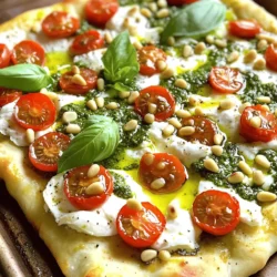 Für ein leckeres Burrata Pesto Flatbread brauchst du einige einfache Zutaten. Hier ist die Liste: - 1 vorgefertigtes Fladenbrot oder Pizzateig - 1 Tasse frisches Basilikumpesto - 1 Tasse Burrata-Käse - 1 Tasse Kirschtomaten, halbiert - 1/4 Tasse Pinienkerne, geröstet - 2 Esslöffel Olivenöl - Salz und Pfeffer nach Geschmack - Frische Basilikumblätter zur Garnitur Diese Zutaten sind leicht zu finden. Das Pesto gibt dem Fladenbrot viel Geschmack. Burrata sorgt für eine cremige Textur, die jeden Bissen besonders macht. Du kannst das Rezept ganz einfach variieren. Hier sind einige Ideen: - Probiere andere Käsesorten wie Mozzarella oder Feta. - Füge Gemüse wie Paprika oder Zucchini hinzu. - Verwende verschiedene Nüsse wie Walnüsse oder Mandeln. Diese Variationen halten dein Flatbread spannend und frisch. Du kannst deine Lieblingszutaten hinzufügen, um es ganz nach deinem Geschmack zu machen. Achte bei der Auswahl der Zutaten auf Qualität. Frisches Basilikumpesto schmeckt am besten. Du kannst auch selbst Pesto machen, wenn du Zeit hast. Wähle Burrata von guter Qualität. Sie sollte frisch und cremig sein. Kirschtomaten sollten reif und süß sein. Kaufe sie am besten auf dem Wochenmarkt oder im Bioladen. Die Pinienkerne sollten geröstet sein, um einen nussigen Geschmack zu bringen. Du kannst sie auch selbst rösten, um das Aroma zu intensivieren. Mit den richtigen Zutaten wird dein Burrata Pesto Flatbread zu einem echten Hit. Für diese einfache Burrata Pesto Flatbread brauchst du frisches Basilikumpesto. Wenn du kein Pesto hast, kannst du es auch selbst machen. Zerkleinere frische Basilikumblätter, Pinienkerne, Knoblauch und Parmesan in einer Küchenmaschine. Füge dann Olivenöl hinzu, bis die Mischung cremig wird. Verwende ein vorgefertigtes Fladenbrot oder Pizzateig. Heize deinen Ofen auf 232°C (450°F) vor. Wenn du Pizzateig verwendest, rolle ihn auf einer bemehlten Fläche dünn aus. Lege das Fladenbrot einfach auf ein Backblech. Verteile das Pesto gleichmäßig und lasse einen kleinen Rand frei. Jetzt kommt der spannende Teil! Zupfe den Burrata-Käse in Stücke und verteile ihn gleichmäßig auf dem Pesto. Die Kirschtomaten halbieren und darauflegen. Würze das Ganze mit Salz und Pfeffer. Beträufle die Oberseite mit etwas Olivenöl. Das gibt extra Geschmack. Backe das Flatbread für etwa 10-15 Minuten. Achte darauf, dass die Ränder goldbraun und knusprig werden. Der Käse sollte leicht schmelzen. Dies ist ein wichtiger Punkt für den perfekten Genuss! Sobald das Flatbread fertig ist, nimm es aus dem Ofen. Streue die gerösteten Pinienkerne darüber. Diese geben einen tollen Biss! Garniere alles mit frischen Basilikumblättern für mehr Farbe und Geschmack. Schneide das Flatbread in Stücke. Serviere es auf einem Holzbrett für einen rustikalen Look. Ein einfacher grüner Salat passt perfekt dazu und bringt Frische in dein Gericht. Um den Geschmack zu verbessern, nutze frische Zutaten. Frisches Basilikumpesto bringt viel Aroma. Wähle die besten Kirschtomaten. Sie sollten reif und süß sein. Röste die Pinienkerne leicht, um ihren Geschmack zu intensivieren. Ein Spritzer Zitrone über das fertige Fladenbrot macht es frisch. Vergiss nicht, das Olivenöl gut zu verteilen. Es sorgt für einen tollen Glanz und Geschmack. Wenn du wenig Zeit hast, nutze fertiges Pesto aus dem Glas. Das spart Zeit und Aufwand. Du kannst auch vorgebackenes Fladenbrot nehmen. So verkürzt du die Backzeit. Für eine schnelle Garnitur kannst du Rucola verwenden, statt frischem Basilikum. Er hat einen tollen Geschmack und sieht schön aus. So hast du schnell ein leckeres Gericht. Ein gutes Backblech ist wichtig. Es sorgt für gleichmäßiges Backen. Benutze ein Nudelholz, wenn du Pizzateig ausrollst. Ein scharfes Messer hilft dir, die Kirschtomaten gut zu schneiden. Ein Esslöffel für das Pesto sorgt für eine gleichmäßige Verteilung. Mit einer großen Schüssel kannst du alles einfach mischen. Diese Utensilien machen die Zubereitung einfach und schnell. {{image_4}} Pesto ist nicht nur grün. Du kannst auch andere Sorten verwenden. Zum Beispiel, versuche Rucola-Pesto für einen scharfen Kick. Tomatenpesto bringt eine süße Note. Du kannst sogar einen veganen Aufstrich machen. Achte darauf, die Basis deiner Wahl frisch zu halten. So bleibt der Geschmack lebendig. Du kannst dein Flatbread leicht anpassen. Füge gegrillte Paprika oder Zucchini hinzu. Oliven können auch ein tolles Extra sein. Wenn du es würziger magst, probiere Jalapeños. Für eine süße Note sind Feigen oder Honig eine gute Wahl. So wird dein Flatbread immer neu und spannend. Möchtest du dein eigenes Flatbread kreieren? Starte mit dem Basisbrot und Pesto. Wähle deine Lieblingszutaten. Zupfe frischen Käse, wie Feta oder Mozzarella, hinzu. Lege die Zutaten gleichmäßig darauf. Du kannst sogar frische Kräuter hinzufügen, um mehr Geschmack zu geben. So wird dein Flatbread ganz einzigartig und lecker. Wenn du Reste hast, bewahre das Fladenbrot in einem luftdichten Behälter auf. So bleibt es frisch und lecker. Achte darauf, es im Kühlschrank zu lagern. Du kannst es bis zu drei Tage aufbewahren. Das Einfrieren ist auch eine gute Option. Schneide das Fladenbrot in Stücke. Wickele jedes Stück in Frischhaltefolie ein. Lege sie dann in einen Gefrierbeutel. So bleibt der Geschmack bis zu zwei Monate erhalten. Um das Fladenbrot aufzuwärmen, nutze den Ofen. Heize ihn auf 175°C vor. Lege das Fladenbrot auf ein Blech und backe es für etwa 8-10 Minuten. So wird es wieder knusprig und der Käse schmilzt perfekt. Du kannst auch eine Pfanne verwenden. Stelle sie auf mittlere Hitze und lege das Fladenbrot hinein. Decke die Pfanne ab, damit es gleichmäßig warm wird. Um die beste Pesto zu machen, brauchst du frisches Basilikum. Hier ist ein einfaches Rezept: - 2 Tassen frisches Basilikum - 1/2 Tasse geröstete Pinienkerne - 1/2 Tasse Parmesan, gerieben - 2-3 Knoblauchzehen - 1/2 Tasse Olivenöl - Salz und Pfeffer nach Geschmack Gib alle Zutaten in einen Mixer. Mische sie, bis die Pesto cremig ist. Du kannst die Konsistenz mit mehr Olivenöl anpassen. Frische Pesto ist schnell und lecker! Ja, du kannst anderen Käse verwenden. Mozzarella ist eine gute Wahl. Auch Feta oder Ricotta passen gut. Jeder Käse bringt seinen eigenen Geschmack. Experimentiere mit verschiedenen Käsesorten. Es macht das Gericht spannend! Du kannst Burrata Pesto Flatbread in vielen italienischen Restaurants finden. Einige Pizzerien bieten es ebenfalls an. Wenn du es selbst machen willst, ist das leicht. Kaufe frische Zutaten in einem Markt oder online. So hast du immer die besten Zutaten parat. Burrata Pesto Flatbread ist eine schmackhafte und vielseitige Speise. Du hast gelernt, welche Zutaten du brauchst, wie du das Pesto zubereitest und das Fladenbrot backst. Tipps und Tricks helfen dir, den Geschmack zu verbessern und Zeit zu sparen. Denk daran, du kannst das Rezept anpassen oder Reste lagern. Experimentiere mit verschiedenen Toppings und bleibe kreativ! Mit diesen Ideen kannst du deine eigene Variante des Fladenbrots kreieren. Nutze die Tipps, um jedes Mal ein köstliches Ergebnis zu erzielen. Viel Spaß beim Zubereiten!