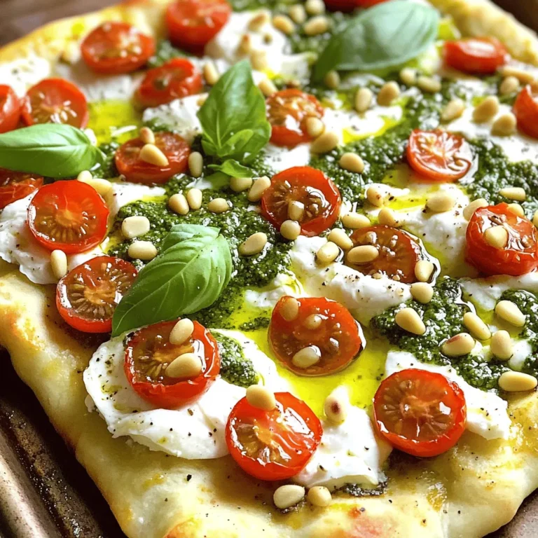 Für ein leckeres Burrata Pesto Flatbread brauchst du einige einfache Zutaten. Hier ist die Liste: - 1 vorgefertigtes Fladenbrot oder Pizzateig - 1 Tasse frisches Basilikumpesto - 1 Tasse Burrata-Käse - 1 Tasse Kirschtomaten, halbiert - 1/4 Tasse Pinienkerne, geröstet - 2 Esslöffel Olivenöl - Salz und Pfeffer nach Geschmack - Frische Basilikumblätter zur Garnitur Diese Zutaten sind leicht zu finden. Das Pesto gibt dem Fladenbrot viel Geschmack. Burrata sorgt für eine cremige Textur, die jeden Bissen besonders macht. Du kannst das Rezept ganz einfach variieren. Hier sind einige Ideen: - Probiere andere Käsesorten wie Mozzarella oder Feta. - Füge Gemüse wie Paprika oder Zucchini hinzu. - Verwende verschiedene Nüsse wie Walnüsse oder Mandeln. Diese Variationen halten dein Flatbread spannend und frisch. Du kannst deine Lieblingszutaten hinzufügen, um es ganz nach deinem Geschmack zu machen. Achte bei der Auswahl der Zutaten auf Qualität. Frisches Basilikumpesto schmeckt am besten. Du kannst auch selbst Pesto machen, wenn du Zeit hast. Wähle Burrata von guter Qualität. Sie sollte frisch und cremig sein. Kirschtomaten sollten reif und süß sein. Kaufe sie am besten auf dem Wochenmarkt oder im Bioladen. Die Pinienkerne sollten geröstet sein, um einen nussigen Geschmack zu bringen. Du kannst sie auch selbst rösten, um das Aroma zu intensivieren. Mit den richtigen Zutaten wird dein Burrata Pesto Flatbread zu einem echten Hit. Für diese einfache Burrata Pesto Flatbread brauchst du frisches Basilikumpesto. Wenn du kein Pesto hast, kannst du es auch selbst machen. Zerkleinere frische Basilikumblätter, Pinienkerne, Knoblauch und Parmesan in einer Küchenmaschine. Füge dann Olivenöl hinzu, bis die Mischung cremig wird. Verwende ein vorgefertigtes Fladenbrot oder Pizzateig. Heize deinen Ofen auf 232°C (450°F) vor. Wenn du Pizzateig verwendest, rolle ihn auf einer bemehlten Fläche dünn aus. Lege das Fladenbrot einfach auf ein Backblech. Verteile das Pesto gleichmäßig und lasse einen kleinen Rand frei. Jetzt kommt der spannende Teil! Zupfe den Burrata-Käse in Stücke und verteile ihn gleichmäßig auf dem Pesto. Die Kirschtomaten halbieren und darauflegen. Würze das Ganze mit Salz und Pfeffer. Beträufle die Oberseite mit etwas Olivenöl. Das gibt extra Geschmack. Backe das Flatbread für etwa 10-15 Minuten. Achte darauf, dass die Ränder goldbraun und knusprig werden. Der Käse sollte leicht schmelzen. Dies ist ein wichtiger Punkt für den perfekten Genuss! Sobald das Flatbread fertig ist, nimm es aus dem Ofen. Streue die gerösteten Pinienkerne darüber. Diese geben einen tollen Biss! Garniere alles mit frischen Basilikumblättern für mehr Farbe und Geschmack. Schneide das Flatbread in Stücke. Serviere es auf einem Holzbrett für einen rustikalen Look. Ein einfacher grüner Salat passt perfekt dazu und bringt Frische in dein Gericht. Um den Geschmack zu verbessern, nutze frische Zutaten. Frisches Basilikumpesto bringt viel Aroma. Wähle die besten Kirschtomaten. Sie sollten reif und süß sein. Röste die Pinienkerne leicht, um ihren Geschmack zu intensivieren. Ein Spritzer Zitrone über das fertige Fladenbrot macht es frisch. Vergiss nicht, das Olivenöl gut zu verteilen. Es sorgt für einen tollen Glanz und Geschmack. Wenn du wenig Zeit hast, nutze fertiges Pesto aus dem Glas. Das spart Zeit und Aufwand. Du kannst auch vorgebackenes Fladenbrot nehmen. So verkürzt du die Backzeit. Für eine schnelle Garnitur kannst du Rucola verwenden, statt frischem Basilikum. Er hat einen tollen Geschmack und sieht schön aus. So hast du schnell ein leckeres Gericht. Ein gutes Backblech ist wichtig. Es sorgt für gleichmäßiges Backen. Benutze ein Nudelholz, wenn du Pizzateig ausrollst. Ein scharfes Messer hilft dir, die Kirschtomaten gut zu schneiden. Ein Esslöffel für das Pesto sorgt für eine gleichmäßige Verteilung. Mit einer großen Schüssel kannst du alles einfach mischen. Diese Utensilien machen die Zubereitung einfach und schnell. {{image_4}} Pesto ist nicht nur grün. Du kannst auch andere Sorten verwenden. Zum Beispiel, versuche Rucola-Pesto für einen scharfen Kick. Tomatenpesto bringt eine süße Note. Du kannst sogar einen veganen Aufstrich machen. Achte darauf, die Basis deiner Wahl frisch zu halten. So bleibt der Geschmack lebendig. Du kannst dein Flatbread leicht anpassen. Füge gegrillte Paprika oder Zucchini hinzu. Oliven können auch ein tolles Extra sein. Wenn du es würziger magst, probiere Jalapeños. Für eine süße Note sind Feigen oder Honig eine gute Wahl. So wird dein Flatbread immer neu und spannend. Möchtest du dein eigenes Flatbread kreieren? Starte mit dem Basisbrot und Pesto. Wähle deine Lieblingszutaten. Zupfe frischen Käse, wie Feta oder Mozzarella, hinzu. Lege die Zutaten gleichmäßig darauf. Du kannst sogar frische Kräuter hinzufügen, um mehr Geschmack zu geben. So wird dein Flatbread ganz einzigartig und lecker. Wenn du Reste hast, bewahre das Fladenbrot in einem luftdichten Behälter auf. So bleibt es frisch und lecker. Achte darauf, es im Kühlschrank zu lagern. Du kannst es bis zu drei Tage aufbewahren. Das Einfrieren ist auch eine gute Option. Schneide das Fladenbrot in Stücke. Wickele jedes Stück in Frischhaltefolie ein. Lege sie dann in einen Gefrierbeutel. So bleibt der Geschmack bis zu zwei Monate erhalten. Um das Fladenbrot aufzuwärmen, nutze den Ofen. Heize ihn auf 175°C vor. Lege das Fladenbrot auf ein Blech und backe es für etwa 8-10 Minuten. So wird es wieder knusprig und der Käse schmilzt perfekt. Du kannst auch eine Pfanne verwenden. Stelle sie auf mittlere Hitze und lege das Fladenbrot hinein. Decke die Pfanne ab, damit es gleichmäßig warm wird. Um die beste Pesto zu machen, brauchst du frisches Basilikum. Hier ist ein einfaches Rezept: - 2 Tassen frisches Basilikum - 1/2 Tasse geröstete Pinienkerne - 1/2 Tasse Parmesan, gerieben - 2-3 Knoblauchzehen - 1/2 Tasse Olivenöl - Salz und Pfeffer nach Geschmack Gib alle Zutaten in einen Mixer. Mische sie, bis die Pesto cremig ist. Du kannst die Konsistenz mit mehr Olivenöl anpassen. Frische Pesto ist schnell und lecker! Ja, du kannst anderen Käse verwenden. Mozzarella ist eine gute Wahl. Auch Feta oder Ricotta passen gut. Jeder Käse bringt seinen eigenen Geschmack. Experimentiere mit verschiedenen Käsesorten. Es macht das Gericht spannend! Du kannst Burrata Pesto Flatbread in vielen italienischen Restaurants finden. Einige Pizzerien bieten es ebenfalls an. Wenn du es selbst machen willst, ist das leicht. Kaufe frische Zutaten in einem Markt oder online. So hast du immer die besten Zutaten parat. Burrata Pesto Flatbread ist eine schmackhafte und vielseitige Speise. Du hast gelernt, welche Zutaten du brauchst, wie du das Pesto zubereitest und das Fladenbrot backst. Tipps und Tricks helfen dir, den Geschmack zu verbessern und Zeit zu sparen. Denk daran, du kannst das Rezept anpassen oder Reste lagern. Experimentiere mit verschiedenen Toppings und bleibe kreativ! Mit diesen Ideen kannst du deine eigene Variante des Fladenbrots kreieren. Nutze die Tipps, um jedes Mal ein köstliches Ergebnis zu erzielen. Viel Spaß beim Zubereiten!