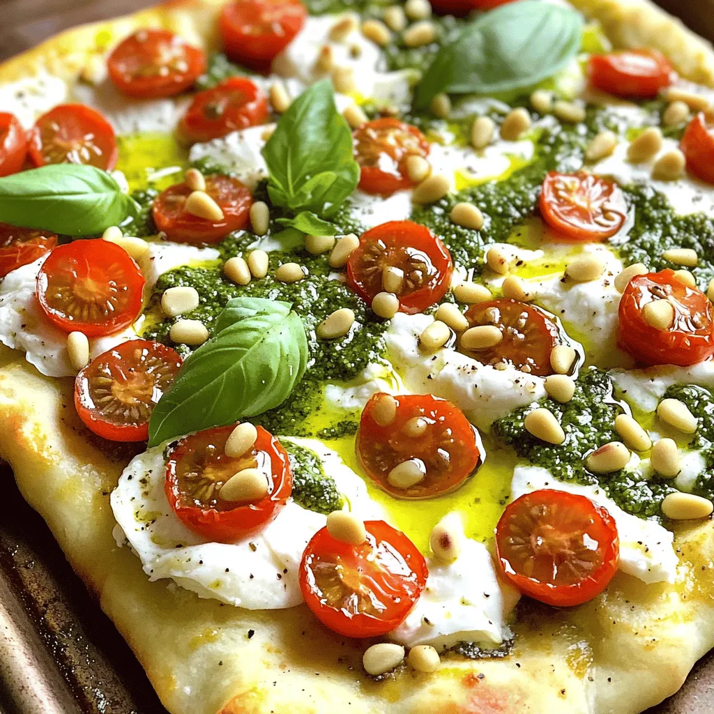 Für ein leckeres Burrata Pesto Flatbread brauchst du einige einfache Zutaten. Hier ist die Liste: - 1 vorgefertigtes Fladenbrot oder Pizzateig - 1 Tasse frisches Basilikumpesto - 1 Tasse Burrata-Käse - 1 Tasse Kirschtomaten, halbiert - 1/4 Tasse Pinienkerne, geröstet - 2 Esslöffel Olivenöl - Salz und Pfeffer nach Geschmack - Frische Basilikumblätter zur Garnitur Diese Zutaten sind leicht zu finden. Das Pesto gibt dem Fladenbrot viel Geschmack. Burrata sorgt für eine cremige Textur, die jeden Bissen besonders macht. Du kannst das Rezept ganz einfach variieren. Hier sind einige Ideen: - Probiere andere Käsesorten wie Mozzarella oder Feta. - Füge Gemüse wie Paprika oder Zucchini hinzu. - Verwende verschiedene Nüsse wie Walnüsse oder Mandeln. Diese Variationen halten dein Flatbread spannend und frisch. Du kannst deine Lieblingszutaten hinzufügen, um es ganz nach deinem Geschmack zu machen. Achte bei der Auswahl der Zutaten auf Qualität. Frisches Basilikumpesto schmeckt am besten. Du kannst auch selbst Pesto machen, wenn du Zeit hast. Wähle Burrata von guter Qualität. Sie sollte frisch und cremig sein. Kirschtomaten sollten reif und süß sein. Kaufe sie am besten auf dem Wochenmarkt oder im Bioladen. Die Pinienkerne sollten geröstet sein, um einen nussigen Geschmack zu bringen. Du kannst sie auch selbst rösten, um das Aroma zu intensivieren. Mit den richtigen Zutaten wird dein Burrata Pesto Flatbread zu einem echten Hit. Für diese einfache Burrata Pesto Flatbread brauchst du frisches Basilikumpesto. Wenn du kein Pesto hast, kannst du es auch selbst machen. Zerkleinere frische Basilikumblätter, Pinienkerne, Knoblauch und Parmesan in einer Küchenmaschine. Füge dann Olivenöl hinzu, bis die Mischung cremig wird. Verwende ein vorgefertigtes Fladenbrot oder Pizzateig. Heize deinen Ofen auf 232°C (450°F) vor. Wenn du Pizzateig verwendest, rolle ihn auf einer bemehlten Fläche dünn aus. Lege das Fladenbrot einfach auf ein Backblech. Verteile das Pesto gleichmäßig und lasse einen kleinen Rand frei. Jetzt kommt der spannende Teil! Zupfe den Burrata-Käse in Stücke und verteile ihn gleichmäßig auf dem Pesto. Die Kirschtomaten halbieren und darauflegen. Würze das Ganze mit Salz und Pfeffer. Beträufle die Oberseite mit etwas Olivenöl. Das gibt extra Geschmack. Backe das Flatbread für etwa 10-15 Minuten. Achte darauf, dass die Ränder goldbraun und knusprig werden. Der Käse sollte leicht schmelzen. Dies ist ein wichtiger Punkt für den perfekten Genuss! Sobald das Flatbread fertig ist, nimm es aus dem Ofen. Streue die gerösteten Pinienkerne darüber. Diese geben einen tollen Biss! Garniere alles mit frischen Basilikumblättern für mehr Farbe und Geschmack. Schneide das Flatbread in Stücke. Serviere es auf einem Holzbrett für einen rustikalen Look. Ein einfacher grüner Salat passt perfekt dazu und bringt Frische in dein Gericht. Um den Geschmack zu verbessern, nutze frische Zutaten. Frisches Basilikumpesto bringt viel Aroma. Wähle die besten Kirschtomaten. Sie sollten reif und süß sein. Röste die Pinienkerne leicht, um ihren Geschmack zu intensivieren. Ein Spritzer Zitrone über das fertige Fladenbrot macht es frisch. Vergiss nicht, das Olivenöl gut zu verteilen. Es sorgt für einen tollen Glanz und Geschmack. Wenn du wenig Zeit hast, nutze fertiges Pesto aus dem Glas. Das spart Zeit und Aufwand. Du kannst auch vorgebackenes Fladenbrot nehmen. So verkürzt du die Backzeit. Für eine schnelle Garnitur kannst du Rucola verwenden, statt frischem Basilikum. Er hat einen tollen Geschmack und sieht schön aus. So hast du schnell ein leckeres Gericht. Ein gutes Backblech ist wichtig. Es sorgt für gleichmäßiges Backen. Benutze ein Nudelholz, wenn du Pizzateig ausrollst. Ein scharfes Messer hilft dir, die Kirschtomaten gut zu schneiden. Ein Esslöffel für das Pesto sorgt für eine gleichmäßige Verteilung. Mit einer großen Schüssel kannst du alles einfach mischen. Diese Utensilien machen die Zubereitung einfach und schnell. {{image_4}} Pesto ist nicht nur grün. Du kannst auch andere Sorten verwenden. Zum Beispiel, versuche Rucola-Pesto für einen scharfen Kick. Tomatenpesto bringt eine süße Note. Du kannst sogar einen veganen Aufstrich machen. Achte darauf, die Basis deiner Wahl frisch zu halten. So bleibt der Geschmack lebendig. Du kannst dein Flatbread leicht anpassen. Füge gegrillte Paprika oder Zucchini hinzu. Oliven können auch ein tolles Extra sein. Wenn du es würziger magst, probiere Jalapeños. Für eine süße Note sind Feigen oder Honig eine gute Wahl. So wird dein Flatbread immer neu und spannend. Möchtest du dein eigenes Flatbread kreieren? Starte mit dem Basisbrot und Pesto. Wähle deine Lieblingszutaten. Zupfe frischen Käse, wie Feta oder Mozzarella, hinzu. Lege die Zutaten gleichmäßig darauf. Du kannst sogar frische Kräuter hinzufügen, um mehr Geschmack zu geben. So wird dein Flatbread ganz einzigartig und lecker. Wenn du Reste hast, bewahre das Fladenbrot in einem luftdichten Behälter auf. So bleibt es frisch und lecker. Achte darauf, es im Kühlschrank zu lagern. Du kannst es bis zu drei Tage aufbewahren. Das Einfrieren ist auch eine gute Option. Schneide das Fladenbrot in Stücke. Wickele jedes Stück in Frischhaltefolie ein. Lege sie dann in einen Gefrierbeutel. So bleibt der Geschmack bis zu zwei Monate erhalten. Um das Fladenbrot aufzuwärmen, nutze den Ofen. Heize ihn auf 175°C vor. Lege das Fladenbrot auf ein Blech und backe es für etwa 8-10 Minuten. So wird es wieder knusprig und der Käse schmilzt perfekt. Du kannst auch eine Pfanne verwenden. Stelle sie auf mittlere Hitze und lege das Fladenbrot hinein. Decke die Pfanne ab, damit es gleichmäßig warm wird. Um die beste Pesto zu machen, brauchst du frisches Basilikum. Hier ist ein einfaches Rezept: - 2 Tassen frisches Basilikum - 1/2 Tasse geröstete Pinienkerne - 1/2 Tasse Parmesan, gerieben - 2-3 Knoblauchzehen - 1/2 Tasse Olivenöl - Salz und Pfeffer nach Geschmack Gib alle Zutaten in einen Mixer. Mische sie, bis die Pesto cremig ist. Du kannst die Konsistenz mit mehr Olivenöl anpassen. Frische Pesto ist schnell und lecker! Ja, du kannst anderen Käse verwenden. Mozzarella ist eine gute Wahl. Auch Feta oder Ricotta passen gut. Jeder Käse bringt seinen eigenen Geschmack. Experimentiere mit verschiedenen Käsesorten. Es macht das Gericht spannend! Du kannst Burrata Pesto Flatbread in vielen italienischen Restaurants finden. Einige Pizzerien bieten es ebenfalls an. Wenn du es selbst machen willst, ist das leicht. Kaufe frische Zutaten in einem Markt oder online. So hast du immer die besten Zutaten parat. Burrata Pesto Flatbread ist eine schmackhafte und vielseitige Speise. Du hast gelernt, welche Zutaten du brauchst, wie du das Pesto zubereitest und das Fladenbrot backst. Tipps und Tricks helfen dir, den Geschmack zu verbessern und Zeit zu sparen. Denk daran, du kannst das Rezept anpassen oder Reste lagern. Experimentiere mit verschiedenen Toppings und bleibe kreativ! Mit diesen Ideen kannst du deine eigene Variante des Fladenbrots kreieren. Nutze die Tipps, um jedes Mal ein köstliches Ergebnis zu erzielen. Viel Spaß beim Zubereiten!