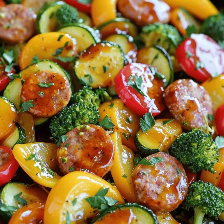 - 4 Hähnchen- oder Truthahnwürste, in Scheiben geschnitten - 1 rote Paprika, in Streifen geschnitten - 1 gelbe Paprika, in Streifen geschnitten - 1 mittelgroße Zucchini, in Scheiben geschnitten - 1 Tasse Brokkoliröschen Die Hauptzutaten sind einfach zu finden. Ich mag Hähnchen- oder Truthahnwürste, weil sie weniger Fett haben. Die bunten Paprika bringen Farbe und Geschmack. Zucchini und Brokkoli sind toll für die Gesundheit und geben ein gutes Gefühl beim Essen. - 3 Esslöffel Honig - 2 Esslöffel Sojasauce (oder Tamari für glutenfrei) - 2 Knoblauchzehen, fein gehackt - 1 Esslöffel Olivenöl - 1 Teelöffel getrockneter Thymian - Salz und Pfeffer nach Geschmack Die Gewürze machen das Gericht besonders. Honig gibt Süße, während Sojasauce den Umami-Geschmack bringt. Knoblauch hat einen starken Geschmack. Thymian gibt eine frische Note. Vergessen Sie nicht, mit Salz und Pfeffer abzuschmecken. - Frische Petersilie Die frische Petersilie ist optional, aber ich empfehle sie. Sie sieht toll aus und bringt Frische ins Gericht. Fügen Sie sie kurz vor dem Servieren hinzu, um die Farben zu betonen. Heize deinen Ofen auf 200°C (400°F) vor. Diese Temperatur sorgt für eine perfekte Garung. Während der Ofen aufheizt, schneide das Gemüse und die Würste. Nimm 4 Hähnchen- oder Truthahnwürste und schneide sie in Scheiben. Schneide die rote und gelbe Paprika in Streifen. Auch die Zucchini sollte in Scheiben geschnitten werden. Vergiss nicht, eine Tasse Brokkoli in Röschen zu teilen. So hast du eine bunte Mischung. Jetzt kommt der spannende Teil: die Marinade. In einer großen Schüssel mische 3 Esslöffel Honig, 2 Esslöffel Sojasauce, 2 fein gehackte Knoblauchzehen, 1 Esslöffel Olivenöl, 1 Teelöffel getrockneten Thymian, sowie Salz und Pfeffer nach Geschmack. Rühre alles gut um. Diese Mischung verleiht deinem Gericht einen tollen Geschmack. Gieße die Honig-Knoblauch-Mischung über die Wurst- und Gemüsemischung. Mische alles vorsichtig, bis alles gut überzogen ist. Verteile die Mischung gleichmäßig auf einem großen Backblech. Stelle sicher, dass alles gut Platz hat. Schiebe das Blech in den heißen Ofen. Backe das Gericht für 25-30 Minuten. Mische es nach der Hälfte der Zeit. So wird alles gleichmäßig gar. Wenn du eine schönere Karamellisierung möchtest, lege es für weitere 2-3 Minuten unter den Grill. Um sicherzustellen, dass die Würste gar sind, schneide eine Wurst auf. Das Fleisch sollte nicht mehr rosa sein. Verwende ein Fleischthermometer, um die Temperatur zu prüfen. Die Innentemperatur sollte 75°C erreichen. Die Garzeit für das Gemüse kann variieren. Zucchini und Paprika garen schnell, während Brokkoli etwas länger braucht. Halte das Gemüse gleichmäßig geschnitten, damit es gleichmäßig gart. Du kannst die Aromen mit weiteren Gewürzen und Kräutern verstärken. Füge etwas Paprikapulver oder Kreuzkümmel hinzu. Dies gibt dem Gericht mehr Tiefe. Die Honig-Knoblauch-Sauce kann ebenfalls variieren. Probiere, etwas Ingwer oder Chili für einen Kick hinzuzufügen. Du kannst auch Honig durch Ahornsirup ersetzen. Die Anrichtung macht viel aus. Serviere das Gericht in einer großen Schüssel. Füge frische Petersilie für Farbe hinzu. Du kannst auch etwas Sesam darüber streuen. Denke daran, das Gericht warm zu servieren. Das sieht nicht nur gut aus, sondern schmeckt auch besser! {{image_4}} Du kannst verschiedene Wurstsorten verwenden. Hähnchen- oder Truthahnwürste passen gut. Wenn du etwas Würziges magst, probiere Chorizo oder italienische Würste. Auch Bratwürste sind eine tolle Option. Für das Gemüse kannst du neue Sorten ausprobieren. Karotten, grüne Bohnen oder Blumenkohl sind gute Alternativen. Du kannst auch die Farben der Paprika ändern. Das bringt mehr Vielfalt auf den Teller. Wenn du glutenfreie Optionen suchst, nutze Tamari statt Sojasauce. Diese Sauce schmeckt ähnlich und ist perfekt für Allergiker. Um die Kalorien zu reduzieren, kannst du weniger Honig verwenden. Achte darauf, trotzdem den süßen Geschmack zu behalten. Für eine vegetarische Variante, ersetze die Wurst durch Tofuwürfel oder Kichererbsen. So erhältst du eine gesunde, pflanzliche Mahlzeit. Die Wahl des Gemüses kann sich je nach Saison ändern. Im Frühling sind Spargel und Erbsen frisch. Im Sommer sind Zucchini und Tomaten ideal. Im Herbst kannst du Kürbis und Rosenkohl verwenden. Im Winter sind Wurzelgemüse wie Karotten und Rüben perfekt. Diese saisonalen Zutaten bringen frische Aromen und Nährstoffe in dein Gericht. - Kühlung und Einfrieren: Bewahre die Reste in einem luftdichten Behälter auf. Stelle sicher, dass sie abgekühlt sind, bevor du sie in den Kühlschrank stellst. So bleiben die Aromen frisch. Du kannst die Reste auch einfrieren. Verwende gefrierfeste Beutel oder Behälter. So bleiben sie bis zu drei Monate haltbar. - Tipps zur Aufbewahrung: Etikettiere die Behälter mit dem Datum. So weißt du, wie alt die Reste sind. Stelle sicher, dass die Reste nicht zu lange im Kühlschrank bleiben, um die Frische zu garantieren. - Beste Methoden zum Aufwärmen der Reste: Die Reste in der Mikrowelle sind schnell warm. Verwende eine mikrowellengeeignete Schüssel, decke sie ab, und erwärme sie in kurzen Zeitintervallen. Du kannst auch einen Ofen verwenden. Heize ihn auf 180°C (350°F) vor und backe die Reste für etwa 10-15 Minuten, bis sie heiß sind. So bleibt das Gemüse knackig und die Wurst zart. - Wie lange sind die Zutaten haltbar?: Hähnchen- oder Truthahnwürste sind im Kühlschrank 1-2 Tage haltbar, wenn sie frisch sind. Geöffnetes Gemüse hält sich etwa 3-5 Tage im Kühlschrank. Honig kann fast unbegrenzt haltbar sein, während Sojasauce auch lange hält, wenn sie kühl lagert. Zucchini und Paprika sind etwa 1 Woche frisch. Achte darauf, die Zutaten gut zu lagern, um die Haltbarkeit zu maximieren. Die Zubereitung des Ein-Pfannen Honig Knoblauch Wurst & Gemüse dauert insgesamt 40 Minuten. Die Vorbereitungszeit beträgt etwa 10 Minuten. Dann backen Sie das Gericht im Ofen für 25-30 Minuten. Es ist einfach und schnell, was es perfekt für ein schnelles Abendessen macht. Ja, Sie können das Rezept im Voraus zubereiten. Schneiden Sie das Gemüse und die Würste einen Tag zuvor. Bewahren Sie sie in einem luftdichten Behälter im Kühlschrank auf. Mischen Sie die Marinade ebenfalls im Voraus. So sparen Sie Zeit am Abend, wenn es schnell gehen muss. Ja, das Gericht kann glutenfrei zubereitet werden. Verwenden Sie einfach Tamari anstelle von Sojasauce. Achten Sie darauf, dass alle anderen Zutaten auch glutenfrei sind. So genießen Sie ein leckeres Gericht ohne Gluten. Zusammenfassend bietet dieses Rezept eine einfache und schmackhafte Möglichkeit, Hähnchen- oder Truthahnwürste mit buntem Gemüse zu genießen. Wir haben verschiedene Schritte behandelt, von der Vorbereitung und Marinierung bis hin zu hilfreichen Tipps für die perfekte Garzeit. Egal, ob Sie etwas Gesundes oder eine Variante für besondere Ernährungsbedürfnisse suchen, hier finden Sie Optionen. Experimentieren Sie mit verschiedenen Zutaten und genießen Sie die Vielfalt! Ihre Geschmacksknospen werden es Ihnen danken.