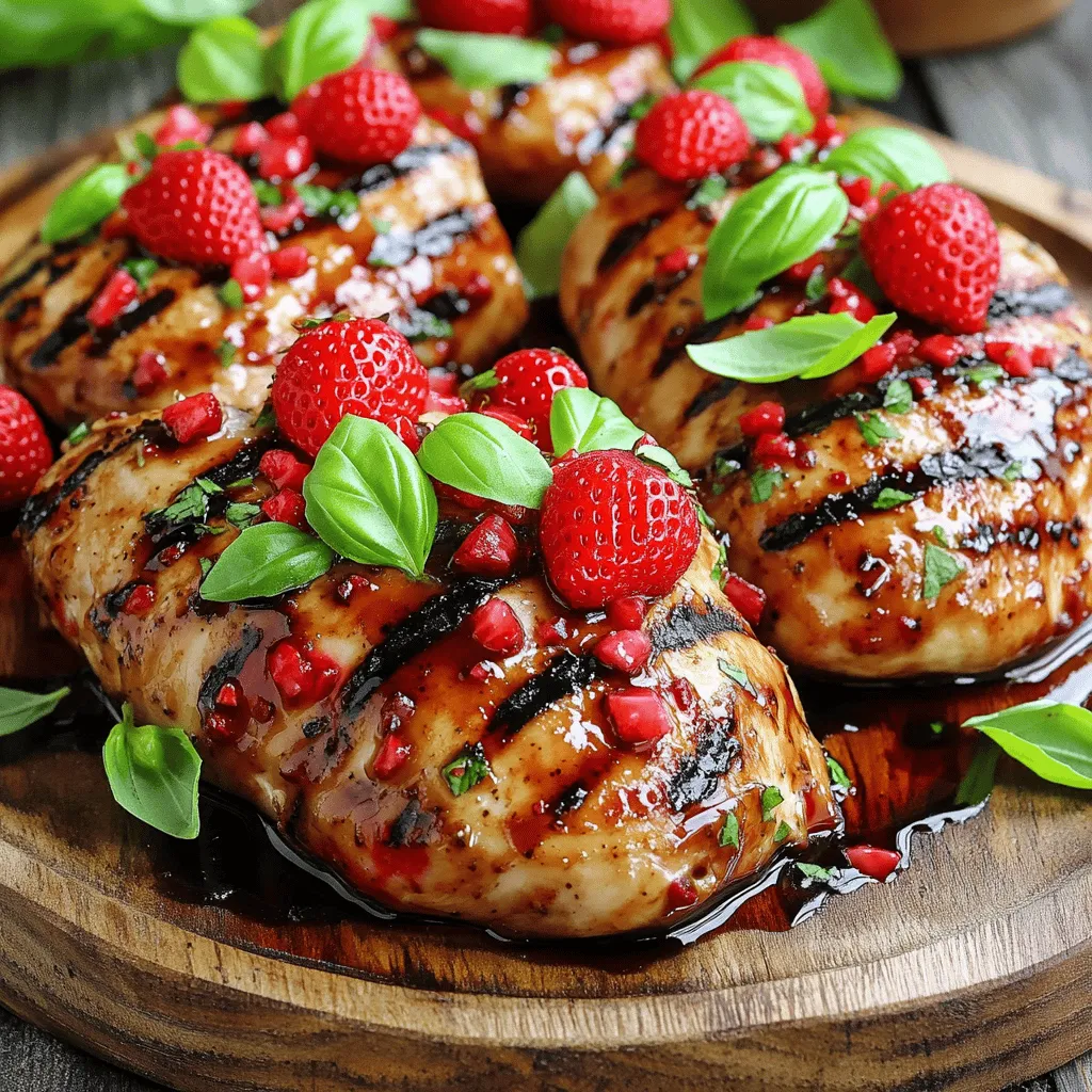 - Hähnchenbrustfilets: Diese zarten Filets sind die Hauptzutat. Sie sind mager und nehmen die Marinade gut auf. - Erdbeeren und Balsamico-Essig: Die süßen, saftigen Erdbeeren passen perfekt zum würzigen Balsamico. Diese Kombination bringt frische Aromen. - Honig und Olivenöl: Honig gibt Süße, während Olivenöl für eine schöne Textur sorgt. Beide Zutaten machen die Marinade reichhaltig und lecker. - Knoblauchpulver: Dieses Gewürz fügt einen herzhaften Geschmack hinzu. Es verstärkt den Gesamtgeschmack der Marinade. - Salz und Pfeffer: Diese Grundgewürze bringen den Geschmack der Zutaten zur Geltung. Sie sind wichtig für die richtige Balance. - Frische Basilikumblätter zur Garnitur: Diese Blätter geben Farbe und einen frischen Geschmack. Sie machen das Gericht noch ansprechender. Vorbereitung der Marinade Zuerst machen wir die Marinade. In einer Schüssel mischen wir den Balsamico-Essig, Honig, Olivenöl, Knoblauchpulver, Salz und Pfeffer. Rühren Sie alles gut um. Diese Mischung macht das Hähnchen saftig und würzig. Einlegen der Hähnchenbrustfilets Jetzt kommen die Hähnchenbrustfilets dazu. Legen Sie sie in die Marinade und stellen Sie sicher, dass sie gut bedeckt sind. Lassen Sie das Hähnchen mindestens 30 Minuten im Kühlschrank. Je länger, desto besser. Eine Stunde ist optimal für mehr Geschmack. Vorheizen des Grills Heizen Sie den Grill oder eine Grillpfanne auf mittlere bis hohe Hitze vor. Ein heißer Grill sorgt für eine schöne Kruste. Dies ist wichtig für den Geschmack und die Textur. Grillzeit und Temperaturkontrolle Nehmen Sie die Hähnchenbrustfilets aus der Marinade. Bewahren Sie die Marinade für später auf. Grillen Sie das Hähnchen etwa 6-7 Minuten auf jeder Seite. Überprüfen Sie die Innentemperatur. Sie sollte 75°C (165°F) erreichen, um sicher zu sein. Eintopfen der Marinade mit Erdbeeren Während das Hähnchen grillt, nehmen Sie die aufbewahrte Marinade und geben Sie sie in einen kleinen Topf. Fügen Sie die geschnittenen Erdbeeren hinzu. Lassen Sie die Mischung bei mittlerer Hitze köcheln. Es sollte etwa 5-7 Minuten dauern, bis die Sauce dick wird. Gemüse und Geschmack integrieren Rühren Sie gelegentlich um, damit nichts anbrennt. Die Erdbeeren werden weich und geben einen süßen Geschmack. Diese Sauce wird das Hähnchen perfekt ergänzen. Wenn das Hähnchen fertig ist, träufeln Sie die Balsamico-Erdbeersauce darüber. Garnieren Sie mit frischen Basilikumblättern für einen tollen Look und Geschmack. - Optimale Marinierzeit: Marinieren Sie das Hähnchen mindestens 30 Minuten. Eine Stunde bringt noch mehr Geschmack. - Verwendung von frischen Zutaten: Frische Erdbeeren und hochwertiger Balsamico-Essig machen den Unterschied. Sie sorgen für einen intensiven Geschmack. - Ideale Grillhitze: Heizen Sie den Grill auf mittlere bis hohe Hitze vor. So bleibt das Hähnchen saftig und zart. - Überwachung der Garzeit: Grillen Sie das Hähnchen 6-7 Minuten pro Seite. Nutzen Sie ein Thermometer. Die Innentemperatur sollte 75°C erreichen. - Anrichtemöglichkeiten: Servieren Sie das Hähnchen auf einer großen Platte. Träufeln Sie die Erdbeersauce darüber. - Dekorative Elemente hinzufügen: Streuen Sie frische Basilikumblätter darüber. Fügen Sie einige Erdbeerscheiben an die Seite für eine hübsche Note hinzu. {{image_4}} Verwendung von Hähnchenschenkeln Hähnchenschenkel sind eine saftige Wahl. Sie haben mehr Geschmack als Brustfilets. Marinieren Sie die Schenkel wie im Rezept. Grillen Sie sie dann bis sie gar sind. Diese Version wird besonders lecker und zart. Vegetarische Alternativen Für eine vegetarische Option können Sie Tofu verwenden. Schneiden Sie den Tofu in dicke Scheiben. Marinieren Sie ihn dann in der gleichen Mischung. Grillen Sie die Tofuscheiben für 5-6 Minuten pro Seite. So erhalten Sie eine köstliche und fleischlose Variante. Integration von anderen Früchten Sie können auch andere Früchte hinzuzufügen. Zum Beispiel eignen sich Pfirsiche oder Ananas gut. Schneiden Sie sie in Scheiben und grillen Sie sie kurz. Diese Früchte bringen eine süße Note in das Gericht. Anpassung der Gewürze Experimentieren Sie mit verschiedenen Gewürzen. Zum Beispiel können Sie Chili für etwas Schärfe verwenden. Oder probieren Sie Rosmarin für einen anderen Geschmack. Diese Änderungen können das Gericht aufregend machen. Passende Salate und Beilagen Ein frischer grüner Salat passt gut dazu. Ein einfacher Salat mit Rucola und Feta ist ideal. Auch Quinoa oder Reis sind tolle Beilagen. Sie ergänzen das Hähnchen perfekt. Ergänzende Saucen Zusätzlich zur Balsamico-Sauce können Sie Joghurtsauce anbieten. Diese bringt eine kühle Note. Auch eine pikante BBQ-Sauce kann gut harmonieren. Sie sorgt für einen neuen Geschmack. - Haltbarkeit der Reste: Die Reste von Balsamico-glasiertem Erdbeer-Hühnchen halten sich gut im Kühlschrank. Sie bleiben frisch für drei bis vier Tage. Achten Sie darauf, sie in einem luftdichten Behälter zu lagern. - Tipps zur richtigen Lagerung: Um die Qualität zu erhalten, lassen Sie das Hühnchen auf Raumtemperatur abkühlen, bevor Sie es in den Kühlschrank stellen. Vermeiden Sie es, heiße Speisen direkt in den Kühlschrank zu geben. Dies hilft, die Temperatur im Kühlschrank stabil zu halten. - Anleitungen zum Einfrieren: Wenn Sie mehr Balsamico-glasiertes Erdbeer-Hühnchen machen, können Sie es leicht einfrieren. Lassen Sie es vollständig abkühlen und legen Sie es dann in einen gefriergeeigneten Behälter oder einen Gefrierbeutel. Vergessen Sie nicht, das Datum zu markieren. - Auftauen und Wiederaufwärmen: Um das Hühnchen aufzutauen, legen Sie es über Nacht in den Kühlschrank. Für das Aufwärmen können Sie es im Ofen bei 175°C oder in der Mikrowelle bei mittlerer Leistung erwärmen. Achten Sie darauf, dass das Hühnchen vollständig durchgeheizt ist, bevor Sie es servieren. Das Hähnchen sollte mindestens 30 Minuten marinieren. Ich empfehle eine Stunde für den besten Geschmack. Der Balsamico-Essig und der Honig ziehen gut in das Fleisch ein. So wird es zart und voll von Aromen. Wenn Sie mehr Zeit haben, können Sie das Hähnchen bis zu vier Stunden marinieren. Aber 30 Minuten reichen auch aus, um einen guten Geschmack zu erhalten. Ja, Sie können die Sauce vorher machen. Kochen Sie die Marinade mit den Erdbeeren, bis sie dick wird. Lassen Sie die Sauce abkühlen und bewahren Sie sie im Kühlschrank auf. Wenn Sie bereit sind, das Hähnchen zu servieren, erwärmen Sie die Sauce leicht. So sparen Sie Zeit beim Kochen und erhalten dennoch einen tollen Geschmack. Zu diesem Gericht passen viele Beilagen gut. Ein frischer Salat mit grünen Blättern ist eine tolle Wahl. Auch Reis oder Quinoa ergänzen das Hühnchen gut. Für Getränke empfehle ich ein leichtes Weißbier oder einen Roséwein. Sie verleihen dem Essen einen frischen Kick. Zusammenfassend haben wir die Zutaten für das Balsamico-Glasierte Erdbeer-Hühnchen erkundet. Wir haben besprochen, wie man das Hähnchen marinieren und grillen sollte und wie man die leckere Sauce zubereitet. Zudem gab es wertvolle Tipps zur Grilltechniken und Lagerung. Experimentiere mit Variationen oder Beilagen, um das Gericht zu personalisieren. So wird jede Mahlzeit zum Genuss. Viel Spaß beim Kochen und Genießen!