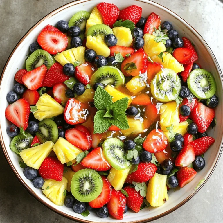 Um einen leckeren Honig-Limetten-Fruchtsalat zu machen, brauchst du frische Früchte. Hier sind die Hauptzutaten: - 2 Tassen Erdbeeren, entkelcht und in Scheiben geschnitten - 2 Tassen Ananasstücke, frisch oder aus der Dose - 1 Tasse Blaubeeren - 1 Tasse Kiwi, geschält und in Scheiben geschnitten - 1 Tasse frische Minzblätter, grob gehackt Diese Früchte bringen Farbe und Geschmack. Die Erdbeeren sind süß, die Ananas fruchtig, und die Blaubeeren sind saftig. Die Kiwi fügt eine schöne Säure hinzu. Die Minze bringt Frische. Das Dressing macht deinen Salat besonders lecker. Hier sind die Zutaten für das Honig-Limetten-Dressing: - 3 Esslöffel Honig - 3 Esslöffel Limettensaft - Abrieb von 1 Limette - Eine Prise Salz Der Honig gibt Süße. Der Limettensaft sorgt für Frische und Säure. Der Abrieb von Limette verstärkt den Geschmack. Die Prise Salz hebt die Aromen hervor. Um den besten Fruchtsalat zu machen, wähle frische und reife Früchte. Hier sind einige Tipps: - Achte auf die Farbe: Je lebendiger, desto besser. - Berühre die Früchte: Sie sollten fest, aber nicht hart sein. - Rieche an den Früchten: Sie sollten frisch und fruchtig duften. - Kaufe saisonale Früchte: Sie sind oft günstiger und schmecken besser. Mit diesen Tipps findest du die besten Zutaten für deinen Honig-Limetten-Fruchtsalat. Beginne mit den Erdbeeren. Entkelche sie und schneide sie in Scheiben. Nimm dann die Ananas. Du kannst frische Ananas oder die aus der Dose verwenden. Falls du frische Ananas nimmst, schneide sie in kleine Stücke. Als Nächstes wasche die Blaubeeren gut. Sie werden ganz in den Salat kommen. Nun schäle die Kiwi und schneide sie in Scheiben. Am Ende hacke die frischen Minzblätter grob. Alle Früchte sollten in einer großen Schüssel landen. Für das Dressing nimm eine kleine Schüssel. Gib dort drei Esslöffel Honig. Füge auch drei Esslöffel Limettensaft hinzu. Dann reibe die Schale von einer Limette hinein. Eine Prise Salz darf nicht fehlen. Rühre alles gut um, bis die Mischung gleichmäßig aussieht. Das Dressing wird süß und sauer sein, perfekt für den Fruchtsalat. Gieße das Honig-Limetten-Dressing über die Früchte in der großen Schüssel. Mische die Früchte sanft. Achte darauf, dass alle Früchte gut mit dem Dressing überzogen sind. Jetzt kommen die gehackten Minzblätter dazu. Mische alles noch einmal vorsichtig. Decke die Schüssel mit Frischhaltefolie ab. Lass den Salat für etwa 30 Minuten im Kühlschrank. So verbinden sich die Aromen gut. Serviere den Salat in kleinen Schalen oder in einer großen Schüssel. Garniere nach Wunsch mit weiteren Minzblättern. Um den Geschmack zu intensivieren, nutze frische Früchte. Wähle reife Erdbeeren und saftige Ananas. Der Limettenabrieb bringt Frische und Tiefe in den Salat. Eine Prise Salz hebt die Süße der Früchte hervor. Du kannst auch etwas Ingwer hinzufügen, um eine würzige Note zu erreichen. Bereite den Salat am besten 30 Minuten vor dem Servieren vor. So können die Aromen gut ziehen. Serviere ihn in klaren Schalen, um die bunten Farben zu zeigen. Garnieren mit frischen Minzblättern macht ihn noch ansprechender. Dieser Salat passt gut zu Grillabenden oder als leichtes Dessert. Du kannst das Rezept leicht anpassen. Füge deine Lieblingsfrüchte hinzu, wie Mango oder Trauben. Für einen knackigen Biss, gib Nüsse oder Samen dazu. Wenn du es süßer magst, erhöhe die Menge an Honig. Für einen extra Frischekick, probiere Limettenscheiben als Garnitur. {{image_4}} Du kannst mit diesem Honig-Limetten-Fruchtsalat für jede Saison spielen. Im Frühling sind Erdbeeren und Ananas frisch und süß. Im Sommer passen Wassermelonen und Pfirsiche gut dazu. Im Herbst kannst du Birnen und Äpfel verwenden. Im Winter sind Zitrusfrüchte wie Orangen und Grapefruits großartig. Jede Kombination bringt frische Farben und Aromen. Um den Salat noch reicher zu machen, füge griechischen Joghurt hinzu. Du kannst eine Schicht Joghurt in die Schüssel geben. Dann gib die Früchte darüber. Das macht den Salat cremiger und sättigender. Du kannst auch einen Spritzer Honig über den Joghurt träufeln, um die Süße zu erhöhen. Der Honig-Limetten-Fruchtsalat ist leicht anpassbar. Wenn du vegan bist, ersetze den Honig durch Agavendicksaft oder Ahornsirup. Diese Alternativen sind ebenfalls süß und lecker. Der Salat ist von Natur aus glutenfrei, also keine Sorge! Du kannst ihn genießen, ohne sich um Gluten zu kümmern. Um den Honig-Limetten-Fruchtsalat frisch zu halten, lege ihn in den Kühlschrank. Das kühle Klima hilft, die Frische der Früchte zu bewahren. Achte darauf, dass der Salat gut abgedeckt ist. So bleibt er vor Luft und Feuchtigkeit geschützt. Ich empfehle, Frischhaltefolie oder einen luftdichten Behälter zu verwenden. Dadurch hält sich der Salat länger und schmeckt besser. Die beste Technik ist, den Salat in einem Glasbehälter zu lagern. Glas ist ideal, weil es keine Gerüche aufnimmt. Du kannst auch eine Schüssel mit einem Deckel benutzen. Achte darauf, den Salat nicht zu lange zu lagern. Frische Früchte verlieren schnell ihre Knackigkeit. Nach zwei Tagen schmeckt der Salat am besten. Um matschige Früchte zu vermeiden, schneide sie erst kurz vor dem Servieren. Früchte wie Erdbeeren und Kiwis verlieren Feuchtigkeit, wenn sie geschnitten werden. Ein weiterer Trick ist, die Früchte trocken abzuwischen, bevor du sie lagerst. So bleibt der Salat frisch und knackig. Verwende auch frische und reife Früchte. Unreife Früchte werden schnell weich. Der Honig-Limetten-Fruchtsalat hält sich gut im Kühlschrank für etwa 2 bis 3 Tage. Wichtig ist, dass du ihn in einem luftdichten Behälter aufbewahrst. So bleiben die Früchte frisch und knackig. Ich empfehle, den Salat nicht länger zu lagern. Nach ein paar Tagen können die Früchte matschig werden. Ja, du kannst viele andere Früchte hinzufügen! Mango, Pfirsiche und Trauben passen gut dazu. Auch Melonen bringen eine süße Note. Achte darauf, dass die Früchte gut reif sind. So schmeckt der Salat noch besser. Experimentiere mit deinen Lieblingsfrüchten. Lass deiner Kreativität freien Lauf! Zu vielen anderen Salaten passt ein einfaches Honig-Limetten-Dressing. Es ist frisch und leicht. Du kannst auch Balsamico oder Joghurtdressings verwenden. Diese geben einen anderen Geschmack. Probiere aus, was dir am besten gefällt. Das Ziel ist, eine Balance aus süß und sauer zu finden. Der Honig-Limetten-Fruchtsalat ist frisch und lecker. Wir haben die wichtigsten Zutaten und Tipps behandelt. Du weißt nun, wie du die besten Früchte auswählst und das Dressing zubereitest. Achte darauf, die Aromen zu verstärken, um noch mehr Geschmack zu erhalten. Das Rezept lässt sich leicht anpassen und bietet Platz für kreative Variationen. Halte deinen Salat frisch und genieße ihn nach Belieben. Viel Spaß beim Ausprobieren und Teilen!