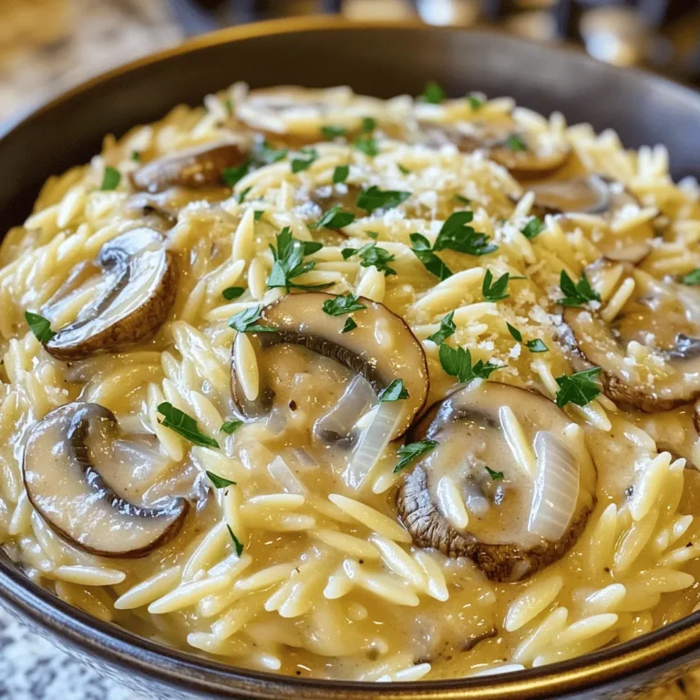 - 1 Tasse Orzo-Pasta - 2 Tassen Gemüsebrühe - 1 Tasse Schlagsahne - 2 Tassen Champignons, in Scheiben geschnitten - 1 mittelgroße Zwiebel, gewürfelt - 3 Knoblauchzehen, fein gehackt - 1 Teelöffel getrockneter Thymian - 1 Teelöffel getrockneter Rosmarin - Salz und Pfeffer nach Geschmack Diese Zutaten bilden die Basis für dein cremiges Pilz-Orzo. Orzo-Pasta ist klein und hat eine Reisform. Sie nimmt die Aromen gut auf. Die Gemüsebrühe sorgt für eine tiefe, herzhafte Note. Schlagsahne macht das Gericht schön cremig. Frische Champignons bringen einen tollen Geschmack und eine angenehme Textur. - ¼ Tasse geriebener Parmesan (optional) - Frische Petersilie, gehackt (zum Garnieren) Parmesan fügt eine salzige, umami-reiche Note hinzu. Frische Petersilie sorgt für einen Farbklecks und frische Aromen. Du kannst auch andere Kräuter verwenden, wie Basilikum oder Oregano, um dem Gericht deine persönliche Note zu geben. Achte beim Kauf der Champignons darauf, dass sie frisch und fest sind. Vermeide braune oder schimmelige Stellen. Bei der Zwiebel wähle eine, die fest und ohne Flecken ist. Für die Brühe nutze eine hochwertige Gemüsebrühe für mehr Geschmack. Wenn du Parmesan hinzufügst, wähle frischen Käse für die beste Qualität. Um den Slow Cooker vorzubereiten, sprühe ihn mit Antihaft-Kochspray ein. Das macht die Reinigung nach dem Kochen viel einfacher. Achte darauf, dass die gesamte Innenfläche gut besprüht ist. So bleibt nichts kleben und du hast weniger Arbeit nach dem Essen. Füge die folgenden Zutaten in den Slow Cooker: - 1 Tasse Orzo-Pasta - 2 Tassen Gemüsebrühe - 1 Tasse Schlagsahne - 2 Tassen Champignons, in Scheiben geschnitten - 1 mittelgroße Zwiebel, gewürfelt - 3 Knoblauchzehen, fein gehackt - 1 Teelöffel getrockneter Thymian - 1 Teelöffel getrockneter Rosmarin - Salz und Pfeffer nach Geschmack Rühre alles gut um, bis die Pasta in der Flüssigkeit ist. So verteilen sich die Aromen gleichmäßig und die Pasta kann schön garen. Setze den Deckel auf den Slow Cooker und stelle ihn auf niedrige Hitze. Koche das Gericht für 4 Stunden. Rühre einmal zur Mitte der Garzeit um. Das verhindert, dass die Orzo-Pasta aneinander klebt. Nach der Garzeit kannst du nach Belieben geriebenen Parmesan hinzufügen und das Gericht abschmecken. Um das beste Ergebnis zu erzielen, folgen Sie diesen einfachen Tipps: - Richtige Hitze: Kochen Sie bei niedriger Hitze, um die Aromen zu sichern. - Gleichmäßiges Rühren: Rühren Sie das Gericht zur Hälfte der Garzeit, damit der Orzo nicht klebt. - Frische Zutaten: Verwenden Sie frische Champignons für mehr Geschmack und Textur. - Sahne hinzufügen: Geben Sie die Schlagsahne erst am Ende hinzu, um eine cremige Konsistenz zu erreichen. Hier sind einige Fehler, die Sie vermeiden sollten: - Zu viel Flüssigkeit: Achten Sie darauf, die Gemüsebrühe und Sahne genau abzumessen. Zu viel Flüssigkeit macht das Gericht wässrig. - Nicht umrühren: Wenn Sie den Orzo nicht umrühren, kann er klumpig werden. Ein einfaches Rühren hilft. - Überkochen: Lassen Sie das Gericht nicht länger als vier Stunden kochen. Das kann den Orzo matschig machen. Passen Sie die Gewürze nach Ihrem Geschmack an: - Kräuter: Fügen Sie frische Kräuter wie Basilikum oder Oregano hinzu für zusätzlichen Geschmack. - Würze: Experimentieren Sie mit Chili-Flocken für etwas Schärfe. - Käse: Probieren Sie verschiedene Käsesorten, wie Feta oder Gouda, um neue Aromen zu entdecken. {{image_4}} Um das Rezept vegetarisch oder vegan zu gestalten, können Sie die Schlagsahne durch pflanzliche Alternativen ersetzen. Zum Beispiel eignet sich Kokoscreme oder Sojasahne gut. Verwenden Sie auch einen veganen Parmesan oder lassen Sie den Käse ganz weg. So bleibt der Geschmack voller Umami, auch ohne tierische Produkte. Sie können verschiedene Pilze ausprobieren. Shiitake oder Portobello bringen einen kräftigen Geschmack. Champignons sind mild, perfekt für Anfänger. Mischen Sie verschiedene Sorten für mehr Tiefe. Achten Sie darauf, die Pilze gut zu reinigen und zu schneiden. Dies sorgt für ein gleichmäßiges Kochen und einen leckeren Biss. Cremiges Pilz-Orzo passt gut zu vielen Beilagen. Knoblauchbrot ist ein Klassiker. Ein frischer Salat mit Rucola und Tomaten bringt Frische. Auch gedämpftes Gemüse ist eine gute Wahl. Diese Beilagen ergänzen das Gericht und sorgen für eine komplette Mahlzeit. Experimentieren Sie und finden Sie Ihre Lieblingskombination! Um übrig gebliebenes Pilz-Orzo zu lagern, lasse es zuerst auf Raumtemperatur abkühlen. Dann fülle es in einen luftdichten Behälter. Du kannst auch kleine Portionen in einzelnen Behältern aufbewahren. So bleibt es frisch und einfach zum Erhitzen. Stelle den Behälter in den Kühlschrank. Es bleibt dort bis zu fünf Tage gut. Wenn du bereit bist, das Orzo wieder zu essen, nimm eine Pfanne oder die Mikrowelle. Füge etwas Gemüsebrühe oder Sahne hinzu, um es cremig zu halten. Erhitze es auf mittlerer Hitze in der Pfanne. Rühre regelmäßig um, damit es nicht anbrennt. In der Mikrowelle kannst du es bei mittlerer Hitze für ein paar Minuten erhitzen. Decke den Behälter ab, um Feuchtigkeit zu halten. Im Kühlschrank hält sich das Pilz-Orzo bis zu fünf Tage. Im Gefrierschrank kann es bis zu drei Monate gelagert werden. Wenn du es einfrierst, stelle sicher, dass es in einem gefrierfesten Behälter ist. Zum Auftauen lege es über Nacht in den Kühlschrank. So bleibt der Geschmack erhalten. Ja, du kannst Orzo auch ohne Slow Cooker machen. Koche die Orzo-Pasta einfach in einem Topf mit Gemüsebrühe. Füge die anderen Zutaten hinzu und lasse sie einige Minuten köcheln. Rühre regelmäßig, damit die Pasta nicht kleben bleibt. Diese Methode spart Zeit und ergibt ein ähnliches Ergebnis. Das Gericht braucht etwa vier Stunden im Slow Cooker. Stelle ihn auf niedrige Hitze. Rühre das Orzo in der Mitte der Garzeit um. So bleibt die Pasta gleichmäßig gar und klebt nicht. Du kannst das cremige Pilz-Orzo mit verschiedenen Beilagen genießen. Knoblauchbrot passt perfekt. Ein frischer Salat ergänzt das Gericht gut. Auch gedünstetes Gemüse ist eine gute Wahl. Diese Beilagen bringen mehr Farbe und Geschmack auf den Tisch. Cremiges Pilz-Orzo ist einfach und lecker. Wir haben die besten Zutaten und Schritt-für-Schritt-Anleitungen besprochen. Tipps helfen dir, häufige Fehler zu vermeiden. Variationen ermöglichen Anpassungen für jeden Geschmack. Du kannst Reste gut lagern und einfach wieder aufwärmen. In einem Slow Cooker gelingt es hervorragend. Diese Gerichte sind für alle, egal ob du Vegetarier bist oder nicht. Probiere es aus und wage neue Kombinationen!