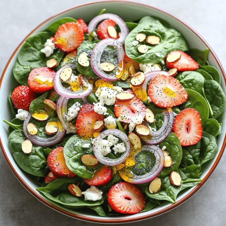 Für diesen frischen Salat brauchst du: - 5 Tassen frischer Spinat, gewaschen und gut getrocknet - 2 Tassen Erdbeeren, entkelcht und in Scheiben geschnitten - ½ Tasse Mandelblättchen, geröstet - ¼ Tasse rote Zwiebel, dünn geschnitten - ½ Tasse zerbröckelter Feta-Käse - ¼ Tasse Mohnsamen Diese Zutaten sorgen für einen knackigen, bunten Salat. Der Spinat gibt die Basis, während die Erdbeeren eine süße Note hinzufügen. Für das Dressing benötigst du: - ⅓ Tasse Olivenöl - ¼ Tasse Apfelessig - 2 Esslöffel Honig (oder Ahornsirup für eine vegane Option) - Salz und Pfeffer nach Geschmack Das Dressing vereint die Aromen. Es ist einfach und schnell gemacht. Du kannst den Salat nach deinem Geschmack anpassen. Statt Feta kannst du Ziegenkäse verwenden. Magst du Nüsse? Walnüsse oder Pecannüsse passen gut. Für mehr Frische, füge etwas Minze hinzu. Wenn du eine vegane Option möchtest, ersetze Feta durch Tofu oder einen veganen Käse. Der Honig im Dressing kann durch Agavendicksaft ersetzt werden. Mit diesen Optionen bleibt der Salat frisch und lecker. Beginnen wir mit dem Dressing. Nimm eine kleine Schüssel. Gib ⅓ Tasse Olivenöl hinein. Füge ¼ Tasse Apfelessig dazu. Dann kommen 2 Esslöffel Honig hinein. Du kannst auch Ahornsirup verwenden, wenn du vegan sein möchtest. Jetzt kommt der wichtigste Teil: Mische alles gut mit einem Schneebesen. Achte darauf, dass alles gut vermischt ist. Schmecke das Dressing mit Salz und Pfeffer ab. Das Dressing sollte frisch und lecker sein. Jetzt geht es an den Salat. Nimm eine große Schüssel. Gib 5 Tassen frischen, gewaschenen Spinat hinein. Schneide 2 Tassen Erdbeeren in Scheiben und füge sie hinzu. Mische ½ Tasse geröstete Mandelblättchen und ¼ Tasse dünn geschnittene rote Zwiebel dazu. Kröne das Ganze mit ½ Tasse zerbröckeltem Feta-Käse. Das sieht nicht nur gut aus, sondern schmeckt auch fantastisch! Wenn alles in der Schüssel ist, gieße das Dressing gleichmäßig darüber. Streue ¼ Tasse Mohnsamen darüber. Jetzt kommt der spannende Teil: Mische alles vorsichtig. Achte darauf, die Spinatblätter nicht zu zerdrücken. Der Salat sollte frisch und knackig sein. Serviere den Salat sofort, um den besten Geschmack zu genießen. Du kannst ihn auch bis zu 30 Minuten im Kühlschrank kühlen. Das lässt die Aromen gut zusammenkommen. Für eine schöne Präsentation richte den Salat in einer großen, flachen Schüssel an. Garnieren mit zusätzlichen Erdbeeren und Mohnsamen macht ihn noch ansprechender! Um den besten Geschmack aus dem Erdbeer-Spinat-Papier-Salat zu holen, achte auf die Frische der Zutaten. Verwende frischen Spinat, der knusprig ist. Die Erdbeeren sollten süß und reif sein. Röste die Mandeln leicht an, um ihren Geschmack zu intensivieren. Das Dressing sollte gut gemischt sein, bevor du es über den Salat gießt. Serviere den Salat sofort nach der Zubereitung, um die Textur und den Geschmack zu bewahren. Ein häufiger Fehler ist, den Salat zu lange zu lagern, bevor du ihn servierst. Dadurch kann der Spinat matschig werden. Verwende auch nicht zu viel Dressing. Zu viel Dressing kann den Salat schwer machen. Achte darauf, die Mohnsamen erst kurz vor dem Servieren hinzuzufügen, damit sie knusprig bleiben. Übermixen der Zutaten kann die zarten Blätter zerdrücken; mische alles sanft. Du kannst das Rezept leicht anpassen. Verwende zum Beispiel andere Nüsse wie Walnüsse oder Pekannüsse. Wenn du keinen Feta-Käse magst, probiere Ziegenkäse oder lasse den Käse ganz weg. Für eine vegane Option ersetze den Honig durch Ahornsirup. Du kannst auch frische Kräuter wie Minze oder Basilikum hinzufügen, um den Geschmack zu variieren. {{image_4}} Um das Dressing vegan zu machen, ersetze den Honig durch Ahornsirup. Das gibt deinem Salat eine süße Note, die perfekt zu den Erdbeeren passt. Mische ⅓ Tasse Olivenöl und ¼ Tasse Apfelessig mit 2 Esslöffeln Ahornsirup. Füge Salz und Pfeffer hinzu, um den Geschmack zu runden. So bleibt der Salat frisch und lecker, ganz ohne tierische Produkte. Du kannst dem Salat viele zusätzliche Zutaten hinzufügen. Probiere Avocado für eine cremige Textur. Auch gewürfeltes Hähnchen oder Kichererbsen sorgen für Protein. Wenn du Nüsse magst, füge Walnüsse oder Pekannüsse hinzu. Diese Zutaten bringen noch mehr Geschmack und machen den Salat sättigender. Im Sommer sind frische Pfirsiche oder Melonen eine tolle Ergänzung. Im Herbst kannst du Äpfel oder Birnen verwenden. Diese Früchte passen gut zu den anderen Zutaten und bringen saisonale Aromen. Achte darauf, die Früchte gut zu schneiden, sodass sie gut in den Salat passen. So erhältst du einen bunten und schmackhaften Salat das ganze Jahr über. Um den Erdbeer-Spinat-Papier-Salat frisch zu halten, lege ihn in den Kühlschrank. Verwende eine luftdichte Schüssel. Diese Schüssel schützt den Salat vor Luft und Feuchtigkeit. Wenn möglich, lagere die Dressing-Zutaten separat. Das hält die Blätter knackig und verhindert, dass sie matschig werden. Bereite den Salat bis zu 30 Minuten vor dem Servieren vor. Das gibt den Aromen Zeit zu vermischen, ohne die Frische zu verlieren. Wenn du Reste hast, bewahre sie in einer Schüssel auf. Du kannst die restlichen Erdbeeren und die Mandeln separat aufbewahren, um den Salat frisch zu halten. Der Salat bleibt frisch für 1 bis 2 Tage im Kühlschrank. Achte auf die Blätter. Wenn sie braun oder schleimig werden, ist es Zeit, sie wegzuwerfen. Auch der Geruch ist wichtig. Wenn der Salat unangenehm riecht, solltest du ihn nicht mehr essen. Du kannst den Salat bis zu 30 Minuten im Voraus machen. Wenn du ihn vorher zubereitest, stelle sicher, dass du das Dressing getrennt hältst. So bleiben die Zutaten frisch und knackig. Mische das Dressing erst kurz vor dem Servieren unter. So bleibt der Spinat schön grün und die Erdbeeren saftig. Ja, du kannst das Dressing ohne Zucker zubereiten. Ersetze den Honig einfach durch etwas mehr Apfelessig. Das gibt dem Dressing trotzdem einen guten Geschmack. Du kannst auch einen Spritzer Zitronensaft verwenden, um die Süße auszugleichen. So bleibt der Salat frisch und gesund. Ein leichtes Baguette oder ein Ciabatta passt sehr gut zu diesem Salat. Du kannst auch Vollkornbrot verwenden, wenn du es gesünder magst. Toast das Brot leicht, um einen schönen Crunch zu bekommen. So ergänzen die Brotscheiben den frischen Salat perfekt. Der Erdbeer-Spinat-Papier-Salat ist frisch, leicht und lecker. Wir haben alle wichtigen Zutaten durchgesprochen, von den Hauptzutaten bis zum Dressing. Du hast auch Tipps, Tricks und Variationen erhalten, um das Rezept anzupassen. Denk daran, beim Lagern die Frische zu bewahren und häufige Fehler zu vermeiden. Probiere den Salat aus und passe ihn nach deinem Geschmack an. Mit diesen Ideen gelingt dir eine köstliche Mahlzeit!