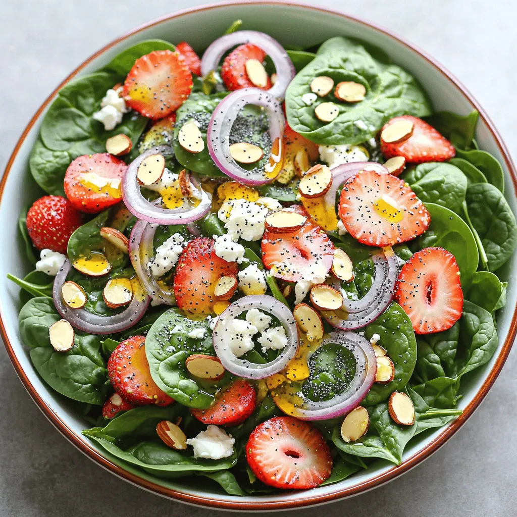 Für diesen frischen Salat brauchst du: - 5 Tassen frischer Spinat, gewaschen und gut getrocknet - 2 Tassen Erdbeeren, entkelcht und in Scheiben geschnitten - ½ Tasse Mandelblättchen, geröstet - ¼ Tasse rote Zwiebel, dünn geschnitten - ½ Tasse zerbröckelter Feta-Käse - ¼ Tasse Mohnsamen Diese Zutaten sorgen für einen knackigen, bunten Salat. Der Spinat gibt die Basis, während die Erdbeeren eine süße Note hinzufügen. Für das Dressing benötigst du: - ⅓ Tasse Olivenöl - ¼ Tasse Apfelessig - 2 Esslöffel Honig (oder Ahornsirup für eine vegane Option) - Salz und Pfeffer nach Geschmack Das Dressing vereint die Aromen. Es ist einfach und schnell gemacht. Du kannst den Salat nach deinem Geschmack anpassen. Statt Feta kannst du Ziegenkäse verwenden. Magst du Nüsse? Walnüsse oder Pecannüsse passen gut. Für mehr Frische, füge etwas Minze hinzu. Wenn du eine vegane Option möchtest, ersetze Feta durch Tofu oder einen veganen Käse. Der Honig im Dressing kann durch Agavendicksaft ersetzt werden. Mit diesen Optionen bleibt der Salat frisch und lecker. Beginnen wir mit dem Dressing. Nimm eine kleine Schüssel. Gib ⅓ Tasse Olivenöl hinein. Füge ¼ Tasse Apfelessig dazu. Dann kommen 2 Esslöffel Honig hinein. Du kannst auch Ahornsirup verwenden, wenn du vegan sein möchtest. Jetzt kommt der wichtigste Teil: Mische alles gut mit einem Schneebesen. Achte darauf, dass alles gut vermischt ist. Schmecke das Dressing mit Salz und Pfeffer ab. Das Dressing sollte frisch und lecker sein. Jetzt geht es an den Salat. Nimm eine große Schüssel. Gib 5 Tassen frischen, gewaschenen Spinat hinein. Schneide 2 Tassen Erdbeeren in Scheiben und füge sie hinzu. Mische ½ Tasse geröstete Mandelblättchen und ¼ Tasse dünn geschnittene rote Zwiebel dazu. Kröne das Ganze mit ½ Tasse zerbröckeltem Feta-Käse. Das sieht nicht nur gut aus, sondern schmeckt auch fantastisch! Wenn alles in der Schüssel ist, gieße das Dressing gleichmäßig darüber. Streue ¼ Tasse Mohnsamen darüber. Jetzt kommt der spannende Teil: Mische alles vorsichtig. Achte darauf, die Spinatblätter nicht zu zerdrücken. Der Salat sollte frisch und knackig sein. Serviere den Salat sofort, um den besten Geschmack zu genießen. Du kannst ihn auch bis zu 30 Minuten im Kühlschrank kühlen. Das lässt die Aromen gut zusammenkommen. Für eine schöne Präsentation richte den Salat in einer großen, flachen Schüssel an. Garnieren mit zusätzlichen Erdbeeren und Mohnsamen macht ihn noch ansprechender! Um den besten Geschmack aus dem Erdbeer-Spinat-Papier-Salat zu holen, achte auf die Frische der Zutaten. Verwende frischen Spinat, der knusprig ist. Die Erdbeeren sollten süß und reif sein. Röste die Mandeln leicht an, um ihren Geschmack zu intensivieren. Das Dressing sollte gut gemischt sein, bevor du es über den Salat gießt. Serviere den Salat sofort nach der Zubereitung, um die Textur und den Geschmack zu bewahren. Ein häufiger Fehler ist, den Salat zu lange zu lagern, bevor du ihn servierst. Dadurch kann der Spinat matschig werden. Verwende auch nicht zu viel Dressing. Zu viel Dressing kann den Salat schwer machen. Achte darauf, die Mohnsamen erst kurz vor dem Servieren hinzuzufügen, damit sie knusprig bleiben. Übermixen der Zutaten kann die zarten Blätter zerdrücken; mische alles sanft. Du kannst das Rezept leicht anpassen. Verwende zum Beispiel andere Nüsse wie Walnüsse oder Pekannüsse. Wenn du keinen Feta-Käse magst, probiere Ziegenkäse oder lasse den Käse ganz weg. Für eine vegane Option ersetze den Honig durch Ahornsirup. Du kannst auch frische Kräuter wie Minze oder Basilikum hinzufügen, um den Geschmack zu variieren. {{image_4}} Um das Dressing vegan zu machen, ersetze den Honig durch Ahornsirup. Das gibt deinem Salat eine süße Note, die perfekt zu den Erdbeeren passt. Mische ⅓ Tasse Olivenöl und ¼ Tasse Apfelessig mit 2 Esslöffeln Ahornsirup. Füge Salz und Pfeffer hinzu, um den Geschmack zu runden. So bleibt der Salat frisch und lecker, ganz ohne tierische Produkte. Du kannst dem Salat viele zusätzliche Zutaten hinzufügen. Probiere Avocado für eine cremige Textur. Auch gewürfeltes Hähnchen oder Kichererbsen sorgen für Protein. Wenn du Nüsse magst, füge Walnüsse oder Pekannüsse hinzu. Diese Zutaten bringen noch mehr Geschmack und machen den Salat sättigender. Im Sommer sind frische Pfirsiche oder Melonen eine tolle Ergänzung. Im Herbst kannst du Äpfel oder Birnen verwenden. Diese Früchte passen gut zu den anderen Zutaten und bringen saisonale Aromen. Achte darauf, die Früchte gut zu schneiden, sodass sie gut in den Salat passen. So erhältst du einen bunten und schmackhaften Salat das ganze Jahr über. Um den Erdbeer-Spinat-Papier-Salat frisch zu halten, lege ihn in den Kühlschrank. Verwende eine luftdichte Schüssel. Diese Schüssel schützt den Salat vor Luft und Feuchtigkeit. Wenn möglich, lagere die Dressing-Zutaten separat. Das hält die Blätter knackig und verhindert, dass sie matschig werden. Bereite den Salat bis zu 30 Minuten vor dem Servieren vor. Das gibt den Aromen Zeit zu vermischen, ohne die Frische zu verlieren. Wenn du Reste hast, bewahre sie in einer Schüssel auf. Du kannst die restlichen Erdbeeren und die Mandeln separat aufbewahren, um den Salat frisch zu halten. Der Salat bleibt frisch für 1 bis 2 Tage im Kühlschrank. Achte auf die Blätter. Wenn sie braun oder schleimig werden, ist es Zeit, sie wegzuwerfen. Auch der Geruch ist wichtig. Wenn der Salat unangenehm riecht, solltest du ihn nicht mehr essen. Du kannst den Salat bis zu 30 Minuten im Voraus machen. Wenn du ihn vorher zubereitest, stelle sicher, dass du das Dressing getrennt hältst. So bleiben die Zutaten frisch und knackig. Mische das Dressing erst kurz vor dem Servieren unter. So bleibt der Spinat schön grün und die Erdbeeren saftig. Ja, du kannst das Dressing ohne Zucker zubereiten. Ersetze den Honig einfach durch etwas mehr Apfelessig. Das gibt dem Dressing trotzdem einen guten Geschmack. Du kannst auch einen Spritzer Zitronensaft verwenden, um die Süße auszugleichen. So bleibt der Salat frisch und gesund. Ein leichtes Baguette oder ein Ciabatta passt sehr gut zu diesem Salat. Du kannst auch Vollkornbrot verwenden, wenn du es gesünder magst. Toast das Brot leicht, um einen schönen Crunch zu bekommen. So ergänzen die Brotscheiben den frischen Salat perfekt. Der Erdbeer-Spinat-Papier-Salat ist frisch, leicht und lecker. Wir haben alle wichtigen Zutaten durchgesprochen, von den Hauptzutaten bis zum Dressing. Du hast auch Tipps, Tricks und Variationen erhalten, um das Rezept anzupassen. Denk daran, beim Lagern die Frische zu bewahren und häufige Fehler zu vermeiden. Probiere den Salat aus und passe ihn nach deinem Geschmack an. Mit diesen Ideen gelingt dir eine köstliche Mahlzeit!