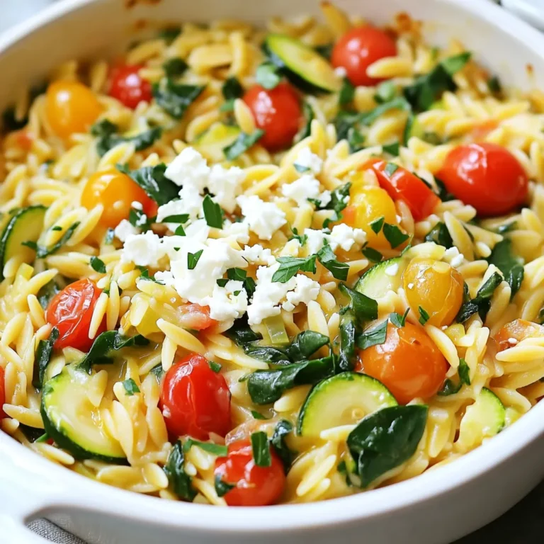 - 1 Tasse Orzo-Nudeln - 4 Tassen Gemüsebrühe - 1 Tasse zerbröckelter Feta-Käse Die Orzo-Nudeln sind der Hauptbestandteil. Sie sind klein und kochen schnell. Gemüsebrühe bringt Geschmack. Sie macht das Gericht reichhaltig und vollmundig. Feta-Käse gibt dem Gericht einen salzigen und cremigen Kick. Sein Geschmack passt perfekt zu den anderen Zutaten. - 1 kleine Zwiebel, fein gehackt - 2 Knoblauchzehen, gehackt - 1 Paprika (rot oder gelb), gewürfelt - 1 Zucchini, gewürfelt - 1 Teelöffel getrockneter Oregano - 1 Teelöffel getrocknetes Basilikum Die Zwiebel und der Knoblauch geben einen tollen Duft ab. Sie sind die Basis für den Geschmack. Paprika und Zucchini bringen Farbe und Frische. Die Kräuter Oregano und Basilikum fügen eine mediterrane Note hinzu. Sie machen das Gericht lebendig und aromatisch. - 2 Esslöffel Olivenöl - 1 Tasse Kirschtomaten, halbiert - 1 Tasse frischer Spinat Olivenöl sorgt für eine schöne Bräunung. Es macht das Gericht auch gesünder. Kirschtomaten sind süß und saftig. Sie verleihen einen schönen Kontrast. Frischer Spinat gibt dem Gericht eine grüne Farbe und viele Nährstoffe. Zuerst schneide die Zwiebel in kleine Stücke. Du kannst eine scharfe Klinge verwenden, um das Schneiden zu erleichtern. Dann würfle die Paprika und die Zucchini in gleichmäßige Stücke. Diese Schritte machen das Kochen schneller und einfacher. Bereite auch die Gewürze vor. Stelle den getrockneten Oregano und das Basilikum bereit. Diese Gewürze bringen viel Geschmack in das Gericht. Halte alles griffbereit, damit du schnell arbeiten kannst. Erhitze das Olivenöl in einem großen Topf bei mittlerer Hitze. Füge die gehackte Zwiebel hinzu und brate sie für 3 bis 4 Minuten. Sie sollte weich und glasig sein. Danach kommt der gehackte Knoblauch dazu. Brate ihn für eine weitere Minute. So entfaltet er sein Aroma. Jetzt ist es Zeit für das Gemüse. Gib die gewürfelte Paprika und Zucchini in den Topf. Brate alles für etwa 5 Minuten. Das Gemüse sollte weich werden, aber noch knackig bleiben. Streue die Gewürze darüber und rühre alles gut um. Gieße nun die Gemüsebrühe in den Topf. Bring alles zum Kochen. Sobald es kocht, füge die Orzo-Nudeln hinzu. Reduziere die Hitze und lasse sie für 8 bis 10 Minuten köcheln. Rühre gelegentlich um, damit die Nudeln nicht kleben. Füge die halbierten Kirschtomaten und den frischen Spinat hinzu. Koche alles für weitere 2 bis 3 Minuten. Der Spinat sollte zusammenfallen und die Tomaten weich werden. Nimm den Topf vom Herd und hebe den zerbröckelten Feta-Käse unter. Das gibt dem Gericht einen cremigen Geschmack. Schmecke alles mit Salz und Pfeffer ab. Lass das Gericht ein paar Minuten ruhen. Es wird beim Stehen etwas dicker. Jetzt kannst du es genießen! - Optimaler Garzeitpunkt für Orzo: Koche die Orzo-Nudeln für 8-10 Minuten. Achte darauf, sie al dente zuzubereiten. So bleiben sie bissfest und nehmen die Aromen gut auf. - Aromen entfalten durch richtiges Anbraten: Brate die Zwiebeln und den Knoblauch in Olivenöl an. Dies bringt die Aromen zum Leben. Lass sie goldbraun werden, aber achte darauf, dass sie nicht verbrennen. - Anrichten in flachen Schalen: Serviere den Orzo in flachen Schalen. So sieht das Gericht schön aus und du kannst die Farben gut erkennen. - Garnierung mit Petersilie und Feta: Streue frisch gehackte Petersilie und zerbröckelten Feta darüber. Das gibt dem Gericht einen frischen Geschmack und eine tolle Optik. Ein Spritzer Olivenöl oben drauf macht es perfekt. - Spätzle- oder Pastatopf: Ein großer Topf ist ideal. Er gibt genug Platz für die Nudeln und die Brühe. - Holzlöffel oder Pfannenwender: Diese Utensilien sind gut, um die Zutaten sanft zu rühren. Sie helfen auch, den Boden des Topfes nicht zu zerkratzen. {{image_4}} Möchten Sie etwas mehr Farbe und Geschmack? Fügen Sie Brokkoli oder grüne Bohnen hinzu. Diese Gemüse bringen eine knackige Textur. Geröstete Auberginen sind auch eine tolle Wahl. Sie geben dem Gericht eine rauchige Note. Diese Optionen passen gut zu den Aromen des Orzo. Suchen Sie nach einem sättigenden Zusatz? Gegrilltes Hähnchen ist perfekt. Es bringt eine herzhafte Note und macht das Gericht vollwertig. Für eine vegetarische Option können Sie Kichererbsen verwenden. Diese sind proteinreich und fügen einen nussigen Geschmack hinzu. Beide Optionen machen Ihr Gericht noch nahrhafter. Wenn Sie den Feta-Käse ersetzen möchten, probieren Sie Ziegenkäse. Dieser hat einen cremigen und leicht scharfen Geschmack. Ricotta ist eine weitere gute Wahl. Er sorgt für eine zarte Textur. Beide Käseoptionen sind köstlich und bringen neue Aromen in Ihr Gericht. Um die Reste des One-Pot Mediterranen Orzo mit Feta zu lagern, folge diesen einfachen Schritten: - Kühlschrankaufbewahrung: Lege die Reste in einen luftdichten Behälter. So bleibt das Gericht frisch. Du solltest es innerhalb von 3 bis 5 Tagen essen. - Haltbarkeit und Tipps: Achte darauf, dass das Gericht gut abgekühlt ist, bevor du es in den Kühlschrank stellst. Das verhindert, dass sich Bakterien bilden. Wenn du den Orzo noch schmackhafter machen willst, füge beim Aufwärmen etwas frisches Olivenöl hinzu. Wenn du mehr Orzo zubereitet hast, kannst du ihn auch einfrieren. - Vorgehensweise zum Einfrieren: Lass das Gericht vollständig abkühlen. Fülle es dann in einen gefrierfesten Behälter oder einen Gefrierbeutel. Achte darauf, so viel Luft wie möglich herauszudrücken. So bleibt der Geschmack erhalten. - Beste Möglichkeiten zur Wiederaufbereitung: Um den eingefrorenen Orzo aufzutauen, lege ihn über Nacht in den Kühlschrank. Du kannst ihn auch in der Mikrowelle erwärmen. Füge beim Erwärmen etwas Gemüsebrühe hinzu, damit der Orzo nicht trocken wird. Orzo ist einfach zu lagern. Du kannst die Reste in einem luftdichten Behälter im Kühlschrank aufbewahren. Dort bleibt er etwa 3 bis 4 Tage frisch. Wenn du den Orzo länger aufbewahren möchtest, friere ihn ein. Im Gefrierschrank hält er bis zu 3 Monate. Achte darauf, ihn gut zu verpacken, damit er keinen Gefrierbrand bekommt. Ja, du kannst Orzo im Voraus zubereiten. Koche das Gericht wie gewohnt und lass es abkühlen. Teile den Orzo in Portionen auf und lagere ihn im Kühlschrank oder Gefrierfach. Um die besten Ergebnisse zu erzielen, erhitze ihn sanft in einer Pfanne mit einem kleinen Spritzer Wasser oder Brühe. So bleibt er nicht trocken. Ja, dieses Gericht ist perfekt für Vegetarier. Hier sind die Hauptbestandteile: - Orzo-Nudeln - Gemüsebrühe - Zwiebel - Knoblauch - Paprika - Zucchini - Kirschtomaten - Spinat - Feta-Käse - Olivenöl - Gewürze Alle diese Zutaten sind pflanzlich, was es zu einer großartigen Wahl für eine vegetarische Mahlzeit macht. Dieses Gericht mit Orzo und Gemüse ist einfach zuzubereiten. Wir haben die Hauptzutaten wie Orzo, Gemüsebrühe und Feta-Käse besprochen. Besonders wichtig sind die frischen Gemüse und Gewürze, die den Geschmack heben. Wir haben auch Tipps zur Zubereitung und Präsentation gegeben. Denke daran, deine Reste richtig zu lagern. Variiere das Rezept nach deinem Geschmack. Mit den richtigen Zutaten und ein wenig Kreativität gelingt dir ein leckeres Gericht. Es ist einfach und macht Spaß!
