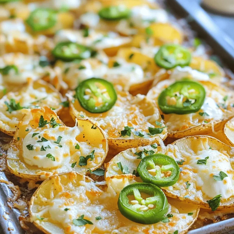 Für die perfekten Kartoffel-Nachos braucht man: - 4 mittelgroße Russet-Kartoffeln, dünn geschnitten - 3 Esslöffel Olivenöl - 4 Zehen Knoblauch, fein gehackt - 1 Teelöffel geräuchertes Paprikapulver - 1 Teelöffel italienische Gewürzmischung - Salz und Pfeffer nach Geschmack - 1 Tasse geriebener Mozzarella-Käse - 1 Tasse frisch geriebener Parmesan-Käse - 1 Jalapeño, in Scheiben geschnitten (optional für Schärfe) - Frische Petersilie, gehackt (zum Garnieren) - Sauerrahm oder griechischer Joghurt (zum Dippen) Diese Zutaten machen die Kartoffel-Nachos reich an Geschmack. Die Kombination aus Käse und Gewürzen bringt die Kartoffeln zum Strahlen. Die Gewürze sind wichtig. Sie bringen den Geschmack hervor. Man kann auch mit anderen Kräutern experimentieren. Zum Beispiel, frischen Schnittlauch oder Oregano. Wenn Sie es scharf mögen, fügen Sie mehr Jalapeños hinzu. Für einen zusätzlichen Kick können Sie auch Cayennepfeffer verwenden. Diese kleinen Anpassungen machen einen großen Unterschied. Die Wahl der richtigen Kartoffeln ist entscheidend. Russet-Kartoffeln sind ideal. Sie sind stärkehaltig und werden schön knusprig. Achten Sie darauf, dass die Kartoffeln fest sind. Vermeiden Sie grüne Stellen oder weiche Stellen. Wenn Sie neue Kartoffeln verwenden, schneiden Sie sie dicker. Sie brauchen etwas mehr Zeit im Ofen. Frische Kartoffeln geben den besten Geschmack. Wählen Sie immer das Beste für Ihre Nachos! Heize deinen Ofen auf 200 °C vor. Das ist wichtig für knusprige Nachos. Nimm ein großes Backblech und lege es mit Backpapier aus. Das Backpapier hilft, dass die Kartoffeln nicht ankleben. So bleibt das Blech sauber und die Nachos perfekt. Jetzt kommt der spannende Teil: die Kartoffeln! Nimm vier mittelgroße Russet-Kartoffeln. Schneide sie dünn. Je dünner die Scheiben, desto knuspriger werden sie. In einer großen Schüssel mische die geschnittenen Kartoffeln mit: - 3 Esslöffel Olivenöl - 4 Zehen Knoblauch, fein gehackt - 1 Teelöffel geräuchertes Paprikapulver - 1 Teelöffel italienische Gewürzmischung - Salz und Pfeffer nach Geschmack Vermische alles gut, bis die Kartoffeln gleichmäßig bedeckt sind. Achte darauf, dass jede Scheibe etwas von der Mischung abbekommt. So schmecken die Nachos besser! Verteile die Kartoffelscheiben in einer einzigen Schicht auf dem Backblech. Achte darauf, dass sie sich nicht überlappen. Backe die Kartoffeln 25-30 Minuten lang. Wende sie zur Hälfte. So werden sie gleichmäßig knusprig und goldbraun. Nimm das Backblech aus dem Ofen. Jetzt kommt der Käse! Streue 1 Tasse geriebenen Mozzarella-Käse und 1 Tasse frisch geriebenen Parmesan-Käse über die heißen Kartoffeln. Wenn du es schärfer magst, füge ein paar Jalapeño-Scheiben hinzu. Schiebe das Blech für weitere 5-7 Minuten in den Ofen. Der Käse sollte schmelzen und blubbern. Nach dem Backen lasse die Nachos kurz abkühlen. Garniere sie mit frischer Petersilie. Jetzt sind deine Kartoffel-Nachos bereit zum Servieren! Um die perfekte Knusprigkeit zu erreichen, schneiden Sie die Kartoffeln dünn. Dünne Scheiben backen schneller und werden knuspriger. Verwenden Sie ein scharfes Messer oder eine Mandoline. Das gleichmäßige Schneiden sorgt dafür, dass alle Kartoffeln gleichmäßig garen. Mischen Sie die Kartoffeln gut mit Olivenöl, Knoblauch und Gewürzen. Dadurch wird jede Scheibe gleichmäßig gewürzt und bekommt eine schöne Farbe. Wenden Sie die Kartoffeln zur Hälfte der Backzeit. So werden sie von allen Seiten knusprig. Um den Nachos mehr Geschmack zu geben, können Sie verschiedene Gewürze hinzufügen. Versuchen Sie, etwas Kreuzkümmel oder Chili-Pulver hinzuzufügen. Diese Gewürze bringen eine neue Dimension in das Gericht. Für ein cremigeres Erlebnis können Sie auch Feta oder Cheddar-Käse verwenden. Fügen Sie frische Kräuter wie Basilikum oder Schnittlauch hinzu. Auch eine Prise Zitrone oder Limette kann frische Aromen bringen. Experimentieren Sie mit verschiedenen Zutaten, um Ihren eigenen Twist zu finden. Servieren Sie die Nachos auf einer großen Servierplatte. Das macht das Gericht einladend und lustig. Garnieren Sie die Nachos mit frisch gehackter Petersilie. Diese gibt Farbe und frischen Geschmack. Stellen Sie eine Schüssel mit Sauerrahm oder griechischem Joghurt daneben. So können alle dippen und genießen. Teilen Sie die Nachos in Portionen auf. So bleibt jeder glücklich und es gibt weniger Chaos beim Essen. Genießen Sie die Nachos als Snack oder als Teil eines gemütlichen Abendessens. {{image_4}} Wenn du eine vegetarische Variante der Sheet Pan Garlic Parmesan Potato Nachos machen möchtest, gibt es viele Möglichkeiten. Du kannst das Rezept mit verschiedenen Gemüsesorten anpassen. Zum Beispiel: - Paprika in Scheiben - Zucchini, dünn geschnitten - Maiskörner - Schwarze Bohnen Diese Zutaten sorgen für mehr Farbe und Geschmack. Die Kombination macht deine Nachos noch besser. Möchtest du mehr Protein? Füge einfach einige leckere Zutaten hinzu. Hier sind einige Ideen: - Gekochte Hähnchenbrust, klein geschnitten - Gehacktes Rindfleisch, gewürzt - Kichererbsen, für eine vegetarische Proteinquelle Diese Optionen machen dein Gericht sättigender und nahrhafter. Wenn du es scharf magst, sind Jalapeños eine tolle Wahl. Du kannst sie frisch oder eingelegt verwenden. Möchtest du mehr Schärfe? Hier sind ein paar weitere Tipps: - Füge frische Chilis oder Pepperoni hinzu. - Bestreue die Nachos mit einer scharfen Sauce vor dem Servieren. - Experimentiere mit verschiedenen Paprikasorten für unterschiedliche Geschmäcker. Diese kleinen Anpassungen bringen deine Nachos auf das nächste Level. Wenn du Reste von den Kartoffel-Nachos hast, lagere sie in einem luftdichten Behälter. So bleiben sie frisch. Stelle sicher, dass sie vollständig abgekühlt sind, bevor du sie in den Behälter legst. Du kannst die Nachos in der Mikrowelle aufwärmen. Aber denke daran, dass sie nicht so knusprig bleiben. Eine bessere Methode ist, sie im Ofen bei 180 °C (350 °F) für etwa 10 Minuten zu backen. So werden sie wieder knusprig. Um die besten Ergebnisse zu erzielen, kaufe frische Kartoffeln. Achte darauf, dass sie fest und frei von grünen Flecken sind. Lagere die Kartoffeln an einem kühlen, dunklen Ort. Das hilft, ihre Frische zu bewahren. Wenn du frischen Knoblauch benutzt, lagere ihn auch an einem kühlen Ort. Verwende die Kräuter, wie Petersilie, am besten frisch. Sie geben den Nachos den besten Geschmack. Vorbereitete Nachos sollten innerhalb von 2-3 Tagen gegessen werden. Die Qualität kann schnell abnehmen. Wenn du sie länger aufbewahren möchtest, kannst du sie auch einfrieren. Achte darauf, sie gut in Frischhaltefolie oder einem luftdichten Behälter zu verpacken. So bleiben sie bis zu einem Monat haltbar. Wenn du sie aufwärmst, backe sie im Ofen für die beste Textur. Die gesamte Zubereitung dauert etwa 45 Minuten. Die Vorbereitungszeit beträgt 15 Minuten. Du schneidest die Kartoffeln, würzt sie und bereitest alles vor. Danach backst du die Nachos für 25 bis 30 Minuten, bis sie knusprig sind. Danach kommt der Käse dazu und das Backen geht weiter für etwa 5 bis 7 Minuten. Ja, du kannst andere Käsesorten verwenden. Cheddar ist eine gute Wahl für mehr Geschmack. Gouda oder Monterey Jack geben einen tollen Schmelz. Experimentiere mit deiner Lieblingssorte. Denke daran, dass der Käse gut schmelzen sollte, damit die Nachos lecker werden. Sauerrahm oder griechischer Joghurt sind großartige Dips. Sie sind frisch und cremig. Du kannst auch Salsa oder Guacamole ausprobieren. Diese Dips bringen viel Geschmack und machen die Nachos noch besser. Experimentiere mit verschiedenen Dips, um deinen Favoriten zu finden. Kartoffel-Nachos sind einfach und lecker. Wir haben die besten Zutaten, Tipps und Tricks besprochen. Das richtige Backen sorgt für perfekt knusprige Nachos. Variationen bringen neuen Geschmack, ob vegetarisch oder scharf. Achte auf die Lagerung, damit die Reste frisch bleiben. Teste deine eigenen Ideen und genieße jedes Mal das Ergebnis. Viel Spaß beim Nachkochen!