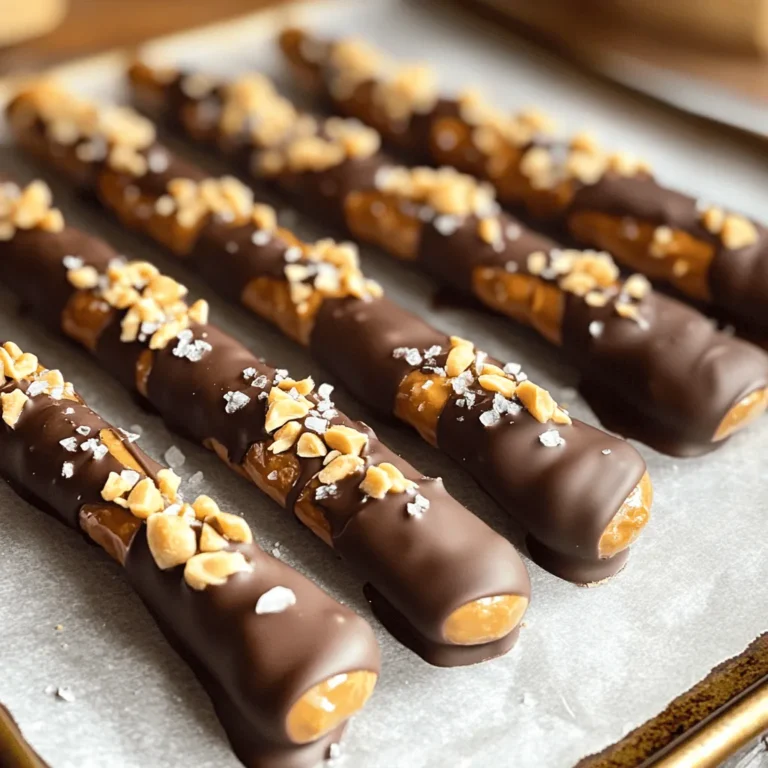 Um die Schokoladenüberzogenen Erdnussbutter-Pretzelstäbe zu machen, brauchen wir folgende Zutaten: - 12 Pretzelstangen - 120 g cremige Erdnussbutter - 170 g Schokoladenstückchen (Milch- oder Zartbitter) - 15 ml Kokosöl (optional, für eine geschmeidige Schmelze) - 30 g gehackte Erdnüsse (für das Topping) - Meersalz (optional, zur Garnierung) Erdnussbutter ist der Schlüssel zu diesem Rezept. Wähle eine cremige Erdnussbutter. Sie lässt sich leicht auftragen und schmeckt besser. Achte darauf, dass sie keinen Zucker oder ungesunde Fette enthält. Für die Schokolade kannst du Milchschokolade oder Zartbitter verwenden. Milchschokolade ist süßer. Zartbitter hat einen tollen, reichen Geschmack. Beide Sorten passen gut. Das Kokosöl ist optional. Es hilft der Schokolade, schön glatt zu werden. Das macht das Eintauchen einfacher und die Schokolade glänzender. Wenn du spezielle Diätvorgaben hast, gibt es Alternativen. Statt Erdnussbutter kannst du Mandel- oder Cashewbutter verwenden. Diese Nussbutter haben ähnliche Konsistenzen und Geschmäcker. Für die Schokolade kannst du auch Zartbitterschokolade verwenden, wenn du weniger Zucker willst. Vegane Schokolade ist eine gute Option, wenn du keine Milchprodukte magst. Anstelle von gehackten Erdnüssen kannst du auch Mandeln oder andere Nüsse verwenden. Das gibt zusätzliche Textur und Geschmack. Lege die Pretzelstangen auf ein Backblech mit Backpapier. Achte darauf, dass sie sich nicht berühren. So bleiben sie knusprig und kleben nicht zusammen. Es ist wichtig, dass sie in einer einzigen Schicht liegen. Nimm eine mikrowellengeeignete Schüssel. Gib die Schokoladenstückchen und das Kokosöl hinein. Erhitze die Mischung in 30-Sekunden-Intervallen. Rühre nach jeder Runde um, bis die Schokolade glatt und püriert ist. Dies sorgt für eine schöne, glänzende Schicht. Nimm eine Pretzelstange und streiche eine dicke Schicht Erdnussbutter auf eine Seite. Verwende ein Messer für eine gleichmäßige Verteilung. Wiederhole diesen Schritt für alle Pretzelstangen. Die Erdnussbutter gibt einen tollen Geschmack. Jetzt kommt der spaßige Teil! Tauche jede Pretzelstange in die geschmolzene Schokolade. Wende sie sanft, damit die Schokolade gleichmäßig verteilt ist. Lass die überschüssige Schokolade abtropfen. So bleibt es nicht zu schokoladig. Sobald die Stangen in Schokolade getaucht sind, bestreue sie sofort mit gehackten Erdnüssen. Das gibt einen schönen Crunch. Optional kannst du auch ein wenig Meersalz darüber streuen. Das verstärkt den Geschmack und macht es noch besser. Lege die schokoladenüberzogenen Pretzelstangen wieder auf das Backblech. Stelle sie für etwa 30 Minuten in den Kühlschrank. So wird die Schokolade fest und knackig. Nach dem Kühlen sind die Pretzelstäbe bereit zum Servieren. Ein häufiger Fehler ist, die Erdnussbutter nicht gleichmäßig aufzutragen. Überlege, wie viel du brauchst. Wenn du zu wenig nimmst, schmeckt die Stange nicht gut. Ein weiterer Fehler ist, die Schokolade zu überhitzen. Achte darauf, die Schokolade in kurzen Intervallen zu schmelzen. Rühre gut um, um Klumpen zu vermeiden. Auch das Zu dicht Stapeln der Pretzelstäbe kann problematisch sein. Lasse genug Platz, damit die Schokolade nicht aneinander klebt. Die Konsistenz der Schokolade ist wichtig. Füge Kokosöl hinzu, wenn du eine glattere Schokolade willst. Dieses Öl macht die Schokolade geschmeidiger. Schmelze die Schokolade langsam in der Mikrowelle. Rühre zwischendurch um. Achte darauf, dass die Schokolade nicht zu heiß wird. Wenn sie zu heiß ist, kann sie klumpig werden. Die perfekte Schokolade ist glänzend und leicht flüssig. Einige Werkzeuge helfen dir, deine Pretzelstäbe besser zu machen. Nutze eine Mikrowellenschüssel zum Schmelzen der Schokolade. Eine Gabel ist nützlich, um die Stäbe in die Schokolade zu tauchen. Ein Messer hilft dir, die Erdnussbutter gleichmäßig zu verteilen. Ein Backblech mit Backpapier ist wichtig, um die Pretzelstäbe ablegen zu können. So kleben sie nicht fest. Halte alles bereit, bevor du mit dem Rezept beginnst. {{image_4}} Um eine vegane Version zu machen, wähle dunkle Schokolade ohne Milch. Viele Marken bieten solche Schokoladenstückchen an. Statt Erdnussbutter kannst du Mandel- oder Cashewbutter verwenden. Diese Alternativen schmecken ebenfalls großartig und sind vegan. Achte darauf, dass alle Zutaten pflanzlich sind. Verleihe deinen Pretzelstäben einen besonderen Kick! Du kannst getrocknete Früchte wie Cranberries oder Aprikosen hinzufügen. Kokosraspeln und bunte Streusel sind ebenfalls tolle Optionen. Wenn du es scharf magst, füge eine Prise Cayennepfeffer zur Schokolade hinzu. Experimentiere mit verschiedenen Geschmäckern! Für Allergiker gibt es viele Anpassungen. Nutze glutenfreie Pretzelstäbe, um Gluten zu vermeiden. Anstelle von Erdnussbutter kannst du Sonnenblumenkernbutter verwenden, die nussfrei ist. Achte auch bei der Schokolade auf Allergene. Es gibt viele Optionen, die für verschiedene Diäten geeignet sind. Um die Schokoladenüberzogenen Erdnussbutter-Pretzelstäbe frisch zu halten, bewahre sie in einem luftdichten Behälter auf. So bleibt die Schokolade knusprig und die Pretzelstäbe weich. Stelle den Behälter an einem kühlen, trockenen Ort auf. Vermeide direkte Sonneneinstrahlung. Die Pretzelstäbe halten sich etwa eine Woche. Sie schmecken am besten frisch, aber sie bleiben auch länger gut. Achte darauf, dass die Schokolade nicht schmilzt oder bricht. Wenn du sie im Kühlschrank lagerst, können sie bis zu zehn Tage haltbar sein. Wenn du die Pretzelstäbe länger aufbewahren möchtest, friere sie ein. Wickel jede Stange in Frischhaltefolie. Lege sie dann in einen Gefrierbeutel. So bleiben sie bis zu drei Monate frisch. Zum Auftauen lege sie einfach für eine Stunde bei Zimmertemperatur auf den Tisch. Ja, du kannst andere Nüsse verwenden. Mandeln oder Cashews sind gute Alternativen. Du kannst auch gemahlene Nüsse oder Nussbutter verwenden. Achte darauf, die Konsistenz gleich zu halten. Das bringt tollen Geschmack. Experimentiere mit verschiedenen Nüssen. So findest du deine Lieblingskombination! Die Schokolade benötigt etwa 30 Minuten im Kühlschrank, um fest zu werden. Du kannst sie auch länger kühlen, wenn du magst. Überprüfe die Stangen nach 30 Minuten. Wenn die Schokolade hart ist, sind sie bereit zum Servieren. Plane etwas Zeit ein, damit du die besten Ergebnisse erzielst. Ja, du kannst Erdnussbutter ganz einfach selbst machen! Röste die Erdnüsse leicht und gib sie in einen Mixer. Mixe sie, bis die Erdnüsse cremig sind. Du kannst etwas Salz oder Honig hinzufügen, um den Geschmack zu verbessern. So hast du frische Erdnussbutter, die perfekt für diese Pretzelstäbe ist. Du hast nun alle wichtigen Schritte gelernt, um leckere Pretzelstangen zuzubereiten. Wir haben die Zutaten und Alternativen besprochen sowie Tipps zur perfekten Zubereitung gegeben. Viele häufige Fehler kannst du leicht vermeiden. Mit ein paar Varianten kannst du deine Pretzelstangen anpassen. Denk daran, sie richtig zu lagern, um die Frische zu erhalten. Jetzt bist du bereit, einfach selbst kreativ zu werden und deine eigenen Pretzelstangen zu genießen. Viel Spaß beim Ausprobieren!