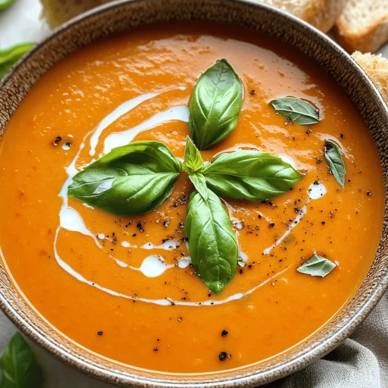 - 4 große rote Paprika - 1 mittlere Zwiebel, gewürfelt - 3 Knoblauchzehen, gehackt - 1 Esslöffel Olivenöl - 500 ml Gemüsebrühe - 250 ml Kokosmilch (oder Schlagsahne) Die Hauptzutaten sind einfach zu finden. Rote Paprika geben der Suppe ihren tollen Geschmack. Zwiebeln und Knoblauch fügen Tiefe hinzu. Olivenöl hilft beim Anbraten. Gemüsebrühe sorgt für eine gute Basis. Kokosmilch macht die Suppe schön cremig. - 1 Teelöffel geräuchertes Paprika-Pulver - Salz und Pfeffer nach Geschmack - Frische Basilikumblätter zur Garnitur Die Gewürze sind wichtig für den Geschmack. Geräuchertes Paprika-Pulver bringt eine rauchige Note. Salz und Pfeffer sind nach Belieben hinzuzufügen. Frische Basilikumblätter machen die Suppe frisch und schön. Diese Zutaten heben die Aromen hervor. Heize deinen Ofen auf 230°C (450°F) vor. Das sorgt für eine schöne Röstaroma. Halbiere die roten Paprika und entferne die Kerne und Stiele. Leg die Paprikahälften mit der Schnittseite nach unten auf ein Backblech. Ein Backpapier hilft, die Paprika leicht zu lösen. Lege die Paprikahälften auf ein Backblech. Röste sie 25-30 Minuten im Ofen. Die Schalen sollten verkohlt und blasig sein. Nimm sie dann aus dem Ofen und lass sie etwa 10 Minuten abkühlen. Das Abkühlen macht es einfacher, die Haut abzuziehen. Erhitze in einem großen Topf das Olivenöl bei mittlerer Hitze. Füge die gewürfelte Zwiebel hinzu und brate sie 5-7 Minuten lang. Sie sollte weich und durchsichtig sein. Dann gib den gehackten Knoblauch und das geräucherte Paprika-Pulver dazu. Brate alles weitere 1-2 Minuten. Das gibt der Suppe einen tollen Geschmack. Jetzt kommen die gerösteten Paprika und die Gemüsebrühe dazu. Lass die Mischung aufkochen und dann 10 Minuten köcheln. Dadurch verbinden sich die Aromen gut. Verwende einen Pürierstab, um die Suppe glatt und cremig zu machen. Gib die pürierte Suppe zurück in den Topf und rühre die Kokosmilch ein. Schmecke die Suppe mit Salz und Pfeffer ab. Erhitze sie nochmals kurz, bevor du sie servierst. Rösten macht die Paprika süß und lecker. Achte darauf, den Ofen auf 230°C vorzuheizen. So garen die Paprika gleichmäßig. Lege die Paprikahälften mit der Schnittseite nach unten auf das Blech. Lass die Paprika 25-30 Minuten rösten. Die Schalen sollten verkohlt und blasig sein. Um Verbrennungen zu vermeiden, halte die Röstdauer im Blick. Wenn die Haut zu schwarz ist, kann der Geschmack bitter werden. Nach dem Rösten, lass die Paprika 10 Minuten abkühlen. Das macht das Abziehen der Haut leichter. Für die Suppe kannst du einen Pürierstab oder einen Standmixer benutzen. Ein Pürierstab ist gut, weil du die Suppe direkt im Topf pürieren kannst. Das spart Zeit und schont das Geschirr. Ein Standmixer macht die Suppe sehr fein. Du musst die Mischung jedoch in Portionen pürieren. Achte darauf, die perfekte Konsistenz zu erreichen. Die Suppe soll glatt und cremig sein. Präsentiere die Suppe in warmen Schalen. Das sieht schön aus und hält die Suppe warm. Garniere die Suppe mit frischen Basilikumblättern. Ein Spritzer Kokosmilch sorgt für eine schöne Optik. Für ein vollwertiges Essen, serviere die Suppe mit knusprigem Brot. Das ergänzt den Geschmack gut und macht die Mahlzeit sättigend. {{image_4}} Für diese Suppe nutze ich gerne Gemüsebrühe. Sie bringt einen tollen Geschmack. Auch die Kokosmilch ist wichtig. Wenn du keine Kokosmilch magst, kannst du sie durch andere Milchalternativen ersetzen. Mandel- oder Hafermilch passen gut dazu. So bleibt die Suppe cremig und lecker. Um die Suppe noch spannender zu machen, kann ich Kräuter und Gewürze hinzufügen. Thymian oder Oregano geben einen frischen Geschmack. Auch andere Gemüse sind möglich. Karotten oder Sellerie sorgen für mehr Tiefe. Experimentiere ruhig mit verschiedenen Zutaten! Wenn du es scharf magst, füge Chili oder Cayennepfeffer hinzu. Das bringt mehr Kick in die Suppe. Beginne mit einer kleinen Menge und taste dich voran. So bleibt die Balance zwischen den Aromen erhalten. Ein guter Tipp: Frische Chilis sind intensiver als getrocknete. Um die Suppe richtig zu lagern, füllen Sie sie in einen luftdichten Behälter. Lassen Sie die Suppe zuerst auf Raumtemperatur abkühlen. Danach schließe Sie den Behälter. Im Kühlschrank hält die Suppe etwa 3 bis 5 Tage. Achten Sie darauf, die Suppe gut abzudecken, um einen Verlust an Geschmack zu vermeiden. Zum Einfrieren füllen Sie die kalte Suppe in gefrierfeste Behälter. Lassen Sie dabei etwas Platz für die Ausdehnung. Die Suppe kann bis zu 3 Monate im Gefrierfach bleiben. Für das spätere Auftauen stellen Sie die gefrorene Suppe über Nacht in den Kühlschrank. Das langsame Auftauen hilft, die Textur zu bewahren. Erwärmen Sie die Suppe bei niedriger bis mittlerer Hitze auf dem Herd. Rühren Sie dabei oft um, damit sie gleichmäßig warm wird. Vermeiden Sie das Überkochen, um die cremige Konsistenz zu erhalten. Sie können auch einen Pürierstab verwenden, um die Suppe nach dem Erwärmen wieder glatt zu machen. Die Suppe hält sich gut im Kühlschrank. Du kannst sie bis zu fünf Tage lagern. Stelle sicher, dass du die Suppe in einem luftdichten Behälter aufbewahrst. Das hilft, den Geschmack frisch zu halten. Wenn du die Suppe länger aufbewahren möchtest, friere sie ein. In einem geeigneten Behälter bleibt sie bis zu drei Monate gut. Ja, du kannst auch andere Paprika verwenden. Gelbe oder grüne Paprika geben der Suppe einen anderen Geschmack. Gelbe Paprika sind süßer, während grüne Paprika einen leicht bitteren Geschmack haben. Diese Variationen bringen neue Aromen in dein Gericht. Du kannst auch eine Mischung aus verschiedenen Paprika verwenden, um die Geschmäcker zu kombinieren. Nein, die Suppe ist nicht scharf. Sie hat einen milden, rauchigen Geschmack durch das geräucherte Paprika-Pulver. Wenn du es schärfer magst, kannst du Chili oder Cayennepfeffer hinzufügen. Fang mit einer kleinen Menge an und taste dich langsam heran. So kannst du die Schärfe nach deinem Geschmack anpassen. Diese Suppe vereint einfache Zutaten und schmackhafte Aromen. Wir haben gelernt, Paprika zu rösten, die Zwiebeln und den Knoblauch anzubraten, und wie man alles zu einer köstlichen Suppe püriert. Tipps zum Rösten und Pürieren helfen dir, den besten Geschmack zu erzielen. Du kannst die Suppe variieren, indem du Milchalternativen oder zusätzliche Gewürze verwendest. Beachte die Aufbewahrung, um die Frische zu erhalten. Probiere es aus und genieße die Vielfalt dieser Rezeptideen!