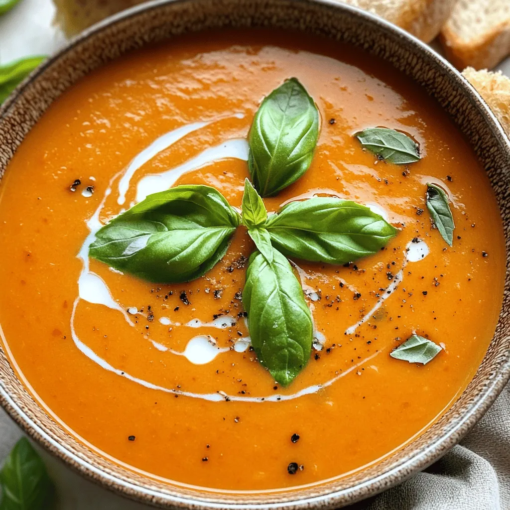 - 4 große rote Paprika - 1 mittlere Zwiebel, gewürfelt - 3 Knoblauchzehen, gehackt - 1 Esslöffel Olivenöl - 500 ml Gemüsebrühe - 250 ml Kokosmilch (oder Schlagsahne) Die Hauptzutaten sind einfach zu finden. Rote Paprika geben der Suppe ihren tollen Geschmack. Zwiebeln und Knoblauch fügen Tiefe hinzu. Olivenöl hilft beim Anbraten. Gemüsebrühe sorgt für eine gute Basis. Kokosmilch macht die Suppe schön cremig. - 1 Teelöffel geräuchertes Paprika-Pulver - Salz und Pfeffer nach Geschmack - Frische Basilikumblätter zur Garnitur Die Gewürze sind wichtig für den Geschmack. Geräuchertes Paprika-Pulver bringt eine rauchige Note. Salz und Pfeffer sind nach Belieben hinzuzufügen. Frische Basilikumblätter machen die Suppe frisch und schön. Diese Zutaten heben die Aromen hervor. Heize deinen Ofen auf 230°C (450°F) vor. Das sorgt für eine schöne Röstaroma. Halbiere die roten Paprika und entferne die Kerne und Stiele. Leg die Paprikahälften mit der Schnittseite nach unten auf ein Backblech. Ein Backpapier hilft, die Paprika leicht zu lösen. Lege die Paprikahälften auf ein Backblech. Röste sie 25-30 Minuten im Ofen. Die Schalen sollten verkohlt und blasig sein. Nimm sie dann aus dem Ofen und lass sie etwa 10 Minuten abkühlen. Das Abkühlen macht es einfacher, die Haut abzuziehen. Erhitze in einem großen Topf das Olivenöl bei mittlerer Hitze. Füge die gewürfelte Zwiebel hinzu und brate sie 5-7 Minuten lang. Sie sollte weich und durchsichtig sein. Dann gib den gehackten Knoblauch und das geräucherte Paprika-Pulver dazu. Brate alles weitere 1-2 Minuten. Das gibt der Suppe einen tollen Geschmack. Jetzt kommen die gerösteten Paprika und die Gemüsebrühe dazu. Lass die Mischung aufkochen und dann 10 Minuten köcheln. Dadurch verbinden sich die Aromen gut. Verwende einen Pürierstab, um die Suppe glatt und cremig zu machen. Gib die pürierte Suppe zurück in den Topf und rühre die Kokosmilch ein. Schmecke die Suppe mit Salz und Pfeffer ab. Erhitze sie nochmals kurz, bevor du sie servierst. Rösten macht die Paprika süß und lecker. Achte darauf, den Ofen auf 230°C vorzuheizen. So garen die Paprika gleichmäßig. Lege die Paprikahälften mit der Schnittseite nach unten auf das Blech. Lass die Paprika 25-30 Minuten rösten. Die Schalen sollten verkohlt und blasig sein. Um Verbrennungen zu vermeiden, halte die Röstdauer im Blick. Wenn die Haut zu schwarz ist, kann der Geschmack bitter werden. Nach dem Rösten, lass die Paprika 10 Minuten abkühlen. Das macht das Abziehen der Haut leichter. Für die Suppe kannst du einen Pürierstab oder einen Standmixer benutzen. Ein Pürierstab ist gut, weil du die Suppe direkt im Topf pürieren kannst. Das spart Zeit und schont das Geschirr. Ein Standmixer macht die Suppe sehr fein. Du musst die Mischung jedoch in Portionen pürieren. Achte darauf, die perfekte Konsistenz zu erreichen. Die Suppe soll glatt und cremig sein. Präsentiere die Suppe in warmen Schalen. Das sieht schön aus und hält die Suppe warm. Garniere die Suppe mit frischen Basilikumblättern. Ein Spritzer Kokosmilch sorgt für eine schöne Optik. Für ein vollwertiges Essen, serviere die Suppe mit knusprigem Brot. Das ergänzt den Geschmack gut und macht die Mahlzeit sättigend. {{image_4}} Für diese Suppe nutze ich gerne Gemüsebrühe. Sie bringt einen tollen Geschmack. Auch die Kokosmilch ist wichtig. Wenn du keine Kokosmilch magst, kannst du sie durch andere Milchalternativen ersetzen. Mandel- oder Hafermilch passen gut dazu. So bleibt die Suppe cremig und lecker. Um die Suppe noch spannender zu machen, kann ich Kräuter und Gewürze hinzufügen. Thymian oder Oregano geben einen frischen Geschmack. Auch andere Gemüse sind möglich. Karotten oder Sellerie sorgen für mehr Tiefe. Experimentiere ruhig mit verschiedenen Zutaten! Wenn du es scharf magst, füge Chili oder Cayennepfeffer hinzu. Das bringt mehr Kick in die Suppe. Beginne mit einer kleinen Menge und taste dich voran. So bleibt die Balance zwischen den Aromen erhalten. Ein guter Tipp: Frische Chilis sind intensiver als getrocknete. Um die Suppe richtig zu lagern, füllen Sie sie in einen luftdichten Behälter. Lassen Sie die Suppe zuerst auf Raumtemperatur abkühlen. Danach schließe Sie den Behälter. Im Kühlschrank hält die Suppe etwa 3 bis 5 Tage. Achten Sie darauf, die Suppe gut abzudecken, um einen Verlust an Geschmack zu vermeiden. Zum Einfrieren füllen Sie die kalte Suppe in gefrierfeste Behälter. Lassen Sie dabei etwas Platz für die Ausdehnung. Die Suppe kann bis zu 3 Monate im Gefrierfach bleiben. Für das spätere Auftauen stellen Sie die gefrorene Suppe über Nacht in den Kühlschrank. Das langsame Auftauen hilft, die Textur zu bewahren. Erwärmen Sie die Suppe bei niedriger bis mittlerer Hitze auf dem Herd. Rühren Sie dabei oft um, damit sie gleichmäßig warm wird. Vermeiden Sie das Überkochen, um die cremige Konsistenz zu erhalten. Sie können auch einen Pürierstab verwenden, um die Suppe nach dem Erwärmen wieder glatt zu machen. Die Suppe hält sich gut im Kühlschrank. Du kannst sie bis zu fünf Tage lagern. Stelle sicher, dass du die Suppe in einem luftdichten Behälter aufbewahrst. Das hilft, den Geschmack frisch zu halten. Wenn du die Suppe länger aufbewahren möchtest, friere sie ein. In einem geeigneten Behälter bleibt sie bis zu drei Monate gut. Ja, du kannst auch andere Paprika verwenden. Gelbe oder grüne Paprika geben der Suppe einen anderen Geschmack. Gelbe Paprika sind süßer, während grüne Paprika einen leicht bitteren Geschmack haben. Diese Variationen bringen neue Aromen in dein Gericht. Du kannst auch eine Mischung aus verschiedenen Paprika verwenden, um die Geschmäcker zu kombinieren. Nein, die Suppe ist nicht scharf. Sie hat einen milden, rauchigen Geschmack durch das geräucherte Paprika-Pulver. Wenn du es schärfer magst, kannst du Chili oder Cayennepfeffer hinzufügen. Fang mit einer kleinen Menge an und taste dich langsam heran. So kannst du die Schärfe nach deinem Geschmack anpassen. Diese Suppe vereint einfache Zutaten und schmackhafte Aromen. Wir haben gelernt, Paprika zu rösten, die Zwiebeln und den Knoblauch anzubraten, und wie man alles zu einer köstlichen Suppe püriert. Tipps zum Rösten und Pürieren helfen dir, den besten Geschmack zu erzielen. Du kannst die Suppe variieren, indem du Milchalternativen oder zusätzliche Gewürze verwendest. Beachte die Aufbewahrung, um die Frische zu erhalten. Probiere es aus und genieße die Vielfalt dieser Rezeptideen!