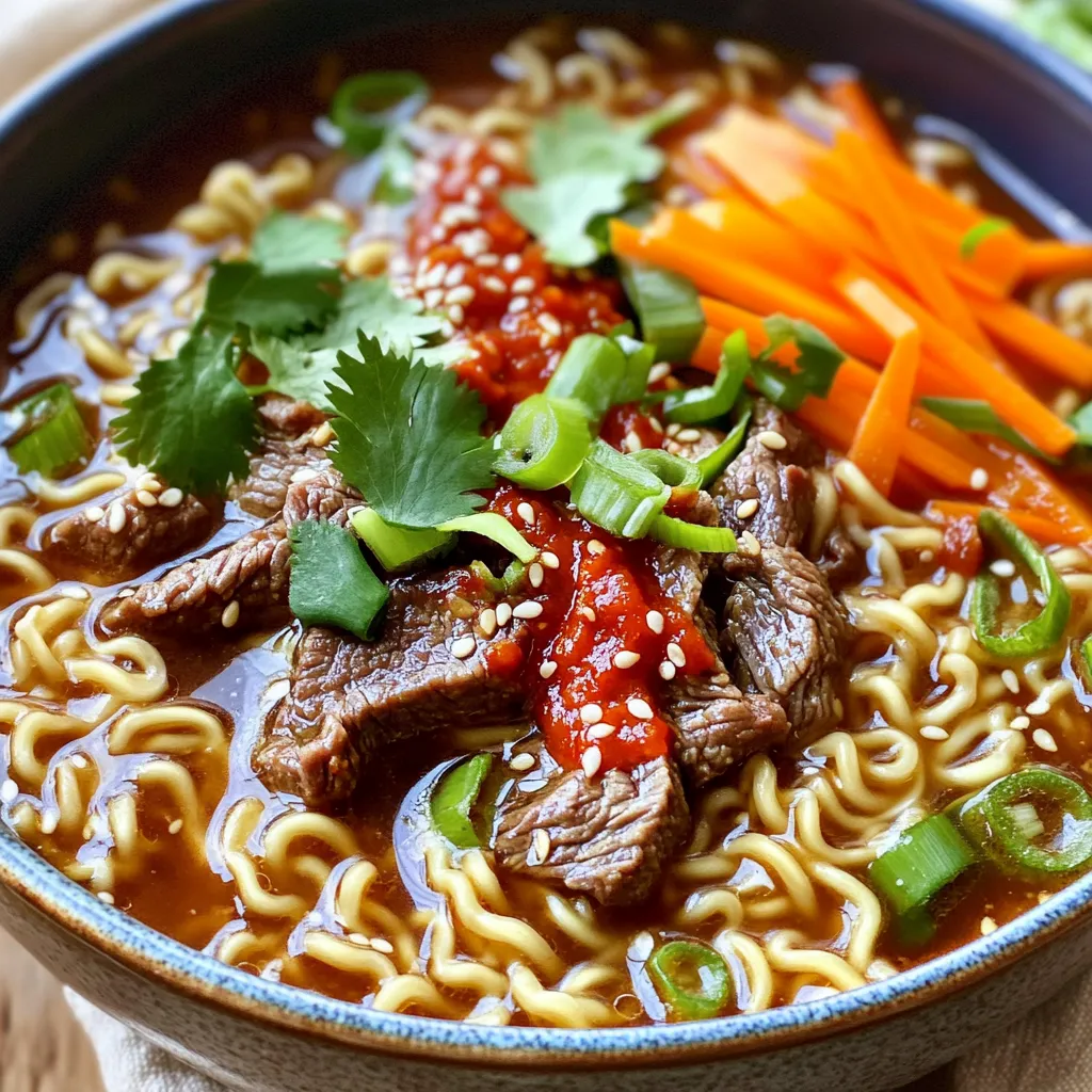 Für dieses leckere Gericht brauche ich einige Hauptzutaten. Hier ist die Liste: - 200g Ramen-Nudeln - 250g dünn geschnittenes Rindfleisch (z.B. Hüftsteak oder Rinderfilet) - 1 Esslöffel Sesamöl - 1 Esslöffel Chilipaste (nach Geschmack anpassen) - 2 Knoblauchzehen, fein gehackt - 1 Zwiebel, fein gehackt - 4 Tassen Rinderbrühe - 2 Esslöffel Sojasauce - 1 Esslöffel Reisessig - 1 Karotte, in feine Streifen geschnitten (Julienne) - 2 Frühlingszwiebeln, in Ringe geschnitten - Sesamsamen zum Garnieren - Frischer Koriander zum Garnieren - Salz und Pfeffer nach Geschmack Achte beim Einkaufen auf frische Zutaten. Hier sind einige Tipps: - Wähle Rindfleisch, das eine schöne rote Farbe hat. - Die Ramen-Nudeln sollten unbeschädigt sein. - Kaufe frische Zwiebeln und Knoblauch, die fest sind. - Karotten sollten knackig und ohne Flecken sein. - Achte darauf, dass die Frühlingszwiebeln frisch und grün sind. Frische Zutaten machen das Gericht viel schmackhafter. Manchmal haben wir andere Wünsche oder Bedürfnisse. Hier sind Alternativen: - Für eine vegetarische Option kann ich Tofu oder Tempeh verwenden. - Anstelle von Rindfleisch kann ich Hähnchen oder Garnelen nehmen. - Veganer können Sojasauce durch Tamari ersetzen. - Für mehr Gemüse kann ich Paprika, Brokkoli oder Zucchini hinzufügen. - Ich kann die Schärfe durch weniger Chilipaste anpassen. Diese Alternativen helfen, das Rezept nach meinem Geschmack zu gestalten. Um die Ramen richtig zuzubereiten, bringe zuerst einen großen Topf mit Wasser zum Kochen. Füge die Ramen-Nudeln hinzu. Koche sie für 3 bis 4 Minuten, bis sie weich sind. Danach gieße das Wasser ab und lege die Nudeln beiseite. Erhitze eine große Pfanne oder einen Wok bei mittlerer bis hoher Hitze. Gib 1 Esslöffel Sesamöl hinein. Füge das dünn geschnittene Rindfleisch hinzu. Würze es mit einer Prise Salz und Pfeffer. Brate das Fleisch 2 bis 3 Minuten, bis es gebräunt und durchgegart ist. Nimm das Rindfleisch aus der Pfanne und lege es beiseite. In dieselbe Pfanne gibst du die fein gehackten Knoblauchzehen und die Zwiebel. Brate sie 30 Sekunden lang an, bis sie duften. Füge nun die Rinderbrühe, Sojasauce und Reisessig hinzu. Lass die Brühe köcheln. Rühre die Chilipaste unter, um die Schärfe zu entfalten. Gib die in feine Streifen geschnittene Karotte dazu und koche sie 2 Minuten lang mit. Jetzt kommt das angebratene Rindfleisch zurück in die Pfanne. Mische alles gut. Lass es eine Minute köcheln, damit es warm wird. Dann füge die gekochten Ramen-Nudeln hinzu. Wende sie vorsichtig in der Brühe, damit sie den Geschmack aufnehmen. Serviere die Ramen in tiefen Schalen. Garniere sie mit Frühlingszwiebeln, Sesamsamen und frischem Koriander. Um den perfekten Geschmack zu erreichen, achte auf die Frische der Zutaten. Verwende frische Rindfleischstücke für besten Geschmack. Die Wahl von hochwertigem Sesamöl bringt mehr Tiefe. Die Chilipaste kann nach deinem Geschmack angepasst werden. Wenn du es schärfer magst, füge mehr Chilipaste hinzu. Für ein zusätzliches Aroma, röste die Knoblauchzehen leicht an, bevor du sie zur Brühe gibst. Du kannst das Rezept einfach anpassen. Für eine mildere Version, benutze weniger Chilipaste. Möchtest du etwas Süßes? Füge einen Teelöffel Honig hinzu. Für eine vegetarische Option, ersetze das Rindfleisch durch Tofu oder Pilze. Du kannst auch andere Gemüse wie Brokkoli oder Paprika hinzufügen. Diese geben dir mehr Vielfalt und Nährstoffe. Ein häufiger Fehler ist, die Brühe zu lange zu kochen. Dies kann den Geschmack verändern. Achte darauf, das Rindfleisch nicht zu lange zu braten. Es sollte zart und saftig bleiben. Wenn du die Ramen-Nudeln kochst, halte dich an die Zeitangaben auf der Verpackung. Überkoche sie nicht, sonst werden sie matschig. Achte auch darauf, die Brühe vor dem Servieren gut zu würzen. Ein bisschen Salz kann den Unterschied machen. {{image_4}} Um die Reste gut zu lagern, benötigst du einen luftdichten Behälter. Fülle die Ramen und die Brühe in den Behälter. Lass die Mischung zuerst abkühlen. Dann decke den Behälter gut ab. So bleiben die Aromen frisch. Lagere die Reste im Kühlschrank. Sie sind dort bis zu drei Tage haltbar. Zum Aufwärmen nimm eine Pfanne oder einen Topf. Gib die Ramen und die Brühe hinein. Erwärme alles bei mittlerer Hitze. Rühre dabei gelegentlich um. Du kannst auch einen Schuss Wasser hinzufügen. So bleibt die Brühe nicht zu dick. Alternativ kannst du die Ramen in der Mikrowelle aufwärmen. Stelle die Mikrowelle auf mittlere Hitze und decke die Schüssel ab. Die meisten Zutaten halten sich gut. Frisches Rindfleisch bleibt 1-2 Tage im Kühlschrank. Rinderbrühe kannst du bis zu einer Woche lagern. Ramen-Nudeln sind lange haltbar, solange sie trocken bleiben. Fertige Gerichte sind im Kühlschrank drei Tage genießbar. Achte immer auf Geruch und Aussehen, bevor du etwas isst. Wenn du eine vegetarische oder vegane Option suchst, kannst du Tofu oder Tempeh verwenden. Schneide sie in kleine Stücke und brate sie anstelle von Rindfleisch. Verwende auch Gemüsebrühe anstelle von Rinderbrühe. Das sorgt für einen ähnlichen Geschmack. Füge mehr Gemüse wie Brokkoli oder Zucchini hinzu, um die Nährstoffe zu erhöhen. Die Schärfe kannst du leicht anpassen. Reduziere die Chilipaste, wenn du es mild magst. Für mehr Schärfe, füge frische Chili oder mehr Chilipaste hinzu. Experimentiere mit Sriracha oder Chilisauce. So findest du die perfekte Balance für deinen Geschmack. Um mehr Crunch hinzuzufügen, kannst du verschiedene Gemüsesorten verwenden. Probiere Paprika, Zuckerschoten oder Radieschen. Diese bringen Farbe und Textur in dein Gericht. Auch Sprossen oder knackiger Kohl sind tolle Ergänzungen. Sie machen die Ramen nicht nur lecker, sondern auch gesund. Die Zubereitung dauert etwa 20 Minuten. In dieser Zeit kochen Sie die Ramen-Nudeln und bereiten die Brühe vor. Die Schritte sind einfach und schnell. Sie können alles in einer großen Pfanne oder einem Wok machen. Das Gericht ist ideal für ein schnelles Abendessen. Ja, Sie können andere Proteine nutzen. Hähnchenbrust oder Tofu sind gute Optionen. Diese können Sie gleich nach dem Anbraten des Rindfleischs hinzufügen. Achten Sie darauf, die Garzeit anzupassen. So bleibt alles zart und saftig. Die Schärfe hängt von der verwendeten Chilipaste ab. Sie können die Menge anpassen, um die Schärfe zu steuern. Weniger Chilipaste ergibt eine mildere Brühe. Fügen Sie mehr hinzu, wenn Sie es schärfer mögen. Experimentieren Sie mit verschiedenen Sorten für neue Geschmäcker. In diesem Artikel haben wir die wichtigsten Zutaten für Minute Chili Sesam-Rindfleisch Ramen besprochen. Wir haben Tipps zur Auswahl, Vorbereitung und Auswahl von Alternativen gegeben. Die Schritt-für-Schritt-Anleitung macht die Zubereitung einfach. Schmecke die Brühe perfekt ab und vermeide häufige Fehler. Auch die Aufbewahrung und Variationen wurden behandelt. Verwende Gemüse und verschiedene Gewürze, um dein Ramen anzupassen. Probier es aus und entdecke neue Geschmäcker, die du lieben wirst. Deine Ramen werden noch besser!