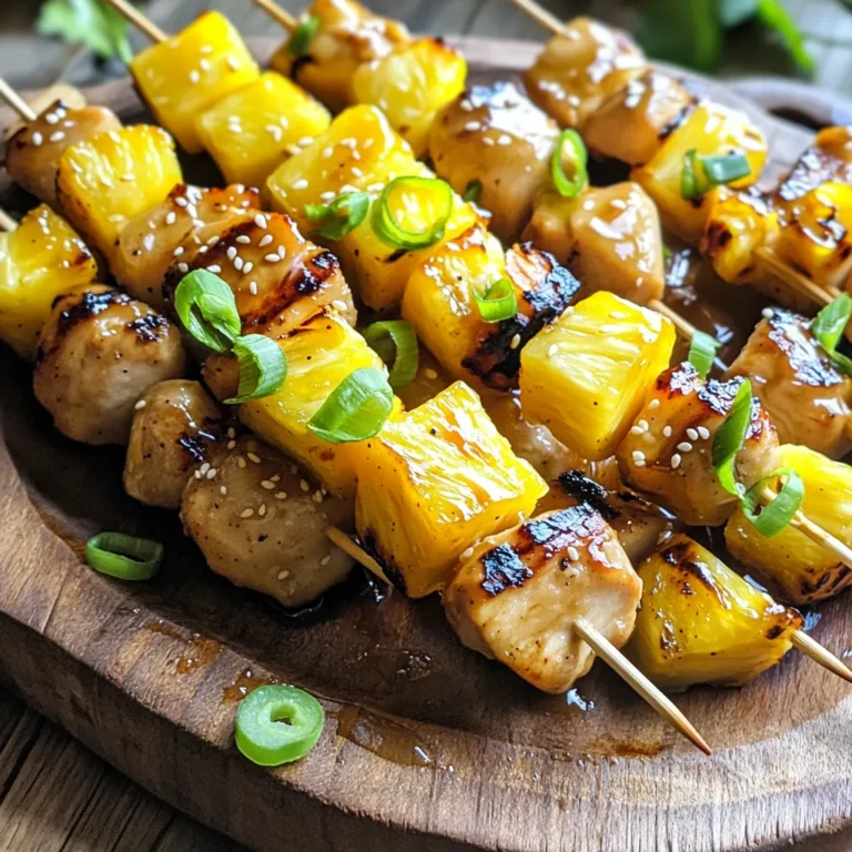 Für die Ananas-Teriyaki-Hühnchenspieße benötigst du folgende Hauptzutaten: - 450 g Hähnchenschenkel, ohne Haut und Knochen, in 2,5 cm große Würfel geschnitten - 1 Tasse frische Ananas, in 2,5 cm große Würfel geschnitten Diese Zutaten geben den Spießen ihren saftigen Geschmack und die süße Note von Ananas. Die Marinade ist der Schlüssel zu einem tollen Geschmack. Hier sind die Zutaten: - 60 ml Sojasauce - 50 g brauner Zucker - 30 ml Reisessig - 15 ml Sesamöl - 2 Knoblauchzehen, fein gehackt - 1 Teelöffel frischer Ingwer, gerieben - 1 Esslöffel Speisestärke, gemischt mit 1 Esslöffel Wasser (zum Andicken) Diese Mischung macht das Hähnchen zart und gibt ihm einen tollen Teriyaki-Geschmack. Achte bei der Auswahl der Zutaten auf Qualität und Frische. Hier sind einige Tipps: - Wähle frisches Hähnchen aus der Theke und keine gefrorenen Produkte. - Die Ananas sollte reif und süß sein. Sie gibt den Spießen einen frischen Kick. - Achte darauf, dass die Sojasauce von guter Qualität ist. Dies verbessert den Geschmack enorm. - Verwende frischen Ingwer und Knoblauch, um das beste Aroma zu erzielen. Diese Tipps helfen dir, die besten Zutaten für deine Ananas-Teriyaki-Hühnchenspieße zu wählen. So wird dein Gericht ein echter Hit! Um das Hähnchen perfekt zu marinieren, beginne mit der Marinade. Mische in einer Schüssel Sojasauce, braunen Zucker, Reisessig, Sesamöl, gehackten Knoblauch und frischen Ingwer. Rühre alles gut um, bis sich der Zucker auflöst. Gib die Hähnchenstücke hinzu und achte darauf, dass sie gut bedeckt sind. Decke die Schüssel ab und stelle sie für mindestens 30 Minuten in den Kühlschrank. Du kannst das Hähnchen bis zu vier Stunden marinieren, wenn du einen stärkeren Geschmack wünschst. Wenn das Hähnchen mariniert, bereite die Spieße vor. Falls du Holzspieße verwendest, lege sie für etwa 30 Minuten in Wasser. Dies verhindert, dass sie während des Grillens anbrennen. Nach dem Einweichen kannst du die marinierten Hähnchen- und Ananaswürfel abwechselnd auf die Spieße stecken. Achte darauf, genug Platz zwischen den Stücken zu lassen, damit sie gleichmäßig garen. Heize den Grill oder eine Grillpfanne auf mittelhohe Hitze vor. Lege die Spieße auf den Grill und grille sie für 10 bis 12 Minuten. Wende sie regelmäßig, damit sie gleichmäßig durchgaren. Das Hähnchen sollte eine Kerntemperatur von 74°C erreichen. Etwa zwei Minuten vor Ende der Garzeit, bestreiche die Spieße mit der eingedickten Teriyaki-Sauce. Dadurch erhält das Gericht noch mehr Geschmack. Nach dem Grillen nimm die Spieße vom Grill und bestreue sie mit geschnittenen Frühlingszwiebeln. Um die Marinade zu verbessern, nutze frische Zutaten. Frischer Ingwer hebt den Geschmack. Du kannst auch etwas Limettensaft hinzufügen. Das gibt mehr Frische. Lasse das Hähnchen mindestens 30 Minuten marinieren. Für einen intensiveren Geschmack mariniere bis zu vier Stunden. Je länger, desto besser der Geschmack! Die richtige Grilltemperatur ist wichtig. Heize deinen Grill auf mittelhohe Hitze vor. Das Hähnchen sollte in 10 bis 12 Minuten gar sein. Wende die Spieße regelmäßig, damit sie gleichmäßig bräunen. Achte darauf, dass das Hähnchen eine Kerntemperatur von 74°C erreicht. So bleibt das Fleisch saftig und zart. Die Präsentation zählt! Lege die Spieße auf eine große Platte. Du kannst sie mit Frühlingszwiebeln garnieren. Serviere zusätzlich Teriyaki-Sauce in einer kleinen Schüssel. Das sieht schön aus und bietet mehr Geschmack. Denke daran, Sesamsamen für Crunch hinzuzufügen. Ein frischer Salat oder gedämpfter Reis passt perfekt dazu. {{image_4}} Du kannst diese Spieße auch vegetarisch machen. Statt Hähnchen kannst du Tofu oder Tempeh verwenden. Schneide den Tofu in Würfel und mariniere ihn wie das Hähnchen. Auch Gemüse wie Paprika, Zucchini und Champignons passen gut zu Ananas. Diese Alternativen bieten dir viele Möglichkeiten. Wenn du es gerne scharf magst, füge etwas Chili oder Sriracha zur Marinade hinzu. Für fruchtige Varianten kannst du Mango oder Papaya anstelle von Ananas probieren. Das bringt frische Aromen. Experimentiere mit verschiedenen Gewürzen, um deinen perfekten Geschmack zu finden. Die Ananas-Teriyaki-Hühnchenspieße schmecken toll zu gedämpftem Reis oder einem leichten Salat. Du kannst auch Quinoa oder Couscous als Beilage wählen. Wenn du magst, serviere die Spieße auf einem großen Teller mit extra Teriyaki-Sauce. Ein paar Sesamsamen oben drauf geben einen schönen Crunch. Wenn du Reste von den Ananas-Teriyaki-Hühnchenspießen hast, bewahre sie gut auf. Lege sie in einen luftdichten Behälter. So bleiben die Spieße frisch. Du kannst sie im Kühlschrank für bis zu drei Tage lagern. Wenn du die Spieße aufwärmst, mache dies sanft in der Mikrowelle oder in einer Pfanne. So bleibt das Hähnchen saftig. Du kannst die Spieße auch im Voraus zubereiten. Marinier das Hähnchen und die Ananas. Stecke sie auf die Spieße und lege sie in einen Gefrierbeutel. Achte darauf, die Luft herauszudrücken. So bleibt alles frisch. Du kannst die Spieße bis zu drei Monate einfrieren. Um sie zu verwenden, lass sie über Nacht im Kühlschrank auftauen. Danach kannst du sie grillen oder braten. Die Marinade hält sich im Kühlschrank etwa eine Woche. Wenn du mehr vorbereitest, lagere sie in einem Glasbehälter. Achte darauf, dass der Deckel dicht ist. Wenn du die Marinade länger aufbewahren möchtest, friere sie in kleinen Portionen ein. So hast du immer etwas zur Hand, wenn du Hähnchen marinieren möchtest. Das Hähnchen sollte mindestens 30 Minuten marinieren. So zieht der Geschmack gut ein. Wenn du Zeit hast, mariniere es bis zu 4 Stunden. So wird das Hähnchen noch saftiger und geschmackvoller. Achte darauf, den Hähnchenwürfeln genug Zeit zu geben, um die Aromen der Marinade aufzunehmen. Ja, du kannst die Spieße auch im Ofen machen. Heize den Ofen auf 200 Grad Celsius vor. Lege die Spieße auf ein Backblech mit Backpapier. Gare sie für 15-20 Minuten, bis das Hähnchen durch ist. Wende die Spieße während des Garens einmal. So bekommst du auch einen schönen Grillgeschmack. Zu Ananas-Teriyaki-Hühnchenspießen passen viele Beilagen gut. Hier sind einige Ideen: - Gedämpfter Reis - Ein frischer gemischter Salat - Gegrilltes Gemüse - Quinoa-Salat Diese Beilagen ergänzen den süßen und herzhaften Geschmack der Spieße perfekt. Ananas-Teriyaki-Hühnchenspieße sind einfach und lecker. Du hast gelernt, was du brauchst, um sie zuzubereiten. Die Marinade macht einen großen Unterschied. Denke daran, die richtigen Zutaten auszuwählen und die Grilltemperatur zu beachten. Du kannst auch Variationen ausprobieren, um neue Geschmäcker zu entdecken. Vergiss nicht, die Reste gut zu lagern. So bleibt alles frisch. Bereite dich auf ein aufregendes Geschmackserlebnis vor. Viel Spaß beim Kochen und Experimentieren mit deinen Spießen!