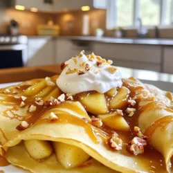 Für die Crêpes benötigst du: - 1 Tasse Weizenmehl - 2 große Eier - 1 1/2 Tassen Milch - 2 Esslöffel geschmolzene Butter - 1 Esslöffel Zucker - 1/2 Teelöffel Salz Diese Zutaten sind die Basis für deine leckeren Crêpes. Das Mehl gibt Struktur und die Eier sorgen für die Bindung. Milch macht die Crêpes schön zart. Für die Äpfel brauchst du: - 2 mittelgroße Äpfel (Granny Smith oder Fuji), dünn geschnitten - 1/2 Tasse gesalzene Karamellsauce - 1/4 Teelöffel gemahlener Zimt Die Äpfel bringen Frische und Süße. Die Karamellsauce macht sie besonders lecker. Zimt gibt zusätzlichen Geschmack und Wärme. Zum Servieren empfehle ich: - Schlagsahne - Gehackte Nüsse (optional, zur Garnierung) Die Schlagsahne sorgt für Cremigkeit. Die Nüsse geben einen tollen Crunch und mehr Textur. So wird dein Gericht besonders ansprechend. Um den Teig für die Crêpes zu machen, nimm eine große Schüssel. Gib das Weizenmehl, die Eier, die Milch, die geschmolzene Butter, den Zucker und das Salz hinein. Rühre alles gut um, bis der Teig glatt ist. Lass den Teig für etwa 30 Minuten ruhen. Das verbessert die Textur der Crêpes. Heize eine antihaftbeschichtete Pfanne auf mittlerer Hitze. Gieße etwa 1/4 Tasse Teig in die Pfanne. Schwenke die Pfanne, damit der Teig gleichmäßig verteilt ist. Backe die Crêpe für 1-2 Minuten, bis die Ränder sich anheben. Wende die Crêpe und backe sie noch eine Minute. Wiederhole dies mit dem restlichen Teig. Staple die fertigen Crêpes und halte sie warm. Für die Äpfel, schmelze 1 Esslöffel Butter in einer separaten Pfanne bei mittlerer Hitze. Füge die dünn geschnittenen Äpfel hinzu. Bestreue die Äpfel mit Zimt und brate sie etwa 5-7 Minuten. Die Äpfel sollten zart sein. Gib die Hälfte der gesalzenen Karamellsauce dazu und mische alles gut. Nimm die Pfanne vom Herd. Um perfekte Crêpes zu machen, gibt es einige Fehler, die du vermeiden solltest: - Teig zu dünn oder zu dick: Der Teig sollte eine glatte Konsistenz haben. Er sollte nicht zu dickflüssig sein, sonst werden die Crêpes schwer. - Nicht genug Ruhezeit: Lass den Teig für mindestens 30 Minuten ruhen. Das verbessert die Textur der Crêpes. - Pfanne nicht richtig erhitzt: Die Pfanne sollte heiß, aber nicht zu heiß sein. Teste dies mit einem kleinen Teigklecks. Um deine Vorbereitungszeit zu verkürzen, beachte diese Tipps: - Zutaten vorbereiten: Messe alle Zutaten im Voraus ab. Das spart Zeit. - Äpfel vorher schneiden: Du kannst die Äpfel vor dem Crêpes machen schneiden. So hast du alles bereit. - Pfannen gleichzeitig nutzen: Wenn du zwei Pfannen hast, kannst du gleichzeitig Crêpes und Äpfel zubereiten. Die Präsentation deiner Crêpes macht viel aus. Hier sind einige Ideen: - Mit Karamellsauce garnieren: Beträufle die Crêpes mit extra gesalzener Karamellsauce. - Schlagsahne hinzufügen: Ein Klecks Schlagsahne macht die Crêpes besonders lecker. - Gehackte Nüsse: Streue ein paar Nüsse darüber für zusätzlichen Crunch und Geschmack. Mit diesen Tipps wird dein Rezept für gesalzene Karamell-Apfel-Crêpes ein voller Erfolg! {{image_4}} Du kannst viele Apfelsorten für deine Crêpes nutzen. Granny Smith gibt einen tollen, sauren Geschmack. Fuji ist süßer und knackiger. Andere Optionen sind Honeycrisp oder Gala. Diese Sorten bringen unterschiedliche Texturen und Aromen. Probiere sie aus und finde deinen Favoriten! Wenn du keine gesalzene Karamellsauce hast, gibt es Alternativen. Du kannst eine normale Karamellsauce verwenden. Ein Honig- oder Ahornsirup kann auch gut passen. Für eine schokoladige Note, probiere Schokoladensauce. Achte darauf, die Menge je nach Süße anzupassen. So bleibt der Geschmack ausgeglichen. Du kannst die Crêpes auch vegan oder glutenfrei machen. Für vegane Crêpes verwende Pflanzenmilch statt Kuhmilch. Ersetze die Eier durch Apfelmus oder Leinsamen. Für glutenfreie Crêpes benutze Reismehl oder Buchweizenmehl. Diese Optionen sind lecker und passen gut zu den Äpfeln. So kann wirklich jeder das Rezept genießen! Um Crêpes frisch zu halten, lege sie auf einen Teller. Decke sie mit Frischhaltefolie oder einem sauberen Küchentuch ab. So bleiben sie weich und feucht. Du kannst die Crêpes auch in einem luftdichten Behälter im Kühlschrank aufbewahren. Sie bleiben so bis zu drei Tage frisch. Die karamellisierten Äpfel kannst du in einem luftdichten Behälter aufbewahren. Stelle sicher, dass sie vollständig abgekühlt sind, bevor du sie lagerst. So bleiben sie bis zu zwei Tage frisch. Wenn du die Äpfel aufwärmen möchtest, erhitze sie kurz in einer Pfanne. Wenn du Crêpes für später aufbewahren möchtest, friere sie ein. Lege ein Stück Backpapier zwischen jede Crêpe. So kleben sie nicht zusammen. Verwende einen luftdichten Behälter oder einen Gefrierbeutel. Die Crêpes sind bis zu zwei Monate haltbar. Zum Auftauen lege sie einfach in den Kühlschrank oder erwärme sie kurz in der Mikrowelle. Wenn du Weizenmehl vermeiden möchtest, gibt es gute Alternativen. Du kannst Dinkelmehl oder Buchweizenmehl verwenden. Diese Mehle bieten einen ähnlichen Geschmack und eine gute Textur. Glutenfreies Mehl ist auch eine Option, wenn du Gluten meiden musst. Achte darauf, die Menge leicht anzupassen, da glutenfreies Mehl oft mehr Flüssigkeit braucht. Die Crêpes halten sich gut im Kühlschrank. Du kannst sie bis zu drei Tage aufbewahren. Lege sie in einen luftdichten Behälter, damit sie frisch bleiben. Wenn du sie wieder aufwärmen möchtest, lege sie einfach in eine Pfanne oder in die Mikrowelle. Sie schmecken dann fast wie frisch gemacht. Ja, du kannst die Karamellsauce ganz einfach selber machen. Du brauchst nur Zucker, Sahne und etwas Salz. Schmelze den Zucker in einem Topf, bis er goldbraun ist. Füge dann die Sahne langsam hinzu und rühre gut um. Zum Schluss das Salz hinzufügen. Lasse die Sauce abkühlen, bevor du sie über die Crêpes gießt. So hast du eine frische, leckere Sauce. Zusammenfassend haben wir die Zutaten für Crêpes und karamellisierte Äpfel besprochen. Wir haben die Schritt-für-Schritt-Anleitung zur Zubereitung durchgegangen. Es gibt nützliche Tipps, um Fehler zu vermeiden und Variationen zu entdecken. Außerdem habe ich erklärt, wie man Crêpes richtig aufbewahrt. Denke daran, kreativ zu sein und neue Zutaten auszuprobieren. Crêpes sind vielseitig und lecker. Viel Spaß beim Kochen und Genießen!