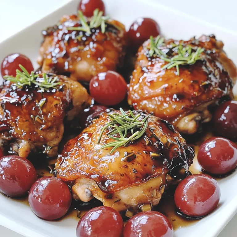 Für das leckere Sheet-Pan Balsamic Rosemary Chicken und Trauben brauchst du: - 4 Hähnchenschenkel ohne Knochen und Haut - 2 Tassen rote Trauben, halbiert - 1/4 Tasse Balsamico-Essig - 2 Esslöffel Olivenöl - 2 Esslöffel Honig - 3 Zehen Knoblauch, fein gehackt - 1 Esslöffel frischer Rosmarin, gehackt (oder 1 Teelöffel getrockneter Rosmarin) - Salz und Pfeffer nach Geschmack - Abrieb von 1 Zitrone - Frische Rosmarinzweige zur Dekoration Jede Zutat hat ihren eigenen Geschmack und Nutzen. - Hähnchenschenkel: Sie sind saftig und zart. Sie geben dem Gericht eine tolle Basis. - Rote Trauben: Sie bringen Süße und einen schönen Kontrast. Beim Backen karamellisieren sie und werden lecker. - Balsamico-Essig: Er gibt eine köstliche Säure. Das passt perfekt zum Hähnchen und den Trauben. - Olivenöl: Es hilft, alles schön zu vermischen und gibt Geschmack. - Honig: Er fügt eine süße Note hinzu. Das ist wichtig für die Balance der Aromen. - Knoblauch: Er gibt ein intensives Aroma. Das macht das Gericht noch schmackhafter. - Rosmarin: Frischer Rosmarin bringt einen tollen Duft. Er verstärkt den Geschmack des Hähnchens. - Zitrone: Der Abrieb bringt Frische. Er hebt die anderen Aromen hervor. Wenn du spezielle diätetische Bedürfnisse hast, gibt es Alternativen. - Glutenfrei: Alle Zutaten sind von Natur aus glutenfrei. Achte nur auf die Etiketten. - Vegan: Du kannst das Hähnchen durch Tofu ersetzen. Verwende eine ähnliche Marinade. - Zuckerfrei: Ersetze den Honig durch einen Zuckerersatz. Achte darauf, dass er hitzebeständig ist. - Allergien: Wenn du gegen Nüsse allergisch bist, überprüfe das Olivenöl und die Gewürze. Sie sollten sicher sein. Diese Zutaten machen dein Gericht einfach und lecker. Du kannst sie leicht finden und anpassen, um dein perfektes Essen zu kreieren. Heize deinen Ofen auf 200°C vor. Das sorgt für gleichmäßiges Garen. Nimm ein großes Backblech und lege es mit Backpapier aus. Das macht die Reinigung einfach. Nimm eine kleine Schüssel. Füge 1/4 Tasse Balsamico-Essig, 2 Esslöffel Olivenöl und 2 Esslöffel Honig hinzu. Dann kommen 3 fein gehackte Knoblauchzehen und 1 Esslöffel frischer Rosmarin dazu. Mische alles gut. Gib Salz, Pfeffer und etwas Zitronenabrieb hinein. Rühre, bis die Marinade gut vermischt ist. Lege die Hähnchenschenkel auf das Backblech. Gieße die Hälfte der Marinade darüber. Verteile die halbierten Trauben um das Hähnchen. Beträufle die Trauben mit der restlichen Marinade. Jetzt kommt das Blech in den Ofen. Backe alles für 25-30 Minuten. Das Hähnchen sollte eine Innentemperatur von 75°C erreichen. Die Trauben sollten schön karamellisiert und blubbernd sein. Lass das Hähnchen nach dem Backen 5 Minuten ruhen. Dekoriere das Gericht mit frischen Rosmarinzweigen. Die Marinade macht den Unterschied. Mische den Balsamico-Essig mit Olivenöl und Honig. Füge frischen Knoblauch und Rosmarin hinzu. Der Zitronenabrieb sorgt für Frische. Lass das Hähnchen mindestens 30 Minuten marinieren. So ziehen die Aromen gut ein. Wenn du Zeit hast, lasse es über Nacht im Kühlschrank. Das macht das Hähnchen noch zarter und geschmackvoller. Die Garzeit ist wichtig. Backe das Hähnchen bei 200°C für 25 bis 30 Minuten. Überprüfe die Innentemperatur mit einem Fleischthermometer. Es sollte 75°C erreichen. So bist du sicher, dass es gut durch ist. Achte darauf, dass die Trauben blubbern und karamellisieren. Wenn das Hähnchen fertig ist, lasse es fünf Minuten ruhen. Das hilft, die Säfte zu behalten. Die Präsentation zählt. Platziere die Hähnchenschenkel auf einem großen Teller. Verteile die karamellisierten Trauben gleichmäßig rundherum. Dekoriere das Gericht mit frischen Rosmarinzweigen. Das sieht nicht nur schön aus, sondern gibt auch einen tollen Duft. Serviere es warm und genieße die Mischung aus herzhaftem Hähnchen und süßen Trauben. {{image_4}} Du kannst das Hähnchen leicht ersetzen. Probier Rindfleisch oder Schweinefleisch. Diese Fleischsorten bringen einen anderen Geschmack. Du kannst auch Putenbrust verwenden. Achte darauf, die Garzeit anzupassen. Rindfleisch braucht mehr Zeit, während Pute weniger Zeit braucht. Das Ziel ist ein zartes und saftiges Ergebnis. Für eine vegetarische Version benutze Tofu oder Seitan. Diese Optionen nehmen die Marinade gut auf. Du kannst auch Gemüse wie Blumenkohl oder Zucchini verwenden. Schneide sie in Stücke und backe sie mit den Trauben. Diese Alternativen bieten eine tolle Textur und Geschmack. So kannst du das Gericht auch ohne Fleisch genießen. Spiele mit verschiedenen Gewürzen! Anstelle von Rosmarin probiere Thymian oder Oregano. Diese Kräuter geben dem Gericht einen neuen Twist. Du kannst auch Chili-Flocken für etwas Schärfe hinzufügen. Wenn du es süßer magst, füge mehr Honig hinzu. Mit Zitrusfrüchten wie Limette oder Orange kannst du frische Aromen einbringen. So bleibt das Rezept spannend und vielseitig! Um das Balsamico-Rosmarin-Hühnchen und die Trauben frisch zu halten, lassen Sie das Gericht zuerst abkühlen. Danach legen Sie es in einen luftdichten Behälter. Achten Sie darauf, dass das Hühnchen und die Trauben gut abgedeckt sind. So bleibt der Geschmack erhalten und das Gericht wird nicht trocken. Wenn Sie das Gericht wieder aufwärmen möchten, verwenden Sie den Ofen. Heizen Sie den Ofen auf 180°C vor. Legen Sie das Hühnchen und die Trauben auf ein Blech und decken Sie es mit Alufolie ab. Das hilft, das Gericht saftig zu halten. Erwärmen Sie es für etwa 15-20 Minuten. Alternativ können Sie eine Mikrowelle verwenden. Stellen Sie die Mikrowelle auf mittlere Leistung und erhitzen Sie es in kurzen Abständen. So vermeiden Sie ein Überkochen. Im Kühlschrank hält sich das Gericht etwa 3 bis 4 Tage. Achten Sie darauf, es gut zu verpacken. Im Gefrierfach kann das Hühnchen bis zu 3 Monate gelagert werden. Um beste Qualität zu gewährleisten, verwenden Sie gefriergeeignete Behälter. Denken Sie daran, das Gericht vor dem Einfrieren in Portionen zu teilen. So können Sie es einfacher auftauen und genießen. Um das Hähnchen durchzugaren, prüfen Sie die Innentemperatur. Sie sollte 75°C (165°F) erreichen. Nutzen Sie ein Fleischthermometer, um sicherzugehen. Schauen Sie auch auf die Farbe: Das Fleisch sollte nicht mehr rosa sein. Die Säfte sollten klar sein, nicht rot oder rosa. Ja, Sie können die Trauben durch andere Früchte ersetzen. Äpfel oder Pfirsiche passen gut. Diese Früchte bringen eine süße Note. Schneiden Sie sie in Stücke, damit sie gleichmäßig garen. Das sorgt für neuen Geschmack und Abwechslung. Zu diesem Gericht passen viele Beilagen. Probieren Sie Reis oder Couscous. Auch ein einfacher grüner Salat ergänzt das Hähnchen gut. Gemüse wie Brokkoli oder grüne Bohnen sind ebenfalls lecker. Diese Beilagen machen Ihr Essen vollwertig und bunt. Dieser Blogbeitrag stellte die Zutaten, die Schritt-für-Schritt-Anleitung, sowie nützliche Tipps vor. Wir sprachen über Alternativen für diätetische Bedürfnisse und Variationen des Rezepts. Die richtige Lagerung und häufige Fragen helfen dir, das Gericht optimal zu genießen. Informiere dich gut, um das Beste aus deinem Essen herauszuholen. Mit diesen Tipps wird dein Hähnchen mit Trauben sicher zum Hit in deiner Küche. Experimentiere und finde deine persönlichen Favoriten!