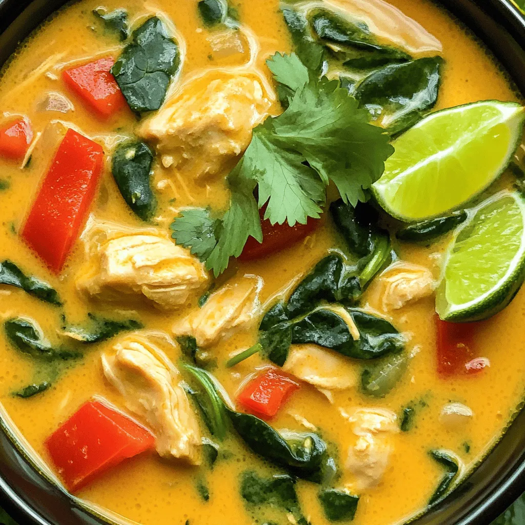 Die Hauptzutaten sind wichtig für den Geschmack dieser Suppe. Hier sind sie: - 450g Hähnchenschenkel, gewürfelt - 1 Esslöffel Olivenöl - 1 mittelgroße Zwiebel, gehackt - 3 Knoblauchzehen, fein gehackt - 1 Esslöffel frischer Ingwer, gerieben - 1 rote Paprika, gewürfelt - 1 Dose (400ml) Kokosmilch - 960ml Hühnerbrühe - 1 Tasse Champignons, in Scheiben - 2 Tassen Babyspinat - Saft und Schale von 2 Limetten - 1 Esslöffel Sojasauce - 1 Teelöffel gemahlener Kreuzkümmel - Salz und Pfeffer nach Geschmack - Frischer Koriander zur Garnierung - Limettenschnitze zum Servieren Diese Zutaten bringen die Aromen zusammen und machen die Suppe lecker. Gewürze geben der Suppe Tiefe. Kreuzkümmel bringt einen nussigen Geschmack. Sojasauce fügt Umami hinzu. Die Limette gibt Frische. Diese Aromen helfen, die Zutaten zu vereinen. Verwende frische Gewürze, wenn möglich, für den besten Geschmack. Frische Zutaten machen die Suppe besonders. Wähle frisches Hähnchen ohne Haut. Frische Kräuter wie Koriander sorgen für Farbe und Geschmack. Verwende frisches Gemüse, um den Nährwert zu erhöhen. Kaufe die Limetten am besten in der Saison. Sie sind dann saftiger und aromatischer. Beginne mit der Vorbereitung des Hähnchens. Schneide 450g Hähnchenschenkel in kleine Würfel. Erhitze 1 Esslöffel Olivenöl in einem großen Topf bei mittlerer Hitze. Füge die Hähnchenwürfel hinzu, würze sie mit Salz und Pfeffer. Brate das Hähnchen für 5-7 Minuten, bis es goldbraun ist. Nimm das Hähnchen aus dem Topf und lege es beiseite. So erhältst du eine schöne Basis für die Suppe. Im gleichen Topf kommen die feingehackte Zwiebel, der gehackte Knoblauch und der geriebene Ingwer. Sauté die Mischung für 3-4 Minuten, bis die Zwiebel weich und durchsichtig ist. Dies bringt viel Geschmack in die Suppe. Jetzt füge die gewürfelte rote Paprika und die in Scheiben geschnittenen Champignons hinzu. Koche alles für weitere 3-5 Minuten, bis das Gemüse etwas weich wird. So entsteht eine bunte und schmackhafte Grundlage. Gieße 960ml Hühnerbrühe in den Topf und bringe alles zum Köcheln. Sobald die Brühe köchelt, gib das angebratene Hähnchen zurück in den Topf. Rühre 400ml Kokosmilch, 1 Esslöffel Sojasauce und den Saft von 2 Limetten ein. Lass die Suppe für 10 Minuten köcheln, damit sich die Aromen gut vermischen. Füge dann 2 Tassen Babyspinat und die Limettenschale hinzu. Koche weiter, bis der Spinat zusammengefallen ist, etwa 2-3 Minuten. Schmecke die Suppe mit Salz und Pfeffer ab. Jetzt ist deine cremige Kokos-Limetten-Hühnchen-Suppe bereit zum Servieren! Die Zubereitung dieser Suppe kann einfach sein, aber einige Fehler können den Geschmack ruinieren. Achte darauf, das Hähnchen gut zu braten, bevor du es herausnimmst. Wenn das Hähnchen nicht gebräunt ist, fehlt der Geschmack. Verwende frische Zutaten, besonders den Ingwer und den Knoblauch. Sie geben der Suppe ein tolles Aroma. Wenn du die Kokosmilch hinzufügst, achte darauf, sie gut zu vermischen. Klumpige Kokosmilch kann die Textur der Suppe stören. Die Konsistenz der Suppe ist wichtig. Wenn du eine dickere Suppe magst, lass sie länger köcheln. Die Flüssigkeit verdampft und die Suppe wird dicker. Du kannst auch mehr Kokosmilch hinzufügen, um sie cremiger zu machen. Wenn du eine dünnere Suppe möchtest, füge mehr Hühnerbrühe hinzu. Achte darauf, beim Anpassen der Konsistenz, die Gewürze zu überprüfen. Du musst sie vielleicht anpassen, um den Geschmack zu bewahren. Garnierungen machen die Suppe noch besser. Frischer Koriander bringt eine schöne Frische. Limettenschnitze geben einen zusätzlichen Spritzer Zitrusgeschmack. Du kannst auch geröstete Erdnüsse oder Cashews darüber streuen. Sie fügen einen knusprigen Biss hinzu. Für einen scharfen Kick, füge ein paar Scheiben frische Chili hinzu. Diese kleinen Details machen die Suppe besonders und lecker. {{image_4}} Um eine vegane Version der Kokos-Limetten-Suppe zu machen, ersetze das Hähnchen durch Tofu oder Kichererbsen. Tofu ist eine gute Wahl, da er viel Protein hat. Kichererbsen bringen auch eine tolle Textur. Nutze Gemüsebrühe statt Hühnerbrühe. So bleibt der Geschmack stark und frisch. Die Kokosmilch bleibt gleich, da sie die cremige Basis bildet. Füge auch mehr Gemüse hinzu, wie Zucchini oder Karotten, um die Suppe noch bunter zu machen. Um die Suppe noch proteinreicher zu machen, kannst du Bohnen oder Linsen hinzufügen. Schwarze Bohnen passen gut zu den Aromen. Linsen sind auch eine tolle Wahl, sie kochen schnell und haben viele Nährstoffe. Eine Tasse gekochte Bohnen oder Linsen reicht aus, um die Suppe zu bereichern. So wird die Suppe sättigender und nahrhafter. Die Suppe ist sehr anpassungsfähig. Du kannst verschiedene Gemüsesorten verwenden. Brokkoli oder Blumenkohl sind gute Optionen. Diese Gemüse bringen viel Geschmack und Nährstoffe. Auch Erbsen oder grüne Bohnen passen gut in die Mischung. Denke daran, das Gemüse so zuzubereiten, dass es knackig bleibt. So bleibt die Suppe frisch und lecker. Um die cremige Kokos-Limetten-Hühnchen-Suppe richtig zu lagern, lasse sie zuerst abkühlen. Sobald sie Zimmertemperatur erreicht hat, fülle sie in einen luftdichten Behälter. Achte darauf, dass der Behälter nicht überfüllt ist, damit die Suppe genug Platz hat. Dies verhindert, dass sich Dampf ansammelt und die Suppe wässrig wird. Im Kühlschrank hält die Suppe bis zu 4 Tage frisch. Für längere Lagerung ist das Gefrierfach ideal. Dort kann die Suppe bis zu 3 Monate aufbewahrt werden. Wenn du die Suppe einfrierst, teile sie in Portionen auf. So kannst du nur das auftauen, was du wirklich brauchst. Zum Aufwärmen der Suppe gibt es zwei einfache Methoden. Du kannst sie in einem Topf auf dem Herd bei mittlerer Hitze aufwärmen. Rühre die Suppe oft um, damit sie gleichmäßig warm wird. Alternativ kannst du die Suppe in der Mikrowelle aufwärmen. Stelle die Mikrowelle auf mittlere Leistung und erhitze die Suppe in kurzen Intervallen. Vergiss nicht, sie zwischendurch umzurühren. So bleibt die Suppe cremig und lecker. Um die Suppe würziger zu machen, füge mehr Gewürze hinzu. Du kannst frische Chilis oder Cayennepfeffer verwenden. Auch ein Spritzer scharfer Soße bringt mehr Kick. Experimentiere mit einer Mischung aus Kreuzkümmel und Paprika für mehr Tiefe. Denke daran, die Aromen nach und nach anzupassen. So findest du die perfekte Balance für deinen Geschmack. Ja, die Suppe ist glutenfrei, wenn du glutenfreie Sojasauce verwendest. Die anderen Zutaten sind ebenfalls glutenfrei. Achte darauf, alle Zutaten zu überprüfen, um sicherzustellen, dass sie keine Gluten enthalten. Diese Suppe ist also eine tolle Option für glutenfreie Ernährung. Ja, du kannst die Kokosmilch ersetzen. Eine gute Option ist Mandelmilch oder Hafermilch. Diese Alternativen haben jedoch unterschiedliche Geschmäcker und Texturen. Wenn du einen ähnlichen Geschmack wünschst, versuche, etwas Erdnussbutter hinzuzufügen. Das gibt der Suppe eine cremige Konsistenz und einen nussigen Geschmack. Diese cremige Kokos-Limetten-Hühnchen-Suppe ist einfach zuzubereiten. Die Hauptzutaten und frischen Aromen sorgen für einen besonderen Genuss. Mit den Tipps und Tricks vermeidest du häufige Fehler und passt die Konsistenz perfekt an. Du kannst sogar Varianten für Veganer oder andere Geschmäcker ausprobieren. Achte auf die Aufbewahrung, damit die Suppe frisch bleibt. Probiere neue Ideen aus und achte auf deine Vorlieben. So wird jede Portion ein Hit!