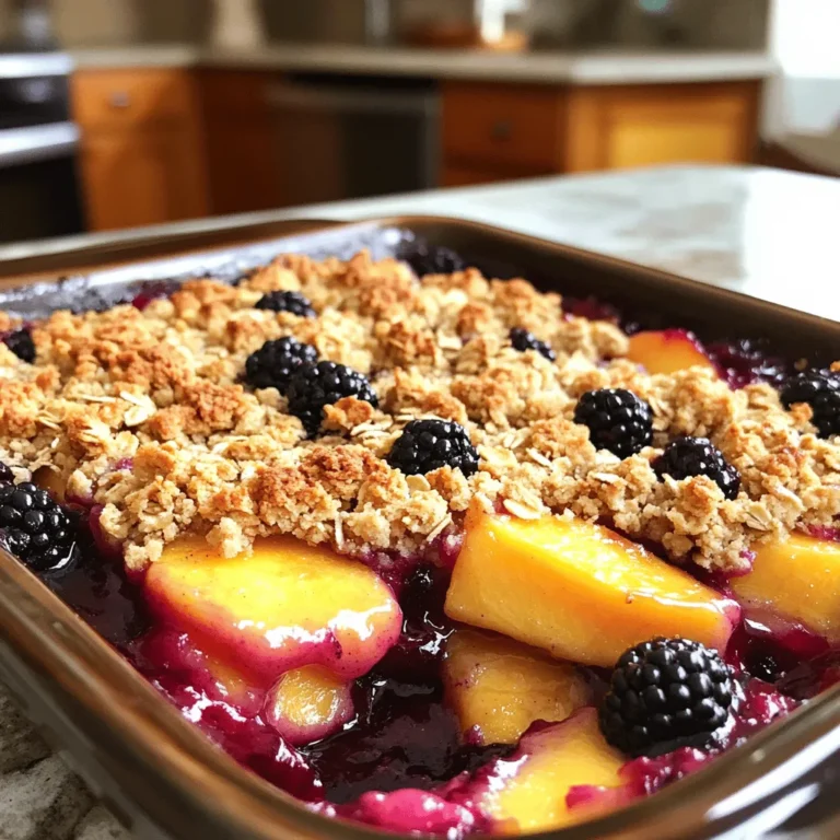 Für diesen leckeren Blackberry Peach Crisp brauchst du: - 2 Tassen frische schwarze Johannisbeeren - 2 Tassen reife Pfirsiche, in Scheiben geschnitten - 1/2 Tasse Kristallzucker - 1 Esslöffel Zitronensaft - 1 Teelöffel Vanilleextrakt - 1 Tasse Haferflocken - 1/2 Tasse Weizenmehl - 1/2 Tasse brauner Zucker, fest gepackt - 1/2 Teelöffel Zimt - 1/4 Teelöffel Salz - 1/4 Tasse ungesalzene Butter, geschmolzen Die schwarzen Johannisbeeren bringen eine herrliche Säure in das Gericht. Die Pfirsiche sorgen für Süße und Saftigkeit. Um den Geschmack noch zu verbessern, kannst du folgende Zutaten hinzufügen: - Eine Prise Muskatnuss für ein warmes Aroma. - Einige Mandeln oder Walnüsse für einen knusprigen Biss. - Ein Hauch von Honig anstelle von Zucker für einen natürlichen Geschmack. Diese Optionen machen den Crisp noch interessanter und leckerer. Falls du einige Zutaten nicht hast, kannst du diese Alternativen verwenden: - Anstelle von schwarzen Johannisbeeren, nutze Himbeeren oder Blaubeeren. - Pfirsiche können durch Äpfel oder Birnen ersetzt werden. - Verwende glutenfreies Mehl, wenn du eine glutenfreie Option benötigst. Mit diesen Alternativen bleibt der Geschmack wunderbar, und du kannst kreativ sein! Heize deinen Ofen auf 175°C (350°F) vor. Das sorgt für eine gleichmäßige Wärme. Nimm eine große Schüssel und füge die frischen schwarzen Johannisbeeren und die Pfirsichscheiben hinzu. Diese Früchte bringen viel Geschmack. Streue 1/2 Tasse Kristallzucker darüber. Füge 1 Esslöffel Zitronensaft und 1 Teelöffel Vanilleextrakt hinzu. Mische alles sanft, damit die Früchte gut beschichtet sind. Gieße die fruchtige Mischung gleichmäßig in eine gefettete Auflaufform. Eine 23x33 cm (9x13 Zoll) Form funktioniert gut. Diese Form hält die Früchte und den Streusel zusammen. Das Backen macht die Fruchtfüllung weich und süß. Nimm eine separate Schüssel für den Streusel. Mische 1 Tasse Haferflocken, 1/2 Tasse Weizenmehl, 1/2 Tasse braunen Zucker, 1/4 Teelöffel Salz und 1/2 Teelöffel Zimt. Rühre gut um, damit alles gut vermischt ist. Träufle 1/4 Tasse geschmolzene Butter über die Mischung. Mische alles, bis du eine krümelige Konsistenz erhältst. Streue diesen Streusel großzügig über die Fruchtfüllung. Jetzt sind die Früchte gut bedeckt. Backe das Ganze im vorgeheizten Ofen für 30-35 Minuten. Die obere Schicht sollte goldbraun sein und die Früchte blubbern. Lass den Crisp nach dem Backen etwa 10 Minuten abkühlen, bevor du ihn servierst. Um den besten Blackberry Peach Crisp zu machen, beginne mit frischen Früchten. Wähle reife Pfirsiche und süße schwarze Johannisbeeren. Diese Früchte geben den besten Geschmack. Mische die Früchte vorsichtig mit Zucker, Zitronensaft und Vanille. So entsteht eine tolle Fruchtfüllung. Achte darauf, die Mischung gleichmäßig in die Auflaufform zu geben. Für die Streuselmasse ist die Konsistenz wichtig. Mische die Haferflocken, das Mehl, den braunen Zucker, Zimt und Salz gut. Träufle die geschmolzene Butter darüber, bis alles gut vermengt ist. Streue die Streusel gleichmäßig über die Früchte. Backe den Crisp, bis die Oberseite goldbraun ist. Lasse ihn danach abkühlen, damit sich die Aromen setzen. Ein häufiger Fehler ist, die Früchte nicht richtig vorzubereiten. Das kann dazu führen, dass sie nicht genug Geschmack haben. Achte darauf, die Früchte gut zu vermengen. Ein weiterer Fehler ist, den Crisp zu lange zu backen. Dies kann die Streusel trocken machen. Halte ein Auge auf die Farbe und die Blasenbildung. Verwende auch die richtige Größe der Auflaufform. Eine zu kleine Form kann dazu führen, dass die Mischung überläuft. Für die beste Textur, lasse den Crisp nach dem Backen etwas abkühlen. So bleibt er saftig. Serviere den Blackberry Peach Crisp warm. Eine Kugel Vanilleeis macht das Dessert noch besser. Das Eis schmilzt und vermischt sich mit dem warmen Crisp. Du kannst auch einen Löffel Schlagsahne hinzufügen. Für eine besondere Note, bestreue den Crisp mit gehackten Nüssen oder frischen Minzblättern. Diese geben einen schönen Kontrast zu den süßen Früchten. Du kannst den Crisp auch als Frühstück genießen. Er passt toll zu griechischem Joghurt. So wird dein Blackberry Peach Crisp zu einem echten Genuss! {{image_4}} Du kannst deinen Crisp leicht anpassen. Im Frühling sind Erdbeeren und Rhabarber toll. Sie bringen frische Aromen. Im Sommer probiere Himbeeren oder Kirschen. Diese Früchte sind süß und saftig. Im Herbst sind Äpfel und Birnen perfekt. Sie geben einen warmen Geschmack. Du kannst auch eine Mischung verschiedener Früchte verwenden. So wird dein Crisp bunt und lecker. Wenn du glutenfrei kochen möchtest, ersetze das Weizenmehl. Du kannst Mandelmehl oder Kokosmehl verwenden. Beide geben einen tollen Geschmack. Verwende auch glutenfreie Haferflocken. Diese sind in vielen Geschäften erhältlich. Achte auf das Etikett, um sicher zu sein. So bleibt dein Crisp glutenfrei und schmackhaft. Um den Crisp vegan zu machen, ersetze die Butter. Kokosöl ist eine gute Wahl. Es gibt einen feinen Geschmack. Du kannst auch vegane Margarine verwenden. Achte darauf, dass der Zucker vegan ist. Einige Zuckerarten werden mit tierischen Produkten verarbeitet. So bleibt dein Dessert pflanzenbasiert und gesund. Um deine Reste frisch zu halten, lege den Crisp in einen luftdichten Behälter. Achte darauf, dass der Behälter gut schließt. So bleibt der Geschmack erhalten. Du kannst den Crisp auch in Alufolie wickeln, wenn du keinen Behälter hast. Um den Crisp aufzuwärmen, heize den Ofen auf 175°C vor. Lege die Portionen auf ein Backblech. Backe sie für etwa 10-15 Minuten. So wird der Crisp wieder knusprig und warm. Du kannst ihn auch in der Mikrowelle aufwärmen, aber die Textur wird nicht gleich sein. Füge beim Servieren eine Kugel Vanilleeis hinzu. Das rundet den Geschmack ab. Im Kühlschrank hält sich der Crisp bis zu 3 Tage. Du solltest ihn abdecken, um das Austrocknen zu verhindern. Wenn du länger aufbewahren möchtest, friere ihn ein. Im Gefrierschrank bleibt der Crisp bis zu 3 Monate frisch. Achte darauf, ihn gut in Frischhaltefolie oder einem luftdichten Behälter zu verpacken. So bleibt er schmackhaft und saftig. Der Blackberry Peach Crisp ist im Kühlschrank etwa 3 bis 5 Tage haltbar. Achte darauf, ihn in einem luftdichten Behälter aufzubewahren. So bleibt er frisch und lecker. Wenn du ihn länger aufbewahren möchtest, kannst du ihn auch einfrieren. Im Gefrierschrank hält er bis zu 3 Monate. Ja, gefrorene Früchte sind eine gute Wahl. Sie sind praktisch und schmecken trotzdem gut. Achte jedoch darauf, die gefrorenen Früchte vorher etwas auftauen zu lassen. So vermeidest du zu viel Flüssigkeit in der Füllung. Das sorgt für eine bessere Konsistenz. Ja, du kannst den Zucker weglassen oder durch Alternativen ersetzen. Honig oder Ahornsirup sind gute Optionen. Du kannst auch einen Zuckerersatz verwenden. Probiere es aus und finde die Süße, die dir am besten gefällt. Achte darauf, dass die Früchte reif genug sind, um natürlich süß zu sein. Der Blackberry Peach Crisp ist einfach zuzubereiten und voller Geschmack. Wir haben die Hauptzutaten und ihre Alternativen erkundet. Die Schritt-für-Schritt-Anleitung macht die Zubereitung leicht und schnell. Tipps helfen, häufige Fehler zu vermeiden und das Dessert zu perfektionieren. Variationen mit anderen Früchten bringen frischen Wind in das Rezept. Schließlich wissen Sie nun, wie Sie Reste aufbewahren und servieren. Genießen Sie dieses köstliche Dessert und experimentieren Sie mit Ihren eigenen Ideen. Machen Sie es zu Ihrem neuen Favoriten!