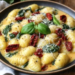 Für cremige Gnocchi mit getrockneten Tomaten brauchst du einige wichtige Zutaten. Diese sorgen für den vollen Geschmack. Du benötigst: - 1 Packung (450 g) Gnocchi - 240 ml getrocknete Tomaten, grob gehackt - 240 ml Schlagsahne - 240 ml frischer Spinat, grob gehackt - 50 g frisch geriebener Parmesan Diese Zutaten sind die Basis für dein köstliches Gericht. Gewürze und Öle bringen das Gericht zum Leben. Sie geben Geschmack und Tiefe. Hier sind die Zutaten, die du brauchst: - 2 Esslöffel Olivenöl - 2 Knoblauchzehen, fein gehackt - 1 Teelöffel getrocknetes Basilikum - ½ Teelöffel rote Paprikaflocken (optional) - Salz und Pfeffer nach Geschmack Diese Zutaten verleihen deinem Gericht einen tollen Aroma. Die Dekoration macht das Essen ansprechend und lecker. Ich empfehle frische Basilikumblätter. Durch die Basilikumblätter sieht das Gericht schön aus und gibt einen zusätzlichen Geschmack. Du kannst die Gnocchi auch mit einem weiteren Hauch Parmesan bestreuen. Serviere dazu einen frischen Salat oder etwas Brot. So wird deine Mahlzeit perfekt! Füllen Sie einen großen Topf mit Salzwasser. Bringen Sie das Wasser zum Kochen. Geben Sie die Gnocchi hinein. Kochen Sie sie, bis sie an die Oberfläche steigen. Das dauert etwa 2 bis 3 Minuten. Gießen Sie die Gnocchi ab und legen Sie sie beiseite. Erhitzen Sie in einer großen Pfanne 2 Esslöffel Olivenöl bei mittlerer Hitze. Fügen Sie 2 fein gehackte Knoblauchzehen hinzu. Braten Sie den Knoblauch 1 bis 2 Minuten an, bis er duftet. Achten Sie darauf, dass er nicht verbrennt. Ein gut gebratener Knoblauch gibt tollen Geschmack. Geben Sie 240 ml grob gehackte getrocknete Tomaten in die Pfanne. Rühren Sie die Mischung für eine Minute um. Gießen Sie 240 ml Schlagsahne dazu. Bringen Sie alles zum sanften Köcheln. Die Sauce wird schön cremig. Jetzt ist es Zeit für den Käse! Rühren Sie 50 g frisch geriebenen Parmesan ein. Warten Sie, bis der Käse geschmolzen ist. Fügen Sie dann 240 ml grob gehackten frischen Spinat hinzu. Geben Sie 1 Teelöffel getrocknetes Basilikum und ½ Teelöffel rote Paprikaflocken (wenn gewünscht) dazu. Kochen Sie alles, bis der Spinat verwelkt, etwa 2 bis 3 Minuten. Heben Sie die gekochten Gnocchi vorsichtig unter die cremige Sauce. Achten Sie darauf, dass sie gut überzogen sind. Schmecken Sie mit Salz und Pfeffer ab. Der Geschmack sollte harmonisch sein. Richten Sie die Gnocchi auf Tellern an. Garnieren Sie sie mit frischen Basilikumblättern. Das sorgt für einen schönen Farbkontrast und zusätzlichen Geschmack. Jetzt können Sie Ihre cremigen Gnocchi mit getrockneten Tomaten genießen! Um perfekte Gnocchi zu kochen, nutzen Sie ausreichend Salzwasser. Das Wasser sollte sprudelnd kochen, wenn Sie die Gnocchi hineingeben. Sie steigen an die Oberfläche, wenn sie fertig sind. Das dauert normalerweise 2-3 Minuten. Lassen Sie sie nicht zu lange kochen, sonst werden sie matschig. Die Sauce für die Gnocchi kann leicht variiert werden. Fügen Sie zum Beispiel frische Kräuter wie Petersilie oder Thymian hinzu. Ein Spritzer Zitrone kann die Aromen aufhellen. Sie können auch andere Gemüsesorten wie Zucchini oder Pilze einrühren. Für eine schärfere Note sind frische Chilischoten ideal. Ein häufiger Fehler ist, die Gnocchi zu lange im Wasser zu lassen. Sie sollten nicht zerfallen oder zu weich werden. Ein weiterer Fehler ist, die Sauce nicht ausreichend zu würzen. Schmecken Sie sie vor dem Servieren ab. Vermeiden Sie es auch, die Gnocchi zu trocken zu servieren. Die Sauce sollte gut haften und cremig sein. {{image_4}} Gnocchi sind von Natur aus vegetarisch. Für mehr Geschmack, füge mehr Gemüse hinzu. Zucchini, Paprika oder Pilze passen gut. Du kannst auch Artischocken oder Oliven verwenden. Diese Optionen bringen neue Aromen in dein Gericht. Sie sind einfach und lecker. Wenn du mehr Protein willst, füge Hühnchen oder Garnelen hinzu. Diese Proteine passen gut zu Gnocchi. Du kannst sie einfach in der Pfanne anbraten, bevor du die Sauce hinzufügst. Eine andere Option sind Kichererbsen. Sie sind gesund und geben dir viel Energie. Es gibt glutenfreie Gnocchi, die aus Kartoffeln und Maismehl bestehen. Diese sind eine gute Wahl für glutenfreie Esser. Du kannst auch Zucchini-Nudeln ausprobieren. Sie sind leicht und frisch. Sie bieten eine tolle Textur und sind kalorienarm. Wenn du Gnocchi mit getrockneten Tomaten zubereitet hast, kannst du sie im Kühlschrank aufbewahren. Lege die Reste in einen luftdichten Behälter. So bleiben sie frisch. Du solltest sie innerhalb von zwei bis drei Tagen essen. Überprüfe vor dem Verzehr, ob sie gut riechen. Du kannst Gnocchi auch einfrieren. Lege die gekochten Gnocchi auf ein Backblech. Stelle sicher, dass sie sich nicht berühren. Friere sie ein, bis sie fest sind. Danach kannst du sie in einen gefrierbaren Beutel umfüllen. So bleiben sie bis zu drei Monate haltbar. Um die Reste wieder zu erwärmen, gibt es einige einfache Methoden. Du kannst die Gnocchi in eine Pfanne mit etwas Öl geben. Erhitze sie bei mittlerer Hitze, bis sie warm sind. Alternativ kannst du sie in der Mikrowelle erwärmen. Achte darauf, sie mit etwas Wasser zu bedecken, damit sie nicht austrocknen. Gnocchi passen gut zu vielen Beilagen. Ich empfehle: - Ein frischer grüner Salat - Gegrilltes Gemüse - Knuspriges Brot - Parmesan-Käse für zusätzlichen Geschmack Diese Beilagen ergänzen die Gnocchi gut. Sie bringen frische Aromen und Texturen. Gnocchi selbst zu machen ist einfach. Hier ist ein schnelles Rezept: 1. Kartoffeln kochen und pürieren. 2. Mit Mehl und Ei vermischen. 3. Den Teig kneten und in kleine Stücke formen. 4. Die Stücke zu kleinen Klößchen rollen und mit einer Gabel eindrücken. Diese hausgemachten Gnocchi sind lecker und frisch. Ja, du kannst frische Tomaten benutzen. Die Sauce wird dann leichter. - Verwende etwa 500 g frische Tomaten. - Hacke sie klein und brate sie mit dem Knoblauch an. - Lasse sie etwas länger köcheln, bis sie weich sind. So erhältst du eine frische, fruchtige Sauce. Es gibt einige tolle Alternativen zur Sahne: - Kokosmilch für einen exotischen Geschmack - Griechischer Joghurt für mehr Protein - Pflanzliche Sahne für eine vegane Option Diese Optionen machen das Gericht leicht anders, aber ebenso lecker. Wir haben die wichtigsten Zutaten für cremige Gnocchi und ihre Zubereitung besprochen. Die Schritte für das Kochen, Anbraten von Aromaten und die perfekte Sauce sind nun klar. Mit den Tipps vermeiden Sie häufige Fehler und erweitern Ihre Auswahl. Variationen helfen Ihnen, neue Geschmäcker zu entdecken. Achten Sie auf die richtige Lagerung, um Reste optimal zu nutzen. Gnocchi sind vielseitig und köstlich. Probieren Sie verschiedene Optionen aus und genießen Sie jede Biss!