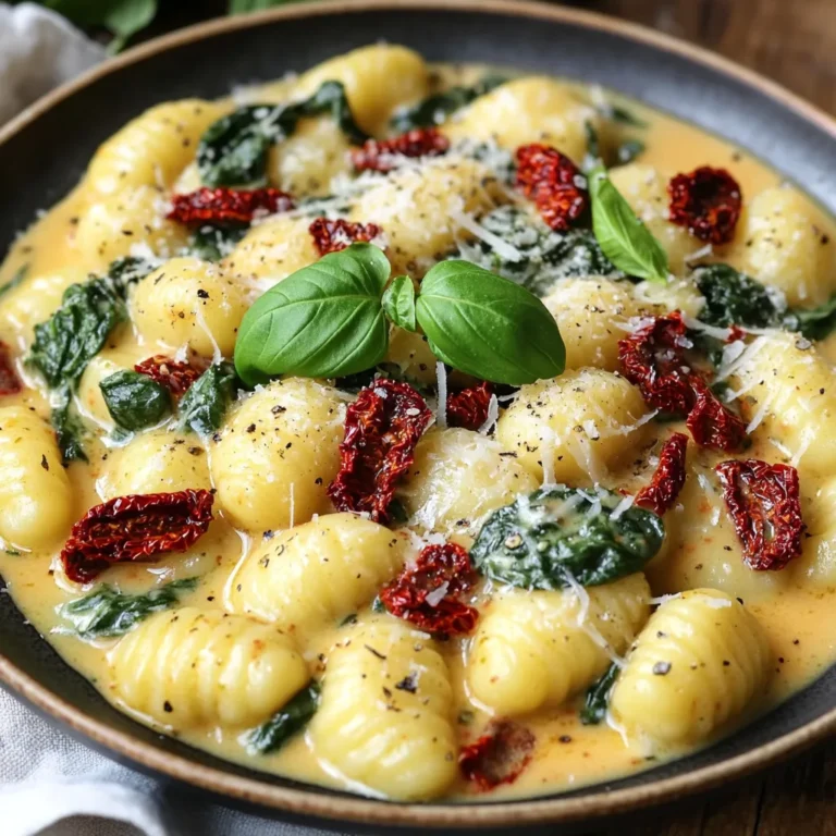 Für cremige Gnocchi mit getrockneten Tomaten brauchst du einige wichtige Zutaten. Diese sorgen für den vollen Geschmack. Du benötigst: - 1 Packung (450 g) Gnocchi - 240 ml getrocknete Tomaten, grob gehackt - 240 ml Schlagsahne - 240 ml frischer Spinat, grob gehackt - 50 g frisch geriebener Parmesan Diese Zutaten sind die Basis für dein köstliches Gericht. Gewürze und Öle bringen das Gericht zum Leben. Sie geben Geschmack und Tiefe. Hier sind die Zutaten, die du brauchst: - 2 Esslöffel Olivenöl - 2 Knoblauchzehen, fein gehackt - 1 Teelöffel getrocknetes Basilikum - ½ Teelöffel rote Paprikaflocken (optional) - Salz und Pfeffer nach Geschmack Diese Zutaten verleihen deinem Gericht einen tollen Aroma. Die Dekoration macht das Essen ansprechend und lecker. Ich empfehle frische Basilikumblätter. Durch die Basilikumblätter sieht das Gericht schön aus und gibt einen zusätzlichen Geschmack. Du kannst die Gnocchi auch mit einem weiteren Hauch Parmesan bestreuen. Serviere dazu einen frischen Salat oder etwas Brot. So wird deine Mahlzeit perfekt! Füllen Sie einen großen Topf mit Salzwasser. Bringen Sie das Wasser zum Kochen. Geben Sie die Gnocchi hinein. Kochen Sie sie, bis sie an die Oberfläche steigen. Das dauert etwa 2 bis 3 Minuten. Gießen Sie die Gnocchi ab und legen Sie sie beiseite. Erhitzen Sie in einer großen Pfanne 2 Esslöffel Olivenöl bei mittlerer Hitze. Fügen Sie 2 fein gehackte Knoblauchzehen hinzu. Braten Sie den Knoblauch 1 bis 2 Minuten an, bis er duftet. Achten Sie darauf, dass er nicht verbrennt. Ein gut gebratener Knoblauch gibt tollen Geschmack. Geben Sie 240 ml grob gehackte getrocknete Tomaten in die Pfanne. Rühren Sie die Mischung für eine Minute um. Gießen Sie 240 ml Schlagsahne dazu. Bringen Sie alles zum sanften Köcheln. Die Sauce wird schön cremig. Jetzt ist es Zeit für den Käse! Rühren Sie 50 g frisch geriebenen Parmesan ein. Warten Sie, bis der Käse geschmolzen ist. Fügen Sie dann 240 ml grob gehackten frischen Spinat hinzu. Geben Sie 1 Teelöffel getrocknetes Basilikum und ½ Teelöffel rote Paprikaflocken (wenn gewünscht) dazu. Kochen Sie alles, bis der Spinat verwelkt, etwa 2 bis 3 Minuten. Heben Sie die gekochten Gnocchi vorsichtig unter die cremige Sauce. Achten Sie darauf, dass sie gut überzogen sind. Schmecken Sie mit Salz und Pfeffer ab. Der Geschmack sollte harmonisch sein. Richten Sie die Gnocchi auf Tellern an. Garnieren Sie sie mit frischen Basilikumblättern. Das sorgt für einen schönen Farbkontrast und zusätzlichen Geschmack. Jetzt können Sie Ihre cremigen Gnocchi mit getrockneten Tomaten genießen! Um perfekte Gnocchi zu kochen, nutzen Sie ausreichend Salzwasser. Das Wasser sollte sprudelnd kochen, wenn Sie die Gnocchi hineingeben. Sie steigen an die Oberfläche, wenn sie fertig sind. Das dauert normalerweise 2-3 Minuten. Lassen Sie sie nicht zu lange kochen, sonst werden sie matschig. Die Sauce für die Gnocchi kann leicht variiert werden. Fügen Sie zum Beispiel frische Kräuter wie Petersilie oder Thymian hinzu. Ein Spritzer Zitrone kann die Aromen aufhellen. Sie können auch andere Gemüsesorten wie Zucchini oder Pilze einrühren. Für eine schärfere Note sind frische Chilischoten ideal. Ein häufiger Fehler ist, die Gnocchi zu lange im Wasser zu lassen. Sie sollten nicht zerfallen oder zu weich werden. Ein weiterer Fehler ist, die Sauce nicht ausreichend zu würzen. Schmecken Sie sie vor dem Servieren ab. Vermeiden Sie es auch, die Gnocchi zu trocken zu servieren. Die Sauce sollte gut haften und cremig sein. {{image_4}} Gnocchi sind von Natur aus vegetarisch. Für mehr Geschmack, füge mehr Gemüse hinzu. Zucchini, Paprika oder Pilze passen gut. Du kannst auch Artischocken oder Oliven verwenden. Diese Optionen bringen neue Aromen in dein Gericht. Sie sind einfach und lecker. Wenn du mehr Protein willst, füge Hühnchen oder Garnelen hinzu. Diese Proteine passen gut zu Gnocchi. Du kannst sie einfach in der Pfanne anbraten, bevor du die Sauce hinzufügst. Eine andere Option sind Kichererbsen. Sie sind gesund und geben dir viel Energie. Es gibt glutenfreie Gnocchi, die aus Kartoffeln und Maismehl bestehen. Diese sind eine gute Wahl für glutenfreie Esser. Du kannst auch Zucchini-Nudeln ausprobieren. Sie sind leicht und frisch. Sie bieten eine tolle Textur und sind kalorienarm. Wenn du Gnocchi mit getrockneten Tomaten zubereitet hast, kannst du sie im Kühlschrank aufbewahren. Lege die Reste in einen luftdichten Behälter. So bleiben sie frisch. Du solltest sie innerhalb von zwei bis drei Tagen essen. Überprüfe vor dem Verzehr, ob sie gut riechen. Du kannst Gnocchi auch einfrieren. Lege die gekochten Gnocchi auf ein Backblech. Stelle sicher, dass sie sich nicht berühren. Friere sie ein, bis sie fest sind. Danach kannst du sie in einen gefrierbaren Beutel umfüllen. So bleiben sie bis zu drei Monate haltbar. Um die Reste wieder zu erwärmen, gibt es einige einfache Methoden. Du kannst die Gnocchi in eine Pfanne mit etwas Öl geben. Erhitze sie bei mittlerer Hitze, bis sie warm sind. Alternativ kannst du sie in der Mikrowelle erwärmen. Achte darauf, sie mit etwas Wasser zu bedecken, damit sie nicht austrocknen. Gnocchi passen gut zu vielen Beilagen. Ich empfehle: - Ein frischer grüner Salat - Gegrilltes Gemüse - Knuspriges Brot - Parmesan-Käse für zusätzlichen Geschmack Diese Beilagen ergänzen die Gnocchi gut. Sie bringen frische Aromen und Texturen. Gnocchi selbst zu machen ist einfach. Hier ist ein schnelles Rezept: 1. Kartoffeln kochen und pürieren. 2. Mit Mehl und Ei vermischen. 3. Den Teig kneten und in kleine Stücke formen. 4. Die Stücke zu kleinen Klößchen rollen und mit einer Gabel eindrücken. Diese hausgemachten Gnocchi sind lecker und frisch. Ja, du kannst frische Tomaten benutzen. Die Sauce wird dann leichter. - Verwende etwa 500 g frische Tomaten. - Hacke sie klein und brate sie mit dem Knoblauch an. - Lasse sie etwas länger köcheln, bis sie weich sind. So erhältst du eine frische, fruchtige Sauce. Es gibt einige tolle Alternativen zur Sahne: - Kokosmilch für einen exotischen Geschmack - Griechischer Joghurt für mehr Protein - Pflanzliche Sahne für eine vegane Option Diese Optionen machen das Gericht leicht anders, aber ebenso lecker. Wir haben die wichtigsten Zutaten für cremige Gnocchi und ihre Zubereitung besprochen. Die Schritte für das Kochen, Anbraten von Aromaten und die perfekte Sauce sind nun klar. Mit den Tipps vermeiden Sie häufige Fehler und erweitern Ihre Auswahl. Variationen helfen Ihnen, neue Geschmäcker zu entdecken. Achten Sie auf die richtige Lagerung, um Reste optimal zu nutzen. Gnocchi sind vielseitig und köstlich. Probieren Sie verschiedene Optionen aus und genießen Sie jede Biss!