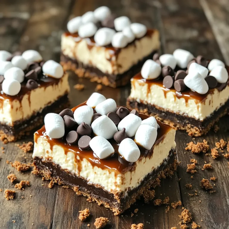 - 1 ½ Tassen Grahamcracker-Brösel - ½ Tasse ungesüßtes Kakaopulver - ½ Tasse ungesalzene Butter, geschmolzen - 2 Esslöffel Zucker - 450 g Frischkäse, weich - 1 Tasse Puderzucker - 1 Teelöffel Vanilleextrakt - 1 Tasse Schlagsahne - 1 Tasse Mini-Marshmallows - ½ Tasse Schokoladenstückchen - ½ Tasse geröstete Mini-Marshmallows (zum Garnieren) Die Grahamcracker-Brösel bilden die Basis dieser Bars. Sie sind knusprig und süß. Ungesüßtes Kakaopulver gibt einen tiefen Schokoladengeschmack. Geschmolzene Butter bindet die Kruste. Zucker macht die Kruste süßer. Weicher Frischkäse sorgt für eine cremige Füllung. Puderzucker verleiht der Füllung die nötige Süße. Vanilleextrakt bringt ein tolles Aroma. Schlagsahne macht die Füllung leicht und luftig. Mini-Marshmallows fügen eine süße, zähe Textur hinzu. Schokoladenstückchen geben einen schokoladigen Biss. Geröstete Mini-Marshmallows sind das perfekte Topping. Wählen Sie frische Grahamcracker-Brösel für besten Geschmack. Achten Sie auf ungesüßtes Kakaopulver von guter Qualität. Verwenden Sie echte Butter für die beste Konsistenz. Frischkäse sollte weich sein, um gut zu mixen. Suchen Sie nach hochwertigem Puderzucker ohne Klumpen. Wählen Sie echte Vanille für den besten Geschmack. Die Schlagsahne sollte frisch und kalt sein. Mini-Marshmallows sollten weich und frisch sein. Schokoladenstückchen sollten aus echter Schokolade bestehen. Geröstete Mini-Marshmallows sollten goldbraun sein für zusätzlichen Geschmack. Für die Grahamcracker-Kruste brauchst du nur wenige Zutaten. Nimm 1 ½ Tassen Grahamcracker-Brösel, ½ Tasse ungesüßtes Kakaopulver, ½ Tasse geschmolzene Butter und 2 Esslöffel Zucker. 1. Mische alles in einer großen Schüssel. 2. Rühre, bis die Mischung krümelig und gleichmäßig ist. 3. Drücke die Mischung fest in eine gefettete 23x23 cm große Quadratform. Diese Kruste gibt den Bars einen tollen Crunch. Jetzt kommt der cremige Teil. Du benötigst 450 g weichen Frischkäse, 1 Tasse Puderzucker und 1 Teelöffel Vanilleextrakt. 1. Schlage den Frischkäse, den Puderzucker und den Vanilleextrakt in einer separaten Schüssel glatt. 2. In einer anderen Schüssel schlage 1 Tasse Schlagsahne, bis steife Spitzen entstehen. 3. Füge die Schlagsahne vorsichtig zur Frischkäsemischung hinzu. Das sorgt für eine luftige Käsekuchenfüllung. Nun kombinierst du alles. In die Käsekuchenfüllung falte 1 Tasse Mini-Marshmallows und ½ Tasse Schokoladenstückchen. 1. Verteile die Käsekuchenfüllung gleichmäßig über die Grahamcracker-Kruste. 2. Glätte die Oberfläche mit einem Spatel. 3. Streue ½ Tasse geröstete Mini-Marshmallows darüber. Für einen besonderen Effekt kannst du die Bars kurz grillen. Lass die Form mindestens 4 Stunden im Kühlschrank stehen. Nach dem Kühlen schneide die Bars in Quadrate und serviere sie. Ein häufiger Fehler ist, die Kruste zu locker zu machen. Drücken Sie die Grahamcracker-Brösel fest in die Form. Achten Sie darauf, dass der Frischkäse gut cremig ist, bevor Sie die Schlagsahne hinzufügen. Klumpige Käsekuchenfüllung schmeckt nicht gut. Falten Sie die Sahne vorsichtig ein, um Luftigkeit zu bewahren. Um Zeit zu sparen, nutzen Sie einen Mixer für die Käsekuchenfüllung. Es geht schneller und einfacher. Bereiten Sie die Kruste, während der Frischkäse weich wird. Sie können auch die Mini-Marshmallows und Schokoladenstückchen im Voraus abwiegen. So sind sie bereit, wenn Sie die Käsekuchenfüllung machen. Servieren Sie die Bars auf kleinen Tellern. Träufeln Sie etwas Schokoladensirup darüber. Streuen Sie Grahamcracker-Brösel für einen schönen Look. Für einen besonderen Touch können Sie die Bars leicht grillen, um die Marshmallows zu rösten. Das gibt einen tollen Geschmack und eine schöne Farbe. {{image_4}} Du kannst diese No-Bake S'mores Cheesecake Bars leicht glutenfrei machen. Ersetze die Grahamcracker-Brösel durch glutenfreie Kekse. Achte darauf, dass alle anderen Zutaten auch glutenfrei sind. So bleibt der Geschmack toll und jeder kann genießen. Wenn du etwas Neues ausprobieren möchtest, ändere die Geschmäcker. Füge Erdnussbutter hinzu, um einen nussigen Kick zu geben. Oder verwende weiße Schokolade statt Milchschokolade. Du kannst auch Fruchtaromen wie Himbeere oder Erdbeere hinzufügen. Das macht die Bars frisch und bunt. Für vegane oder laktosefreie Optionen sind Anpassungen möglich. Verwende vegane Frischkäse-Alternativen und pflanzliche Sahne. Statt Butter kannst du Kokosöl nutzen. So passen die Bars zu vielen Diäten und bleiben lecker. Um die Frische Ihrer No-Bake S'mores Cheesecake Bars zu maximieren, lagern Sie sie in einem luftdichten Behälter. Dies hält die Bars feucht und verhindert, dass sie austrocknen. Verwenden Sie auch Backpapier zwischen den Schichten, wenn Sie mehrere Riegel stapeln. So bleiben sie unversehrt und leicht entnehmbar. Legen Sie die Bars nach dem Schneiden in eine flache Aufbewahrungsbox. Bedecken Sie die Box mit einem Deckel oder Frischhaltefolie. Lagern Sie die Bars im Kühlschrank, um die ideale Konsistenz zu erhalten. Wenn Sie die Bars für längere Zeit aufbewahren möchten, frieren Sie sie ein. Im Kühlschrank halten die Bars bis zu fünf Tage frisch. Wenn Sie sie einfrieren, können sie bis zu drei Monate haltbar sein. Lassen Sie die Bars vor dem Servieren im Kühlschrank auftauen. So bleibt die Textur schön cremig und der Geschmack voll. Die Zubereitung der No-Bake S'mores Cheesecake Bars dauert insgesamt etwa 4 Stunden und 20 Minuten. Die aktive Vorbereitungszeit beträgt nur 20 Minuten. Die restliche Zeit benötigt der Kühlschrank, um die Bars fest werden zu lassen. Diese Zeit ist wichtig, damit die Füllung die richtige Konsistenz hat. Achte darauf, die Bars nach dem Kühlen in Quadrate zu schneiden. So kannst du sie leicht servieren. Ja, du kannst die Bars im Voraus zubereiten. Das macht sie ideal für Partys oder besondere Anlässe. Bereite sie einfach ein oder zwei Tage vorher zu und lasse sie im Kühlschrank stehen. So sind sie immer bereit zum Servieren. Wenn du sie einige Tage aufbewahrst, sind sie immer noch lecker. Achte darauf, sie gut abzudecken, damit sie frisch bleiben. Wenn du keinen Frischkäse verwenden möchtest, gibt es Alternativen. Du kannst Mascarpone oder Quark ausprobieren. Diese Optionen haben eine ähnliche Konsistenz und einen milden Geschmack. Vegane Alternativen sind auch möglich. Nutze pflanzlichen Frischkäse oder eine Mischung aus Nüssen. Diese Optionen geben deinen Bars einen neuen Twist. Probiere sie aus, um zu sehen, wie sie dir schmecken! Diese Anleitung gibt dir alles, was du für No-Bake S'mores Cheesecake Bars brauchst. Wir haben Zutaten aufgelistet und beschrieben, wie du die beste Auswahl triffst. Eine Schritt-für-Schritt-Anleitung zeigt, wie du die Kruste und Füllung machst. Du lernst auch, häufige Fehler zu vermeiden und Zeit zu sparen. Variationen und Lagerungshinweise helfen dir, die Bars frisch zu halten. Denke daran, dass du die Bars auch im Voraus zubereiten kannst. Viel Spaß beim Ausprobieren dieser leckeren und einfachen Desserts!