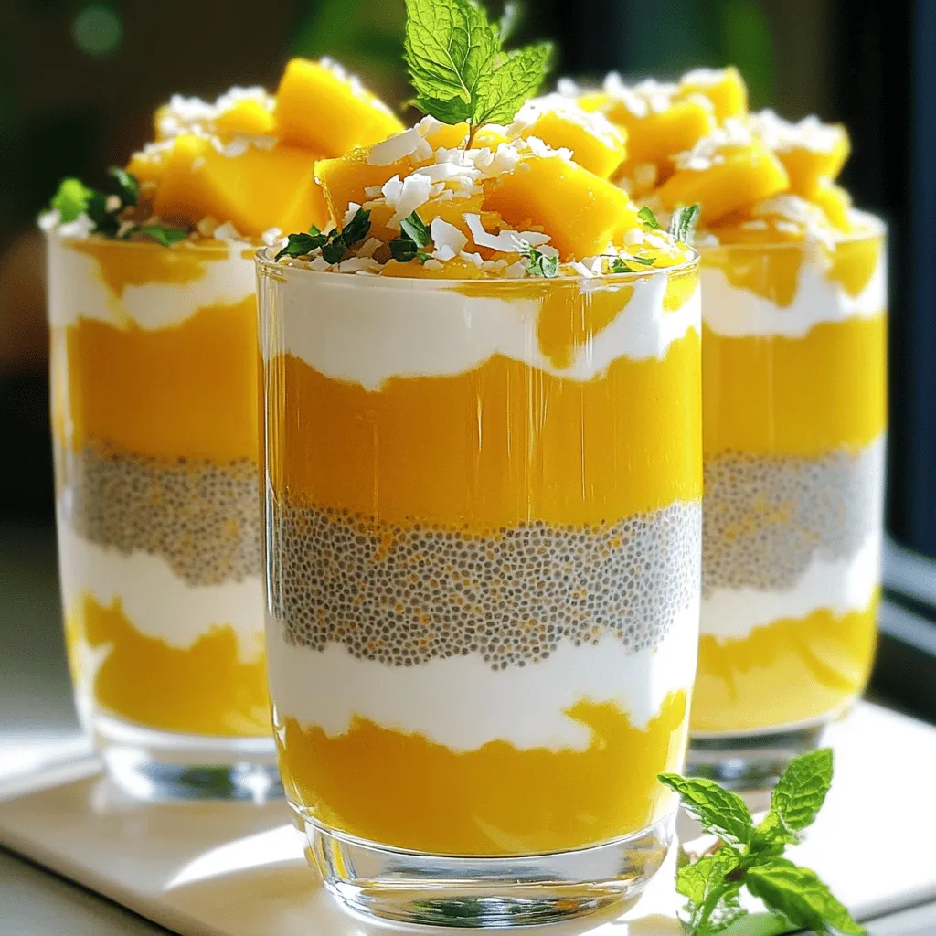 Für meinen Mango Kokos-Chia-Pudding brauche ich ein paar einfache Zutaten. Diese machen den Pudding frisch und lecker. - 1 Tasse Kokosmilch (aus der Dose oder frisch) - 1/4 Tasse Chiasamen - 2 Esslöffel Ahornsirup (oder Honig, wenn nicht vegan) - 1 reife Mango, püriert - 1/2 Teelöffel Vanilleextrakt - Eine Prise Salz Jede Zutat hat ihren eigenen Platz im Rezept. Die Kokosmilch bringt eine cremige Textur. Die Chiasamen geben dem Pudding die gewünschte Konsistenz. Ahornsirup fügt Süße hinzu, die die Mango ergänzt. Die pürierte Mango gibt dem Pudding seine schöne Farbe und einen fruchtigen Geschmack. Vanilleextrakt rundet alles ab. Schließlich sorgt die Prise Salz dafür, dass alle Aromen klarer werden. Manchmal möchte ich die Süße anpassen. Statt Ahornsirup kann ich auch Honig verwenden. Wenn ich vegan bleiben möchte, nutze ich Agavendicksaft. Er hat einen milden Geschmack. Außerdem kann ich Stevia oder Kokosblütenzucker ausprobieren. Jede dieser Optionen hat ihren eigenen Charakter. Ich kann die Süße nach meinem Geschmack anpassen, ohne den Pudding zu verändern. Toppings machen den Pudding noch besser. Ich liebe es, frische Mangoscheiben darauf zu legen. Sie sind saftig und süß. Geraspelter Kokos gibt einen tollen Crunch. Ich kann auch Nüsse oder Samen hinzufügen. Mandeln oder Walnüsse passen gut dazu. Frische Minzblätter sind ein schöner Farbtupfer und bringen Frische. Diese Toppings machen meinen Pudding nicht nur lecker, sondern auch schön anzusehen. Um den Chia-Pudding zu machen, beginne mit einer Rührschüssel. Mische die Kokosmilch, Chiasamen, Ahornsirup, Vanilleextrakt und eine Prise Salz zusammen. Rühre die Mischung gut, damit die Chiasamen gleichmäßig verteilt sind. Lass die Mischung fünf Minuten ruhen. Danach rühre sie erneut um, um Klumpen zu vermeiden. Decke die Schüssel ab und stelle sie für mindestens vier Stunden oder über Nacht in den Kühlschrank. So quellen die Chiasamen und der Pudding wird fest. Wenn du bereit bist, rühre den Pudding kräftig um. Dies löst eventuell entstandene Klumpen. Nimm eine reife Mango und schäle sie zuerst. Schneide das Fruchtfleisch an den Seiten des Kerns ab. Lege die Mango-Stücke in einen Mixer. Püriere die Mango, bis sie glatt ist. Du kannst auch eine Gabel verwenden, wenn du keinen Mixer hast. Achte darauf, dass die Mango gut püriert ist. So wird sie wunderbar cremig im Pudding. Um das Dessert zu schichten, nimm klare Serviergläser oder Schalen. Fülle zuerst die Hälfte des Chia-Puddings in die Gläser. Dann gib eine Schicht des pürierten Mangos darüber. Fülle danach die restliche Menge Chia-Pudding hinein. Garnieren kannst du das Dessert mit frischen Mangoscheiben und geraspeltem Kokos. Diese Toppings bringen frischen Geschmack und eine tolle Textur. Wenn du magst, füge ein Minzblättchen hinzu, um das Gericht zu verschönern. Ein häufiger Fehler ist, die Chiasamen nicht gut in der Mischung zu verteilen. Achte darauf, die Samen gleichmäßig in der Kokosmilch zu rühren. So klumpen sie nicht zusammen. Ein weiterer Fehler ist das zu kurze Ruhenlassen. Die Mischung braucht mindestens fünf Minuten, um die Chiasamen quellen zu lassen. Wenn du den Pudding nach dem ersten Rühren nicht erneut umrührst, könnten Klumpen entstehen. Die Konsistenz ist wichtig für einen guten Chia-Pudding. Verwende das richtige Verhältnis von Chiasamen zu Kokosmilch. Für die beste Textur mische 1/4 Tasse Chiasamen mit 1 Tasse Kokosmilch. Wenn du es dicker magst, lass ihn länger im Kühlschrank. Falls der Pudding zu fest wird, kannst du etwas mehr Kokosmilch hinzufügen und gut umrühren. Die Präsentation macht viel aus. Verwende klare Gläser, um die schönen Schichten zu zeigen. Beginne mit einer Schicht Chia-Pudding, gefolgt von pürierter Mango, und setze dann eine weitere Schicht Pudding darauf. Garniere mit frischen Mangoscheiben und geraspeltem Kokos. Ein Minzblatt oben drauf sieht toll aus und gibt frischen Geschmack. {{image_4}} Mango ist großartig, aber viele Früchte passen gut zu Chia-Pudding. Du kannst frische Beeren wie Erdbeeren oder Himbeeren verwenden. Auch Banane gibt einen tollen Geschmack. Für einen tropischen Twist kannst du Ananas oder Papaya probieren. Diese Früchte bringen eine süße Note und sind gesund. Wenn du eine vegane Option suchst, ist es einfach! Statt Honig kannst du Ahornsirup benutzen. Achte darauf, dass die Kokosmilch echt ist und keine tierischen Produkte enthält. Du kannst auch andere pflanzliche Milchsorten nutzen, wie Mandel- oder Hafermilch. Diese Alternativen sind lecker und gesund. Gewürze bringen neuen Geschmack in deinen Pudding. Eine Prise Zimt macht ihn warm und süß. Kardamom gibt einen exotischen Flair. Du kannst sogar einen Hauch von Ingwer für Schärfe hinzufügen. Experimentiere mit diesen Geschmäckern, um deinen perfekten Pudding zu finden! Um Mango Kokos-Chia-Pudding frisch zu halten, gibt es einige einfache Regeln. Zuerst stelle sicher, dass du ihn in einem luftdichten Behälter aufbewahrst. Das hilft, den Pudding vor Gerüchen im Kühlschrank zu schützen. Vermeide es, ihn in einer offenen Schüssel zu lagern, da er sonst schnell austrocknen kann. Mango Kokos-Chia-Pudding bleibt bis zu fünf Tage im Kühlschrank frisch. Nach dieser Zeit kann die Qualität sinken. Der Pudding kann zwar auch länger haltbar sein, aber der Geschmack wird nicht mehr so gut. Achte darauf, ihn gut zu prüfen, bevor du ihn isst. Frische Mangoscheiben sollten am besten kurz vor dem Servieren hinzugefügt werden. Wenn du den Pudding unterwegs genießen möchtest, portioniere ihn in kleine Gläser oder Behälter. Verwende Einmachgläser, die sich gut verschließen lassen. Du kannst den Pudding auch mit frischen Mangoscheiben und Kokosraspeln direkt im Glas garnieren. So hast du einen leckeren Snack, den du überall mitnehmen kannst! Chiasamen brauchen etwa 4 Stunden oder über Nacht, um gut zu quellen. Während dieser Zeit nehmen sie Wasser auf und werden dick. Das macht sie perfekt für unseren Chia-Pudding. Ich empfehle, sie immer über Nacht einzuweichen. So sind sie bereit, wenn du es willst. Ja, Mango Kokos-Chia-Pudding ist sehr gesund. Chiasamen sind reich an Ballaststoffen und Proteinen. Sie helfen, den Hunger zu stillen und die Verdauung zu fördern. Kokosmilch bringt gesunde Fette und einen tollen Geschmack. Mango liefert viele Vitamine. Dieses Dessert ist also nicht nur lecker, sondern auch nährstoffreich! Absolut! Du kannst viele Zutaten anpassen. Wenn du keine Kokosmilch magst, nimm Mandelmilch oder Hafermilch. Für die Süße kannst du Agavendicksaft statt Ahornsirup verwenden. Auch die Mango kannst du durch andere Früchte ersetzen. Probiere Beeren oder Pfirsiche aus! Experimentiere und finde deinen Favoriten. Mango Kokos-Chia-Pudding ist einfach und lecker. Wir haben die besten Zutaten und viele Tipps geteilt. Du hast gelernt, wie man den Pudding zubereitet und richtig schichtet. Außerdem hast du Variationen und Aufbewahrungstipps entdeckt. Vergiss nicht, mit Früchten und Gewürzen zu experimentieren. Dieser Pudding ist nicht nur gesund, sondern auch vielseitig. Probiere ihn aus und teile deine Lieblingsvariationen!