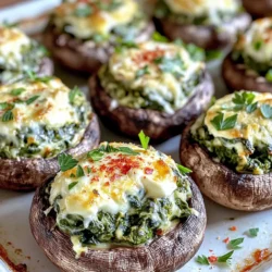 Für diese leckeren gefüllten Pilze brauchen wir: - 12 große Portobello-Pilze, Stiele entfernt - 2 Tassen frischer Spinat, grob gehackt - 1 Tasse Frischkäse, weich - 1/2 Tasse geriebener Parmesan-Käse - 1/2 Tasse geriebener Mozzarella-Käse - 2 Knoblauchzehen, fein gehackt Diese Zutaten bringen den vollen Geschmack in jedes Gericht. Die Portobello-Pilze sind groß und fleischig. Sie bieten eine perfekte Basis für die Füllung. Spinat bringt Frische und Farbe. Der Frischkäse macht die Füllung cremig und lecker. Parmesan und Mozzarella sorgen für den herzhaften Käsegeschmack. Für den besten Geschmack benötigen wir: - 1 Teelöffel Zwiebelpulver - 1/2 Teelöffel rote Pfefferflocken (optional) - Salz und Pfeffer nach Geschmack - 2 Esslöffel Olivenöl Diese Gewürze bringen das Gericht auf die nächste Stufe. Zwiebelpulver gibt einen milden Zwiebelgeschmack. Rote Pfefferflocken fügen eine leichte Schärfe hinzu. Olivenöl sorgt für einen reichhaltigen Geschmack und hilft beim Braten des Knoblauchs. Salz und Pfeffer sind wichtig, um die Aromen zu verstärken. Für das besondere Etwas zu den gefüllten Pilzen können Sie verwenden: - Frische Petersilie, gehackt (zum Garnieren) Die frisch gehackte Petersilie gibt den gefüllten Pilzen einen schönen Farbkontrast. Sie bringt auch einen frischen Geschmack mit sich. So sieht das Gericht nicht nur gut aus, sondern schmeckt auch noch besser. Heize deinen Ofen auf 190°C vor. Nimm die großen Portobello-Pilze und entferne die Stiele. Reinige die Pilze vorsichtig mit einem feuchten Tuch. Lege sie mit der Kammseite nach oben auf ein Backblech. Beträufle sie mit Olivenöl und würze sie mit Salz und Pfeffer. Diese Schritte bereiten die Pilze perfekt für die Füllung vor. Erhitze einen Schuss Olivenöl in einer Pfanne bei mittlerer Hitze. Füge die fein gehackten Knoblauchzehen hinzu und brate sie für etwa eine Minute. Der Knoblauch sollte duften, aber nicht bräunen. Jetzt kommt der grob gehackte Spinat. Brate ihn, bis er zusammengefallen ist. Dies dauert etwa 2-3 Minuten. Nimm die Pfanne dann vom Herd und lasse die Mischung abkühlen. In einer großen Rührschüssel kombinierst du den weichen Frischkäse, den geriebenen Parmesan und den geriebenen Mozzarella. Füge die abgekühlte Spinat-Knoblauch-Mischung hinzu. Gib auch das Zwiebelpulver und die roten Pfefferflocken dazu, falls du sie verwendest. Mische alles gut, bis du eine cremige Füllung hast. Fülle jede Pilzkappe großzügig mit dieser Mischung. Drücke die Füllung sanft hinein, damit sie gut hält. Schiebe das Backblech mit den gefüllten Pilzen in den vorgeheizten Ofen. Backe sie für 20-25 Minuten. Die Pilze sind fertig, wenn sie zart sind und die Oberseite goldbraun wird. Nimm die Pilze aus dem Ofen und lasse sie einige Minuten abkühlen. Vor dem Servieren kannst du sie mit frisch gehackter Petersilie garnieren. Um die Füllung lecker zu machen, verwende frische Zutaten. Ich empfehle, den Spinat gut zu waschen und grob zu hacken. So bleibt der Geschmack frisch und kräftig. Achte darauf, den Frischkäse gut weich zu machen. Das macht das Mischen einfacher. Parmesan und Mozzarella geben der Füllung einen tollen Geschmack und eine schöne Textur. Füge auch ein bisschen Salz und Pfeffer hinzu, um den Geschmack zu verstärken. Wenn du die Pilze füllst, achte darauf, die Mischung gut zu drücken. So bleibt die Füllung beim Backen nicht lose. Verwende einen Löffel oder eine kleine Kelle, um die Füllung gleichmäßig zu verteilen. Die Pilzkappen sollten voll gefüllt sein, aber nicht überlaufen. Das sorgt dafür, dass sie beim Backen schön aussehen und gut schmecken. Die gefüllten Pilze passen gut zu einem frischen Salat oder knusprigem Brot. Du kannst auch einen Dip wie Aioli oder eine Tomatensauce dazu servieren. Wenn du Wein magst, probiere einen leichten Weißwein. Er ergänzt den Geschmack von Spinat und Käse. Für ein größeres Menü sind diese Pilze eine tolle Vorspeise oder Beilage. Sie sind einfach, lecker und sehen toll aus! {{image_4}} Wenn du eine vegetarische Option suchst, ist das kein Problem. Du kannst die Portobello-Pilze durch große Champignons ersetzen. Diese sind leicht und lecker. Du kannst auch andere Gemüse wie Zucchini oder Paprika verwenden. Sie geben einen tollen Geschmack und sind nahrhaft. Um die Füllung noch besser zu machen, füge Zutaten hinzu. Gehackte Walnüsse geben einen tollen Crunch. Auch getrocknete Tomaten bringen eine fruchtige Note. Für einen asiatischen Twist kannst du Sesamöl und Sojasauce verwenden. Diese Zutaten machen die Pilze noch interessanter. Wenn du glutenfrei essen musst, achte auf die Zutaten. Der Frischkäse und die Käsesorten sind oft glutenfrei. Stelle sicher, dass keine glutenhaltigen Füllstoffe verwendet werden. Serviere die Pilze mit einem frischen Salat. So hast du eine gesunde, glutenfreie Mahlzeit. Um die Reste der cremigen Spinat-Parmesan gefüllten Pilze richtig zu lagern, lassen Sie sie zuerst abkühlen. Legen Sie die Pilze in einen luftdichten Behälter. Sie können auch Frischhaltefolie verwenden. Stellen Sie sicher, dass der Behälter gut verschlossen ist. So bleiben die Aromen frisch. Lagern Sie den Behälter im Kühlschrank. Die gefüllten Pilze können so für bis zu drei Tage aufbewahrt werden. Wenn Sie die gefüllten Pilze aufwärmen möchten, nutzen Sie den Ofen für das beste Ergebnis. Heizen Sie den Ofen auf 180°C vor. Legen Sie die Pilze auf ein Backblech und decken Sie sie mit Alufolie ab. So bleiben sie saftig. Erwärmen Sie die Pilze für etwa 10 bis 15 Minuten. Alternativ können Sie die Pilze auch in der Mikrowelle aufwärmen. Stellen Sie die Mikrowelle auf eine niedrige Stufe und erwärmen Sie sie schrittweise. Achten Sie darauf, dass sie nicht austrocknen. Die Haltbarkeit der gefüllten Pilze hängt von der Lagerung ab. Im Kühlschrank sind sie bis zu drei Tage haltbar. Wenn Sie die Pilze länger aufbewahren möchten, können Sie sie einfrieren. Wickeln Sie jede Pilzkappe in Frischhaltefolie und legen Sie sie in einen Gefrierbeutel. So bleiben sie bis zu drei Monate frisch. Beim Auftauen die Pilze im Kühlschrank über Nacht lassen. So behalten sie ihren Geschmack und ihre Textur. Gefüllte Pilze lassen sich gut lagern. Sie sind im Kühlschrank etwa 3 bis 5 Tage haltbar. Achte darauf, sie in einem luftdichten Behälter zu verstauen. So bleiben sie frisch und lecker. Wenn du sie länger aufbewahren möchtest, friere sie ein. Im Gefrierfach sind sie bis zu 3 Monate haltbar. Ja, du kannst die Pilze im Voraus vorbereiten. Fülle die Pilze und lagere sie im Kühlschrank. Sie bleiben so bis zu 24 Stunden frisch. Du kannst sie auch direkt nach dem Füllen backen. Lass sie vor dem Backen auf Zimmertemperatur kommen. Das sorgt für ein besseres Backergebnis. Zu den gefüllten Pilzen passen viele Beilagen. Ein frischer grüner Salat bringt Farbe auf den Tisch. Du kannst auch knuspriges Brot dazu reichen. Es eignet sich gut, um die cremige Füllung aufzusaugen. Auch ein einfacher Reis oder Quinoa schmeckt toll dazu. Gefüllte Pilze sind ein leckeres Gericht, das einfach zuzubereiten ist. Wir haben die wichtigsten Zutaten, eine Schritt-für-Schritt-Anleitung und wertvolle Tipps behandelt. Variationen wie vegetarische und glutenfreie Optionen sind einfach umzusetzen. Zudem gibt es Lösungen zur Lagerung und häufige Fragen werden beantwortet. Egal, ob du ein Hobbykoch bist oder gerade erst anfängst, dieser Prozess macht Spaß. Die gefüllten Pilze bieten viele Möglichkeiten für jeden Geschmack. Probiere sie aus und genieße dein eigenes Gericht!