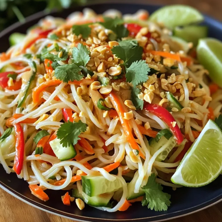 - 225 g Reisnudeln - 120 ml cremige Erdnussbutter - 30 ml Sojasauce Reisnudeln sind die Basis für diesen Salat. Sie sind leicht und nehmen Aromen gut auf. Die cremige Erdnussbutter bringt einen reichen, nussigen Geschmack. Sojasauce fügt umami hinzu und macht das Gericht noch würziger. - 1 rote Paprika, in feine Streifen geschnitten - 240 g Karotten, gerieben - 1 Gurke, dünn geschnitten - 3 Frühlingszwiebeln, gehackt - 1/4 Tasse frischer Koriander, gehackt - Gehackte Erdnüsse zum Garnieren - Limettenschnitze zum Servieren Das Gemüse bringt Frische und Farbe. Rote Paprika und Karotten sorgen für crunch und Süße. Gurken geben ein knackiges Element. Frühlingszwiebeln und Koriander fügen einen frischen Geschmack hinzu. Gehackte Erdnüsse sind perfekt für den letzten Crunch. Limettenschnitze bringen eine spritzige Note. - 30 ml Sesamöl - 30 ml Honig oder Ahornsirup - 15 ml Reisessig - 5 g Sriracha (oder nach Geschmack mehr) Das Dressing ist der Schlüssel zum Geschmack. Sesamöl bringt einen nussigen Geschmack. Honig oder Ahornsirup sorgt für Süße. Reisessig fügt Säure hinzu, die das Gericht ausgleicht. Sriracha gibt dem Salat die gewünschte Schärfe. Ihr könnt die Schärfe nach Belieben anpassen. Um die Reisnudeln zuzubereiten, beginne damit, einen großen Topf mit Wasser zum Kochen zu bringen. Wenn das Wasser sprudelt, gib die Reisnudeln hinein. Koche sie für etwa 4 bis 5 Minuten, bis sie weich sind. Danach gieße sie ab und spüle sie unter kaltem Wasser ab. Dies stoppt den Garprozess und macht die Nudeln weniger klebrig. Lass sie beiseite, während du die anderen Zutaten vorbereitest. Jetzt ist es Zeit, das Dressing zu machen. Nimm eine mittelgroße Schüssel und füge die cremige Erdnussbutter, Sojasauce, Sesamöl, Honig oder Ahornsirup, Reisessig und Sriracha hinzu. Mische alles mit einem Schneebesen, bis die Mischung schön glatt ist. Du kannst die Schärfe anpassen, indem du mehr Sriracha hinzufügst. So bekommst du das perfekte Gleichgewicht zwischen süß und scharf. Für den nächsten Schritt nimm eine große Schüssel. Gib die geschnittene rote Paprika, die geriebenen Karotten, die dünn geschnittene Gurke, die gehackten Frühlingszwiebeln und den frischen Koriander hinein. Vermenge alles gut. Jetzt füge die abgekühlten Reisnudeln zur Schüssel mit dem Gemüse hinzu. Träufle das Erdnussdressing gleichmäßig über die Nudeln. Mische alles gründlich mit Zangen oder zwei Gabeln. So sind die Nudeln und das Gemüse gut bedeckt und bereit zum Servieren. Um die Schärfe in deinem Erdnussnudelsalat anzupassen, nutze Sriracha. Füge nach Geschmack mehr hinzu. Du kannst auch andere scharfe Saucen probieren. Für frische Kräuter empfehle ich Koriander oder Minze. Sie bringen frische Aromen und heben den Geschmack hervor. Bereite einige Zutaten im Voraus vor. Koche die Reisnudeln und bereite das Dressing einen Tag vorher. So sparst du Zeit beim Servieren. Verwende auch vorgeriebenes Gemüse. Karotten und Kohl sind oft bereits in der Packung. Das macht die Zubereitung schneller und einfacher. Die Anrichtung macht viel aus. Serviere den Salat in einer großen Schüssel oder in einzelnen Schalen. Garniere mit gehackten Erdnüssen für einen knusprigen Biss. Stelle Limettenschnitze daneben. Das bringt einen frischen Kick und sieht toll aus. Als Beilagen passen frische Frühlingsrollen oder knusprige Tofu-Stücke gut dazu. {{image_4}} Wenn du mehr Eiweiß möchtest, füge Tofu hinzu. Tofu ist eine großartige Wahl. Du kannst ihn würfeln und anbraten. Das gibt dem Salat einen herzhaften Geschmack. Gegrilltes Hähnchen oder Garnelen sind ebenfalls lecker. Sie bringen zusätzliches Protein in dein Gericht. Beide Optionen passen gut zu den Erdnussnudeln. Um deinen Salat vegan zu machen, tausche die Honigzutaten aus. Verwende stattdessen Ahornsirup. Das gibt die gleiche Süße. Du kannst auch mehr Gemüse hinzufügen. Brokkoli, Zucchini oder Spinat sind tolle Ergänzungen. Sie bringen Farbe und Nährstoffe in dein Gericht. Gesunde Fette wie Avocado machen den Salat cremig. Avocado fügt auch gesunde Nährstoffe hinzu. Du kannst sie einfach in Würfel schneiden und unterheben. Außerdem kannst du Vollkornnudeln anstelle von Reisnudeln verwenden. Vollkornnudeln sind nahrhafter und fügen mehr Ballaststoffe hinzu. Wie lange bleibt der Salat frisch? Der würzige Erdnussnudelsalat bleibt im Kühlschrank etwa 3 bis 4 Tage frisch. Die frischen Zutaten halten sich gut, wenn sie richtig gelagert werden. Geeignete Behälter für die Aufbewahrung Ich empfehle, den Salat in einem luftdichten Behälter aufzubewahren. So bleibt er länger frisch. Glas- oder Kunststoffbehälter mit einem festen Deckel sind ideal. Methoden zum Servieren nach Lagerung Wenn Sie den Salat servieren möchten, nehmen Sie ihn einfach aus dem Kühlschrank. Rühren Sie den Salat gut um, um die Zutaten zu mischen. Sie können ihn auch leicht anwärmen, wenn Sie eine gemütliche Mahlzeit wünschen. Tipps, um die Frische zu bewahren Fügen Sie frisches Gemüse oder Kräuter hinzu, bevor Sie den Salat servieren. So bleibt er knackig und frisch. Vermeiden Sie es, das Dressing im Voraus hinzuzufügen, um die Textur zu bewahren. Hinweise zur Haltbarkeit in der Frischhaltefolie Wenn Sie den Salat in Frischhaltefolie wickeln, bleibt er auch 3 bis 4 Tage frisch. Achten Sie darauf, die Folie gut anzudrücken, damit keine Luft eindringt. Erkennen, wann das Gericht nicht mehr frisch ist Achten Sie auf Veränderungen im Geruch oder der Farbe. Wenn der Salat unangenehm riecht oder das Gemüse matschig aussieht, sollte er nicht mehr gegessen werden. Um den Erdnussnudelsalat vegan zu machen, tauschen Sie den Honig gegen Ahornsirup aus. Ahornsirup hat eine ähnliche Süße und passt gut zum Erdnussdressing. Diese kleine Änderung sorgt dafür, dass der Salat für alle geeignet ist. Achten Sie darauf, die anderen Zutaten ebenfalls vegan zu wählen, vor allem die Sojasauce. Ja, Sie können andere Nudeln verwenden. Zum Beispiel schmecken Vollkornnudeln oder Udon-Nudeln gut in diesem Salat. Auch Zucchininudeln sind eine gesunde Option. Sie geben dem Gericht eine neue Textur. Experimentieren Sie mit verschiedenen Nudelsorten, um Ihren Favoriten zu finden! Der Salat hat einen milden bis mittleren Schärfegrad. Die Sriracha-Sauce sorgt für die Hitze. Sie können die Schärfe ganz einfach anpassen. Fügen Sie mehr Sriracha hinzu, wenn Sie es schärfer mögen. Mögen Sie es milder? Dann reduzieren Sie die Menge oder lassen Sie sie ganz weg. Erdnussnudelsalat ist einfach zuzubereiten und sehr lecker. Er kombiniert Reisnudeln, Erdnussbutter und frisches Gemüse. Du kannst die Schärfe mit Sriracha anpassen und viele Variationen ausprobieren. Ob mit Tofu oder Hähnchen, der Salat bleibt gesund. Richtig gelagert, hält er frisch und lecker. Teste die Tipps und finde deine perfekte Version. Viel Spaß beim Kochen!