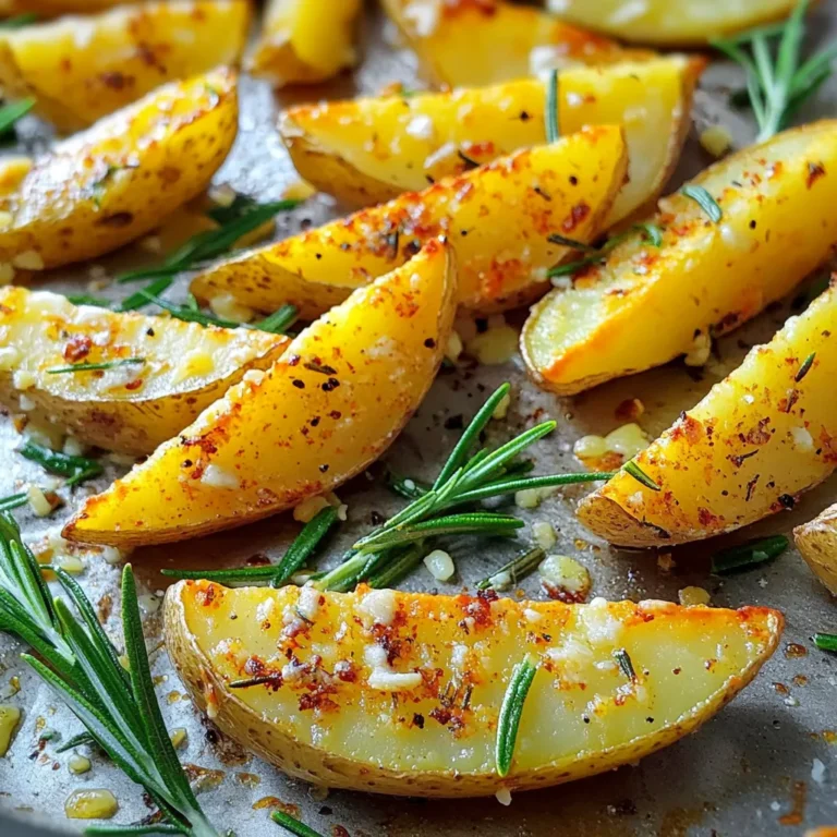 Für diese leckeren Kartoffel-Wedges brauchst du folgende Hauptzutaten: - 4 mittelgroße Russet-Kartoffeln, gründlich gewaschen und in Wedges geschnitten - 4 Esslöffel Olivenöl - 4 Zehen Knoblauch, fein gehackt Die Russet-Kartoffeln sind perfekt, da sie schön weich und cremig werden. Die Wedges sind knusprig außen und zart innen. Das Olivenöl gibt den Wedges einen tollen Geschmack und hilft beim Bräunen. Hier sind die Gewürze, die dein Gericht besonders machen: - 2 Teelöffel frischer Rosmarin, gehackt (oder 1 Teelöffel getrockneter Rosmarin) - 1 Teelöffel geräucherter Paprika - 1 Teelöffel Meersalz - ½ Teelöffel schwarzer Pfeffer Rosmarin bringt einen frischen, duftenden Geschmack. Geräucherter Paprika gibt den Wedges eine feine rauchige Note. Meersalz und schwarzer Pfeffer sorgen für den richtigen Kick. Möchtest du deine Wedges noch besser machen? Hier sind optionale Zutaten: - 2 Esslöffel geriebener Parmesan - Frische Rosmarinzweige zur Dekoration Der Parmesan gibt den Wedges einen herzhaften Geschmack. Die frischen Rosmarinzweige machen die Wedges noch hübscher und aromatischer. Du kannst sie auch weglassen, wenn du es einfacher halten möchtest. Heizen Sie den Ofen auf 220°C vor. Dies sorgt für knusprige Wedges. Legen Sie ein großes Backblech mit Backpapier aus. Das macht die Reinigung leicht und verhindert, dass die Wedges ankleben. Waschen Sie 4 mittelgroße Russet-Kartoffeln gründlich. Schneiden Sie sie in Wedges. In einer großen Schüssel geben Sie die Wedges, 4 Esslöffel Olivenöl, 4 fein gehackte Knoblauchzehen, 2 Teelöffel frischen Rosmarin und 1 Teelöffel geräucherten Paprika hinein. Fügen Sie 1 Teelöffel Meersalz und ½ Teelöffel schwarzen Pfeffer hinzu. Mischen Sie alles gut, bis die Wedges gleichmäßig gewürzt sind. Verteilen Sie die Kartoffel-Wedges in einer einzigen Schicht auf dem Backblech. Lassen Sie genug Platz zwischen den Wedges, damit sie knusprig werden. Backen Sie die Wedges für 25-30 Minuten. Wenden Sie sie nach 15 Minuten, damit sie gleichmäßig goldbraun werden. Wenn Sie Parmesan verwenden, streuen Sie ihn in den letzten 5 Minuten über die Wedges. Nach dem Backen, nehmen Sie die Wedges aus dem Ofen und lassen sie kurz abkühlen. Servieren Sie sie warm, garniert mit frischen Rosmarinzweigen. Um die Kartoffel-Wedges knusprig zu machen, gibt es einige Tricks. Zuerst, schneide die Kartoffeln gleichmäßig. Ungleiche Stücke backen unterschiedlich und das ist nicht gut. Zweitens, lasse genug Platz zwischen den Wedges auf dem Backblech. Wenn sie sich berühren, dampfen sie statt knusprig zu werden. Füge auch etwas mehr Olivenöl hinzu. Das Öl hilft, die Wedges goldbraun zu machen. Frische Kräuter machen die Wedges noch besser. Hier benutze ich frischen Rosmarin. Hacke ihn fein und mische ihn gut mit den Kartoffeln. Frische Kräuter haben einen stärkeren Geschmack als getrocknete. Wenn du keinen frischen Rosmarin hast, ist getrockneter auch okay. Verwende ein Drittel der Menge, da getrocknete Kräuter stärker sind. Füge die frischen Kräuter nach dem Backen hinzu, um den Geschmack zu bewahren. Der richtige Zeitpunkt ist wichtig für perfekte Wedges. Heize den Ofen auf 220°C vor. Backe die Wedges für 25 bis 30 Minuten. Nach 15 Minuten, wende die Wedges, damit sie gleichmäßig garen. Sie sollten goldbraun und knusprig sein. Wenn du Parmesan hinzufügst, streue ihn in den letzten 5 Minuten darüber. So wird er schön geschmolzen und lecker. {{image_4}} Manchmal möchte man den Wedges mehr Geschmack geben. Hier sind einige Käse-Optionen: - Feta: Feta bringt einen salzigen, cremigen Geschmack. - Cheddar: Cheddar macht die Wedges herzhaft und würzig. - Mozzarella: Mozzarella sorgt für einen tollen, schmelzenden Effekt. Du kannst auch andere Beläge hinzufügen. Probiere: - Frische Kräuter: Petersilie oder Schnittlauch geben einen frischen Kick. - Chili-Flocken: Für etwas Schärfe sind Chili-Flocken ideal. Dieses Rezept ist fast schon vegan. Um es vollständig vegan zu machen, lasse den Parmesan weg. Verwende stattdessen Nährhefe. Diese sorgt für einen käsigen Geschmack, ohne tierische Produkte. Du kannst auch verschiedene Gemüsesorten hinzufügen, um die Wedges zu erweitern. Karotten oder Zucchini passen gut. Schneide sie in ähnliche Größen, damit sie gleichmäßig garen. Die Gewürze in diesem Rezept sind toll, aber du kannst sie auch ändern. Hier sind einige Ideen: - Thymian: Thymian hat einen robusten Geschmack und passt gut zu Kartoffeln. - Knoblauchpulver: Wenn du mehr Knoblauchgeschmack magst, füge etwas mehr hinzu. - Curry-Pulver: Für einen neuen Twist kannst du Curry-Pulver verwenden. Experimentiere mit diesen Optionen und finde deinen eigenen Favoriten. Kochen soll Spaß machen! Um die übrig gebliebenen Wedges frisch zu halten, legen Sie sie in einen luftdichten Behälter. Stellen Sie sicher, dass die Wedges abgekühlt sind, bevor Sie sie lagern. So bleibt ihre Knusprigkeit erhalten. Bewahren Sie sie im Kühlschrank auf. Nach ein bis zwei Tagen verlieren sie ihre Frische. Um die Wedges wieder aufzuwärmen, heizen Sie den Ofen auf 200°C vor. Legen Sie die Wedges auf ein Backblech. Backen Sie sie für etwa 10 bis 15 Minuten. Dies hilft, die Wedges knusprig zu machen. Alternativ können Sie eine Pfanne verwenden. Erhitzen Sie etwas Öl und braten Sie die Wedges kurz an. Im Kühlschrank halten die Wedges bis zu drei Tage. Im Gefrierschrank können sie bis zu einem Monat aufbewahrt werden. Für das Einfrieren legen Sie die Wedges in einen gefriergeeigneten Behälter. Achten Sie darauf, die Wedges gut zu verpacken. Dies verhindert Frostschäden. Wenn Sie sie wieder aufwärmen, backen Sie sie direkt aus dem Gefrierfach für beste Ergebnisse. Um den Geschmack zu verbessern, probiere frische Kräuter wie Thymian oder Oregano. Diese Kräuter passen gut zu Rosmarin. Du kannst auch mehr Knoblauch hinzufügen, wenn du einen starken Geschmack magst. Eine Prise Chili kann den Wedges auch eine scharfe Note geben. Wenn du Käse magst, streue etwas Parmesan oder Feta über die Wedges vor dem Backen. Dies gibt einen tollen Geschmack. Ja, diese Kartoffel-Wedges sind glutenfrei. Alle Zutaten in diesem Rezept sind glutenfrei. Du kannst sie ohne Sorge genießen, wenn du eine glutenfreie Diät befolgst. Stelle sicher, dass auch die verwendeten Gewürze glutenfrei sind, um sicherzugehen. Ja, du kannst die Rezeptur ganz einfach anpassen. Halbiere einfach die Zutaten für weniger Wedges. Wenn du nur für dich selbst kochst, sind zwei Kartoffeln genug. Achte darauf, die Backzeit zu überprüfen, da kleinere Portionen schneller gar werden können. So kannst du den perfekten Snack für jeden Anlass zubereiten. In diesem Artikel habe ich dir gezeigt, wie du leckere Kartoffel-Wedges zubereitest. Wir haben die Zutaten und Schritte besprochen, um perfekte Wedges zu machen. Ich habe auch Tipps gegeben, um sie knusprig zu bekommen und wie du sie richtig lagerst. Denke daran, dass du mit verschiedenen Gewürzen und Käsesorten experimentieren kannst. So findest du deinen ganz eigenen Lieblingsgeschmack. Lass deinen kreativen Ideen freien Lauf und genieße deine selbstgemachten Kartoffel-Wedges!