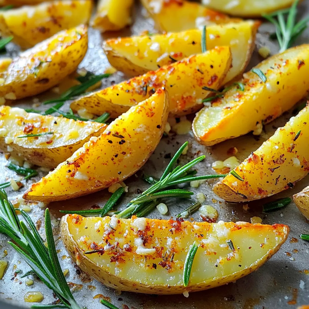 Für diese leckeren Kartoffel-Wedges brauchst du folgende Hauptzutaten: - 4 mittelgroße Russet-Kartoffeln, gründlich gewaschen und in Wedges geschnitten - 4 Esslöffel Olivenöl - 4 Zehen Knoblauch, fein gehackt Die Russet-Kartoffeln sind perfekt, da sie schön weich und cremig werden. Die Wedges sind knusprig außen und zart innen. Das Olivenöl gibt den Wedges einen tollen Geschmack und hilft beim Bräunen. Hier sind die Gewürze, die dein Gericht besonders machen: - 2 Teelöffel frischer Rosmarin, gehackt (oder 1 Teelöffel getrockneter Rosmarin) - 1 Teelöffel geräucherter Paprika - 1 Teelöffel Meersalz - ½ Teelöffel schwarzer Pfeffer Rosmarin bringt einen frischen, duftenden Geschmack. Geräucherter Paprika gibt den Wedges eine feine rauchige Note. Meersalz und schwarzer Pfeffer sorgen für den richtigen Kick. Möchtest du deine Wedges noch besser machen? Hier sind optionale Zutaten: - 2 Esslöffel geriebener Parmesan - Frische Rosmarinzweige zur Dekoration Der Parmesan gibt den Wedges einen herzhaften Geschmack. Die frischen Rosmarinzweige machen die Wedges noch hübscher und aromatischer. Du kannst sie auch weglassen, wenn du es einfacher halten möchtest. Heizen Sie den Ofen auf 220°C vor. Dies sorgt für knusprige Wedges. Legen Sie ein großes Backblech mit Backpapier aus. Das macht die Reinigung leicht und verhindert, dass die Wedges ankleben. Waschen Sie 4 mittelgroße Russet-Kartoffeln gründlich. Schneiden Sie sie in Wedges. In einer großen Schüssel geben Sie die Wedges, 4 Esslöffel Olivenöl, 4 fein gehackte Knoblauchzehen, 2 Teelöffel frischen Rosmarin und 1 Teelöffel geräucherten Paprika hinein. Fügen Sie 1 Teelöffel Meersalz und ½ Teelöffel schwarzen Pfeffer hinzu. Mischen Sie alles gut, bis die Wedges gleichmäßig gewürzt sind. Verteilen Sie die Kartoffel-Wedges in einer einzigen Schicht auf dem Backblech. Lassen Sie genug Platz zwischen den Wedges, damit sie knusprig werden. Backen Sie die Wedges für 25-30 Minuten. Wenden Sie sie nach 15 Minuten, damit sie gleichmäßig goldbraun werden. Wenn Sie Parmesan verwenden, streuen Sie ihn in den letzten 5 Minuten über die Wedges. Nach dem Backen, nehmen Sie die Wedges aus dem Ofen und lassen sie kurz abkühlen. Servieren Sie sie warm, garniert mit frischen Rosmarinzweigen. Um die Kartoffel-Wedges knusprig zu machen, gibt es einige Tricks. Zuerst, schneide die Kartoffeln gleichmäßig. Ungleiche Stücke backen unterschiedlich und das ist nicht gut. Zweitens, lasse genug Platz zwischen den Wedges auf dem Backblech. Wenn sie sich berühren, dampfen sie statt knusprig zu werden. Füge auch etwas mehr Olivenöl hinzu. Das Öl hilft, die Wedges goldbraun zu machen. Frische Kräuter machen die Wedges noch besser. Hier benutze ich frischen Rosmarin. Hacke ihn fein und mische ihn gut mit den Kartoffeln. Frische Kräuter haben einen stärkeren Geschmack als getrocknete. Wenn du keinen frischen Rosmarin hast, ist getrockneter auch okay. Verwende ein Drittel der Menge, da getrocknete Kräuter stärker sind. Füge die frischen Kräuter nach dem Backen hinzu, um den Geschmack zu bewahren. Der richtige Zeitpunkt ist wichtig für perfekte Wedges. Heize den Ofen auf 220°C vor. Backe die Wedges für 25 bis 30 Minuten. Nach 15 Minuten, wende die Wedges, damit sie gleichmäßig garen. Sie sollten goldbraun und knusprig sein. Wenn du Parmesan hinzufügst, streue ihn in den letzten 5 Minuten darüber. So wird er schön geschmolzen und lecker. {{image_4}} Manchmal möchte man den Wedges mehr Geschmack geben. Hier sind einige Käse-Optionen: - Feta: Feta bringt einen salzigen, cremigen Geschmack. - Cheddar: Cheddar macht die Wedges herzhaft und würzig. - Mozzarella: Mozzarella sorgt für einen tollen, schmelzenden Effekt. Du kannst auch andere Beläge hinzufügen. Probiere: - Frische Kräuter: Petersilie oder Schnittlauch geben einen frischen Kick. - Chili-Flocken: Für etwas Schärfe sind Chili-Flocken ideal. Dieses Rezept ist fast schon vegan. Um es vollständig vegan zu machen, lasse den Parmesan weg. Verwende stattdessen Nährhefe. Diese sorgt für einen käsigen Geschmack, ohne tierische Produkte. Du kannst auch verschiedene Gemüsesorten hinzufügen, um die Wedges zu erweitern. Karotten oder Zucchini passen gut. Schneide sie in ähnliche Größen, damit sie gleichmäßig garen. Die Gewürze in diesem Rezept sind toll, aber du kannst sie auch ändern. Hier sind einige Ideen: - Thymian: Thymian hat einen robusten Geschmack und passt gut zu Kartoffeln. - Knoblauchpulver: Wenn du mehr Knoblauchgeschmack magst, füge etwas mehr hinzu. - Curry-Pulver: Für einen neuen Twist kannst du Curry-Pulver verwenden. Experimentiere mit diesen Optionen und finde deinen eigenen Favoriten. Kochen soll Spaß machen! Um die übrig gebliebenen Wedges frisch zu halten, legen Sie sie in einen luftdichten Behälter. Stellen Sie sicher, dass die Wedges abgekühlt sind, bevor Sie sie lagern. So bleibt ihre Knusprigkeit erhalten. Bewahren Sie sie im Kühlschrank auf. Nach ein bis zwei Tagen verlieren sie ihre Frische. Um die Wedges wieder aufzuwärmen, heizen Sie den Ofen auf 200°C vor. Legen Sie die Wedges auf ein Backblech. Backen Sie sie für etwa 10 bis 15 Minuten. Dies hilft, die Wedges knusprig zu machen. Alternativ können Sie eine Pfanne verwenden. Erhitzen Sie etwas Öl und braten Sie die Wedges kurz an. Im Kühlschrank halten die Wedges bis zu drei Tage. Im Gefrierschrank können sie bis zu einem Monat aufbewahrt werden. Für das Einfrieren legen Sie die Wedges in einen gefriergeeigneten Behälter. Achten Sie darauf, die Wedges gut zu verpacken. Dies verhindert Frostschäden. Wenn Sie sie wieder aufwärmen, backen Sie sie direkt aus dem Gefrierfach für beste Ergebnisse. Um den Geschmack zu verbessern, probiere frische Kräuter wie Thymian oder Oregano. Diese Kräuter passen gut zu Rosmarin. Du kannst auch mehr Knoblauch hinzufügen, wenn du einen starken Geschmack magst. Eine Prise Chili kann den Wedges auch eine scharfe Note geben. Wenn du Käse magst, streue etwas Parmesan oder Feta über die Wedges vor dem Backen. Dies gibt einen tollen Geschmack. Ja, diese Kartoffel-Wedges sind glutenfrei. Alle Zutaten in diesem Rezept sind glutenfrei. Du kannst sie ohne Sorge genießen, wenn du eine glutenfreie Diät befolgst. Stelle sicher, dass auch die verwendeten Gewürze glutenfrei sind, um sicherzugehen. Ja, du kannst die Rezeptur ganz einfach anpassen. Halbiere einfach die Zutaten für weniger Wedges. Wenn du nur für dich selbst kochst, sind zwei Kartoffeln genug. Achte darauf, die Backzeit zu überprüfen, da kleinere Portionen schneller gar werden können. So kannst du den perfekten Snack für jeden Anlass zubereiten. In diesem Artikel habe ich dir gezeigt, wie du leckere Kartoffel-Wedges zubereitest. Wir haben die Zutaten und Schritte besprochen, um perfekte Wedges zu machen. Ich habe auch Tipps gegeben, um sie knusprig zu bekommen und wie du sie richtig lagerst. Denke daran, dass du mit verschiedenen Gewürzen und Käsesorten experimentieren kannst. So findest du deinen ganz eigenen Lieblingsgeschmack. Lass deinen kreativen Ideen freien Lauf und genieße deine selbstgemachten Kartoffel-Wedges!
