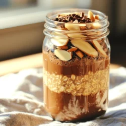 Für Mocha Mandel Übernacht Haferflocken brauchen Sie: - 1/2 Tasse zarte Haferflocken - 1 Tasse ungesüßte Mandelmilch - 1 Esslöffel Kakaopulver - 1 Esslöffel Ahornsirup (oder Honig) - 1 Esslöffel fein gehackte Mandeln - 1 Teelöffel Instant-Kaffeepulver - 1/2 Teelöffel Vanilleextrakt - Eine Prise Salz - 1 Esslöffel Schokoladenstückchen (optional) - Frische Mandelscheiben und Kakaonibs zum Garnieren Diese Zutaten sorgen für einen leckeren und nahrhaften Start in den Tag. Die zarten Haferflocken sind die Basis. Sie geben eine weiche Textur. Die Mandelmilch macht das Ganze cremig. Kakaopulver gibt den reichen Schokoladengeschmack. Der Instant-Kaffee bringt die nötige Wachheit. Ahornsirup oder Honig fügt eine süße Note hinzu. Gehackte Mandeln bringen einen schönen Crunch und nussigen Geschmack. Wenn Sie keine Mandelmilch haben, probieren Sie Sojamilch oder Hafermilch. Anstelle von Kakaopulver können Sie auch Carobpulver verwenden für einen anderen Geschmack. Versuchen Sie braunen Zucker anstelle von Ahornsirup, wenn nötig. Für eine glutenfreie Variante wählen Sie glutenfreie Haferflocken. Die Schokoladenstückchen sind optional, aber sie machen es süßer. Experimentieren Sie mit anderen Nüssen wie Walnüssen oder Haselnüssen für Abwechslung. Beginne mit einer großen Schüssel. Mische 1/2 Tasse zarte Haferflocken, 1 Esslöffel Kakaopulver, 1 Teelöffel Instant-Kaffeepulver und eine Prise Salz. Rühre alles gut um. So verteilen sich Kakao und Kaffee gleichmäßig. Diese Mischung gibt den Haferflocken einen tollen Geschmack. Jetzt kommen die flüssigen Zutaten. Füge 1 Tasse ungesüßte Mandelmilch, 1 Esslöffel Ahornsirup und 1/2 Teelöffel Vanilleextrakt hinzu. Rühre alles gut durch, bis die Mischung cremig wird. Das Kakaopulver sollte sich gut auflösen. Dies sorgt für eine leckere, schokoladige Basis. Übertrage die Mischung in ein Glas oder einen Behälter. Schließe es gut. Lasse die Haferflocken über Nacht im Kühlschrank. So können die Aromen gut ziehen. Am Morgen rühre alles nochmals um. Wenn die Mischung zu dick ist, füge etwas mehr Mandelmilch hinzu. Garniere die Haferflocken mit frischen Mandelscheiben und Kakaonibs. So erhältst du einen schönen Crunch und eine tolle Präsentation. Um die perfekte Konsistenz zu erreichen, ist die richtige Menge Flüssigkeit wichtig. Beginne mit 1 Tasse Mandelmilch. Wenn du eine cremigere Textur magst, füge mehr Milch hinzu. Wenn du sie dicker magst, verwende weniger. Nach dem Kühlen, rühre die Mischung gut um. Das hilft, Klumpen zu lösen. Bei Bedarf kannst du auch einen Spritzer Wasser hinzufügen. Du kannst die Aromen nach deinem Geschmack anpassen. Füge mehr Kakaopulver hinzu, wenn du Schokolade liebst. Für eine süßere Note, erhöhe den Ahornsirup oder Honig. Verwende statt Instant-Kaffeepulver echten Kaffee für einen kräftigeren Geschmack. Experimentiere auch mit verschiedenen Nüssen oder Samen. Diese geben nicht nur neuen Geschmack, sondern auch zusätzliche Nährstoffe. Die Präsentation ist wichtig. Verwende ein klares Glas, um die Schichten zu zeigen. Das sieht toll aus und macht Appetit. Garniere die Haferflocken mit frischen Mandelscheiben und Kakaonibs. Diese sorgen für Crunch und eine schöne Optik. Du kannst auch einen Schuss Mandelmilch darüberlaufen lassen. So wirkt das Gericht noch einladender. {{image_4}} Du kannst die Mandeln in diesem Rezept leicht ändern. Probiere Walnüsse, Haselnüsse oder Cashews. Diese Nüsse bringen ihren eigenen Geschmack mit. Walnüsse sind reich an Omega-3-Fettsäuren. Haselnüsse geben einen süßeren, erdigen Geschmack. Cashews sind cremig und zart. Du kannst auch eine Mischung verwenden, um mehr Abwechslung zu schaffen. Um deine Haferflocken proteinreicher zu machen, füge einfach griechischen Joghurt hinzu. Der Joghurt macht die Mischung cremiger und sättigender. Er gibt auch einen schönen, leicht säuerlichen Geschmack. Du kannst die Mandelmilch reduzieren und stattdessen Joghurt verwenden. So bleibt die Konsistenz gut und du bekommst mehr Nährstoffe. Wenn du den Süßstoff ändern möchtest, probiere Agavendicksaft oder Kokosblütenzucker. Diese Alternativen sind oft gesünder. Du kannst auch Zimt oder Muskatnuss für zusätzlichen Geschmack hinzufügen. Eine Prise Chili kann die Aromen spannend machen. Experimentiere, um deinen perfekten Mix zu finden! Die Mocha Mandel Übernacht Haferflocken lassen sich einfach im Kühlschrank aufbewahren. Nach der Zubereitung kannst du sie in einem luftdichten Behälter lagern. So bleiben sie frisch und lecker. Ich empfehle, die Haferflocken innerhalb von drei Tagen zu essen. So schmecken sie am besten. Du möchtest die beste Qualität haben? Bereite die Haferflocken frisch zu. Sie sind am leckersten, wenn du sie an einem Abend machst und am nächsten Morgen isst. Nach drei Tagen im Kühlschrank kann der Geschmack nachlassen. Wenn du sie länger aufbewahren möchtest, schau dir das Einfrieren an. Wenn du die Haferflocken einfrieren willst, ist das eine großartige Option. Fülle die Mischung in einen gefrierfesten Behälter. Achte darauf, etwas Platz zu lassen, da sich die Mischung beim Gefrieren ausdehnt. So bleiben die Haferflocken bis zu einem Monat frisch. Um sie zu essen, lasse sie einfach über Nacht im Kühlschrank auftauen. So hast du ein schnelles und gesundes Frühstück! Übernacht-Haferflocken halten sich gut im Kühlschrank. Sie bleiben frisch für etwa 3 bis 5 Tage. Achte darauf, dass du sie in einem luftdichten Behälter aufbewahrst. So bleibt die Textur angenehm. Nach ein paar Tagen können sie etwas weicher werden. Wenn sie dir zu dick erscheinen, füge einfach etwas Mandelmilch hinzu. Ja, du kannst dieses Rezept im Voraus zubereiten. Du kannst die Zutaten abends mischen und über Nacht im Kühlschrank lassen. So sind sie am Morgen bereit zum Genießen. Es ist eine tolle Lösung für einen schnellen, gesunden Start in den Tag. Du kannst mehrere Portionen auf einmal zubereiten. Das spart Zeit und macht das Frühstück einfach. Ja, du kannst glutenfreie Haferflocken verwenden, um die Übernacht-Haferflocken glutenfrei zu machen. Achte darauf, dass die Haferflocken als glutenfrei gekennzeichnet sind. So vermeidest du Gluten. Ansonsten bleibt das Rezept gleich. Du kannst auch andere pflanzliche Milchsorten verwenden, wenn du das möchtest. Die Zutaten für Übernacht-Haferflocken sind einfach, aber wichtig. Wir haben die besten Zutaten für Geschmack und Textur besprochen. Auch Alternativen sind hilfreich, falls du etwas nicht magst. Die Schritt-für-Schritt-Anleitung macht die Zubereitung leicht und schnell. Die Tipps helfen dir, die perfekte Konsistenz zu erreichen und das Gericht schön zu präsentieren. Variationen zeigen, dass du kreativ sein kannst. Lagerungsmethoden helfen dir, die Frische zu bewahren. Insgesamt sind Übernacht-Haferflocken eine köstliche, nahrhafte Wahl, die einfach zuzubereiten ist. Experimentiere mit deinen eigenen Zutaten!