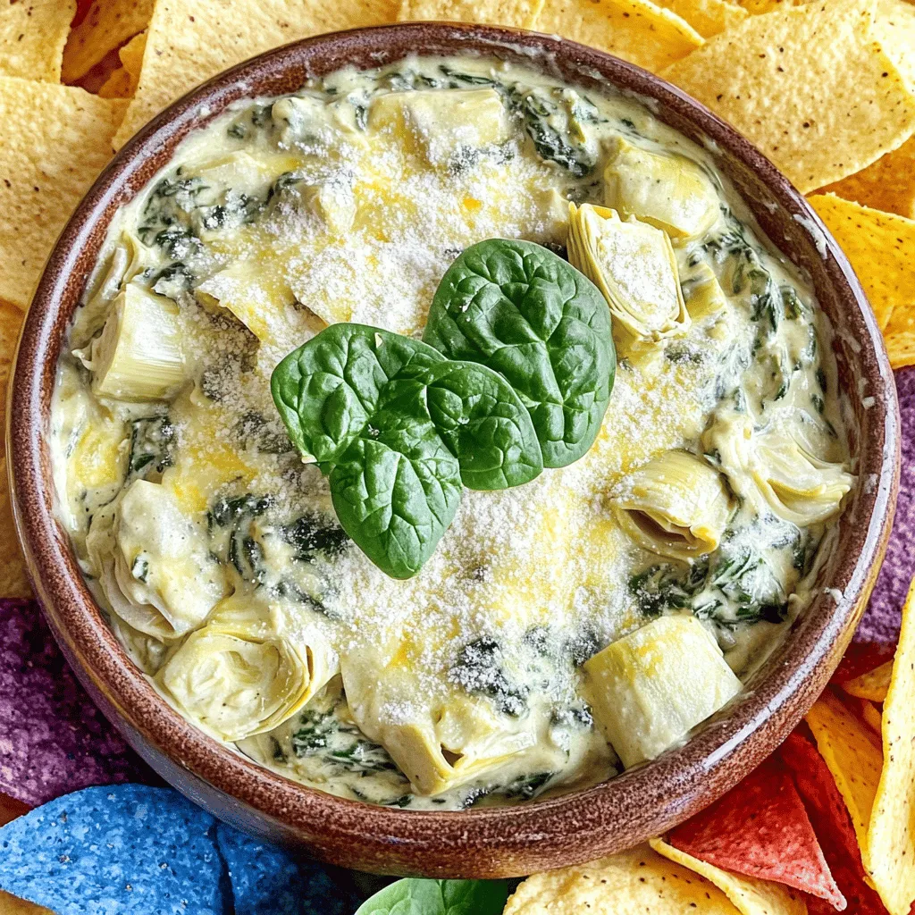 Für einen köstlichen Spinach Artichoke Dip brauchen Sie: - 1 Paket gefrorener Spinat (280 g), aufgetaut und gut abgetropft - 1 Dose Artischockenherzen (400 g), abgetropft und grob gehackt - 240 g Frischkäse, weich - 240 g Sauerrahm - 240 g Mayonnaise - 100 g geriebener Mozzarella - 50 g geriebener Parmesan Diese Zutaten bilden die Basis für einen cremigen und herzhaften Dip. Der Spinat und die Artischocken geben viel Geschmack. Frischkäse sorgt für die nötige Cremigkeit. Für den perfekten Geschmack verwenden Sie: - 3 Knoblauchzehen, fein gehackt - 1 Teelöffel Knoblauchpulver - 1 Teelöffel Zwiebelpulver - Salz und Pfeffer nach Geschmack - 1/4 Teelöffel rote Pfefferflocken (optional) Die Gewürze bringen das Aroma zur Geltung. Rote Pfefferflocken geben dem Dip einen kleinen Kick, wenn Sie es scharf mögen. Wählen Sie frische Zutaten, wenn möglich. Achten Sie darauf, dass der Spinat gut abgetropft ist. So bleibt der Dip nicht wässrig. Verwenden Sie hochwertigen Frischkäse und Sauerrahm. Diese sorgen für einen volleren Geschmack. Kaufen Sie geriebenen Käse, wenn Sie es eilig haben. Wenn Sie Zeit haben, reiben Sie den Käse frisch. Das gibt dem Dip eine bessere Textur und mehr Geschmack. Zuerst müssen Sie den Slow Cooker vorbereiten. Sprühen Sie den Einsatz mit Kochspray oder fetten Sie ihn leicht ein. Dies verhindert, dass der Dip anhaftet. Es ist wichtig, dies zu tun, damit die Reinigung später einfach wird. In einer großen Schüssel mischen Sie den weichen Frischkäse, Sauerrahm und Mayonnaise. Rühren Sie alles gut um, bis die Masse glatt und gleichmäßig ist. Diese Basis ist der Schlüssel zu einem cremigen Dip, also nehmen Sie sich Zeit, um sie gut zu vermengen. Jetzt ist es Zeit für die Hauptzutaten. Fügen Sie den gut abgetropften Spinat und die grob gehackten Artischocken hinzu. Mischen Sie alles vorsichtig, damit die Zutaten gleichmäßig verteilt sind. Danach kommt der Käse ins Spiel. Geben Sie den geriebenen Mozzarella und Parmesan sowie den fein gehackten Knoblauch, Knoblauchpulver und Zwiebelpulver hinzu. Schmecken Sie alles mit Salz, Pfeffer und optionalen roten Pfefferflocken ab. Rühren Sie gut um, bis alles integriert ist. Geben Sie die Mischung in den vorbereiteten Slow Cooker. Decken Sie ihn ab und stellen Sie ihn auf niedriger Stufe für 2-3 Stunden oder auf hoher Stufe für 1-1,5 Stunden. Es ist wichtig, während der Garzeit einmal umzurühren, wenn Sie können. Nach der Garzeit rühren Sie den Dip nochmals gut um. Dies sorgt dafür, dass er schön cremig bleibt und Sie das volle Aroma genießen. Ein häufiger Fehler ist das Überschreiten der Garzeit. Überwachen Sie den Dip gut. Wenn er zu lange kocht, wird er trocken. Achten Sie darauf, den Spinat gut abzutropfen. Zu viel Wasser macht den Dip dünn. Mischen Sie die Zutaten gründlich. Klumpen können die Textur beeinträchtigen. Verwenden Sie frische Zutaten, wenn möglich. Sie geben mehr Geschmack. Servieren Sie den Dip heiß, um den vollen Geschmack zu genießen. Ein bunter Teller macht Ihr Gericht ansprechend. Garnieren Sie mit Parmesan und frischen Spinatblättern. Das sieht toll aus und schmeckt lecker. Bieten Sie verschiedene Dips wie Tortilla-Chips oder Gemüsesticks an. So hat jeder etwas, das ihm schmeckt. Denken Sie an kleine Schalen. Sie machen das Teilen einfach und spaßig. Sie können diesen Dip leicht in andere Gerichte umwandeln. Verwenden Sie ihn als Füllung für Sandwiches oder Wraps. Er eignet sich auch gut als Pastasauce. Mischen Sie ihn in eine Auflaufform für ein herzhaftes Gericht. Fügen Sie Hühnchen oder Garnelen hinzu, um es proteinreicher zu machen. Diese Variationen sind einfach und köstlich. {{image_4}} Wenn du deinen Spinach Artichoke Dip anpassen möchtest, hast du viele Optionen. Du kannst verschiedene Käsesorten verwenden. Zum Beispiel: - Cheddar - Gouda - Feta Jede Käsesorte bringt einen eigenen Geschmack. Du kannst auch das Gemüse variieren. Probier zusätzlich: - Paprika - Zucchini - Frühlingszwiebeln Diese Zutaten geben dem Dip eine neue Note. Sei kreativ und finde deinen Lieblingsmix! Für eine vegane Version des Dips kannst du einfache Substitutionen machen. Ersetze: - Frischkäse durch veganen Frischkäse - Sauerrahm durch pflanzliche Joghurtalternativen - Mayonnaise durch vegane Mayo Diese Alternativen sorgen dafür, dass der Dip cremig bleibt. Du kannst auch geröstete Nüsse oder Hefeflocken hinzufügen. Diese geben einen käsigen Geschmack. So bleibt der Dip auch ohne tierische Produkte lecker. Wenn du es scharf magst, gibt es tolle Möglichkeiten. Füge einfach mehr rote Pfefferflocken hinzu. Du kannst auch frische Jalapeños oder Chili verwenden. Diese geben dem Dip eine feurige Note. Ein weiterer Tipp: Füge etwas scharfe Soße hinzu. Sie gibt dem Dip eine spannende Tiefe. Probiere es aus und finde deine perfekte Schärfe! Um den Dip frisch zu halten, füllen Sie ihn in einen luftdichten Behälter. Lassen Sie den Dip zuerst auf Raumtemperatur kommen, bevor Sie ihn kühlen. Im Kühlschrank hält er sich bis zu 5 Tage. Achten Sie darauf, den Dip gut abzudecken, um das Austrocknen zu vermeiden. Ja, Sie können den Dip einfrieren. Füllen Sie ihn in einen gefrierfesten Behälter oder einen Gefrierbeutel. Vergessen Sie nicht, das Datum darauf zu schreiben. Der Dip kann bis zu 3 Monate eingefroren werden. Wenn Sie ihn wieder auftauen, lassen Sie ihn über Nacht im Kühlschrank auftauen. Um den Dip wieder warm zu machen, können Sie ihn in der Mikrowelle oder im Slow Cooker erwärmen. In der Mikrowelle, verwenden Sie eine niedrige Einstellung und rühren Sie alle 30 Sekunden um. Im Slow Cooker, stellen Sie ihn auf niedrige Stufe und rühren Sie gelegentlich um. Erhitzen Sie ihn, bis er vollständig warm ist. Der Dip hält sich im Kühlschrank etwa 3 bis 5 Tage. Achte darauf, den Dip in einem luftdichten Behälter zu lagern. So bleibt er frisch und lecker. Vor dem Servieren kannst du ihn kurz umrühren. Wenn der Dip komisch riecht oder die Farbe sich ändert, wirf ihn besser weg. Ja, du kannst den Dip im Voraus machen. Bereite ihn einfach wie beschrieben vor, aber lasse ihn im Slow Cooker weg. Stelle ihn in den Kühlschrank, bis du bereit bist, ihn zu garen. Wenn du bereit bist, stelle den Slow Cooker an. Garen dauert dann wie gewohnt 2 bis 3 Stunden auf niedriger Stufe. Dieser Dip passt hervorragend zu vielen Snacks. Hier sind einige beliebte Optionen: - Tortilla-Chips - Geröstete Baguette-Scheiben - Frische Gemüsesticks wie Karotten oder Sellerie - Knusprige Crackers Egal, was du wählst, dieser Dip wird sicher alle begeistern! Der Dip ist einfach zuzubereiten und perfekt für jede Gelegenheit. Du hast gelernt, welche Zutaten du brauchst und wie du den Slow Cooker nutzt. Mit hilfreichen Tipps vermeidest du gängige Fehler und machst deinen Dip zu einem Hit. Denk daran, dass du mit Variationen und Lagerung viel herausholen kannst. Egal, ob vegan oder schärfer, der Dip erfüllt jeden Wunsch. Halte die FAQs bereit, um alle Fragen zu klären. So kannst du sicher sein, dass dein Dip immer gelingt und bei deinen Gästen gut ankommt.
