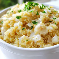 Für unser leckeres Gericht brauchst du folgende Zutaten: - 1 Tasse Quinoa, gespült - 2 Tassen Gemüsebrühe - 1 Esslöffel Olivenöl - 4 Knoblauchzehen, fein gehackt - 1 kleine Zwiebel, fein gehackt - 1 Tasse Schlagsahne oder Kokoscreme - 1/2 Tasse geriebener Parmesan - 1 Teelöffel getrocknete italienische Kräuter - Salz und Pfeffer nach Geschmack - Frische Petersilie, gehackt, zum Garnieren Diese Zutaten machen das Gericht cremig und voller Geschmack. Wenn du eine leichtere Version magst, ersetze die Schlagsahne durch Kokoscreme. Diese Alternative gibt dem Gericht eine schöne Note. Du kannst auch weniger Parmesan verwenden, um die Kalorien zu reduzieren. Wähle frische Zutaten aus. Achte darauf, dass die Quinoa gut gespült ist. So vermeidest du einen bitteren Geschmack. Verwende hochwertige Gemüsebrühe für mehr Aroma. Frischer Knoblauch und Zwiebel bringen den besten Geschmack. Wenn du frische Kräuter hast, benutze sie statt getrockneter. Sie geben dem Gericht einen tollen frischen Geschmack. Zuerst brauchst du die Zutaten. Hier ist, was du benötigst: - 1 Tasse Quinoa, gespült - 2 Tassen Gemüsebrühe - 1 Esslöffel Olivenöl - 4 Knoblauchzehen, fein gehackt - 1 kleine Zwiebel, fein gehackt - 1 Tasse Schlagsahne oder Kokoscreme für eine leichtere Variante - 1/2 Tasse geriebener Parmesan - 1 Teelöffel getrocknete italienische Kräuter (Oregano, Basilikum, Thymian) - Salz und Pfeffer nach Geschmack - Frische Petersilie, gehackt, zum Garnieren Stelle sicher, dass du alles bereit hast. Das macht das Kochen einfacher und schneller. Erhitze in einem großen Topf das Olivenöl bei mittlerer Hitze. Gib die gehackte Zwiebel hinein und brate sie an, bis sie durchsichtig ist. Das dauert etwa 3-4 Minuten. Dann kommt der Knoblauch dazu. Koche ihn für 1-2 Minuten, bis er aromatisch riecht. Jetzt gib die gespülte Quinoa in den Topf. Rühre gut um. Jetzt wird die Quinoa mit der Zwiebel und dem Knoblauch vermischt. Gieße die Gemüsebrühe dazu und bringe alles zum Kochen. Sobald es kocht, reduziere die Hitze auf niedrig. Decke den Topf ab und lasse die Quinoa etwa 15 Minuten köcheln. Sie soll die Flüssigkeit gut aufnehmen. Nachdem die Quinoa fertig ist, rühre die Schlagsahne oder Kokoscreme und den geriebenen Parmesan ein. Mische alles gut. Jetzt wird es cremig und lecker. Würze mit den getrockneten Kräutern, Salz und Pfeffer nach Geschmack. Lasse es für 2-3 Minuten köcheln, damit alles gut warm wird. Nimm den Topf vom Herd und lockere die Quinoa mit einer Gabel. Passe die Würze bei Bedarf an. Serviere das Gericht warm. Garniere es mit frisch gehackter Petersilie für einen schönen Farbklecks. Um deinen Quinoa wirklich cremig zu machen, gibt es einige einfache Tricks. Zuerst ist es wichtig, die Quinoa gut zu spülen. Das entfernt Bitterstoffe. Verwende dann genug Flüssigkeit. Für jede Tasse Quinoa benötigst du zwei Tassen Gemüsebrühe. Das gibt Geschmack und hilft, die Quinoa weich zu machen. Wenn du Schlagsahne oder Kokoscreme hinzufügst, rühre gut um. So verteilt sich die Cremigkeit gleichmäßig. Lass die Mischung nach dem Kochen ein paar Minuten ruhen. Das lässt die Aromen sich setzen und macht das Gericht noch besser. Ein häufiges Problem ist, dass die Quinoa zu trocken wird. Wenn das passiert, füge einfach etwas mehr Brühe oder Wasser hinzu. Koche sie dann noch ein paar Minuten weiter. Ein weiteres Problem kann sein, dass die Quinoa nicht richtig gar wird. Achte darauf, die Hitze niedrig zu halten, wenn du den Topf abdeckst. So gart die Quinoa gleichmäßig und nimmt die Flüssigkeit gut auf. Sollte die Mischung zu dick sein, mische ein wenig mehr Sahne oder Brühe unter. Dadurch wird es wieder schön cremig. Um das Kochen zu erleichtern, brauchst du ein paar wichtige Utensilien. Ein großer Topf ist wichtig, um genügend Platz für die Quinoa und Flüssigkeit zu haben. Ein Holzlöffel oder ein Silikonlöffel eignet sich gut zum Rühren. Ein Messbecher hilft dir, die Zutaten genau abzuwiegen. Eine Knoblauchpresse macht das Zerkleinern des Knoblauchs schnell und einfach. Vergiss nicht, eine Gabel zum Lockern der Quinoa zu verwenden. So bekommst du eine lockere und luftige Textur. {{image_4}} Wenn du eine vegane Version machen möchtest, ersetze die Schlagsahne mit Kokoscreme. Der Parmesan kann durch Hefeflocken ersetzt werden. Diese Flocken geben einen tollen, käsigen Geschmack. Du kannst auch einen veganen Käse verwenden. Um das Gericht interessanter zu machen, kannst du einige Zutaten hinzufügen. Gegrillte Gemüse wie Zucchini oder Paprika passen perfekt. Auch frische Spinatblätter bringen Farbe und Nährstoffe. Für ein wenig Schärfe füge rote Pfefferflocken hinzu. Wenn du Allergien hast, achte auf die Zutaten. Verwende glutenfreie Gemüsebrühe, wenn du glutenfrei kochen musst. Achte darauf, dass alle Käsesorten laktosefrei sind. Du kannst auch die Zwiebel weglassen, wenn du empfindlich darauf reagierst. Um dein cremiges Knoblauch-Parmesan-Quinoa gut aufzubewahren, solltest du es zuerst abkühlen lassen. Das verhindert, dass sich Feuchtigkeit bildet. Fülle das Quinoa in einen luftdichten Behälter. Das hält es frisch und lecker. Du kannst auch eine Frischhaltefolie verwenden, um den Geschmack zu bewahren. Stelle sicher, dass der Behälter gut verschlossen ist. Wenn du Reste aufwärmen möchtest, gibt es ein paar einfache Tricks. Du kannst das Quinoa in einem Topf bei schwacher Hitze erhitzen. Füge einen Esslöffel Wasser oder Brühe hinzu. Das bringt die Cremigkeit zurück. Alternativ kannst du die Reste in der Mikrowelle aufwärmen. Decke das Gericht ab, um ein Austrocknen zu vermeiden. Erhitze es in kurzen Intervallen und rühre zwischendurch um. Im Kühlschrank hält sich dein Quinoa bis zu fünf Tage. Achte darauf, es gut abzudecken. Wenn du es länger aufbewahren möchtest, friere es ein. In einem luftdichten Behälter hält es sich bis zu drei Monate. Achte darauf, es portionsweise einzufrieren. So kannst du die benötigte Menge leicht auftauen. Um Quinoa richtig zu kochen, musst du sie zuerst spülen. Spüle 1 Tasse Quinoa unter kaltem Wasser. Dies entfernt Bitterstoffe, die den Geschmack beeinträchtigen können. Danach bringe 2 Tassen Gemüsebrühe in einem Topf zum Kochen. Füge die gespülte Quinoa hinzu und decke den Topf ab. Reduziere die Hitze und lasse die Quinoa 15 Minuten köcheln. Sie ist fertig, wenn sie die Brühe aufgenommen hat und leicht aufgeplustert ist. Ja, du kannst verschiedene Käsesorten verwenden. Feta oder Gouda passen gut. Diese Käse bringen eigene Geschmäcker. Wenn du eine milde Note möchtest, versuche Mozzarella. Achte darauf, dass der Käse gut schmilzt. Das gibt dir eine cremige Textur. Ja, dieses Gericht ist perfekt für Meal Prep. Du kannst es leicht im Voraus zubereiten. Portioniere die Quinoa in luftdichte Behälter. So bleibt sie frisch und lecker. Wenn du bereit bist, sie zu essen, wärme sie einfach in der Mikrowelle auf. Füge frische Kräuter oder etwas extra Käse hinzu, um den Geschmack aufzufrischen. In diesem Blogbeitrag haben wir die Hauptzutaten für cremigen Knoblauch-Parmesan-Quinoa besprochen. Ich habe auch Tipps zur Zubereitung und Lagerung gegeben. Das Gericht lässt sich leicht anpassen und bleibt frisch. Denke daran, die besten Zutaten zu wählen und häufige Probleme zu vermeiden. Mit diesen Tricks wird dein Quinoa perfekt cremig. Probiere verschiedene Variationen aus, um neue Geschmäcker zu entdecken. Jetzt bist du bereit, dein köstliches Quinoa-Gericht zu zaubern!