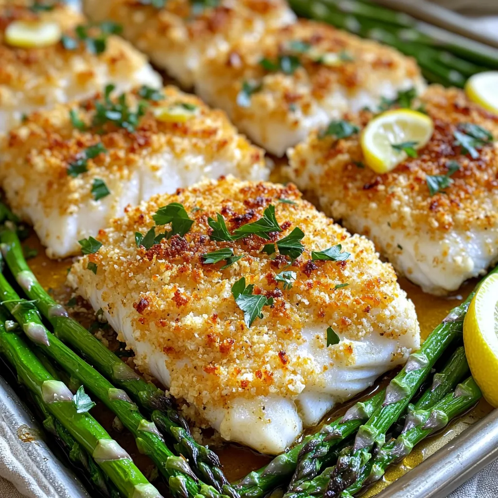 - 4 Stück Kabeljaufilets (ca. 170 g pro Stück) - 1 Tasse Panko-Brösel - ½ Tasse geriebener Parmesan - 1 Teelöffel Knoblauchpulver - 1 Teelöffel Zwiebelpulver - ½ Teelöffel Paprikapulver - 450 g Spargel, geputzt - 1 Zitrone, in Spalten geschnitten (zum Servieren) - 2 Esslöffel frische Petersilie, gehackt Die Auswahl der Zutaten ist wichtig für den Geschmack. Frischer Kabeljau bringt zarten Fischgeschmack. Panko-Brösel geben eine knusprige Kruste, während Parmesan für den herzhaften Kick sorgt. Gewürze wie Knoblauchpulver und Paprikapulver fügen Tiefe hinzu. Verwende frischen Spargel für die Beilage. Zitronenfrische rundet das Gericht ab. Petersilie gibt Farbe und Aroma. Achte darauf, hochwertige Zutaten zu wählen. Sie machen den Unterschied im Geschmack. So wird dein Gericht köstlich und ein Genuss. - Heize den Backofen auf 220 °C (425 °F) vor. - Lege ein großes Backblech mit Backpapier aus. Dies macht die Reinigung einfacher. - Mische in einer Schüssel die Panko-Brösel, den geriebenen Parmesan und die Gewürze. - Füge die gehackte Petersilie, das Knoblauchpulver, das Zwiebelpulver, das Paprikapulver und den schwarzen Pfeffer hinzu. - Reibe die Zitronenschale in die Mischung und füge eine Prise Salz hinzu. Mische alles gut. - Lege die Kabeljaufilets auf eine Seite des Backblechs. - Beträufle die Filets mit einem Esslöffel Olivenöl. Das sorgt für einen tollen Geschmack. - Drücke die Krustenmischung auf die Oberseite der Kabeljaufilets. - Auf der anderen Seite des Blechs ordne die geputzten Spargelstangen an. - Beträufle den Spargel mit dem restlichen Olivenöl und würze ihn nach Geschmack mit Salz und Pfeffer. Um die beste Kruste zu erzielen, benutze die richtige Menge der Bröselmischung. Eine dicke Schicht sorgt für extra Knusprigkeit. Drücke die Brösel gut auf den Kabeljau, damit sie haften bleiben. So bekommst du eine tolle Kruste. Um eine goldbraune Kruste zu erreichen, achte auf die Backzeit. Backe den Kabeljau bei 220 °C. Halte ein Auge auf die Farbe. Wenn die Kruste goldbraun ist, ist dein Fisch fertig. Für einfache und leckere Beilagen empfehle ich Spargel. Er passt perfekt zu Kabeljau. Du kannst auch grünen Salat oder Kartoffelpüree dazu servieren. Diese Beilagen sind schnell zubereitet und ergänzen den Geschmack. Für passende Saucen probiere eine Zitronen-Knoblauch-Sauce oder eine Joghurt-Sauce. Diese Saucen bringen frische Noten in dein Gericht und sorgen für mehr Geschmack. Für einen schöneren Look serviere den Kabeljau und den Spargel auf einer großen Platte. Dekoriere die Platte mit Zitronenspalten und frischer Petersilie. Das sieht einladend aus und macht das Essen noch leckerer. Füge einen Zitrusakzent hinzu, indem du frischen Zitronensaft über den Fisch träufelst. Das hebt den Geschmack hervor und sorgt für eine frische Note. {{image_4}} Eine gute Möglichkeit, das Gericht zu variieren, ist, neue Aromen hinzuzufügen. - Mediterrane Variante mit Oliven und Kapern: Fügen Sie einige gehackte Oliven und Kapern zur Krustenmischung hinzu. Diese Zutaten bringen einen salzigen, pikanten Geschmack. Sie passen gut zum Kabeljau und sorgen für ein neues Geschmackserlebnis. Nutzen Sie schwarze oder grüne Oliven für mehr Vielfalt. - Asiatische Note mit Sojasauce und Sesam: Verwenden Sie anstelle von Olivenöl Sojasauce. Fügen Sie gerösteten Sesam zur Kruste hinzu, um einen nussigen Geschmack zu erhalten. Diese Abwandlung gibt dem Fisch eine spannende, asiatische Note. Sie müssen nicht nur Kabeljau verwenden. - Verwendung von anderen Fischarten: Probieren Sie Heilbutt oder Tilapia. Beide Fische haben einen milden Geschmack und eine feste Textur. Sie nehmen die Aromen der Kruste gut auf. Achten Sie darauf, die Garzeit leicht anzupassen. Diese Fische können etwas länger oder kürzer brauchen. Es gibt auch eine tolle Option für Gemüse. - Vorschläge für eine Gemüsealternative: Verwenden Sie dicke Scheiben von Zucchini oder Aubergine. Diese Gemüse können die Kruste gut tragen. Sie bieten eine ähnliche Textur und sind leicht zuzubereiten. Backen Sie sie auf dem Blech, genau wie den Fisch. - Bewahren Sie Reste im Kühlschrank auf. Legen Sie die Filets und Spargel in einen Behälter. - Verwenden Sie einen luftdichten Behälter. So bleibt der Fisch frisch und lecker. - Für die richtige Erwärmung empfehle ich den Ofen. So bleibt die Kruste knusprig. - Mikrowellenwärmung macht den Fisch schnell warm. Aber die Kruste wird weich. - Das Gericht bleibt frisch für zwei bis drei Tage im Kühlschrank. - Gefrorener Kabeljau kann bis zu drei Monate halten. Packen Sie ihn gut ein, um Frostschäden zu vermeiden. Kabeljau benötigt 15-20 Minuten im Ofen. Achte darauf, dass der Fisch leicht auseinanderfällt. Eine goldbraune Kruste zeigt, dass er fertig ist. Die genaue Zeit kann variieren, je nach Dicke des Filets. Überprüfe den Kabeljau gegen Ende der Garzeit regelmäßig. Ja, gefrorener Kabeljau ist eine gute Option. Du musst ihn vor der Zubereitung nicht auftauen. Lege ihn direkt auf das Backblech. Achte darauf, dass die Garzeit etwas länger sein kann. Überprüfe den Fisch, um sicherzustellen, dass er durchgegart ist. Beliebte Beilagen sind Spargel, Reis oder Kartoffeln. Ein frischer Salat ergänzt das Gericht gut. Du kannst auch Gemüse wie Brokkoli oder grüne Bohnen servieren. Diese Beilagen sind einfach zuzubereiten und harmonieren gut mit dem Kabeljau. Der Artikel hat die Hauptzutaten und die Zubereitung von gebackenem Kabeljau betrachtet. Wir haben die richtigen Gewürze und die besten Beilagen besprochen. Tipps für eine perfekte Kruste und Lagerung erleichtern die Zubereitung. Variationen ermöglichen kreatives Kochen und vegetarische Optionen. In kurzen Worten, es gibt viele Wege, einen leckeren Kabeljau zuzubereiten. Probieren Sie es selbst aus und variieren Sie. Gute Küche macht Spaß und bringt Freude.